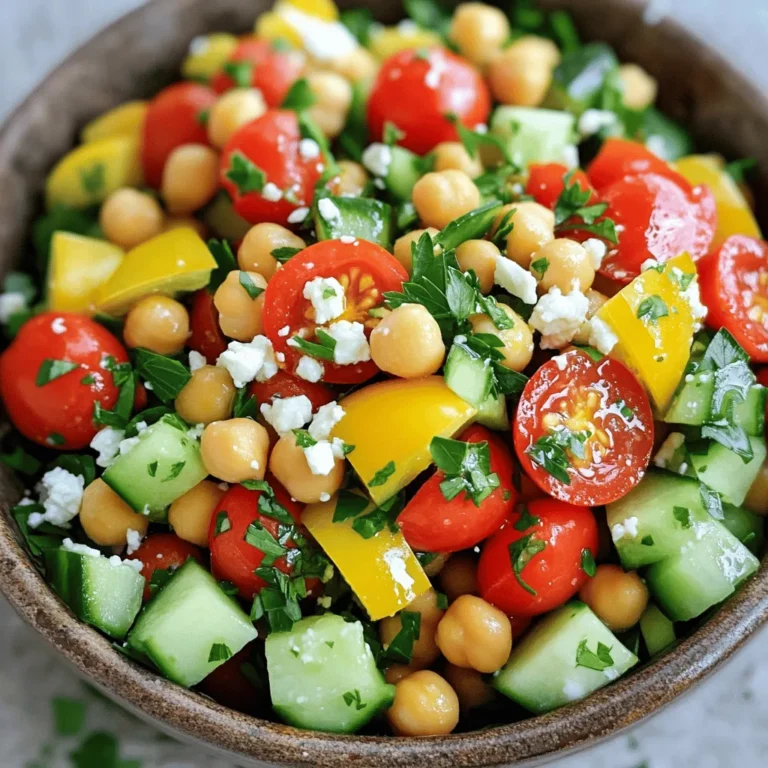 - 1 Dose (450 g) Kichererbsen, abgewaschen und abgetropft - 1 Tasse Kirschtomaten, halbiert - 1 Salatgurke, gewürfelt - 1 Paprika (beliebige Farbe), grob gehackt - 1/4 rote Zwiebel, fein gewürfelt - 2 Esslöffel Zitronensaft - 1 Esslöffel Olivenöl - Salz und Pfeffer nach Geschmack Die Hauptzutat in unserem Rezept sind die Kichererbsen. Sie sind nahrhaft und voller Proteine. Kichererbsen geben dem Salat eine tolle Textur. Sie machen den Salat sättigend und gesund. Das frische Gemüse bringt Farbe und Geschmack. Tomaten und Gurken sorgen für Saftigkeit. Paprika fügt eine süße Note hinzu. Die rote Zwiebel gibt einen tollen Biss. - 1/4 Tasse Fetakäse, zerbröselt (optional) - 2 Esslöffel frische Petersilie, gehackt Für mehr Geschmack kannst du Feta-Käse hinzufügen. Er gibt dem Salat eine salzige, cremige Note. Petersilie bringt Frische und Farbe. Du kannst auch andere Kräuter verwenden, wie Basilikum oder Minze. Diese Zutaten machen deinen Salat noch spannender. Du kannst die Mischung nach deinem Geschmack anpassen. Für das vollständige Rezept, schau dir unsere Anleitung an: [Full Recipe]. Zuerst wasche ich die Kichererbsen gut ab. Ich nehme eine Dose Kichererbsen und lasse sie abtropfen. So entfernen wir die Flüssigkeit und die Kichererbsen bleiben knackig. Dann schneide ich das Gemüse. Ich halbiere die Kirschtomaten und würfle die Gurke. Die Paprika hacke ich grob. Schließlich würfle ich die rote Zwiebel fein. Das Gemüse gibt dem Salat Frische und Farbe. Jetzt kommt der spaßige Teil: das Mischen! Ich nehme eine große Rührschüssel. Darin gebe ich die Kichererbsen und das geschnittene Gemüse. Wenn ich möchte, streue ich den Fetakäse darüber. Dann füge ich die gehackte Petersilie, den Zitronensaft und das Olivenöl hinzu. Jetzt kommt der wichtigste Schritt: Ich würze den Salat mit Salz und Pfeffer. Um alles gut zu vermengen, benutze ich einen großen Löffel. Ich rühre vorsichtig, damit die Kichererbsen ganz bleiben. Der Salat braucht etwas Zeit, um die Aromen zu verbinden. Ich lasse ihn mindestens 10 Minuten ruhen. In dieser Zeit kann ich den Tisch decken. Zum Servieren richte ich den Salat auf einem großen Teller an. Ich dekoriere ihn mit Zitronenscheiben und einigen ganzen Kichererbsen. Das sieht toll aus! Wenn du mehr über die Zubereitung erfahren möchtest, schau dir das Full Recipe an. Ein häufiger Fehler ist das Überwürzen des Salats. Es ist leicht, zu viel Salz oder Pfeffer hinzuzufügen. Beginne lieber mit einer kleinen Menge und schmecke nach. Ein weiterer Fehler sind falsche Zutatenkombinationen. Achte darauf, dass die Aromen zusammenpassen. Kichererbsen harmonieren gut mit frischem Gemüse, aber nicht alle Gemüse passen zueinander. Frische Kräuter bringen einen tollen Geschmack in den Salat. Ich empfehle, Petersilie oder Basilikum zu verwenden. Diese Kräuter sind einfach zu finden und machen einen großen Unterschied. Du kannst auch mit extra Garnierungen arbeiten. Ein Spritzer Zitronensaft oder ein paar Nüsse können den Salat aufpeppen. Um Zeit zu sparen, bereite die Zutaten im Voraus vor. Du kannst das Gemüse einen Tag früher schneiden und im Kühlschrank lagern. So ist der Salat schneller gemacht. Eine weitere Möglichkeit ist die Verwendung von Konserven. Kichererbsen aus der Dose sind schon gekocht. Das spart viel Zeit in der Küche. Du kannst die Zutaten für das Rezept schnell zusammenwerfen und hast in kürzester Zeit einen leckeren Kichererbsensalat. Wenn du mehr über die Zubereitung erfahren möchtest, schau dir das Full Recipe an. {{image_4}} Wenn du eine vegane Version des Kichererbsensalats machen möchtest, kannst du den Feta-Käse einfach weglassen oder ersetzen. Eine gute Alternative ist Avocado. Sie macht den Salat cremig und lecker. Du kannst auch Tofu verwenden. Tofu bringt Proteine und eine schöne Textur. Für mehr Gemüse kannst du viele Optionen ausprobieren. Zucchini, Karotten oder sogar Spinat passen gut dazu. Sie bringen Farbe und Nährstoffe. Du kannst auch geröstete Paprika oder Artischocken für mehr Geschmack wählen. Um deinem Salat mehr Fülle zu geben, füge weitere Hülsenfrüchte hinzu. Schwarze Bohnen oder grüne Erbsen sind tolle Ergänzungen. Sie bringen Abwechslung und zusätzliche Ballaststoffe. Nüsse und Samen sind ebenfalls eine gute Idee. Mandeln, Walnüsse oder Sonnenblumenkerne geben einen tollen Crunch. Sie sind auch reich an gesunden Fetten und Eiweiß. Wenn du Abwechslung beim Dressing suchst, versuche verschiedene Öle. Avocadoöl oder Sesamöl bringen neue Geschmäcker. Du kannst auch Essig ausprobieren, wie Balsamico oder Apfelessig. Gewürzmischungen sind eine einfache Möglichkeit, den Salat aufzupeppen. Versuche italienische Kräuter oder eine Mischung aus Kreuzkümmel und Paprika. Diese Aromen machen deinen Salat besonders lecker. Für die vollständige Anleitung und das Rezept schau dir den Kichererbsensalat Delight an. Der Kichererbsensalat ist einfach zu lagern. Du solltest ihn im Kühlschrank aufbewahren. Nutze einen luftdichten Behälter, um die Frische zu halten. So bleibt der Salat knackig und lecker. Wie lange ist der Salat frisch? In der Regel bleibt er bis zu drei Tage frisch. Um Verderb zu vermeiden, achte darauf, den Salat nicht mit zu vielen feuchten Zutaten zu mischen. Das kann die Haltbarkeit verkürzen. Du kannst die Zutaten für andere Gerichte nutzen. Verwende die Kichererbsen in Suppen oder Eintöpfen. Salatreste aufwerten ist auch einfach. Mische sie mit Quinoa oder füge sie in Wraps hinzu für ein neues Gericht. Um deinen Kichererbsensalat frisch zu halten, achte auf die Auswahl der Zutaten. Frisches Gemüse macht den Salat lebendig. Wähle knackige Gurken und reife Tomaten. Schneide sie kurz vor dem Servieren, um die Frische zu bewahren. Verwende auch frische Kräuter wie Petersilie oder Minze. Diese sorgen für mehr Geschmack und Frische. Denke daran, den Salat nicht zu lange stehen zu lassen. Die Aromen vermischen sich, aber das Gemüse kann weich werden. Ja, du kannst den Salat gut für unterwegs vorbereiten. Teile ihn in Portionen, um ihn leicht mitzunehmen. Nutze luftdichte Behälter, um die Frische zu bewahren. Du kannst auch die Dressing-Zutaten separat aufbewahren. So bleibt der Salat knackig. Mische alles kurz vor dem Essen, damit er frisch schmeckt. Das ist perfekt für Picknicks oder Mittagessen. Wenn du keine Kichererbsen magst, gibt es viele Alternativen. Du kannst schwarze Bohnen, Linsen oder weiße Bohnen verwenden. Diese Hülsenfrüchte bieten ähnliche Nährstoffe und Texturen. Sie machen den Salat ebenfalls nahrhaft und lecker. Experimentiere mit verschiedenen Sorten, um neue Geschmäcker zu entdecken. Kichererbsensalat passt gut zu vielen Beilagen. Reis oder Quinoa sind tolle Optionen. Sie machen die Mahlzeit sättigender. Auch ein Stück Brot oder Fladenbrot ergänzt den Salat gut. Wenn du es etwas herzhaft magst, serviere ihn mit gegrilltem Gemüse oder Hähnchen. Diese Kombinationen bieten Vielfalt und Geschmack. Lass deiner Kreativität freien Lauf! Der Kichererbsensalat ist einfach zuzubereiten und voller Geschmack. Wir haben die Hauptzutaten, Zubereitungsschritte und nützliche Tipps besprochen. Vermeide häufige Fehler wie Überwürzen, und nimm frische Kräuter für mehr Aroma. Für Variationen kannst du vegane Optionen oder andere Hülsenfrüchte nutzen. Denke an die richtige Lagerung, damit der Salat frisch bleibt. Mit diesen Tipps zauberst du einen leckeren Salat, der immer gut ankommt. Nutze die Ideen, um deine eigenen Kreationen zu machen.