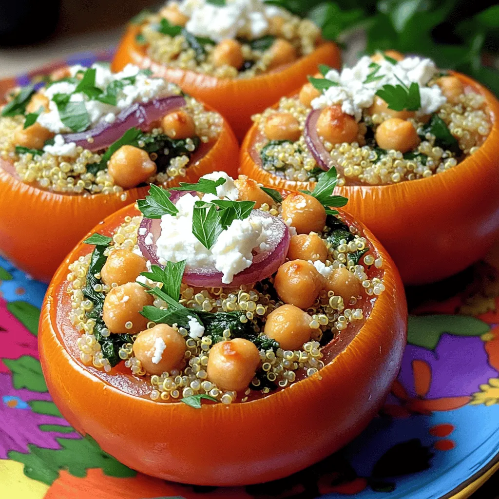 - 6 große reife Tomaten - 1 Tasse Quinoa - 2 Tassen Gemüsebrühe Die Hauptzutaten sind einfach zu finden und sehr nahrhaft. Tomaten sind frisch und saftig. Quinoa ist eine großartige Proteinquelle. Gemüsebrühe bringt Geschmack und Tiefe in das Gericht. - 1 kleine rote Zwiebel, fein gehackt - 2 Knoblauchzehen, gehackt - 1 Teelöffel getrockneter Oregano Aromatische Zutaten geben den gefüllten Tomaten ihren besonderen Geschmack. Zwiebeln und Knoblauch sorgen für ein reiches Aroma. Oregano bringt die Aromen Griechenlands in Ihr Zuhause. - 1 Tasse Kichererbsen, gekocht - 1 Tasse Babyspinat, grob gehackt - Paprika, Salz, schwarzer Pfeffer, Feta-Käse, Olivenöl - Frische Petersilie zum Garnieren Zusatzstoffe und Gewürze machen die gefüllten Tomaten besonders lecker. Kichererbsen fügen Textur hinzu und Spinat bringt Farbe. Paprika, Salz und Pfeffer runden den Geschmack ab. Feta-Käse ist das i-Tüpfelchen in diesem Gericht. Olivenöl sorgt für einen schönen Glanz und Petersilie ist das perfekte Finish. Für das vollständige Rezept schauen Sie sich bitte den Abschnitt mit dem Titel Full Recipe an. Schneiden Sie die Oberseite der Tomaten ab. Höhlen Sie die Tomaten mit einem Löffel aus. Achten Sie darauf, das Fruchtfleisch in einer Schüssel zu sammeln. Wir verwenden es später in der Füllung. Geben Sie Quinoa und Gemüsebrühe in einen Topf. Bringen Sie die Mischung zum Kochen. Reduzieren Sie die Hitze und decken Sie den Topf ab. Lassen Sie die Quinoa etwa 15 Minuten köcheln. Sie ist fertig, wenn sie aufgeflufft ist und die Flüssigkeit aufgenommen hat. Erhitzen Sie Olivenöl in einer Pfanne. Fügen Sie die gehackte Zwiebel hinzu und braten Sie sie 3-4 Minuten an. Geben Sie den gehackten Knoblauch dazu und braten Sie ihn eine weitere Minute. Rühren Sie das gesammelte Tomatenfruchtfleisch, die Kichererbsen und den Spinat ein. Fügen Sie Oregano, Paprika, Salz und Pfeffer hinzu. Kochen Sie die Mischung 3-5 Minuten, bis der Spinat zusammengefallen ist. In einer großen Schüssel kombinieren Sie die Quinoa mit der Füllung. Mischen Sie den zerbröselten Feta-Käse unter. Füllen Sie jede Tomate vorsichtig mit der Mischung. Achten Sie darauf, dass sie gut gefüllt sind. Platzieren Sie die gefüllten Tomaten in einer Auflaufform. Decken Sie die Form mit Aluminiumfolie ab und backen Sie sie 25 Minuten. Entfernen Sie die Folie und backen Sie sie weitere 10 Minuten, bis die Oberseiten leicht goldbraun sind. Lassen Sie die Tomaten vor dem Servieren eine Minute abkühlen. Um Quinoa perfekt zu kochen, ist das richtige Verhältnis wichtig. Verwende eine Tasse Quinoa und zwei Tassen Gemüsebrühe. Bring die Brühe zum Kochen. Danach reduziere die Hitze und decke den Topf ab. Lass die Quinoa 15 Minuten köcheln. Die Quinoa sollte am Ende fluffig sein und die Flüssigkeit aufgesogen haben. Das macht die Konsistenz ideal für die Füllung deiner Tomaten. Du kannst die Füllung nach deinem Geschmack anpassen. Füge zum Beispiel Pinienkerne oder Oliven hinzu, um mehr Geschmack zu erhalten. Auch frische Kräuter wie Basilikum oder Thymian machen die Mischung aufregender. Experimentiere mit Gewürzen wie Kreuzkümmel oder Chili, um ein wenig Schärfe hinzuzufügen. Das gibt deinen gefüllten Tomaten einen ganz neuen Flair. Serviere die gefüllten Tomaten auf einem bunten Teller. Das sieht nicht nur gut aus, sondern macht das Essen auch spannender. Eine Seite von Tzatziki passt perfekt dazu. Du kannst auch einen griechischen Salat anbieten. Beides ergänzt die Aromen der Tomaten sehr gut. Für ein schönes Finish kannst du frische Petersilie darüber streuen. Das macht das Gericht noch appetitlicher. Wenn du mehr über die Zubereitung erfahren möchtest, schau dir das [Full Recipe] an. {{image_4}} Um die Füllung gesünder zu machen, probiere verschiedene Gemüse. Du kannst Zucchini, Paprika oder Karotten hinzufügen. Diese bringen mehr Farbe und Nährstoffe. Auch verschiedene Kräuter wie Basilikum oder Minze geben einen frischen Geschmack. Ersetze den Feta durch einen veganen Käse, wenn du eine pflanzliche Option suchst. Quinoa ist schon glutenfrei, aber es gibt auch andere Alternativen. Du kannst braunen Reis oder Buchweizen verwenden. Beide sind nahrhaft und passen gut zu den Tomaten. Achte darauf, die Kochzeiten anzupassen, damit alles gleichmäßig gar wird. In Griechenland gibt es viele Varianten von gefüllten Tomaten. In Kreta fügen die Leute oft Rosinen und Pinienkerne hinzu. Das gibt eine süße und nussige Note. In anderen Regionen nutzen sie Hackfleisch in der Füllung für mehr Herzhaftigkeit. Probiere verschiedene Füllungen aus, um deine eigene Lieblingsversion zu finden. Wie lange halten sie im Kühlschrank? Gefüllte Tomaten sind ein köstliches Gericht. Sie halten sich gut im Kühlschrank. Wenn Sie sie in einem luftdichten Behälter aufbewahren, bleiben sie frisch. In der Regel bleiben sie 3 bis 5 Tage genießbar. Achten Sie darauf, sie nicht zu lange stehen zu lassen. Überprüfen Sie immer auf Anzeichen von Verderb. Tipps zum Einfrieren und späteren Aufwärmen Wenn Sie gefüllte Tomaten aufbewahren möchten, können Sie sie einfrieren. Lassen Sie sie zuerst abkühlen. Wickeln Sie sie dann in Frischhaltefolie oder legen Sie sie in einen Gefrierbeutel. Sie können sie bis zu 3 Monate im Gefrierfach lagern. Zum Aufwärmen, nehmen Sie die Tomaten aus dem Gefrierfach und lassen Sie sie im Kühlschrank auftauen. Backen Sie sie dann bei 180 °C für 20 Minuten, bis sie warm sind. Wie man gefüllte Tomaten wieder frisch und lecker macht Um gefüllte Tomaten wieder frisch zu machen, verwenden Sie den Ofen. So bleiben sie saftig. Stellen Sie sicher, dass der Ofen vorgeheizt ist. Backen Sie die Tomaten, bis sie durch und heiß sind. Sie können auch etwas Olivenöl oder Brühe hinzufügen, um sie saftiger zu machen. So schmecken sie fast wie frisch zubereitet! Die Zubereitung dauert etwa 15 Minuten. Die Kochzeit beträgt 35 Minuten. Insgesamt sind es also 50 Minuten. So einfach ist es, leckere gefüllte Tomaten zuzubereiten. Ja, du kannst viele Gemüsesorten hinzufügen. Zucchini, Paprika oder Auberginen passen gut. Du kannst auch Karotten oder Pilze verwenden. Diese Gemüsesorten bringen mehr Geschmack und Nährstoffe in das Gericht. Das Grundrezept ist nicht vegan, da Feta-Käse enthalten ist. Du kannst jedoch den Käse weglassen oder durch eine vegane Alternative ersetzen. So wird das Gericht ganz pflanzlich und trotzdem lecker. Griechisch gefüllte Tomaten sind einfach und voller Geschmack. Wir haben die Hauptzutaten, inklusive Quinoa und Kichererbsen, besprochen. Die Schritt-für-Schritt-Anleitung macht das Kochen leicht. Tipps zur perfekten Zubereitung und Varianten helfen dir, kreativ zu sein. Denke daran, die Reste richtig zu lagern oder einzufrieren. Dieses Gericht bietet viele Möglichkeiten, sowohl für Vegetarier als auch für Glutenfreie. Du kannst die Füllung nach deinem Geschmack anpassen. Probiere es aus und genieße die Vielfalt der Aromen!