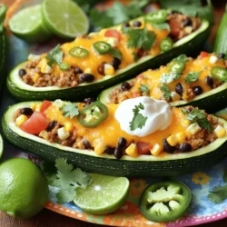 - 4 mittelgroße Zucchini - 450 g gemahlenes Truthahnfleisch oder Rindfleisch - Taco-Gewürzmischung und schwarze Bohnen - Gewürfelte Tomaten und Cheddar-Käse - Sauerrahm, Avocado und Limettenviertel Bei der Zubereitung der Loaded Taco Zucchini Boats sind die Zutaten der Schlüssel. Die Zucchini dienen als perfekte Hülle. Sie sind knackig und nehmen die Aromen gut auf. Du kannst 4 mittelgroße Zucchini nehmen und sie in der Mitte durchschneiden. Dann höhlst du sie aus, um Platz für die Füllung zu schaffen. Das Fleisch ist ebenso wichtig. Du kannst 450 g gemahlenes Truthahnfleisch oder Rindfleisch verwenden. Beide Optionen bringen viel Geschmack. Die Taco-Gewürzmischung gibt den Zucchini einen tollen Kick. Schwarze Bohnen fügen eine cremige Textur hinzu und machen das Gericht nahrhaft. Um die Füllung noch besser zu machen, füge gewürfelte Tomaten und geriebenen Cheddar-Käse hinzu. Diese Zutaten sorgen für einen tollen Geschmack und eine schöne Farbe. Du kannst die Zucchini-Boote nach dem Backen mit Sauerrahm, Avocado und Limettenviertel garnieren. Diese Toppings runden das Gericht perfekt ab. Für das vollständige Rezept und die Zubereitung, schau dir die [Full Recipe] an. Heize deinen Ofen auf 190°C vor. Während das Gerät arbeitet, schnapp dir die Zucchini. Schneide jede Zucchini längs in der Mitte durch. Nimm dann einen Löffel und höhle das Innere aus. Das Fruchtfleisch kannst du für später aufbewahren. Diese Boote sind deine Grundlage für die Füllung. Erhitze eine große Pfanne auf mittlerer Hitze. Gib das gemahlene Truthahnfleisch oder Rindfleisch in die Pfanne. Brate es an, bis es braun ist und gut durchgegart. Lass überschüssiges Fett abtropfen. Jetzt füge die Taco-Gewürzmischung, die schwarzen Bohnen, den Mais und die gewürfelten Tomaten hinzu. Rühre die Mischung gut um. Lass alles etwa 5 bis 7 Minuten köcheln. So verbinden sich die Aromen und die Füllung wird lecker. Nimm die fertige Füllung und löffle sie in die vorbereiteten Zucchini-Boote. Drücke die Füllung leicht an, damit sie schön fest sitzt. Lege die gefüllten Zucchini auf ein Backblech. Streue den geriebenen Cheddar-Käse gleichmäßig darüber. Jetzt kommen die Zucchini in den vorgeheizten Ofen. Backe sie 20 bis 25 Minuten, bis die Zucchini zart sind und der Käse sprudelt. Lass die Zucchini-Boote nach dem Backen kurz abkühlen. Dann sind sie bereit zum Servieren. Um die besten Zucchini zu finden, achte auf die Größe. Mittelgroße Zucchini sind ideal für dieses Rezept. Sie sind leicht zu füllen und bleiben knackig. Wähle Zucchini, die fest und glänzend sind. Vermeide solche mit weichen Stellen oder dunklen Flecken. Frische Zucchini haben einen milden, süßen Geschmack, der gut mit den anderen Zutaten harmoniert. Du kannst das Rezept leicht anpassen. Probiere statt gemahlenem Truthahn Rindfleisch oder Hähnchen. Für eine vegetarische Option sind Tofu oder Linsen perfekt. Diese Optionen bringen neuen Geschmack und Textur. Achte darauf, die Gewürze gut anzupassen, damit die Füllung immer lecker bleibt. Das gibt dir viele Möglichkeiten, deine Lieblingszutaten zu nutzen. Die Präsentation macht viel aus. Arrangiere die gefüllten Zucchini-Boote auf einer bunten Platte. Das sieht toll aus und macht das Essen noch spaßiger. Ein zusätzlicher Koriander-Haufen und Limettenviertel daneben bringen Farbe und Frische. Du kannst auch einige Jalapeños für die, die es schärfer mögen, gleich daneben legen. So wird dein Gericht zu einem echten Hingucker! {{image_4}} Wenn Sie eine vegetarische Variante der Loaded Taco Zucchini Boats möchten, probieren Sie Tofu oder Linsen. Tofu hat eine tolle Textur und nimmt den Geschmack der Gewürze gut auf. Starten Sie mit gewürfeltem Tofu, den Sie in der Pfanne braten. Sie können auch gekochte Linsen hinzufügen, um die Füllung proteinreich zu machen. Diese Optionen sind lecker und sättigend. Für alle, die es schärfer mögen, sind Jalapeños eine gute Wahl. Fügen Sie sie direkt zur Füllung hinzu, um einen zusätzlichen Kick zu bekommen. Sie können auch scharfe Soße verwenden, um die Zucchini-Boote zu würzen. Achten Sie darauf, die Menge nach Ihrem Geschmack anzupassen. Ein bisschen Schärfe kann das Gericht lebendiger machen! Wagen Sie den Sprung in andere Küchen! Sie können Gewürze wie Kreuzkümmel oder Paprika verwenden, um den Geschmack zu verändern. Diese Gewürze bringen neue Aromen in Ihr Gericht. Auch asiatische Gewürze wie Sojasauce oder Ingwer können eine spannende Note hinzufügen. Experimentieren Sie mit verschiedenen Gewürzen, um Ihre eigenen tollen Kombinationen zu finden. Um die Loaded Taco Zucchini Boats frisch zu halten, lagern Sie sie im Kühlschrank. Wickeln Sie die Zucchini-Boote in Frischhaltefolie oder legen Sie sie in einen luftdichten Behälter. So bleiben sie bis zu drei Tage frisch. Wenn Sie die Zucchini-Boote länger aufbewahren möchten, können Sie sie auch im Gefrierfach lagern. Packen Sie sie in gefriergeeignete Behälter oder Beutel. So bleiben sie bis zu drei Monate haltbar. Um die Zucchini-Boote wieder aufzuwärmen, nutzen Sie den Ofen. Heizen Sie ihn auf 180°C vor. Legen Sie die Zucchini-Boote in eine Auflaufform und decken Sie sie mit Aluminiumfolie ab. So bleiben sie saftig. Backen Sie sie für etwa 15-20 Minuten. Alternativ können Sie die Zucchini-Boote auch in der Mikrowelle aufwärmen. Legen Sie sie auf einen mikrowellengeeigneten Teller und erhitzen Sie sie in kurzen Intervallen von 1-2 Minuten, bis sie heiß sind. Die gefüllten Zucchini-Boote sind im Kühlschrank bis zu drei Tage haltbar. Achten Sie darauf, sie gut zu verpacken. Im Gefrierfach bleiben die Zucchini-Boote bis zu drei Monate genießbar. Nach dem Auftauen sollten sie innerhalb von 24 Stunden verzehrt werden. Wenn Sie das Gefühl haben, dass sie nicht mehr gut sind, werfen Sie sie besser weg. Sicherheit geht vor. Die Zubereitung dauert insgesamt etwa 45 Minuten. Die Vorbereitungszeit ist schnell und benötigt nur 15 Minuten. In dieser Zeit schneiden Sie die Zucchini und bereiten die Füllung vor. Das Kochen der Fleischmischung und das Backen der Zucchini nehmen die restlichen 30 Minuten in Anspruch. So haben Sie eine leckere und gesunde Mahlzeit in kürzester Zeit. Ja, Sie können die Zucchini-Boote im Voraus zubereiten. Bereiten Sie die Zucchini und die Füllung am Tag zuvor vor. Füllen Sie die Zucchini und decken Sie sie ab. Lagern Sie sie im Kühlschrank. Am nächsten Tag backen Sie sie einfach auf. Dies spart Zeit, besonders an hektischen Abenden. Zu den Loaded Taco Zucchini Boats passen viele Beilagen gut. Ein einfacher grüner Salat ergänzt die Aromen. Auch Reis oder Quinoa sind tolle Optionen. Wenn Sie es schärfer mögen, servieren Sie Tortilla-Chips mit Salsa. Diese Beilagen machen Ihr Essen noch bunter und leckerer. Die gefüllten Zucchini-Boote sind einfach zuzubereiten und voller Geschmack. Wir haben die wichtigsten Zutaten, Schritte und Tipps behandelt. Zucchini, Fleisch und Gewürze machen jedes Gericht lecker. Mit diesen einfachen Anleitungen und Ideen kannst du kreativ werden. Vergiss nicht, deine gewählten Toppings hinzuzufügen, um das Gericht abzurunden. Diese gefüllten Zucchini sind nicht nur gesund, sondern auch vielseitig. Probiere verschiedene Variationen aus und finde deine Lieblingsversion!