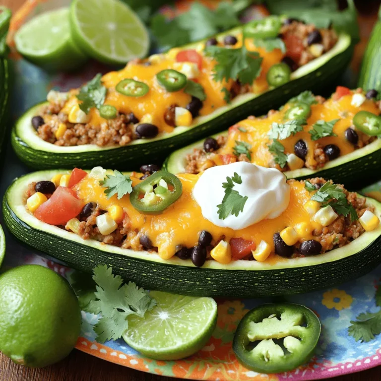 - 4 mittelgroße Zucchini - 450 g gemahlenes Truthahnfleisch oder Rindfleisch - Taco-Gewürzmischung und schwarze Bohnen - Gewürfelte Tomaten und Cheddar-Käse - Sauerrahm, Avocado und Limettenviertel Bei der Zubereitung der Loaded Taco Zucchini Boats sind die Zutaten der Schlüssel. Die Zucchini dienen als perfekte Hülle. Sie sind knackig und nehmen die Aromen gut auf. Du kannst 4 mittelgroße Zucchini nehmen und sie in der Mitte durchschneiden. Dann höhlst du sie aus, um Platz für die Füllung zu schaffen. Das Fleisch ist ebenso wichtig. Du kannst 450 g gemahlenes Truthahnfleisch oder Rindfleisch verwenden. Beide Optionen bringen viel Geschmack. Die Taco-Gewürzmischung gibt den Zucchini einen tollen Kick. Schwarze Bohnen fügen eine cremige Textur hinzu und machen das Gericht nahrhaft. Um die Füllung noch besser zu machen, füge gewürfelte Tomaten und geriebenen Cheddar-Käse hinzu. Diese Zutaten sorgen für einen tollen Geschmack und eine schöne Farbe. Du kannst die Zucchini-Boote nach dem Backen mit Sauerrahm, Avocado und Limettenviertel garnieren. Diese Toppings runden das Gericht perfekt ab. Für das vollständige Rezept und die Zubereitung, schau dir die [Full Recipe] an. Heize deinen Ofen auf 190°C vor. Während das Gerät arbeitet, schnapp dir die Zucchini. Schneide jede Zucchini längs in der Mitte durch. Nimm dann einen Löffel und höhle das Innere aus. Das Fruchtfleisch kannst du für später aufbewahren. Diese Boote sind deine Grundlage für die Füllung. Erhitze eine große Pfanne auf mittlerer Hitze. Gib das gemahlene Truthahnfleisch oder Rindfleisch in die Pfanne. Brate es an, bis es braun ist und gut durchgegart. Lass überschüssiges Fett abtropfen. Jetzt füge die Taco-Gewürzmischung, die schwarzen Bohnen, den Mais und die gewürfelten Tomaten hinzu. Rühre die Mischung gut um. Lass alles etwa 5 bis 7 Minuten köcheln. So verbinden sich die Aromen und die Füllung wird lecker. Nimm die fertige Füllung und löffle sie in die vorbereiteten Zucchini-Boote. Drücke die Füllung leicht an, damit sie schön fest sitzt. Lege die gefüllten Zucchini auf ein Backblech. Streue den geriebenen Cheddar-Käse gleichmäßig darüber. Jetzt kommen die Zucchini in den vorgeheizten Ofen. Backe sie 20 bis 25 Minuten, bis die Zucchini zart sind und der Käse sprudelt. Lass die Zucchini-Boote nach dem Backen kurz abkühlen. Dann sind sie bereit zum Servieren. Um die besten Zucchini zu finden, achte auf die Größe. Mittelgroße Zucchini sind ideal für dieses Rezept. Sie sind leicht zu füllen und bleiben knackig. Wähle Zucchini, die fest und glänzend sind. Vermeide solche mit weichen Stellen oder dunklen Flecken. Frische Zucchini haben einen milden, süßen Geschmack, der gut mit den anderen Zutaten harmoniert. Du kannst das Rezept leicht anpassen. Probiere statt gemahlenem Truthahn Rindfleisch oder Hähnchen. Für eine vegetarische Option sind Tofu oder Linsen perfekt. Diese Optionen bringen neuen Geschmack und Textur. Achte darauf, die Gewürze gut anzupassen, damit die Füllung immer lecker bleibt. Das gibt dir viele Möglichkeiten, deine Lieblingszutaten zu nutzen. Die Präsentation macht viel aus. Arrangiere die gefüllten Zucchini-Boote auf einer bunten Platte. Das sieht toll aus und macht das Essen noch spaßiger. Ein zusätzlicher Koriander-Haufen und Limettenviertel daneben bringen Farbe und Frische. Du kannst auch einige Jalapeños für die, die es schärfer mögen, gleich daneben legen. So wird dein Gericht zu einem echten Hingucker! {{image_4}} Wenn Sie eine vegetarische Variante der Loaded Taco Zucchini Boats möchten, probieren Sie Tofu oder Linsen. Tofu hat eine tolle Textur und nimmt den Geschmack der Gewürze gut auf. Starten Sie mit gewürfeltem Tofu, den Sie in der Pfanne braten. Sie können auch gekochte Linsen hinzufügen, um die Füllung proteinreich zu machen. Diese Optionen sind lecker und sättigend. Für alle, die es schärfer mögen, sind Jalapeños eine gute Wahl. Fügen Sie sie direkt zur Füllung hinzu, um einen zusätzlichen Kick zu bekommen. Sie können auch scharfe Soße verwenden, um die Zucchini-Boote zu würzen. Achten Sie darauf, die Menge nach Ihrem Geschmack anzupassen. Ein bisschen Schärfe kann das Gericht lebendiger machen! Wagen Sie den Sprung in andere Küchen! Sie können Gewürze wie Kreuzkümmel oder Paprika verwenden, um den Geschmack zu verändern. Diese Gewürze bringen neue Aromen in Ihr Gericht. Auch asiatische Gewürze wie Sojasauce oder Ingwer können eine spannende Note hinzufügen. Experimentieren Sie mit verschiedenen Gewürzen, um Ihre eigenen tollen Kombinationen zu finden. Um die Loaded Taco Zucchini Boats frisch zu halten, lagern Sie sie im Kühlschrank. Wickeln Sie die Zucchini-Boote in Frischhaltefolie oder legen Sie sie in einen luftdichten Behälter. So bleiben sie bis zu drei Tage frisch. Wenn Sie die Zucchini-Boote länger aufbewahren möchten, können Sie sie auch im Gefrierfach lagern. Packen Sie sie in gefriergeeignete Behälter oder Beutel. So bleiben sie bis zu drei Monate haltbar. Um die Zucchini-Boote wieder aufzuwärmen, nutzen Sie den Ofen. Heizen Sie ihn auf 180°C vor. Legen Sie die Zucchini-Boote in eine Auflaufform und decken Sie sie mit Aluminiumfolie ab. So bleiben sie saftig. Backen Sie sie für etwa 15-20 Minuten. Alternativ können Sie die Zucchini-Boote auch in der Mikrowelle aufwärmen. Legen Sie sie auf einen mikrowellengeeigneten Teller und erhitzen Sie sie in kurzen Intervallen von 1-2 Minuten, bis sie heiß sind. Die gefüllten Zucchini-Boote sind im Kühlschrank bis zu drei Tage haltbar. Achten Sie darauf, sie gut zu verpacken. Im Gefrierfach bleiben die Zucchini-Boote bis zu drei Monate genießbar. Nach dem Auftauen sollten sie innerhalb von 24 Stunden verzehrt werden. Wenn Sie das Gefühl haben, dass sie nicht mehr gut sind, werfen Sie sie besser weg. Sicherheit geht vor. Die Zubereitung dauert insgesamt etwa 45 Minuten. Die Vorbereitungszeit ist schnell und benötigt nur 15 Minuten. In dieser Zeit schneiden Sie die Zucchini und bereiten die Füllung vor. Das Kochen der Fleischmischung und das Backen der Zucchini nehmen die restlichen 30 Minuten in Anspruch. So haben Sie eine leckere und gesunde Mahlzeit in kürzester Zeit. Ja, Sie können die Zucchini-Boote im Voraus zubereiten. Bereiten Sie die Zucchini und die Füllung am Tag zuvor vor. Füllen Sie die Zucchini und decken Sie sie ab. Lagern Sie sie im Kühlschrank. Am nächsten Tag backen Sie sie einfach auf. Dies spart Zeit, besonders an hektischen Abenden. Zu den Loaded Taco Zucchini Boats passen viele Beilagen gut. Ein einfacher grüner Salat ergänzt die Aromen. Auch Reis oder Quinoa sind tolle Optionen. Wenn Sie es schärfer mögen, servieren Sie Tortilla-Chips mit Salsa. Diese Beilagen machen Ihr Essen noch bunter und leckerer. Die gefüllten Zucchini-Boote sind einfach zuzubereiten und voller Geschmack. Wir haben die wichtigsten Zutaten, Schritte und Tipps behandelt. Zucchini, Fleisch und Gewürze machen jedes Gericht lecker. Mit diesen einfachen Anleitungen und Ideen kannst du kreativ werden. Vergiss nicht, deine gewählten Toppings hinzuzufügen, um das Gericht abzurunden. Diese gefüllten Zucchini sind nicht nur gesund, sondern auch vielseitig. Probiere verschiedene Variationen aus und finde deine Lieblingsversion!