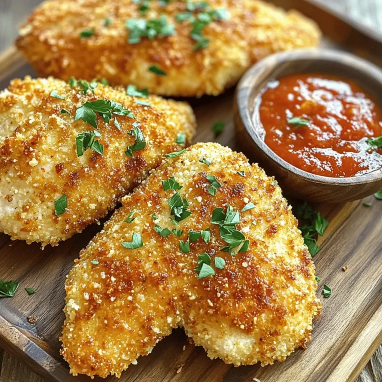Für dieses leckere Gericht benötigen Sie: - 4 Hähnchenbrustfilets, ohne Knochen und Haut - 1 Tasse geriebener Parmesan-Käse - 1 Tasse Semmelbrösel (vorzugsweise Panko für extra Knusprigkeit) - 2 Teelöffel Knoblauchpulver - 1 Teelöffel getrocknete italienische Kräuter (Oregano, Basilikum, Thymian) - 1 Teelöffel Paprika - Salz und Pfeffer nach Geschmack - 2 große Eier - 1 Esslöffel Dijon-Senf - 2 Esslöffel frische Petersilie, gehackt (zum Garnieren) - Olivenölspray (oder Kochöl zum Braten) Diese Zutaten sorgen für einen köstlichen Geschmack und eine knusprige Textur. Die Auswahl der Gewürze macht den Unterschied. Knoblauchpulver gibt einen tollen Geschmack. Die italienischen Kräuter bringen Frische und Tiefe. Paprika fügt eine leichte Schärfe hinzu. Salz und Pfeffer sind die Basis, um die Aromen zu verstärken. Haben Sie keine Hähnchenbrust? Nutzen Sie Hähnchenschenkel oder Tofu für eine vegetarische Option. Anstelle von Parmesan können Sie auch Mozzarella verwenden. Glutenfreie Semmelbrösel sind eine gute Alternative für eine glutenfreie Diät. Experimentieren Sie mit verschiedenen Kräutern wie Thymian oder Rosmarin, um neue Aromen zu entdecken. Für das komplette Rezept schauen Sie sich die Full Recipe an. Zuerst heizen Sie den Backofen auf 200°C vor. Es ist wichtig, dass der Ofen heiß ist. So wird das Hähnchen schön knusprig. Nehmen Sie ein Backblech und legen Sie es mit Pergamentpapier aus. Fetten Sie das Papier leicht mit Olivenölspray oder etwas Öl ein. Das hilft, das Hähnchen nicht festzukleben. Jetzt geht es an die Panade. In einer flachen Schüssel mischen Sie den geriebenen Parmesan, die Semmelbrösel, das Knoblauchpulver, die italienischen Kräuter, Paprika, Salz und Pfeffer. Rühren Sie alles gut um, bis die Mischung gleichmäßig aussieht. In einer anderen Schüssel schlagen Sie die Eier mit dem Dijon-Senf. Mischen Sie sie, bis sie glatt sind. Diese Mischung hilft, die Panade besser am Hähnchen zu haften. Nehmen Sie ein Hähnchenbrustfilet und tauchen Sie es in die Eimischung. Achten Sie darauf, dass das gesamte Stück gut bedeckt ist. Lassen Sie die überschüssige Mischung abtropfen. Dann legen Sie es in die Panade. Drücken Sie die Panade fest auf das Hähnchen, damit eine dicke Kruste entsteht. Wiederholen Sie diesen Vorgang mit allen Hähnchenbrustfilets. Legen Sie die panierten Filets auf das vorbereitete Backblech. Besprühen Sie die Oberseite leicht mit Olivenöl, um extra Knusprigkeit zu bekommen. Backen Sie die Hähnchenfilets für 25-30 Minuten. Die Innentemperatur sollte 74°C erreichen. Lassen Sie das Hähnchen nach dem Backen einige Minuten ruhen. Garnieren Sie es mit gehackter Petersilie. Für die vollständige Anleitung werfen Sie einen Blick auf das [Full Recipe]. Um die perfekte Knusprigkeit zu erreichen, sollten Sie Panko-Semmelbrösel verwenden. Diese Brösel sind gröber und sorgen für mehr Crunch. Achten Sie darauf, die Hähnchenfilets gut in der Panade zu wenden. Drücken Sie die Brösel fest an, damit sie haften bleiben. Ein leichter Sprühnebel aus Olivenöl vor dem Backen steigert die Knusprigkeit. Backen Sie das Hähnchen bei hoher Temperatur für die besten Ergebnisse. Ein häufiger Fehler ist, die Panade nicht fest genug anzudrücken. Wenn Sie die Brösel nicht gut andrücken, fallen sie beim Backen ab. Ein weiterer Fehler ist, das Hähnchen zu dicht auf das Backblech zu legen. Lassen Sie genug Platz zwischen den Filets, damit die heiße Luft zirkulieren kann. Achten Sie darauf, dass das Hähnchen die richtige Innentemperatur von 74°C erreicht, um sicherzustellen, dass es durchgegart ist. Servieren Sie das Crispy Parmesan Crusted Chicken auf einem großen Teller. Fügen Sie eine Schale Marinara-Sauce zum Dippen hinzu. Eine Prise frische Petersilie sorgt für Farbe und Frische. Kombinieren Sie das Gericht mit einem frischen Salat oder geröstetem Gemüse. Diese Beilagen ergänzen die Aromen und machen die Mahlzeit vollwertig. Für die vollständige Anleitung schauen Sie sich das Full Recipe an. {{image_4}} Um das Rezept spannend zu halten, können Sie verschiedene Käsesorten verwenden. Zum Beispiel, versuchen Sie Cheddar für einen scharfen Geschmack. Mozzarella sorgt für eine leckere, zähe Textur. Asiago bringt eine nussige Note ins Gericht. Mischen Sie die Käsesorten für mehr Tiefe. Der Grundgeschmack bleibt gleich, während Sie neue Aromen entdecken. Sie können auch Gemüse und andere Proteine integrieren. Zum Beispiel, statt Hähnchen können Sie leicht marinierte Zucchini oder Auberginen verwenden. Diese sind köstlich und bieten eine tolle vegane Option. Für zusätzliches Protein können Sie Garnelen oder Tofu verwenden. Beide nehmen die Aromen gut auf. Fügen Sie Gewürze hinzu, um das Gericht anzupassen. Glutenfreie Varianten sind auch einfach. Nutzen Sie glutenfreie Semmelbrösel oder gemahlene Mandeln als Panade. Diese Optionen geben dem Gericht eine schöne Textur und Geschmack. Achten Sie darauf, dass alle anderen Zutaten auch glutenfrei sind. So bleibt Ihr Gericht für alle genießbar. Sie können das Crispy Parmesan Crusted Chicken sicher im Kühlschrank lagern. Wickeln Sie die Hähnchenfilets in Frischhaltefolie oder Aluminiumfolie ein. Legen Sie sie in einen luftdichten Behälter. So bleibt das Hähnchen frisch. Im Kühlschrank hält es sich bis zu drei Tage. Achten Sie darauf, das Hähnchen nicht länger als nötig zu lagern. Falls Sie Reste haben, ist das Einfrieren eine gute Option. Lassen Sie das Hähnchen zuerst abkühlen. Wickeln Sie es dann gut ein. Sie können auch einen Gefrierbeutel verwenden. So bleibt das Hähnchen bis zu drei Monate haltbar. Vergessen Sie nicht, das Datum auf den Beutel zu schreiben. So wissen Sie, wann Sie es einfrieren. Um das Hähnchen wieder aufzuwärmen, heizen Sie den Ofen auf 180°C vor. Legen Sie das Hähnchen auf ein Backblech. Bedecken Sie es leicht mit Aluminiumfolie, um es nicht auszutrocknen. Erwärmen Sie es für etwa 10-15 Minuten. So bleibt die Kruste schön knusprig. Alternativ können Sie das Hähnchen in einer Pfanne bei mittlerer Hitze aufwärmen. Dies hilft, die Knusprigkeit zu bewahren. Das Hähnchen muss 25 bis 30 Minuten backen. Die Innentemperatur sollte 74°C erreichen. So stellen Sie sicher, dass das Hähnchen durchgegart ist. Achten Sie darauf, dass die Kruste goldbraun wird. Es ist wichtig, das Hähnchen nach dem Backen einige Minuten ruhen zu lassen. Dadurch bleibt es saftig und zart. Ja, Sie können die Panade im Voraus zubereiten. Mischen Sie die trockenen Zutaten in einer Schüssel. Bewahren Sie die Mischung in einem luftdichten Behälter auf. Sie können die Eimischung ebenfalls vorbereiten. Halten Sie sie im Kühlschrank bereit. Dies spart Zeit, wenn Sie das Hähnchen später zubereiten möchten. Crispy Parmesan Crusted Chicken passt gut zu vielen Beilagen. Hier sind einige meiner Favoriten: - Frischer Salat: Ein leichter, grüner Salat ergänzt das Hähnchen gut. - Geröstetes Gemüse: Karotten, Brokkoli oder Paprika bringen Farbe auf den Teller. - Pasta: Eine einfache Pasta mit Olivenöl und Kräutern ist lecker und sättigend. - Kartoffeln: Ob püriert oder als Bratkartoffeln, sie sind immer ein Hit. Diese Beilagen runden das Gericht perfekt ab und machen das Essen zu einem Genuss. Um mehr über die Zubereitung zu erfahren, schauen Sie sich das Full Recipe an. Crispy Parmesan Crusted Chicken ist einfach zuzubereiten und köstlich. Wir haben die wichtigsten Zutaten, den Panierprozess und nützliche Tipps besprochen. Variationen und Lagerung halten das Rezept spannend. Es ist leicht anpassbar, sodass jeder etwas Passendes findet. Achte auf die Knusprigkeit und vermeide häufige Fehler. Mit diesen Tipps kannst du schmackhafte Mahlzeiten schaffen. Experimentiere mit verschiedenen Käsesorten und Beilagen, um deine eigenen Variationen zu entdecken. Genieße dein Essen und teile es mit anderen!