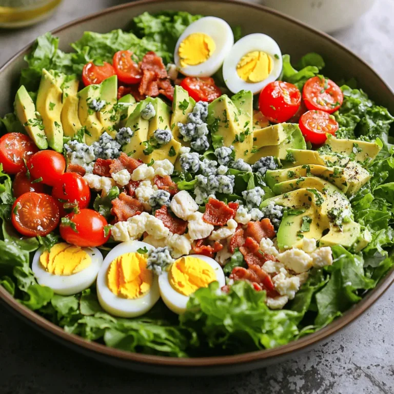 Für einen leckeren Classic Cobb Salad brauchst du: - 4 Tassen gemischte Blattsalate (Römersalat, Rucola, Spinat) - 2 hartgekochte Eier, gehackt - 1 Tasse gegartes Hähnchenbrustfilet, gewürfelt - 1 mittelgroße reife Avocado, gewürfelt - 1 Tasse Kirschtomaten, halbiert - 1/2 Tasse zerkleinerter Blauschimmelkäse - 1/2 Tasse gebratener Speck, gehackt (oder knusprige Kichererbsen für eine vegetarische Option) - 1/4 Tasse rote Zwiebel, in dünne Ringe geschnitten Diese Zutaten machen deinen Salat frisch und nahrhaft. Die Kombination aus Blattsalaten und anderen leckeren Zutaten sorgt für eine schöne Farbgebung. Der Blauschimmelkäse gibt dem Salat einen kräftigen Geschmack. Wenn du eine vegetarische Option möchtest, sind Kichererbsen eine tolle Wahl. Für das Dressing benötigst du: - 1/4 Tasse Olivenöl - 2 Esslöffel Rotweinessig (oder Apfelessig als Ersatz) - 1 Teelöffel Dijon-Senf - Salz und Pfeffer nach Geschmack Das Dressing macht den Salat besonders schmackhaft. Es bringt die Aromen zusammen und gibt einen frischen Kick. Du kannst die Menge an Essig oder Senf anpassen, je nach deinem Geschmack. Für die gesamte Zubereitung schaue dir das [Full Recipe] an und genieße deinen Classic Cobb Salad! Beginne mit der Vorbereitung. Wasche die Blattsalate gründlich unter kaltem Wasser. Danach schleudere sie trocken. Das sorgt dafür, dass der Salat frisch bleibt. Koche die Eier hart. Das dauert etwa zehn Minuten. Lass sie nach dem Kochen abkühlen und schäle sie dann. Jetzt ist es Zeit, das Hühnchen, die Avocado und die Tomaten zu schneiden. Würfle das Hühnchen und die Avocado. Halbiere die Kirschtomaten. So hast du alles bereit für den nächsten Schritt. Nimm eine große Schüssel und lege die Blattsalate als Basis hinein. Achte darauf, dass die Blätter gleichmäßig verteilt sind. Jetzt kommt der kreative Teil. Arrangiere die gehackten Eier, das Hühnchen, die Avocado, die halbierten Tomaten, den Blauschimmelkäse, den Speck und die rote Zwiebel dekorativ auf den Blattsalaten. Das sieht nicht nur gut aus, sondern macht den Salat auch lecker. Jetzt bereiten wir das Dressing vor. Nimm eine kleine Schüssel und vermenge das Olivenöl, den Essig und den Senf. Rühre kräftig um, bis alles gut vermischt ist. Schmecke das Dressing mit Salz und Pfeffer ab. Es sollte gut würzig sein. Gieße das Dressing kurz vor dem Servieren über den Salat oder stelle es separat bereit. So kann jeder entscheiden, wie viel Dressing er möchte. Wenn du mehr über die Zubereitung erfahren möchtest, schaue dir das [Full Recipe] an. Um das Hähnchen aromatisch zu kochen, beginne mit frischen Zutaten. Würze das Hähnchen mit Salz, Pfeffer und etwas Zitrone. Brate es bei mittlerer Hitze. So bleibt es saftig und zart. Lasse das Hähnchen nach dem Kochen ruhen. Das hilft, die Säfte zu halten. Für die Eier, bringe einen Topf mit Wasser zum Kochen. Lege die Eier vorsichtig hinein und koche sie für etwa 9 bis 12 Minuten. Ein kurzes Kühlen in Eiswasser hilft, die Schale leicht zu entfernen. So bekommst du perfekt hartgekochte Eier. Die Schichtung ist wichtig. Sie hilft, die Aromen zu kombinieren. Beginne mit den Blattsalaten als Basis. Arrangiere dann die anderen Zutaten in Reihen. So sieht der Salat schön aus und jeder Bissen hat alle Geschmäcker. Frische Kräuter geben dem Salat das gewisse Etwas. Zum Beispiel kannst du Schnittlauch oder Petersilie verwenden. Streue sie über den Salat, um Farbe und Geschmack hinzuzufügen. Es gibt viele Dressing-Variationen. Wenn du eine leichtere Option möchtest, versuche ein Joghurt-Dressing. Mische Joghurt mit etwas Senf, Zitrone, Salz und Pfeffer. Das gibt einen frischen Kick. Für mehr Geschmack kannst du auch Feta oder Kräuter zu deinem Dressing hinzufügen. Experimentiere mit verschiedenen Essigsorten. Das verbessert den Geschmack des gesamten Salats. So findest du die perfekte Balance für deinen Classic Cobb Salad. Für das gesamte Rezept schau dir [Full Recipe] an. {{image_4}} Für eine vegetarische Cobb Salad-Variante verwende ich Kichererbsen statt Speck und Hähnchen. Kichererbsen bringen eine tolle Textur und viel Protein in den Salat. Sie sorgen für einen herzhaften Geschmack. Um noch mehr Frische zu bekommen, füge ich gerne Gurken oder Paprika hinzu. Diese Gemüsesorten fügen Knackigkeit und Farbe hinzu. Sie machen den Salat noch ansprechender und leckerer. Wenn du glutenfrei essen möchtest, achte darauf, dass alle Zutaten glutenfrei sind. Viele Dressings können Gluten enthalten. Überprüfe die Etiketten sorgfältig, um sicherzustellen, dass alles passt. Bei frischen Zutaten wie Gemüse und Eiern gibt es normalerweise keine Probleme. So bleibt der Salat gesund und schmackhaft für alle. Für eine Low-Carb-Version empfehle ich, die Menge an Hülsenfrüchten zu reduzieren. Du kannst auch die Kichererbsen ganz weglassen. Stattdessen kannst du mehr Blattsalate oder Avocado verwenden. Diese Zutaten halten den Salat leicht und voll von gesunden Fetten. So bleibt der Genuss ohne viele Kohlenhydrate. Für das vollständige Rezept schaue dir die Anleitung in der Full Recipe an. Um die Zutaten frisch zu halten, lagere die Salatzutaten getrennt. Verwende luftdichte Behälter. So bleiben die Blattsalate knusprig. Lege Küchentücher in die Behälter. Diese nehmen die Feuchtigkeit auf und verhindern das Welken. Das Dressing bewahrst du am besten in einer separaten Flasche. Achte darauf, dass der Deckel gut schließt. So bleibt der Geschmack frisch. Wenn du das Dressing selbst machst, verwende frische Zutaten. Diese geben dem Salat mehr Geschmack. Du kannst die Zutaten einige Stunden vor dem Servieren vorbereiten. Koche die Eier und schneide das Gemüse. Bewahre alles im Kühlschrank auf. Das spart Zeit, wenn Gäste kommen. Du kannst den Salat auch ganz anrichten und kurz vor dem Servieren das Dressing hinzufügen. So bleibt alles frisch und lecker. Der Classic Cobb Salad bleibt im Kühlschrank etwa zwei Tage frisch. Achte darauf, die Zutaten gut zu lagern. Verwende luftdichte Behälter, um den Salat länger haltbar zu machen. Nach zwei Tagen kann der Salat an Geschmack verlieren. Also genieße ihn frisch! Der Classic Cobb Salad hält sich bis zu drei Tage im Kühlschrank. Lagere ihn in einem luftdichten Behälter. Das hilft, die Frische zu bewahren. Achte darauf, das Dressing separat zu halten. So bleibt der Salat knusprig und frisch. Ja, du kannst den Classic Cobb Salad vegan machen! Verwende Kichererbsen oder Tofu anstelle von Hähnchen. Für den Käse kannst du einen veganen Feta oder Nusskäse verwenden. Die Dressing-Optionen können auch mit pflanzlichem Joghurt zubereitet werden. So bleibt der Geschmack frisch und lecker. Statt Blauschimmelkäse kannst du Feta oder Ziegenkäse verwenden. Diese Käse bringen einen ähnlichen Geschmack, jedoch mit weniger Intensität. Eine vegane Option ist Nusskäse oder Hefeflocken. Diese Alternativen geben dem Salat eine schöne Tiefe. Das Rezept ergibt vier Portionen. Wenn du für eine größere Gruppe kochen möchtest, verdopple die Zutaten. So hast du genug für alle. Achte darauf, die Zutaten gleichmäßig zu verteilen, um den Geschmack zu erhalten. Der Cobb Salad passt gut zu gegrilltem Brot oder einer cremigen Suppe. Auch eine Portion Quinoa oder Kichererbsensalat ergänzt das Gericht. Für einen leichten Snack sind frische Gemüsesticks ideal. Probiere auch verschiedene Dips dazu aus. Der Classic Cobb Salad ist eine vielseitige Wahl für jeden Anlass. Wir haben die Hauptzutaten, die Zubereitung und einige kreative Tipps besprochen. Ob du nun die vegetarische Variante probierst oder dem Salat dein persönliches Dressing hinzufügst, die Möglichkeiten sind endlos. Denke daran, wie du die Zutaten lagerst, um die Frische zu bewahren. Dieser Salat bringt Geschmack und Gesundheit auf den Tisch. Experimentiere mit deiner Version und genieße jeden Bissen!