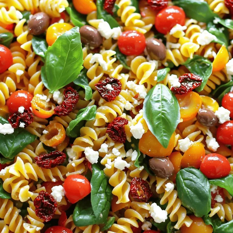 Für diesen leckeren Salat brauchen Sie: - 340 g Fusilli-Nudeln - 240 ml in Öl eingelegte, sonnengereifte Tomaten, grob gehackt - 240 g Kirschtomaten, halbiert - 240 g Babyspinat - 120 g Fetakäse, zerbröselt - 120 g Kalamata-Oliven, entsteint und in Scheiben - 60 g rote Zwiebel, fein gehackt Diese Zutaten bringen viele Aromen und Texturen in den Salat. Die Fusilli-Nudeln haben die perfekte Form, um das Dressing zu halten. Die sonnengereiften Tomaten verleihen einen kräftigen Geschmack. Für den perfekten Geschmack verwenden wir: - 45 ml Olivenöl - 30 ml Balsamico-Essig - 1 Knoblauchzehe, fein gehackt - Salz und Pfeffer nach Geschmack Olivenöl sorgt für einen reichhaltigen Geschmack. Balsamico-Essig bringt eine leichte Süße und Säure. Knoblauch gibt dem Salat eine aromatische Note. Falls Sie einige Zutaten nicht haben oder mögen, probieren Sie diese Alternativen: - Verwenden Sie andere Pasta, wie Penne oder Farfalle. - Statt Fetakäse können Sie Mozzarella nutzen. - Wenn Sie keine Kalamata-Oliven haben, nehmen Sie grüne Oliven. - Für eine vegane Version lassen Sie den Käse einfach weg oder nutzen Sie pflanzlichen Käse. Diese Alternativen helfen, den Salat an Ihren Geschmack anzupassen. So bleibt er frisch und lecker. Für die vollständige Zubereitung schauen Sie sich das [Full Recipe] an. Koche zuerst die Fusilli-Nudeln in einem großen Topf. Füge reichlich Salzwasser hinzu und bringe es zum Kochen. Gib die Nudeln in das kochende Wasser. Koche die Nudeln gemäß den Packungsanweisungen al dente. Wenn sie fertig sind, gieße sie ab. Spüle die Nudeln unter kaltem Wasser ab, um den Garprozess zu stoppen. Lass sie in einer Schüssel abkühlen, während du die anderen Zutaten vorbereitest. Nimm eine kleine Schüssel und gebe das Olivenöl, den Balsamico-Essig und den fein gehackten Knoblauch hinein. Füge Salz und Pfeffer nach Geschmack hinzu. Vermenge alle Zutaten mit einem Schneebesen gut. Das Dressing ist jetzt bereit. Stelle es beiseite, während du die restlichen Zutaten vorbereitest. In einer großen Rührschüssel kommen die abgekühlten Nudeln, die grob gehackten sonnengereiften Tomaten, die halbierten Kirschtomaten, der Babyspinat, der zerbröselte Fetakäse, die in Scheiben geschnittenen Kalamata-Oliven und die fein gehackte rote Zwiebel zusammen. Mische alles vorsichtig, damit die Zutaten gut vermengt sind. Gieße das vorbereitete Dressing gleichmäßig über die Pasta-Mischung. Mische den Salat sanft, damit sich das Dressing gut verteilt. Probiere den Salat und passe ihn nach Belieben mit mehr Salz oder Pfeffer an. Decke die Schüssel mit Frischhaltefolie ab und stelle sie in den Kühlschrank. Lass den Salat mindestens 30 Minuten ruhen. So können sich die Aromen gut entfalten. Vor dem Servieren rühre den Salat vorsichtig um. Garniere ihn mit frischen Basilikumblättern. Jetzt ist dein Sonnengetrocknete Tomaten-Pasta-Salat bereit zum Genießen! Dieses Gericht ist leicht und perfekt für warme Tage. Für die vollständige Anleitung, schau dir das Full Recipe an. Ein häufiger Fehler ist, die Nudeln zu weich zu kochen. Achten Sie darauf, sie al dente zu garen. So bleibt die Textur knackig. Ein weiterer Fehler ist, die Zutaten nicht gut zu mischen. Mischen Sie alles sanft, damit die Aromen sich verbinden. Zu viel Dressing kann den Salat matschig machen. Beginnen Sie mit weniger und fügen Sie mehr nach Geschmack hinzu. Um die perfekte Konsistenz zu erreichen, lassen Sie die Nudeln nach dem Kochen abkühlen. Spülen Sie sie mit kaltem Wasser ab. Dies stoppt den Garprozess und verhindert ein Überkochen. Verwenden Sie frische Zutaten wie Babyspinat und Kirschtomaten. Das sorgt für Knackigkeit und Frische. Fügen Sie das Dressing erst kurz vor dem Servieren hinzu, damit der Salat nicht durchweicht. Experimentieren Sie mit verschiedenen Zutaten für neue Geschmäcker. Fügen Sie geröstete Pinienkerne oder Artischockenherzen hinzu. Diese bringen einen tollen Crunch ins Gericht. Sie können auch frische Kräuter wie Petersilie oder Minze verwenden. Diese sorgen für eine frische Note. Probieren Sie auch, etwas scharfen Pfeffer hinzuzufügen. So geben Sie dem Salat einen aufregenden Kick. Wenn Sie mehr Ideen suchen, sehen Sie sich das [Full Recipe] an. {{image_4}} Dieser Salat ist schon fast perfekt, aber ich liebe es, ihn anzupassen. Für eine vegetarische Variante kannst du einfach den Fetakäse weglassen oder durch einen Käse auf pflanzlicher Basis ersetzen. Das gibt dem Salat einen tollen Geschmack und bleibt cremig. Wenn du vegan bist, achte darauf, alle Zutaten ohne tierische Produkte zu wählen. Du kannst auch Nüsse oder Samen hinzufügen, um mehr Textur zu bekommen. Manchmal will ich mehr Farben und Texturen in meinen Salat bringen. Du kannst viele Zutaten hinzufügen. Zum Beispiel: - Gegrillte Paprika - Artischockenherzen - Brokkoli-Röschen - Avocado Diese Zutaten geben dem Salat mehr Geschmack und machen ihn nährstoffreicher. Die besten Zutaten sind oft die, die gerade Saison haben. Im Sommer sind frische Erbsen oder Zucchini toll. Im Herbst kannst du geröstete Kürbiswürfel hinzufügen. Im Winter sind Rüben oder Rosenkohl eine gute Wahl. So bleibt der Salat frisch und spannend. Probiere, die Zutaten je nach Jahreszeit zu wechseln, um neue Kombinationen zu entdecken. Der Sonnengetrocknete Tomaten-Pasta-Salat ist so vielfältig. Du kannst mit den Zutaten und Aromen spielen, um dein perfektes Gericht zu finden. Um den Sonnengetrocknete Tomaten-Pasta-Salat frisch zu halten, bewahre ihn in einem luftdichten Behälter auf. Stelle sicher, dass der Behälter gut verschlossen ist. Das schützt den Salat vor Luft und Feuchtigkeit. Wenn du den Salat länger aufbewahren möchtest, kannst du die Zutaten getrennt lagern. So bleiben die Nudeln und das Gemüse knackig. Achte beim Kauf der Zutaten auf Frische. Wähle sonnengereifte Tomaten, die fest und reif sind. Der Babyspinat sollte leuchtend grün und knackig sein. Der Fetakäse muss frisch und ohne unangenehmen Geruch sein. Kalamata-Oliven sollten glänzend und ohne braune Flecken sein. Frische Zutaten machen den Salat schmackhafter. Im Kühlschrank hält sich der Salat bis zu drei Tage. Die Nudeln und das Gemüse können jedoch weicher werden. Du kannst den Salat auch einfrieren, aber die Textur kann sich ändern. Vor dem Servieren solltest du den Salat gut umrühren. Frisches Basilikum verleiht dem Salat einen tollen Geschmack. Für die besten Aromen genieße ihn am besten frisch zubereitet. Du kannst den Salat bis zu drei Tage im Kühlschrank aufbewahren. Achte darauf, ihn gut abzudecken. So bleibt er frisch und lecker. Nach ein paar Tagen kann der Salat etwas weicher werden. Das ist normal, aber der Geschmack bleibt gut. Ja, du kannst die Nudeln im Voraus kochen. Koche sie einfach, lass sie abkühlen und bewahre sie in einem luftdichten Behälter auf. So sparst du Zeit, wenn du den Salat zubereitest. Achte darauf, die Nudeln nicht zu lange zu kochen. Sie sollten al dente sein, also bissfest. Es gibt viele tolle Beilagen zu diesem Salat. Hier sind einige Ideen: - Gegrilltes Hähnchen oder Garnelen - Frisches Brot oder Baguette - Ein grüner Salat mit Vinaigrette - Gegrilltes Gemüse Jede dieser Beilagen ergänzt den Salat wunderbar. Ja, dieser Salat ist gesund. Er enthält viele frische Zutaten. Die sonnengereiften Tomaten bringen Vitamine. Babyspinat ist reich an Eisen und Antioxidantien. Fetakäse liefert Protein, während Oliven gesunde Fette bieten. Dieser Salat ist eine tolle Option für eine ausgewogene Mahlzeit. Für die vollständige Rezeptanleitung schau dir [Full Recipe] an. Der Blog stellt die Hauptzutaten, Zubereitung und Tipps für den sonnigen Pastasalat vor. Wir haben die besten Techniken zur Konsistenz und kreative Variationen erkundet. Ob vegetarisch oder saisonal, es gibt viele Möglichkeiten, das Rezept anzupassen. Denk an die Lagerung, damit der Salat frisch bleibt. Mit diesen einfachen Schritten und Tricks kannst du einen köstlichen Salat zaubern. Probiere verschiedene Zutaten aus und finde deine perfekte Mischung!