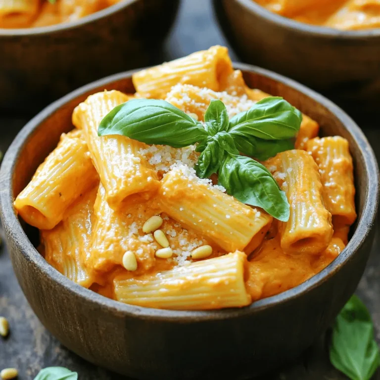- 3 große rote Paprika - 2 Esslöffel Olivenöl - 3 gehackte Knoblauchzehen - 240 ml Sahne - 100 g geriebener Parmesan - 1/2 Teelöffel Chiliflocken - Salz und Pfeffer nach Geschmack - Frische Basilikumblätter zur Garnitur - Geröstete Pinienkerne - Weitere Kräuter für zusätzliche Aromen Die Hauptzutaten sind einfach und frisch. Die roten Paprika sind der Star dieses Gerichts. Sie bringen Süße und Farbe. Das Olivenöl fügt gesunde Fette hinzu. Knoblauch gibt der Pasta einen tollen Geschmack. Sahne macht die Sauce cremig. Der Parmesan sorgt für eine herzhafte Note. Du kannst die Chiliflocken nach deinem Geschmack anpassen. Sie geben der Pasta etwas Schärfe. Vergiss nicht die frischen Basilikumblätter! Sie sind perfekt als Garnitur. Für extra Crunch kannst du geröstete Pinienkerne hinzufügen. Weitere Kräuter wie Petersilie oder Oregano passen auch gut. Für die vollständige Rezeptanleitung kannst du [Full Recipe] ansehen. - Legen Sie ein Backblech mit Backpapier aus. - Halbieren Sie die roten Paprika und entfernen Sie die Kerne. Heizen Sie den Ofen auf 200°C vor. Platzieren Sie die Paprikahälften mit der Schnittfläche nach unten auf das Blech. Rösten Sie die Paprika 25 bis 30 Minuten. Die Haut sollte schwarz und blasenartig sein. Lassen Sie die Paprika kurz abkühlen, dann ziehen Sie die Haut ab. - Braten Sie den gehackten Knoblauch an und fügen Sie die Paprika hinzu. - Rühren Sie die Sahne ein und pürieren Sie die Mischung. Erhitzen Sie 2 Esslöffel Olivenöl in einer großen Pfanne. Geben Sie den Knoblauch hinein und braten Sie ihn eine Minute an. Achten Sie darauf, dass er nicht anbrennt. Fügen Sie die gerösteten Paprikastücke und 1/2 Teelöffel Chiliflocken hinzu. Kochen Sie alles 2 Minuten unter Rühren. Gießen Sie 240 ml Sahne in die Pfanne und lassen Sie die Sauce 5 Minuten köcheln. Pürieren Sie die Sauce, bis sie glatt ist. - Kochen Sie die Pasta und bewahren Sie etwas Nudelwasser auf. - Kombinieren Sie die Sauce mit der Pasta und verfeinern Sie mit Parmesan. Kochen Sie 400 g Pasta nach den Anweisungen auf der Verpackung al dente. Heben Sie 240 ml des Kochwassers auf, bevor Sie die Pasta abgießen. Geben Sie die pürierte Sauce zur Pasta und vermengen Sie alles gut. Wenn die Sauce zu dick ist, fügen Sie Stück für Stück etwas Nudelwasser hinzu. Rühren Sie 100 g geriebenen Parmesan unter und würzen Sie die Pasta mit Salz und Pfeffer. Erwärmen Sie alles bei niedriger Hitze eine Minute lang. Für das vollständige Rezept, schauen Sie sich die [Full Recipe] an. Um die besten Röstaromen zu bekommen, röste die Paprika etwa 25 bis 30 Minuten. Die Haut sollte schwarz und blasenartig sein. Das gibt der Pasta einen tollen Geschmack. Achte darauf, die Hitze richtig zu regulieren. Ein guter Ofen ist wichtig, um die Paprika gleichmäßig zu rösten. Die Sauce kannst du anpassen, indem du etwas vom Nudelwasser hinzufügst. Das Wasser hat Stärke, die die Sauce schön cremig macht. Wenn du weitere Geschmäcker hinzufügen möchtest, probiere frische Kräuter oder Zwiebeln. Auch etwas Zitronensaft kann frische Noten bringen. Serviere die Pasta in tiefen Tellern, um sie ansprechend zu präsentieren. Garniere sie mit frischen Basilikumblättern und rösteten Pinienkernen. Ein Spritzer Olivenöl obenauf macht die Pasta noch leckerer. Achte darauf, dass die Farben der Zutaten gut zur Geltung kommen. {{image_4}} Eine großartige Möglichkeit, die Pasta zu variieren, ist die Zugabe von saisonalem Gemüse. Du kannst zum Beispiel Zucchini, Spinat oder Erbsen verwenden. Diese Gemüsesorten bringen frische Aromen und zusätzliche Nährstoffe. Ein weiterer Tipp ist die Verwendung von veganer Sahne. So bleibt das Gericht fleischlos und dennoch cremig. Alternativen wie Cashew-Sahne oder Kokoscreme sind ebenfalls lecker. Wenn du etwas mehr Protein in dein Gericht bringen möchtest, kannst du Hähnchenbrust oder Garnelen hinzufügen. Diese Optionen machen das Gericht herzhaft und sättigend. Für eine vegane Variante sind Linsen oder Kichererbsen ideal. Sie fügen eine schöne Textur und viel Eiweiß hinzu. Du kannst sie einfach in die Sauce einrühren, um sie gut zu integrieren. Die Wahl der Nudeln kann das gesamte Gericht verändern. Vollkornnudeln sind nahrhaft und geben mehr Ballaststoffe. Glutenfreie Nudeln sind ebenfalls eine gute Wahl für Menschen mit Unverträglichkeiten. Überlege dir auch die Pastaform. Penne hält die Sauce gut, während Fettuccine eine glattere Textur bietet. Probiere verschiedene Kombinationen aus, um deinen Favoriten zu finden. Die Geröstete Paprika-Pasta bleibt bis zu drei Tage frisch im Kühlschrank. Lass sie vollständig abkühlen, bevor du sie verpackst. Nutze einen luftdichten Behälter, um den Geschmack zu bewahren. Du kannst auch Frischhaltefolie verwenden, um die Pasta gut abzudecken. Um die Pasta einzufrieren, lass sie komplett abkühlen. Teile sie in Portionen auf. Lege die Portionen in gefriergeeignete Beutel oder Behälter. Vergiss nicht, das Datum zu markieren. So weißt du, wie lange sie schon eingefroren ist. Beim Auftauen lasse die Pasta über Nacht im Kühlschrank. Du kannst sie auch direkt in der Mikrowelle aufwärmen. Für die beste Textur, erhitze sie in einer Pfanne mit etwas Wasser oder Sahne. So bleibt sie cremig und lecker. Die Geröstete Paprika-Pasta bleibt im Kühlschrank etwa 3 bis 5 Tage frisch. Achte darauf, die Pasta in einem luftdichten Behälter aufzubewahren. So bleibt der Geschmack erhalten. Wenn du die Pasta länger aufbewahren möchtest, friere sie ein. Im Gefrierschrank hält sie sich bis zu 3 Monate. Ja, du kannst geröstete Paprika ganz einfach selbst zubereiten. Röste die Paprika wie im Rezept beschrieben im Ofen. Alternativ kannst du sie auch über dem Gasherd rösten. Halte die Paprika direkt über die Flamme, bis die Haut schwarz wird. Lass sie danach in einer Schüssel mit Deckel dämpfen. So lässt sich die Haut leicht abziehen. Selbst gemachte Paprika schmeckt frisch und intensiv. Diese Pasta harmoniert gut mit verschiedenen Beilagen. Ein einfacher grüner Salat mit Vinaigrette ist eine tolle Wahl. Du kannst auch gegrilltes Gemüse oder ein Stück knuspriges Brot dazu servieren. Wenn du etwas Deftiges magst, probiere gebratene Zucchini oder Auberginen. Diese Beilagen ergänzen den reichhaltigen Geschmack der Pasta perfekt. Diese Anleitung zeigt, wie du eine köstliche Geröstete Paprika-Pasta zubereitest. Du hast gelernt, welche Zutaten du brauchst und wie du sie perfekt zubereitest. Denke daran, die Röstaromen gut zu nutzen und die Sauce nach deinem Geschmack anzupassen. Du kannst sogar mit verschiedenen Toppings und Variationen spielen. Am Ende bleibt die Pasta im Kühlschrank oder kann eingefroren werden. Mit diesen Tipps kochst du sicher ein tolles Gericht!