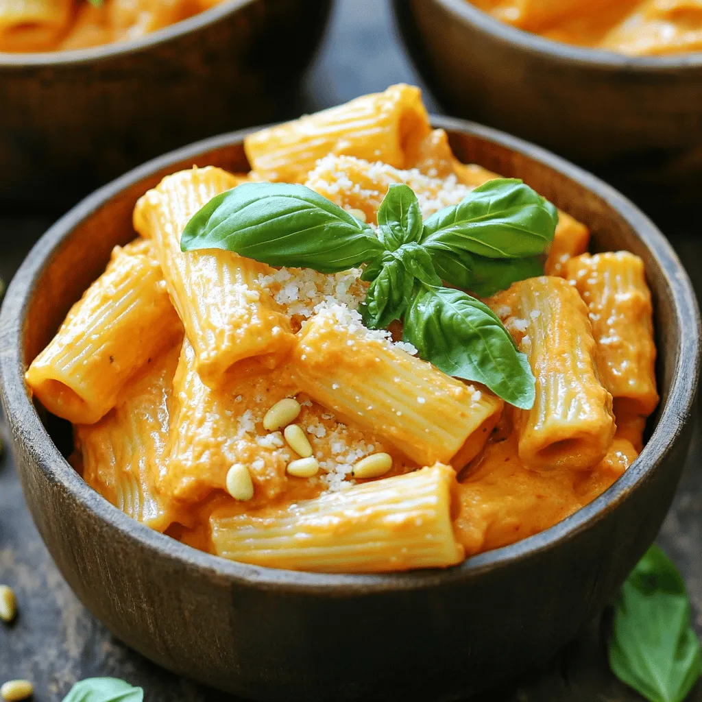 - 3 große rote Paprika - 2 Esslöffel Olivenöl - 3 gehackte Knoblauchzehen - 240 ml Sahne - 100 g geriebener Parmesan - 1/2 Teelöffel Chiliflocken - Salz und Pfeffer nach Geschmack - Frische Basilikumblätter zur Garnitur - Geröstete Pinienkerne - Weitere Kräuter für zusätzliche Aromen Die Hauptzutaten sind einfach und frisch. Die roten Paprika sind der Star dieses Gerichts. Sie bringen Süße und Farbe. Das Olivenöl fügt gesunde Fette hinzu. Knoblauch gibt der Pasta einen tollen Geschmack. Sahne macht die Sauce cremig. Der Parmesan sorgt für eine herzhafte Note. Du kannst die Chiliflocken nach deinem Geschmack anpassen. Sie geben der Pasta etwas Schärfe. Vergiss nicht die frischen Basilikumblätter! Sie sind perfekt als Garnitur. Für extra Crunch kannst du geröstete Pinienkerne hinzufügen. Weitere Kräuter wie Petersilie oder Oregano passen auch gut. Für die vollständige Rezeptanleitung kannst du [Full Recipe] ansehen. - Legen Sie ein Backblech mit Backpapier aus. - Halbieren Sie die roten Paprika und entfernen Sie die Kerne. Heizen Sie den Ofen auf 200°C vor. Platzieren Sie die Paprikahälften mit der Schnittfläche nach unten auf das Blech. Rösten Sie die Paprika 25 bis 30 Minuten. Die Haut sollte schwarz und blasenartig sein. Lassen Sie die Paprika kurz abkühlen, dann ziehen Sie die Haut ab. - Braten Sie den gehackten Knoblauch an und fügen Sie die Paprika hinzu. - Rühren Sie die Sahne ein und pürieren Sie die Mischung. Erhitzen Sie 2 Esslöffel Olivenöl in einer großen Pfanne. Geben Sie den Knoblauch hinein und braten Sie ihn eine Minute an. Achten Sie darauf, dass er nicht anbrennt. Fügen Sie die gerösteten Paprikastücke und 1/2 Teelöffel Chiliflocken hinzu. Kochen Sie alles 2 Minuten unter Rühren. Gießen Sie 240 ml Sahne in die Pfanne und lassen Sie die Sauce 5 Minuten köcheln. Pürieren Sie die Sauce, bis sie glatt ist. - Kochen Sie die Pasta und bewahren Sie etwas Nudelwasser auf. - Kombinieren Sie die Sauce mit der Pasta und verfeinern Sie mit Parmesan. Kochen Sie 400 g Pasta nach den Anweisungen auf der Verpackung al dente. Heben Sie 240 ml des Kochwassers auf, bevor Sie die Pasta abgießen. Geben Sie die pürierte Sauce zur Pasta und vermengen Sie alles gut. Wenn die Sauce zu dick ist, fügen Sie Stück für Stück etwas Nudelwasser hinzu. Rühren Sie 100 g geriebenen Parmesan unter und würzen Sie die Pasta mit Salz und Pfeffer. Erwärmen Sie alles bei niedriger Hitze eine Minute lang. Für das vollständige Rezept, schauen Sie sich die [Full Recipe] an. Um die besten Röstaromen zu bekommen, röste die Paprika etwa 25 bis 30 Minuten. Die Haut sollte schwarz und blasenartig sein. Das gibt der Pasta einen tollen Geschmack. Achte darauf, die Hitze richtig zu regulieren. Ein guter Ofen ist wichtig, um die Paprika gleichmäßig zu rösten. Die Sauce kannst du anpassen, indem du etwas vom Nudelwasser hinzufügst. Das Wasser hat Stärke, die die Sauce schön cremig macht. Wenn du weitere Geschmäcker hinzufügen möchtest, probiere frische Kräuter oder Zwiebeln. Auch etwas Zitronensaft kann frische Noten bringen. Serviere die Pasta in tiefen Tellern, um sie ansprechend zu präsentieren. Garniere sie mit frischen Basilikumblättern und rösteten Pinienkernen. Ein Spritzer Olivenöl obenauf macht die Pasta noch leckerer. Achte darauf, dass die Farben der Zutaten gut zur Geltung kommen. {{image_4}} Eine großartige Möglichkeit, die Pasta zu variieren, ist die Zugabe von saisonalem Gemüse. Du kannst zum Beispiel Zucchini, Spinat oder Erbsen verwenden. Diese Gemüsesorten bringen frische Aromen und zusätzliche Nährstoffe. Ein weiterer Tipp ist die Verwendung von veganer Sahne. So bleibt das Gericht fleischlos und dennoch cremig. Alternativen wie Cashew-Sahne oder Kokoscreme sind ebenfalls lecker. Wenn du etwas mehr Protein in dein Gericht bringen möchtest, kannst du Hähnchenbrust oder Garnelen hinzufügen. Diese Optionen machen das Gericht herzhaft und sättigend. Für eine vegane Variante sind Linsen oder Kichererbsen ideal. Sie fügen eine schöne Textur und viel Eiweiß hinzu. Du kannst sie einfach in die Sauce einrühren, um sie gut zu integrieren. Die Wahl der Nudeln kann das gesamte Gericht verändern. Vollkornnudeln sind nahrhaft und geben mehr Ballaststoffe. Glutenfreie Nudeln sind ebenfalls eine gute Wahl für Menschen mit Unverträglichkeiten. Überlege dir auch die Pastaform. Penne hält die Sauce gut, während Fettuccine eine glattere Textur bietet. Probiere verschiedene Kombinationen aus, um deinen Favoriten zu finden. Die Geröstete Paprika-Pasta bleibt bis zu drei Tage frisch im Kühlschrank. Lass sie vollständig abkühlen, bevor du sie verpackst. Nutze einen luftdichten Behälter, um den Geschmack zu bewahren. Du kannst auch Frischhaltefolie verwenden, um die Pasta gut abzudecken. Um die Pasta einzufrieren, lass sie komplett abkühlen. Teile sie in Portionen auf. Lege die Portionen in gefriergeeignete Beutel oder Behälter. Vergiss nicht, das Datum zu markieren. So weißt du, wie lange sie schon eingefroren ist. Beim Auftauen lasse die Pasta über Nacht im Kühlschrank. Du kannst sie auch direkt in der Mikrowelle aufwärmen. Für die beste Textur, erhitze sie in einer Pfanne mit etwas Wasser oder Sahne. So bleibt sie cremig und lecker. Die Geröstete Paprika-Pasta bleibt im Kühlschrank etwa 3 bis 5 Tage frisch. Achte darauf, die Pasta in einem luftdichten Behälter aufzubewahren. So bleibt der Geschmack erhalten. Wenn du die Pasta länger aufbewahren möchtest, friere sie ein. Im Gefrierschrank hält sie sich bis zu 3 Monate. Ja, du kannst geröstete Paprika ganz einfach selbst zubereiten. Röste die Paprika wie im Rezept beschrieben im Ofen. Alternativ kannst du sie auch über dem Gasherd rösten. Halte die Paprika direkt über die Flamme, bis die Haut schwarz wird. Lass sie danach in einer Schüssel mit Deckel dämpfen. So lässt sich die Haut leicht abziehen. Selbst gemachte Paprika schmeckt frisch und intensiv. Diese Pasta harmoniert gut mit verschiedenen Beilagen. Ein einfacher grüner Salat mit Vinaigrette ist eine tolle Wahl. Du kannst auch gegrilltes Gemüse oder ein Stück knuspriges Brot dazu servieren. Wenn du etwas Deftiges magst, probiere gebratene Zucchini oder Auberginen. Diese Beilagen ergänzen den reichhaltigen Geschmack der Pasta perfekt. Diese Anleitung zeigt, wie du eine köstliche Geröstete Paprika-Pasta zubereitest. Du hast gelernt, welche Zutaten du brauchst und wie du sie perfekt zubereitest. Denke daran, die Röstaromen gut zu nutzen und die Sauce nach deinem Geschmack anzupassen. Du kannst sogar mit verschiedenen Toppings und Variationen spielen. Am Ende bleibt die Pasta im Kühlschrank oder kann eingefroren werden. Mit diesen Tipps kochst du sicher ein tolles Gericht!