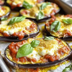 - 2 mittelgroße Auberginen - 2 Tassen Marinara-Sauce - 1 ½ Tassen Mozzarella-Käse, gerieben Die Hauptzutaten für deine Auberginen Parmesan Boote sind einfach zu finden. Die Auberginen sind die Basis. Sie sind nahrhaft und haben einen tollen Geschmack. Die Marinara-Sauce bringt die Aromen zusammen. Sie ist reich an Tomaten und Gewürzen. Der Mozzarella-Käse schmilzt schön und macht das Gericht cremig. - 1 Teelöffel getrockneter Oregano - 1 Teelöffel Knoblauchpulver - ½ Teelöffel rote Pfefferflocken (optional) Gewürze sind wichtig für den Geschmack. Oregano gibt einen tollen, mediterranen Hauch. Knoblauchpulver fügt Tiefe hinzu. Die roten Pfefferflocken bringen etwas Schärfe, wenn du es magst. Du kannst sie weglassen, wenn du es milder magst. - Frische Basilikumblätter zur Garnitur - Olivenöl - Salz und Pfeffer nach Geschmack Garnierungen machen das Gericht schön. Frische Basilikumblätter sind ein klassisches Topping. Sie geben einen frischen Geschmack. Olivenöl sorgt für einen zusätzlichen Hauch von Geschmack. Salz und Pfeffer helfen, alles abzurunden. Achte darauf, sie nach deinem Geschmack hinzuzufügen. Für das vollständige Rezept kannst du auf den Abschnitt "Full Recipe" zugreifen. Heize deinen Ofen auf 190°C (375°F) vor. Nimm die Auberginen und halbiere sie längs. Höhle das Fruchtfleisch vorsichtig aus. Lass dabei einen 1,5 cm breiten Rand, um die Boote zu formen. Bewahre das ausgehöhlte Fruchtfleisch für später auf. Bestreiche die Auberginenhälften auf beiden Seiten mit Olivenöl. Würze sie mit Salz und Pfeffer. Lege die Auberginenhälften mit der Schnittseite nach oben auf ein Backblech. Röste die Auberginenboote für etwa 25 Minuten im Ofen, bis sie zart sind. Während die Auberginen rösten, schneide das aufbewahrte Auberginenfleisch in kleine Stücke. Erhitze einen Esslöffel Olivenöl in einer Pfanne bei mittlerer Hitze. Gib das gehackte Auberginenfleisch, Oregano, Knoblauchpulver und die roten Pfefferflocken in die Pfanne. Koche alles für etwa 5-7 Minuten, bis die Aubergine weich ist. Füge dann die Marinara-Sauce und die Hälfte des geriebenen Mozzarella-Käses hinzu. Mische alles gut und nimm die Pfanne vom Herd. Fülle jede geröstete Auberginenhälfte mit der Mischung. Belege sie mit dem restlichen Mozzarella und streue den Parmesan darüber. Gib die gefüllten Auberginen wieder in den Ofen. Backe sie für 15-20 Minuten, bis der Käse sprudelt und goldbraun ist. Um perfekte Auberginenboote zu machen, achte auf das richtige Aushöhlen. Halbiere die Auberginen und lasse einen Rand von 1,5 cm. So bleibt die Form stabil. Bewahre das Fruchtfleisch auf, um es später zu verwenden. Die optimale Röstdauer im Ofen beträgt 25 Minuten. Röste sie bei 190°C, bis sie zart sind. So wird das Aroma intensiv und die Textur perfekt. Die beste Mozzarella-Option ist frischer Mozzarella. Er schmilzt gut und hat einen tollen Geschmack. Du kannst auch Teilentrahmte Mozzarella verwenden. Dieser hat weniger Fett und ist leichter. Wenn du nach Alternativen zu Parmesan-Käse suchst, probiere Pecorino oder Grana Padano. Diese Käse sind ähnlich, aber haben unterschiedliche Geschmäcker. Zu Auberginen Parmesan Boote passen viele Beilagen. Ein frischer Salat ist eine gute Wahl. Du kannst auch knuspriges Brot servieren, um die Sauce aufzusaugen. Für eine ansprechende Präsentation lege die Auberginenboote auf einen schönen Teller. Garniere sie mit frischen Basilikumblättern. Das sieht nicht nur gut aus, sondern schmeckt auch frisch. Für das vollständige Rezept, schau dir das Full Recipe an. {{image_4}} Möchten Sie die Füllung anpassen? Sie können die Auberginen mit verschiedenen Zutaten füllen. - Fleischalternativen in der Füllung: Probieren Sie pflanzliches Hackfleisch oder Linsen. Diese Optionen sind proteinreich und lecker. - Zusätzliche Gemüseoptionen: Fügen Sie Zucchini, Paprika oder Spinat hinzu. Diese Gemüse bringen Farbe und Nährstoffe in die Boote. Die Gewürze machen Ihr Gericht besonders. - Anpassen der Gewürze für verschiedenen Geschmack: Nutzen Sie italienische Gewürzmischungen oder sogar scharfe Gewürze. Experimentieren Sie mit dem, was Ihnen schmeckt! - Verwendung von frischen Kräutern: Frische Kräuter wie Basilikum oder Oregano bringen einen tollen Geschmack. Fügen Sie sie kurz vor dem Servieren hinzu. Überraschungen machen das Kochen spannend. - Nüsse oder Samen hinzufügen: Walnüsse oder Pinienkerne geben einen schönen Crunch. Streuen Sie sie über die Füllung für mehr Textur. - Verwendung von anderen Käsesorten: Mozzarella ist toll, aber probieren Sie auch Feta oder Gouda. Diese Käsesorten können neue Geschmackserlebnisse bieten. Um Reste von Auberginen Parmesan Booten zu lagern, lege sie in einen luftdichten Behälter. So bleiben sie frisch. Du kannst sie bis zu vier Tage im Kühlschrank aufbewahren. Wenn du die Auberginen gefüllt hast, achte darauf, die Füllung nicht zu trennen. Das hält die Aromen zusammen. Um gefüllte Auberginenboote einzufrieren, lasse sie zuerst abkühlen. Wickel sie dann in Frischhaltefolie und lege sie in einen Gefrierbeutel. Achte darauf, die Luft zu entfernen. So bleiben sie bis zu drei Monate haltbar. Wenn du sie essen möchtest, nimm sie aus dem Gefrierfach. Lasse sie über Nacht im Kühlschrank auftauen. Die besten Methoden zur Wiedererwärmung sind im Ofen oder in der Mikrowelle. Im Ofen bei 180°C (350°F) dauert es etwa 20 Minuten. In der Mikrowelle dauert es nur 5 bis 7 Minuten. Achte darauf, den Käse nicht zu weich werden zu lassen. Decke die Boote mit Alufolie ab, um ein Austrocknen zu vermeiden. Die Zubereitung der Auberginen Parmesan Boote dauert insgesamt etwa 1 Stunde. Die Vorbereitungszeit liegt bei 15 Minuten. Die Garzeit beträgt 45 Minuten. Diese Zeit umfasst das Rösten der Auberginen und das Backen der gefüllten Boote. Achte darauf, die Auberginen gut zu rösten. So werden sie zart und voller Geschmack. Ja, du kannst Auberginen roh essen. Allerdings sind sie oft bitter und haben einen leicht unangenehmen Geschmack. Rohe Auberginen enthalten Solanin, das in großen Mengen ungesund sein kann. Koche sie daher immer, um den besten Geschmack zu erzielen und mögliche Risiken zu vermeiden. Ja, das Rezept für Auberginen Parmesan Boote ist sehr flexibel. Du kannst die Füllung nach deinen Wünschen ändern. Zum Beispiel kannst du anderes Gemüse oder Fleisch hinzufügen. Wenn du vegan essen möchtest, ersetze den Käse durch pflanzliche Alternativen. So passt das Rezept zu vielen Ernährungsbedürfnissen. Für das vollständige Rezept und alle Details, schau dir bitte den [Full Recipe](#) an. Hier findest du alle Schritte und Zutaten auf einen Blick. Zusammenfassend haben wir die Zubereitung köstlicher gefüllter Auberginenboote betrachtet. Wir haben die Hauptzutaten, die Zubereitungsschritte sowie Tipps zur perfekten Zubereitung besprochen. Denken Sie daran, kreativ zu sein und Ihre eigenen Variationen auszuprobieren. Es gibt viele Möglichkeiten, um das Gericht anzupassen. Ob für eine Mahlzeit oder als Beilage, gefüllte Auberginenboote sind einfach, lecker und vielseitig. Probieren Sie es aus und genießen Sie Ihr leckeres Ergebnis!