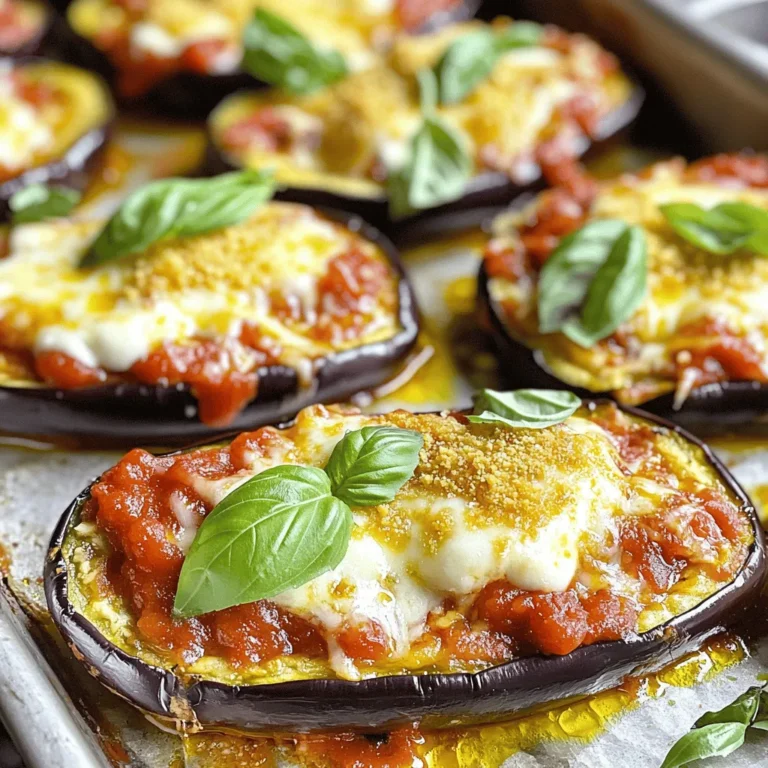 - 2 mittelgroße Auberginen - 2 Tassen Marinara-Sauce - 1 ½ Tassen Mozzarella-Käse, gerieben Die Hauptzutaten für deine Auberginen Parmesan Boote sind einfach zu finden. Die Auberginen sind die Basis. Sie sind nahrhaft und haben einen tollen Geschmack. Die Marinara-Sauce bringt die Aromen zusammen. Sie ist reich an Tomaten und Gewürzen. Der Mozzarella-Käse schmilzt schön und macht das Gericht cremig. - 1 Teelöffel getrockneter Oregano - 1 Teelöffel Knoblauchpulver - ½ Teelöffel rote Pfefferflocken (optional) Gewürze sind wichtig für den Geschmack. Oregano gibt einen tollen, mediterranen Hauch. Knoblauchpulver fügt Tiefe hinzu. Die roten Pfefferflocken bringen etwas Schärfe, wenn du es magst. Du kannst sie weglassen, wenn du es milder magst. - Frische Basilikumblätter zur Garnitur - Olivenöl - Salz und Pfeffer nach Geschmack Garnierungen machen das Gericht schön. Frische Basilikumblätter sind ein klassisches Topping. Sie geben einen frischen Geschmack. Olivenöl sorgt für einen zusätzlichen Hauch von Geschmack. Salz und Pfeffer helfen, alles abzurunden. Achte darauf, sie nach deinem Geschmack hinzuzufügen. Für das vollständige Rezept kannst du auf den Abschnitt "Full Recipe" zugreifen. Heize deinen Ofen auf 190°C (375°F) vor. Nimm die Auberginen und halbiere sie längs. Höhle das Fruchtfleisch vorsichtig aus. Lass dabei einen 1,5 cm breiten Rand, um die Boote zu formen. Bewahre das ausgehöhlte Fruchtfleisch für später auf. Bestreiche die Auberginenhälften auf beiden Seiten mit Olivenöl. Würze sie mit Salz und Pfeffer. Lege die Auberginenhälften mit der Schnittseite nach oben auf ein Backblech. Röste die Auberginenboote für etwa 25 Minuten im Ofen, bis sie zart sind. Während die Auberginen rösten, schneide das aufbewahrte Auberginenfleisch in kleine Stücke. Erhitze einen Esslöffel Olivenöl in einer Pfanne bei mittlerer Hitze. Gib das gehackte Auberginenfleisch, Oregano, Knoblauchpulver und die roten Pfefferflocken in die Pfanne. Koche alles für etwa 5-7 Minuten, bis die Aubergine weich ist. Füge dann die Marinara-Sauce und die Hälfte des geriebenen Mozzarella-Käses hinzu. Mische alles gut und nimm die Pfanne vom Herd. Fülle jede geröstete Auberginenhälfte mit der Mischung. Belege sie mit dem restlichen Mozzarella und streue den Parmesan darüber. Gib die gefüllten Auberginen wieder in den Ofen. Backe sie für 15-20 Minuten, bis der Käse sprudelt und goldbraun ist. Um perfekte Auberginenboote zu machen, achte auf das richtige Aushöhlen. Halbiere die Auberginen und lasse einen Rand von 1,5 cm. So bleibt die Form stabil. Bewahre das Fruchtfleisch auf, um es später zu verwenden. Die optimale Röstdauer im Ofen beträgt 25 Minuten. Röste sie bei 190°C, bis sie zart sind. So wird das Aroma intensiv und die Textur perfekt. Die beste Mozzarella-Option ist frischer Mozzarella. Er schmilzt gut und hat einen tollen Geschmack. Du kannst auch Teilentrahmte Mozzarella verwenden. Dieser hat weniger Fett und ist leichter. Wenn du nach Alternativen zu Parmesan-Käse suchst, probiere Pecorino oder Grana Padano. Diese Käse sind ähnlich, aber haben unterschiedliche Geschmäcker. Zu Auberginen Parmesan Boote passen viele Beilagen. Ein frischer Salat ist eine gute Wahl. Du kannst auch knuspriges Brot servieren, um die Sauce aufzusaugen. Für eine ansprechende Präsentation lege die Auberginenboote auf einen schönen Teller. Garniere sie mit frischen Basilikumblättern. Das sieht nicht nur gut aus, sondern schmeckt auch frisch. Für das vollständige Rezept, schau dir das Full Recipe an. {{image_4}} Möchten Sie die Füllung anpassen? Sie können die Auberginen mit verschiedenen Zutaten füllen. - Fleischalternativen in der Füllung: Probieren Sie pflanzliches Hackfleisch oder Linsen. Diese Optionen sind proteinreich und lecker. - Zusätzliche Gemüseoptionen: Fügen Sie Zucchini, Paprika oder Spinat hinzu. Diese Gemüse bringen Farbe und Nährstoffe in die Boote. Die Gewürze machen Ihr Gericht besonders. - Anpassen der Gewürze für verschiedenen Geschmack: Nutzen Sie italienische Gewürzmischungen oder sogar scharfe Gewürze. Experimentieren Sie mit dem, was Ihnen schmeckt! - Verwendung von frischen Kräutern: Frische Kräuter wie Basilikum oder Oregano bringen einen tollen Geschmack. Fügen Sie sie kurz vor dem Servieren hinzu. Überraschungen machen das Kochen spannend. - Nüsse oder Samen hinzufügen: Walnüsse oder Pinienkerne geben einen schönen Crunch. Streuen Sie sie über die Füllung für mehr Textur. - Verwendung von anderen Käsesorten: Mozzarella ist toll, aber probieren Sie auch Feta oder Gouda. Diese Käsesorten können neue Geschmackserlebnisse bieten. Um Reste von Auberginen Parmesan Booten zu lagern, lege sie in einen luftdichten Behälter. So bleiben sie frisch. Du kannst sie bis zu vier Tage im Kühlschrank aufbewahren. Wenn du die Auberginen gefüllt hast, achte darauf, die Füllung nicht zu trennen. Das hält die Aromen zusammen. Um gefüllte Auberginenboote einzufrieren, lasse sie zuerst abkühlen. Wickel sie dann in Frischhaltefolie und lege sie in einen Gefrierbeutel. Achte darauf, die Luft zu entfernen. So bleiben sie bis zu drei Monate haltbar. Wenn du sie essen möchtest, nimm sie aus dem Gefrierfach. Lasse sie über Nacht im Kühlschrank auftauen. Die besten Methoden zur Wiedererwärmung sind im Ofen oder in der Mikrowelle. Im Ofen bei 180°C (350°F) dauert es etwa 20 Minuten. In der Mikrowelle dauert es nur 5 bis 7 Minuten. Achte darauf, den Käse nicht zu weich werden zu lassen. Decke die Boote mit Alufolie ab, um ein Austrocknen zu vermeiden. Die Zubereitung der Auberginen Parmesan Boote dauert insgesamt etwa 1 Stunde. Die Vorbereitungszeit liegt bei 15 Minuten. Die Garzeit beträgt 45 Minuten. Diese Zeit umfasst das Rösten der Auberginen und das Backen der gefüllten Boote. Achte darauf, die Auberginen gut zu rösten. So werden sie zart und voller Geschmack. Ja, du kannst Auberginen roh essen. Allerdings sind sie oft bitter und haben einen leicht unangenehmen Geschmack. Rohe Auberginen enthalten Solanin, das in großen Mengen ungesund sein kann. Koche sie daher immer, um den besten Geschmack zu erzielen und mögliche Risiken zu vermeiden. Ja, das Rezept für Auberginen Parmesan Boote ist sehr flexibel. Du kannst die Füllung nach deinen Wünschen ändern. Zum Beispiel kannst du anderes Gemüse oder Fleisch hinzufügen. Wenn du vegan essen möchtest, ersetze den Käse durch pflanzliche Alternativen. So passt das Rezept zu vielen Ernährungsbedürfnissen. Für das vollständige Rezept und alle Details, schau dir bitte den [Full Recipe](#) an. Hier findest du alle Schritte und Zutaten auf einen Blick. Zusammenfassend haben wir die Zubereitung köstlicher gefüllter Auberginenboote betrachtet. Wir haben die Hauptzutaten, die Zubereitungsschritte sowie Tipps zur perfekten Zubereitung besprochen. Denken Sie daran, kreativ zu sein und Ihre eigenen Variationen auszuprobieren. Es gibt viele Möglichkeiten, um das Gericht anzupassen. Ob für eine Mahlzeit oder als Beilage, gefüllte Auberginenboote sind einfach, lecker und vielseitig. Probieren Sie es aus und genießen Sie Ihr leckeres Ergebnis!