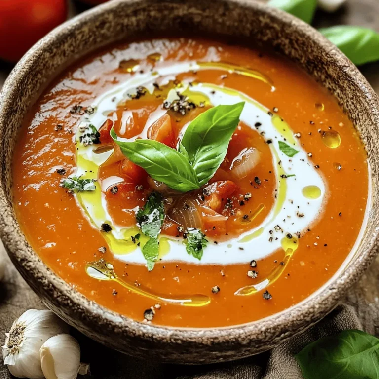 Um eine leckere geröstete Tomatensuppe zu machen, brauchst du die folgenden Zutaten: - 900 g reife Roma-Tomaten, geviertelt - 1 große Zwiebel, grob gehackt - 4 Knoblauchzehen, ungeschält - 3 Esslöffel Olivenöl - Salz und Pfeffer nach Geschmack - 1 Teelöffel geräuchertes Paprikapulver - 1 Teelöffel getrocknetes Basilikum - 1 Liter Gemüsebrühe - 1 Esslöffel Balsamico-Essig Diese Zutaten geben deiner Suppe eine tolle Basis. Die Roma-Tomaten sind süß und saftig. Sie sind perfekt für das Rösten. Die Zwiebel und der Knoblauch fügen viel Geschmack hinzu. Wenn du eine cremige Suppe magst, füge Folgendes hinzu: - 240 ml Sahne oder eine pflanzliche Alternative Die Sahne macht die Suppe reichhaltig und glatt. Du kannst auch eine pflanzliche Milch verwenden, um es vegan zu halten. Tomaten sind der Star dieser Suppe. Hier sind einige Tipps zur Auswahl: - Wähle reife und feste Tomaten. - Achte auf eine leuchtend rote Farbe. - Vermeide Tomaten mit Druckstellen oder Flecken. Je besser die Tomaten, desto besser die Suppe. Frische Tomaten schmecken einfach besser. Wenn du keine frischen Tomaten findest, kannst du auch gute Dosentomaten verwenden. Das ist eine tolle Alternative. Für das gesamte Rezept schaue bitte hier: [Full Recipe]. Heize deinen Ofen auf 200°C vor. Das ist wichtig, um die Tomaten richtig zu rösten. Während der Ofen sich erwärmt, bereite die Zutaten vor. Du brauchst 900 g reife Roma-Tomaten. Schneide sie in Viertel. Nehme eine große Zwiebel und hacke sie grob. Füge vier ungeschälte Knoblauchzehen hinzu. Diese werden später viel Geschmack geben. Verteile die Tomaten und die Zwiebel gleichmäßig auf einem großen Backblech. Lege die ungeschälten Knoblauchzehen dazu. Träufle 3 Esslöffel Olivenöl über das Gemüse. Würze das Ganze mit Salz, Pfeffer, 1 Teelöffel geräuchertem Paprikapulver und 1 Teelöffel getrocknetem Basilikum. Röste das Gemüse im Ofen für 30 bis 35 Minuten. Rühre einmal um. Wenn die Tomaten karamellisiert und weich sind, nimm das Blech aus dem Ofen. Lass es etwas abkühlen. Presse nun den gerösteten Knoblauch aus der Schale in einen Mixer oder großen Topf. Füge die gerösteten Tomaten und die Zwiebel hinzu. Dazu kommt 1 Liter Gemüsebrühe und 1 Esslöffel Balsamico-Essig. Mixe alles, bis die Mischung glatt ist. Wenn du einen Topf verwendest, kannst du einen Pürierstab nehmen. Gib die pürierte Mischung zurück in den Topf. Lass sie bei mittlerer Hitze für etwa 10 Minuten köcheln. Wenn du magst, rühre 240 ml Sahne ein. Damit wird die Suppe schön cremig. Lass die Suppe für fünf Minuten weiterköcheln. Schmecke sie ab und serviere sie heiß mit frischen Basilikumblättern. Für das vollständige Rezept schaue auf die angegebene Seite. Um die ideale Konsistenz zu erreichen, püriere die Suppe gut. Wenn du eine glatte Suppe magst, nutze einen Mixer. Für eine rustikalere Textur kann ein Pürierstab genügen. Achte darauf, dass die Suppe beim Köcheln nicht zu dick wird. Wenn sie zu dick ist, füge einfach etwas Gemüsebrühe hinzu. So bleibt die Suppe schön flüssig und leicht. Gewürze machen den Unterschied. Verwende frisch gemahlenen Pfeffer, um den Geschmack zu verbessern. Geräuchertes Paprikapulver gibt der Suppe eine besondere Note. Frische Kräuter wie Basilikum oder Thymian bringen mehr Aroma. Zum Schluss kannst du einen Spritzer Balsamico-Essig hinzufügen. Das rundet den Geschmack ab und bringt die Süße der Tomaten hervor. Ein häufiger Fehler ist, die Tomaten nicht gut zu rösten. Achte darauf, dass sie schön karamellisieren. Das gibt der Suppe Tiefe. Ein anderer Fehler ist zu wenig Salz. Salz hebt die Aromen hervor. Probiere die Suppe während des Kochens und passe die Gewürze an. So bleibt das Gericht ausgewogen und lecker. {{image_4}} Um die Suppe vegan zu machen, lasse die Sahne weg. Stattdessen kannst du Kokosmilch verwenden. Sie gibt der Suppe eine cremige Textur und einen tollen Geschmack. Du kannst auch mehr frisches Gemüse hinzufügen, wie Karotten oder Sellerie. Das gibt dir noch mehr Nährstoffe und Geschmack. Um die Aromen zu verstärken, füge etwas frischen Koriander oder Thymian hinzu. Ein Spritzer Zitronensaft hebt den Geschmack. Du kannst auch geröstete Paprika oder eine Prise Chili für eine scharfe Note verwenden. Experimentiere mit verschiedenen Kräutern, um deine eigene Note zu finden. Die Suppe schmeckt toll mit geröstetem Brot oder einem frischen Baguette. Ein einfacher grüner Salat passt ebenfalls gut dazu. Für einen herzhaften Snack kannst du Käse-Cracker oder Knoblauchbrot servieren. Diese Beilagen machen die Mahlzeit noch köstlicher und sättigender. Um die Suppe frisch zu halten, fülle sie in einen luftdichten Behälter. Lass die Suppe auf Raumtemperatur abkühlen, bevor du sie in den Kühlschrank stellst. So vermeidest du Kondenswasser. Achte darauf, dass der Behälter nicht zu voll ist. Ein wenig Platz oben hilft der Suppe, sich auszudehnen. Wenn du die Suppe aufwärmen möchtest, benutze einen Topf oder die Mikrowelle. Wenn du einen Topf verwendest, erhitze die Suppe bei mittlerer Hitze. Rühre oft, damit sie gleichmäßig warm wird. In der Mikrowelle, erwärme sie in kurzen Intervallen. Rühre nach jedem Intervall, um ein Anbrennen zu vermeiden. Im Kühlschrank hält sich die Suppe etwa 3 bis 5 Tage. Wenn du sie länger aufbewahren möchtest, friere sie ein. In einem luftdichten Behälter bleibt die Suppe bis zu 3 Monate frisch im Gefrierschrank. Vergiss nicht, das Datum auf den Behälter zu schreiben. So weißt du immer, wie lange sie schon drin ist. Du kannst die Suppe gesünder machen, indem du mehr Gemüse hinzufügst. Zum Beispiel, füge Karotten oder Sellerie hinzu. Diese Gemüsesorten sind nahrhaft und lecker. Du kannst auch die Sahne weglassen oder durch eine pflanzliche Alternative ersetzen. Verwende frische Kräuter, um den Geschmack zu verbessern, ohne viel Salz hinzuzufügen. Die besten Beilagen für geröstete Tomatensuppe sind knuspriges Brot oder ein einfacher Salat. Ein gegrillter Käse macht die Suppe noch besser. Du kannst auch Croutons oder geröstete Kichererbsen darüber streuen. Diese Beilagen ergänzen die Suppe und machen sie zu einer vollständigen Mahlzeit. Die Suppe hält sich etwa 3 bis 5 Tage im Kühlschrank. Stelle sicher, dass du sie in einem luftdichten Behälter aufbewahrst. Wenn du die Suppe länger aufbewahren möchtest, friere sie besser ein. So bleibt der Geschmack frisch und lecker. Ja, du kannst Tomaten aus der Dose verwenden. Achte darauf, dass sie ganz oder gehackt sind. Die Konsistenz wird etwas anders, aber der Geschmack bleibt gut. Tomaten aus der Dose sind eine gute Option, wenn frische Tomaten nicht verfügbar sind. Ja, die Suppe ist gefriergeeignet. Lass sie zuerst abkühlen, bevor du sie in Behälter füllst. Du kannst sie bis zu 6 Monate im Gefrierfach aufbewahren. Achte darauf, die Suppe gut zu beschriften, damit du weißt, wann du sie gemacht hast. In diesem Blogbeitrag haben wir die Hauptzutaten für geröstete Tomatensuppe besprochen. Die Schritt-für-Schritt-Anleitung macht es einfach, die Suppe herzuzubereiten. Tipps helfen, die perfekte Konsistenz zu finden. Sie können auch Variationen und Beilagen erkunden. Für die beste Erfahrung probieren Sie verschiedene Tomaten und Gewürze aus. Bewahren Sie die Suppe richtig auf, um sie länger frisch zu halten. So genießen Sie die Suppe immer wieder.