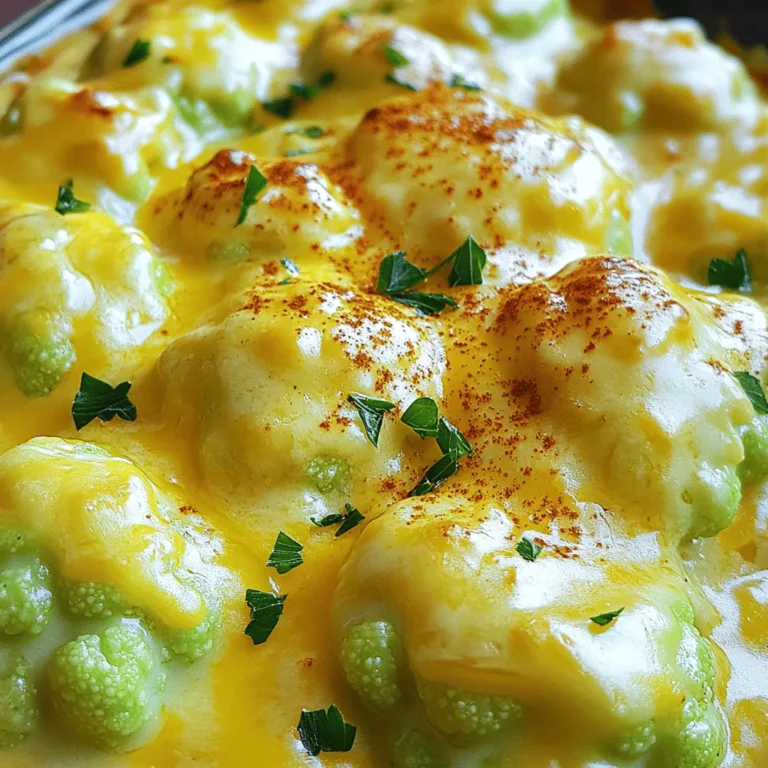 - 1 große Blumenkohlkopf, in Röschen zerteilt - 2 Tassen geriebener scharfer Cheddar-Käse - 1 Tasse geriebener Parmesan-Käse - 2 Tassen Schlagsahne - 3 Esslöffel ungesalzene Butter - 3 Esslöffel Allzweckmehl - 1 Teelöffel Knoblauchpulver - 1 Teelöffel Zwiebelpulver - Salz, Pfeffer, Paprika und frische Petersilie Die Zutaten sind die Basis für einen leckeren Cheesy Cauliflower Au Gratin. Blumenkohl bringt einen tollen Geschmack und die Cremigkeit der Käse-Sauce macht das Gericht besonders. Ich empfehle, frischen Blumenkohl zu verwenden. Er hat mehr Geschmack und eine bessere Textur. Der scharfe Cheddar-Käse gibt dem Gericht eine schöne Würze. Parmesan fügt einen feinen, nussigen Geschmack hinzu. Die Schlagsahne macht die Sauce reichhaltig. Butter und Mehl sind wichtig für die Konsistenz der Sauce. Für mehr Geschmack nutzen wir Gewürze wie Knoblauchpulver und Zwiebelpulver. Diese passen perfekt zu Blumenkohl. Salz, Pfeffer und Paprika geben dem Gericht den letzten Schliff. Frische Petersilie sorgt für einen schönen Farbkontrast und zusätzlichen Geschmack. Wenn du alle Zutaten bereit hast, bist du bereit für den nächsten Schritt. Folge dem [Full Recipe] für die Zubereitung und genieße dein köstliches Gericht! - Heize den Ofen auf 190°C (375°F) vor. - Koche die Blumenkohlröschen 3-4 Minuten und gieße sie dann ab. Das Vorheizen des Ofens ist wichtig. So wird der Auflauf gleichmäßig gar. Wenn du den Blumenkohl blanchierst, wird er zart und behält seinen Biss. Das macht den Auflauf lecker und die Textur perfekt. - Butter schmelzen und Mehl einrühren. - Schlagsahne langsam hinzufügen und eindicken lassen. Beginne mit der Butter in einem Topf. Lass sie bei mittlerer Hitze schmelzen. Füge das Mehl hinzu und rühre gut um. Dies hilft, Klumpen zu vermeiden. Die Schlagsahne kommt nun langsam dazu. Rühre ständig, bis die Sauce dick wird. - Blumenkohl in die Auflaufform geben und mit Käse Sauce übergießen. - Mit Parmesan bestreuen und 25-30 Minuten backen. Gib den Blumenkohl in eine gefettete Form. Gieße die Käse Sauce gleichmäßig darüber. Das sorgt für einen guten Geschmack. Bestreue alles mit Parmesan. Backe den Auflauf im Ofen für 25-30 Minuten. Die Oberseite sollte goldbraun und sprudelnd sein. Für das vollständige Rezept, klicke auf [Full Recipe]. Um eine tolle Käse Sauce zu machen, achte auf das richtige Verhältnis von Schlagsahne zu Mehl. Für eine cremige Sauce verwende zwei Tassen Schlagsahne und drei Esslöffel Mehl. Das hilft, eine glatte und dicke Sauce zu erreichen. Beim Mischen, rühre die Schlagsahne langsam ein, um Klumpen zu vermeiden. Wenn die Sauce Klumpen hat, benutze einen Schneebesen, um sie gut zu vermischen. Die Blanchierzeit ist wichtig für die gewünschte Knackigkeit des Blumenkohls. Koche die Röschen drei bis vier Minuten in gesalzenem Wasser. So bleiben sie zart, aber knackig. Nach dem Blanchieren, gieße das Wasser ab und schrecke den Blumenkohl mit kaltem Wasser ab. Dies stoppt den Kochprozess und hilft, die Textur zu bewahren. Eine alte Technik zur Überprüfung der Backzeit ist, die Oberseite des Auflaufs zu beobachten. Wenn die Oberfläche goldbraun und sprudelnd ist, ist das Gericht fertig. Lass den Auflauf nach dem Backen ein paar Minuten abkühlen. So setzt sich die Käse Sauce und der Auflauf lässt sich besser schneiden. Wenn du ihn zu heiß servierst, könnte er auseinanderfallen. Folge diesem Tipp, um beim Servieren eine schöne Präsentation zu erzielen. Für das vollständige Rezept, schau dir die [Full Recipe] an. {{image_4}} Eine mediterrane Variante macht dein Gericht bunter und leckerer. Du kannst einfach Oliven und getrocknete Tomaten hinzufügen. Diese Zutaten bringen einen tollen Geschmack und eine besondere Note. Die salzigen Oliven passen gut zum Blumenkohl. Die getrockneten Tomaten geben eine süße Tiefe. Mische sie in die Käse Sauce oder streue sie über den Auflauf, bevor du ihn backst. Diese Ergänzungen machen das Gericht zu einem echten Highlight. Für eine vegane Anpassung kannst du ganz einfach veganen Käse und pflanzliche Sahne verwenden. Dieser Austausch sorgt für die gleiche cremige Textur. Der Geschmack bleibt trotzdem gut. Achte darauf, dass der vegane Käse gut schmilzt. Dies ist wichtig für die richtige Konsistenz. Du kannst auch Nüsse oder Hefeflocken für den Käsegeschmack nutzen. Das macht das Gericht nahrhaft und lecker, ohne tierische Produkte. Wenn du es scharf magst, probiere die würzige Version. Füge Chilipulver oder frische Jalapeños hinzu. Diese Zutaten bringen mehr Hitze und Geschmack. Mische sie in die Käse Sauce für einen gleichmäßigen Kick. Du kannst auch die Menge nach deinem Geschmack anpassen. So kannst du sicherstellen, dass es genau richtig für dich ist. Diese Version ist perfekt für alle, die ein bisschen Abenteuer in ihrem Essen mögen. Bewahre die Reste in luftdichten Behältern auf. So bleibt der Auflauf frisch. Ich empfehle, die Reste innerhalb von drei Tagen zu essen. Wenn du den Auflauf in Portionen teilst, kannst du ihn besser aufbrauchen. Um den Auflauf einzufrieren, lass ihn zuerst abkühlen. Fülle ihn dann in gefriergeeignete Behälter. Achte darauf, etwas Platz zu lassen, da sich der Auflauf ausdehnt. Zum Auftauen legst du den Behälter einfach in den Kühlschrank. Das dauert einige Stunden oder über Nacht. Danach kannst du ihn im Ofen bei 180°C (350°F) aufwärmen. Im Kühlschrank hält sich der Auflauf etwa drei bis fünf Tage. Im Gefrierschrank bleibt er bis zu drei Monate frisch. Achte darauf, das Datum auf dem Behälter zu notieren. So behältst du den Überblick über die Haltbarkeit. Ja, frischer Blumenkohl ist ideal für dieses Rezept. Er sorgt für einen tollen Geschmack und eine gute Textur. Achte darauf, die Röschen gleichmäßig zu schneiden. So garen sie gleichmäßig und behalten ihren Biss. Frischer Blumenkohl hat auch mehr Nährstoffe. Du kannst ihn einfach im Supermarkt oder auf dem Markt kaufen. Um die Stücke gleichmäßig zu blanchieren, schneide den Blumenkohl in gleich große Röschen. Die Röschen sollten etwa die gleiche Größe haben, damit sie gleichmäßig garen. Blanchiere sie in kochendem, gesalzenem Wasser für 3-4 Minuten. Überprüfe die Konsistenz: Sie sollten weich, aber noch knackig sein. Achte darauf, sie nach dem Blanchieren gut abtropfen zu lassen. Ja, du kannst den Auflauf an verschiedene Diäten anpassen. Zum Beispiel kannst du glutenfreies Mehl verwenden. Wenn du eine vegane Variante möchtest, ersetze die Sahne durch pflanzliche Alternativen und den Käse durch veganen Käse. Du kannst auch andere Gemüsesorten hinzufügen, wie Brokkoli oder Spinat. Damit bleibt dein Auflauf lecker und gesund. Dieser Blogpost erklärt, wie man einen köstlichen Blumenkohl Auflauf zubereitet. Wir haben die Hauptzutaten wie Blumenkohl, Cheddar und Parmesan besprochen. Die Schritt-für-Schritt-Anleitung macht die Zubereitung einfach. Außerdem gab es hilfreiche Tipps, um die perfekte Käse Sauce zu erzielen. Variationen wie die mediterrane und vegane Version bringen neue Geschmäcker. Nutzen Sie die Aufbewahrungshinweise für frische Reste. Experimentieren Sie und passen Sie das Rezept an Ihren Geschmack an. Guten Appetit!