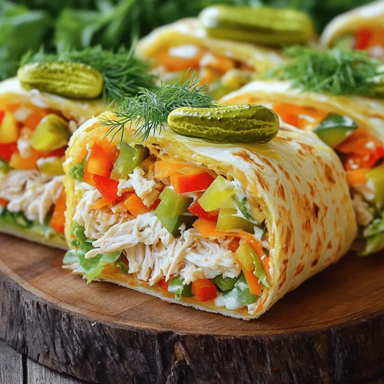 - 2 Tassen gekochtes Hähnchen, zerrupft oder gewürfelt - 1/2 Tasse Ranch-Dressing - 1/3 Tasse Dill, fein gehackt In diesem Rezept sind die Hauptzutaten einfach und lecker. Das Hähnchen macht die Wraps saftig und gesund. Ranch-Dressing fügt einen tollen Geschmack hinzu. Dill bringt frische Noten in die Mischung. Kombiniere alles in einer großen Schüssel. Rühre gut um, bis das Hähnchen gleichmäßig bedeckt ist. - 1 Tasse gemischte Paprika, in Streifen geschnitten (rot, grün, gelb) - 1 Tasse Kopfsalat, zerrissen - 1/2 Tasse geriebene Karotten - 4 große Tortillas (Mehl oder Vollkorn) Die Gemüsewahl ist wichtig. Bunte Paprika sorgen für Farbe und Crunch. Der zerrissene Kopfsalat bringt Frische. Karotten fügen eine süße Note hinzu. Du kannst jede Tortilla verwenden, die du magst. Mehl oder Vollkorn funktionieren gut. - Salz und Pfeffer nach Geschmack - Optional: frischer Dill oder Petersilie zum Garnieren Würze die Mischung nach deinem Geschmack. Salz und Pfeffer machen viel aus. Du kannst auch frischen Dill oder Petersilie verwenden. Diese Kräuter geben den Wraps eine schöne Note. Garnieren macht das Gericht noch einladender. Für das vollständige Rezept schau dir die Vollständige Rezeptanleitung an. In einer großen Schüssel vermenge ich das zerrupfte Hähnchen mit dem Ranch-Dressing. Ich füge die fein gehackten Essiggurken hinzu und rühre gut um. Es ist wichtig, dass das Hähnchen gleichmäßig mit der Dressing-Mischung überzogen ist. So bekommt jeder Biss den vollen Geschmack. In einer separaten Schüssel kombiniere ich die geschnittenen Paprika, den zerrissenen Kopfsalat und die geriebenen Karotten. Ich rühre sanft um, um die Zutaten gleichmäßig zu verteilen. Die bunten Farben der Paprika machen das Gericht noch ansprechender. Ich lege eine Tortilla flach auf eine saubere Oberfläche. Dann verteile ich eine großzügige Menge der Hähnchen- und Essiggurkenmischung entlang der Mitte der Tortilla. Danach belege ich die Mischung mit einer Portion der Gemüse-Mischung. Ich gebe eine Prise Salz und Pfeffer für den Geschmack dazu. Um die Füllung zu sichern, falte ich die Seiten der Tortilla und rolle sie fest von unten auf. Ich erhitze eine Pfanne bei mittlerer Hitze. Jede Wrap röste ich 2-3 Minuten auf jeder Seite, bis sie goldbraun sind. Das Rösten macht die Wraps knusprig und lecker. Nach dem Rösten nehme ich sie aus der Pfanne, halbiere sie und richte sie auf einem Servierteller an. So kann ich die Wraps schön präsentieren. Für das vollständige Rezept schaue dir bitte [Full Recipe] an. Achten Sie darauf, die Tortilla nicht zu überladen, um ein Auslaufen zu vermeiden. Wenn Sie zu viel Füllung hineinlegen, wird das Wickeln schwer. Das kann dazu führen, dass die Füllung herausfällt. Beginnen Sie mit einer kleinen Menge Hähnchen und Gemüse. So bleibt alles schön eingewickelt. Verwenden Sie eine Pfanne mit Antihaftbeschichtung für eine gleichmäßige Bräunung. Diese Pfannen helfen, die Wraps knusprig zu machen, ohne dass sie kleben bleiben. Stellen Sie sicher, dass die Pfanne heiß genug ist, bevor Sie die Wraps hineingeben. So erhalten Sie eine schöne goldbraune Farbe. Servieren Sie die Wraps mit extra Ranch-Dressing zum Dippen. Das gibt jedem Bissen zusätzlichen Geschmack. Sie können auch frische Kräuter wie Dill oder Petersilie hinzufügen. Diese kleinen Extras machen die Wraps noch besser. Genießen Sie die Mischung aus frischen Aromen und crunchiger Textur. {{image_4}} Für diese Wraps können Sie kreativ sein. Anstelle von Hähnchen probieren Sie Putenfleisch. Putenfleisch ist mager und hat einen milden Geschmack. Wenn Sie eine vegetarische Option suchen, verwenden Sie Kichererbsen. Diese sind reich an Protein und Ballaststoffen. Sie geben den Wraps eine tolle Textur. Die Auswahl an Gemüse ist fast unbegrenzt. Experimentieren Sie mit Avocado für eine cremige Note. Avocado ist gesund und lecker. Gurken sind frisch und knackig. Sie bringen einen tollen Crunch in den Wrap. Fühlen Sie sich frei, Ihr Lieblingsgemüse hinzuzufügen. So gestalten Sie jeden Wrap einzigartig. Um den Wraps mehr Geschmack zu verleihen, fügen Sie Gewürze hinzu. Paprika bringt eine süße und rauchige Note. Kreuzkümmel gibt einen warmen, erdigen Geschmack. Diese Gewürze machen die Wraps noch schmackhafter. Seien Sie mutig und probieren Sie neue Kombinationen aus. Jeder Biss wird ein Genuss! Wenn du Wraps nicht sofort isst, lege sie in einen luftdichten Behälter. Das hält sie frisch. Stelle sicher, dass der Behälter gut verschlossen ist. So bleibt der Geschmack erhalten. Wraps sind im Kühlschrank 2-3 Tage frisch. Nach dieser Zeit können sie trocken oder schal werden. Achte darauf, sie rechtzeitig zu essen. Wenn du viele Wraps machst, kannst du sie einfrieren. Wickele die ungekochten Wraps in Frischhaltefolie. So bleiben sie länger haltbar. Wenn du bereit bist zu essen, tau die Wraps einfach auf und koche sie. So hast du immer eine schnelle Mahlzeit bereit. Die Zubereitung dauert nur 15 Minuten. Wenn man das Rösten der Wraps hinzufügt, beträgt die Gesamtzeit 25 Minuten. So schnell kannst du ein köstliches Gericht zaubern! Ja, du kannst die Wraps im Voraus machen. Das spart Zeit, besonders an hektischen Tagen. Bereite die Mischung vor und lagere sie im Kühlschrank. Fülle die Wraps dann kurz vor dem Servieren. Auf jeden Fall! Du kannst die Zutaten ganz nach deinem Geschmack ändern. Nutze dein Lieblingsgemüse oder wähle andere Gewürze. So wird jeder Wrap einzigartig und lecker. In diesem Blogbeitrag haben wir die Schritte zur Zubereitung von Pickle Ranch Chicken and Veggie Wraps erläutert. Die Hauptzutaten wie Hähnchen, Gemüse und Tortillas stehen im Mittelpunkt. Wir haben nützliche Tipps zur perfekten Zubereitung und Variationen der Zutaten gegeben. In den FAQs haben wir häufige Fragen zum Rezept beantwortet. Wraps bieten nicht nur schnelle, gesunde Mahlzeiten, sondern auch viel Raum für Kreativität. Probieren Sie verschiedene Zutaten und genießen Sie Ihre Kreationen!