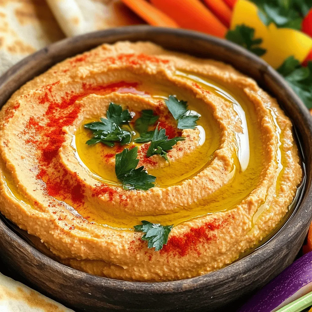 - Kichererbsen - Rote Paprika - Tahini - Zitronensaft - Knoblauch - Olivenöl - Gewürze Für das Rezept brauchst du eine Dose Kichererbsen. Diese wiegt etwa 450 g. Du kannst auch frische Kichererbsen verwenden, aber das erfordert mehr Zeit. Die rote Paprika sollte groß sein. Du kannst sie frisch kaufen oder im Glas finden. Tipps zur Auswahl der besten Zutaten: - Wähle Kichererbsen ohne Zusatzstoffe. Das macht den Hummus gesünder. - Achte darauf, dass die rote Paprika frisch aussieht. Sie sollte fest und glänzend sein. - Bei Tahini, achte auf eine gute Qualität. Es sollte aus 100 % Sesamsamen bestehen. - Frischer Zitronensaft ist wichtig. Er gibt dem Hummus einen tollen Geschmack. Qualitätsmerkmale beachten: - Die Kichererbsen sollten ganz und nicht zerdrückt sein. - Rote Paprika sollten keine braunen Stellen haben. - Achte darauf, dass das Olivenöl nativ und extra vergine ist. Das sorgt für eine bessere Note im Hummus. Dieses Rezept ist einfach und schnell. Du kannst es für Partys oder kleine Snacks zubereiten. Wenn du mehr Details brauchst, schau dir das Full Recipe an. Um die Paprika zu rösten, lege sie auf den Grill oder unter den Grill im Ofen. Röste sie, bis die Haut schwarz ist. Du wirst sehen, wie die Haut blubbert und sich löst. Dies dauert etwa 15 Minuten. Danach lege die Paprika in eine Schüssel und decke sie mit Frischhaltefolie ab. Lass sie für zehn Minuten dampfen. Dies macht das Schälen viel leichter. Wenn du die Paprika nach dem Dämpfen schälst, ziehe die Haut einfach ab. Entferne auch die Kerne. Jetzt hast du perfekt geröstete Paprika für deinen Hummus. Für die Mischung verwende eine Küchenmaschine. Diese macht die Arbeit einfach und schnell. Gib zuerst die abgetropften Kichererbsen in die Maschine. Danach füge die geröstete Paprika, das Tahini, den Zitronensaft, den gehackten Knoblauch und das Olivenöl hinzu. Füge auch den gemahlenen Kreuzkümmel hinzu. Die Reihenfolge ist wichtig, damit alles gut vermischt wird. Schließe die Küchenmaschine und starte sie. Lass sie arbeiten, bis alles gut vermischt ist. Die Konsistenz deines Hummus sollte glatt und cremig sein. Püriere die Mischung, bis sie diese Konsistenz erreicht. Wenn der Hummus zu dick ist, füge einen Esslöffel Wasser oder mehr Olivenöl hinzu. Jetzt kommt der spannende Teil: das Abschmecken. Probiere den Hummus und füge Salz und Pfeffer nach deinem Geschmack hinzu. Püriere kurz, um die Gewürze zu vermischen. So erhältst du den perfekten Hummus für dein Gericht. Wenn du mehr über die vollständige Zubereitung erfahren möchtest, schau dir das Full Recipe an. Um den Hummus perfekt zu machen, achte auf die Konsistenz. Du willst einen glatten, cremigen Hummus. Wenn deine Mischung zu dick ist, füge einen Esslöffel Wasser oder Olivenöl hinzu. Dies hilft, die Textur zu verbessern. Mixe noch einmal, bis sie glatt ist. Für eine noch cremigere Note kannst du die Kichererbsen vorher schälen. Das klingt schwer, ist aber einfach. Weiche die Kichererbsen über Nacht ein. Koche sie dann und lass sie etwas abkühlen. Entferne die Häutchen, indem du sie zwischen deinen Händen reibst. Dies sorgt für eine extrem feine Textur. Beim Servieren ist die Präsentation wichtig. Du kannst den Hummus in einer schönen Schüssel anrichten. Beträufle ihn mit Olivenöl für einen schönen Glanz. Serviere ihn mit warmem Pitabrot oder frischem Gemüse. Karotten, Gurken und Paprika sind tolle Beilagen. Eine coole Idee ist, den Hummus in einem kleinen Glas zu servieren. So wird er auf jeder Party zum Hingucker. Du kannst auch kleine Portionsschalen verwenden. So bleibt jeder Hummus frisch und lecker. Frische Kräuter bringen Farbe und Geschmack. Petersilie passt gut zum Hummus. Du kannst auch Minze oder Koriander verwenden. Die Kräuter sorgen für einen tollen Kontrast zur roten Paprika. Um optische Akzente zu setzen, streue Paprika oder Chiliflocken über den Hummus. Du kannst auch ganze Kichererbsen darauf legen. Das sieht nicht nur gut aus, sondern gibt auch eine schöne Textur. Experimentiere mit verschiedenen Garnierungen für deinen eigenen Stil. {{image_4}} Du kannst viele Zutaten für deinen Hummus anpassen. Wenn du eine vegane Option suchst, ist dieses Rezept perfekt. Alle Zutaten sind pflanzlich. Für glutenfreie Optionen sind keine Anpassungen nötig. Du kannst auch verschiedene Gewürze hinzufügen. Zum Beispiel, ein bisschen Paprika oder Kreuzkümmel kann den Geschmack verstärken. Gemüse wie Karotten oder Spinat geben dem Hummus eine neue Note. Experimentiere mit verschiedenen Gemüsesorten. Probier zum Beispiel Zucchini oder Auberginen. Diese können geröstet und in den Hummus gegeben werden. Du kannst auch mit Kräutern wie Basilikum oder Koriander spielen. Sie verleihen dem Hummus frische Aromen. Eine Gewürzbasis aus Chili oder Harissa bringt den Hummus auf die nächste Stufe. So wird dein Hummus immer wieder spannend. Füge mediterrane oder asiatische Zutaten hinzu, um deinen Hummus zu verfeinern. Oliven, Feta oder getrocknete Tomaten aus dem Mittelmeerraum sind großartige Ergänzungen. Für asiatische Einflüsse kannst du Sesamöl oder Sojasauce verwenden. Diese Zutaten machen den Hummus besonders und anders. Fusion-Rezepte sind eine tolle Möglichkeit, neue Geschmäcker zu entdecken. Sie bringen die Küche der ganzen Welt zusammen. - Bewahre Hummus in einem luftdichten Behälter auf. - Lagere ihn im Kühlschrank bei 4°C. - Verwende eine Schicht Olivenöl obenauf, um die Frische zu halten. - Achte auf Schimmel oder seltsamen Geruch, das sind Anzeichen von Verderb. - Hummus hält sich im Kühlschrank etwa 5 bis 7 Tage. - Du kannst Hummus auch einfrieren. - Fülle ihn in kleine Behälter, um ihn einfach portionieren zu können. - Zum Auftauen lege ihn einfach in den Kühlschrank über Nacht. - Nutze Reste als Dip für Gemüse oder Chips. - Du kannst Hummus auch als Aufstrich für Sandwiches verwenden. - Mische ihn in Salate für zusätzlichen Geschmack. - Verwende Hummus als Basis für Pasta-Saucen oder Wraps. Für das vollständige Rezept schaue dir die Anleitung unter Gerösteter Paprika-Hummus an. Hummus ist sehr gesund. Es enthält viele Nährstoffe. Kichererbsen sind reich an Eiweiß und Ballaststoffen. Sie helfen, das Gewicht zu halten. Tahini liefert gesunde Fette und Mineralien. Rote Paprika bringt wichtige Vitamine, besonders Vitamin C. Hummus unterstützt die Verdauung und stärkt das Immunsystem. Es ist eine großartige Snack-Option. Du kannst es mit Gemüse oder Brot genießen. Um deinen Hummus würziger zu machen, kannst du verschiedene Dinge ausprobieren. Füge mehr Knoblauch für einen schärferen Geschmack hinzu. Ein Spritzer Chiliöl oder Cayennepfeffer bringt Hitze. Auch geräucherte Paprika sorgt für ein tolles Aroma. Frische Kräuter wie Koriander oder Petersilie verleihen eine frische Note. Probiere verschiedene Gewürze aus, um deinen perfekten Geschmack zu finden. Ja, du kannst Kichererbsen selbst kochen! Beginne mit getrockneten Kichererbsen. Weiche sie über Nacht in Wasser ein. Am nächsten Tag koche sie in frischem Wasser. Koche sie bis sie weich sind, das dauert etwa 1 bis 2 Stunden. Du kannst auch einen Schnellkochtopf verwenden, um Zeit zu sparen. Selbstgekochte Kichererbsen sind frisch und voller Geschmack. Sie sind eine tolle Basis für Hummus. Geröstete rote Paprika findest du in vielen Supermärkten. Schau in der Nähe von Konserven oder internationalen Lebensmitteln. Du kannst auch frische rote Paprika rösten. Das geht einfach im Ofen oder auf dem Grill. In vielen Bioläden gibt es auch geröstete Paprika. Achte auf die Zutatenliste, um Zusatzstoffe zu vermeiden. Geröstete Paprika gibt deinem Hummus einen tollen Geschmack und Farbe. Um den perfekten Hummus zuzubereiten, wissen Sie nun, welche Zutaten nötig sind und wie man sie optimal zubereitet. Ich habe wichtige Tipps gegeben, um die Konsistenz und den Geschmack zu verfeinern. Variationen und kreative Ideen bringen Erfrischung in Ihre Gerichte. Denken Sie daran, Hummus lässt sich gut lagern und anpassen. Genießen Sie die gesunde Kost und experimentieren Sie mit neuen Geschmäckern. Hummus ist vielseitig. Lassen Sie Ihrer Kreativität freien Lauf. Kochen macht Spaß und bringt Freude!