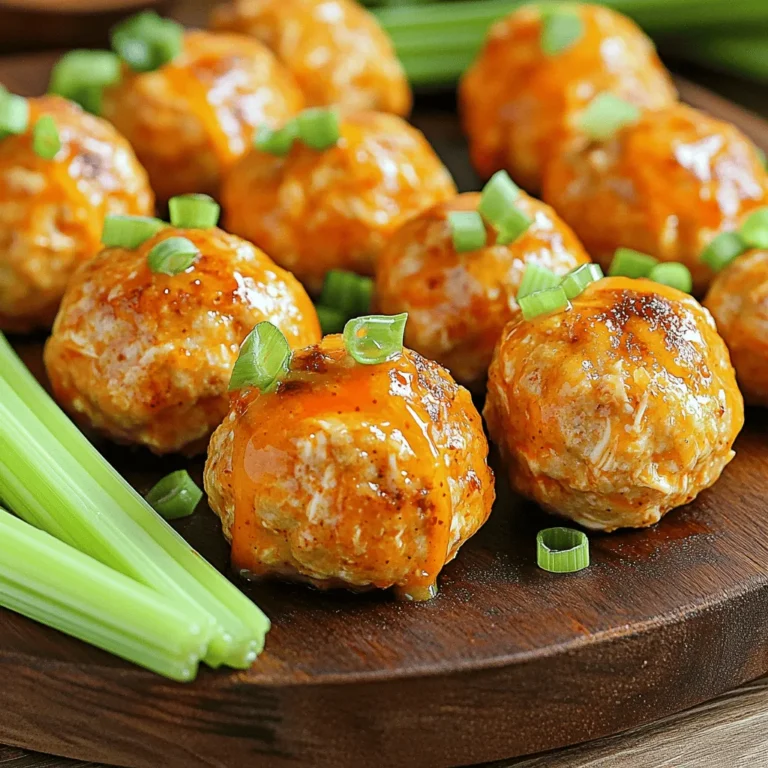 Für die Baked Buffalo Chicken Meatballs brauchen Sie: - 450 g gemahlenes Hähnchen - 125 ml Semmelbrösel (idealerweise Vollkorn) - 30 g geriebener Parmesan - 30 g fein gehackte Frühlingszwiebeln - 1 großes Ei - 60 ml Buffalo-Sauce (plus extra zum Beträufeln) - 1 Teelöffel Knoblauchpulver - 1 Teelöffel Zwiebelpulver - Salz und Pfeffer nach Geschmack - Kochspray Diese Zutaten machen die Bällchen saftig und würzig. Das gemahlene Hähnchen gibt den Bällchen eine tolle Textur. Die Semmelbrösel sorgen für Bindung. Parmesan fügt einen herzhaften Geschmack hinzu. Sie können einige Zutaten ändern, um neue Geschmäcker zu entdecken. Hier sind ein paar Ideen: - Fügen Sie 1 Teelöffel Paprika für mehr Würze hinzu. - Verwenden Sie statt Frühlingszwiebeln fein gehackte Zwiebeln. - Ersetzen Sie Buffalo-Sauce durch BBQ-Sauce, wenn Sie es süßer mögen. - Geben Sie 1 Teelöffel Worcestersauce für einen tiefen Geschmack hinzu. Diese Variationen machen das Rezept noch spannender und anpassbar. Wenn Sie spezielle Diäten haben, können Sie die Bällchen trotzdem genießen. Hier einige Alternativen: - Für glutenfreie Optionen nutzen Sie glutenfreie Semmelbrösel. - Für eine kalorienärmere Variante verwenden Sie mageres Hähnchen oder Putenhackfleisch. - Vegane Optionen sind möglich mit pflanzlichem Hack oder Kichererbsen. Diese Anpassungen helfen, das Gericht für jeden schmackhaft zu machen. Wenn Sie mehr wissen möchten, schauen Sie sich das vollständige Rezept an. Zuerst sammeln wir alle Zutaten. Es ist wichtig, alles bereit zu haben. Hier sind die Zutaten, die Sie brauchen: - 450 g gemahlenes Hähnchen - 125 ml Semmelbrösel (idealerweise Vollkorn) - 30 g geriebener Parmesan - 30 g fein gehackte Frühlingszwiebeln - 1 großes Ei - 60 ml Buffalo-Sauce (plus extra zum Beträufeln) - 1 Teelöffel Knoblauchpulver - 1 Teelöffel Zwiebelpulver - Salz und Pfeffer nach Geschmack - Kochspray Stellen Sie sicher, dass Sie alles abgemessen haben, bevor Sie starten. Beginnen Sie damit, den Ofen auf 200°C (400°F) vorzuheizen. Legen Sie ein Backblech mit Backpapier aus. Besprühen Sie es leicht mit Kochspray. In einer großen Schüssel kombinieren Sie das gemahlene Hähnchen, die Semmelbrösel, den Parmesan, die Frühlingszwiebeln, das Ei, die Buffalo-Sauce, das Knoblauchpulver, das Zwiebelpulver, sowie Salz und Pfeffer. Mischen Sie alles gut. Es sollte eine gleichmäßige Masse entstehen. Nehmen Sie dann etwas von der Mischung und formen Sie daraus etwa 2,5 cm große Bällchen. Legen Sie die Bällchen gleichmäßig auf das Backblech. Schieben Sie das Backblech in den vorgeheizten Ofen. Backen Sie die Fleischbällchen 20-25 Minuten. Sie sind fertig, wenn sie eine Innentemperatur von 74°C (165°F) erreichen. In den letzten 5 Minuten können Sie zusätzlich Buffalo-Sauce über die Bällchen träufeln. Das gibt extra Geschmack. Nehmen Sie die Bällchen aus dem Ofen und lassen Sie sie kurz abkühlen. Jetzt sind sie bereit zum Servieren! Um die perfekte Konsistenz zu erzielen, mischen Sie die Zutaten gut. Achten Sie darauf, dass das gemahlene Hähnchen nicht zu trocken ist. Zu viel Semmelbrösel macht die Bällchen brüchig. Ein Ei hilft, die Mischung zusammenzuhalten. Verwenden Sie auch eine gute Menge Buffalo-Sauce für Feuchtigkeit und Geschmack. Ein häufiger Fehler ist, die Bällchen zu groß zu machen. Halten Sie sie etwa 2,5 cm groß, damit sie gleichmäßig garen. Vermeiden Sie auch, die Mischung zu überarbeiten. Das kann die Bällchen hart machen. Prüfen Sie die Innentemperatur mit einem Thermometer. Sie sollten 74°C erreichen, um sicher zu sein. Experimentieren Sie mit verschiedenen Gewürzen. Fügen Sie Paprika oder Cayennepfeffer hinzu, um mehr Schärfe zu bekommen. Ein Spritzer Zitronensaft kann die Aromen aufhellen. Denken Sie daran, dass frische Kräuter wie Petersilie auch toll sind. So bleibt das Gericht frisch und lebendig. Sie können das vollständige Rezept für Baked Buffalo Chicken Meatballs hier finden. {{image_4}} Wenn Sie nach einer fleischlosen Option suchen, probieren Sie pflanzliche Fleischbällchen. Sie können eine Mischung aus Kichererbsen, Haferflocken und Gewürzen verwenden. Diese sorgen für einen herzhaften Geschmack. Eine andere gute Wahl sind Linsen. Diese sind reich an Protein und Ballaststoffen. Mischen Sie sie mit einem veganen Käseersatz und einer scharfen Sauce. So haben Sie die gleiche Würze wie bei den originalen Baked Buffalo Chicken Meatballs. Die Wahl der Soße kann den Geschmack Ihrer Fleischbällchen stark verändern. Neben der klassischen Buffalo-Sauce können Sie auch BBQ-Sauce nutzen. Diese gibt einen süßeren Geschmack. Sriracha-Sauce ist eine weitere tolle Option für mehr Schärfe. Wenn Sie es milder mögen, verwenden Sie Ranch-Dressing. Damit bringen Sie einen cremigen Kontrast in das Gericht. Experimentieren Sie mit verschiedenen Soßen, um Ihre eigene Lieblingsversion zu finden. Zu Baked Buffalo Chicken Meatballs passen viele Beilagen. Selleriestangen und Karotten sind frisch und knackig. Sie bieten einen tollen Kontrast zur Schärfe der Fleischbällchen. Ein einfacher grüner Salat mit einem leichten Dressing ist ebenfalls ideal. Wenn Sie es herzhaft mögen, servieren Sie die Fleischbällchen mit Kartoffelpüree oder Reis. Diese Beilagen nehmen die Schärfe auf und machen das Gericht vollwertiger. So wird jede Mahlzeit zu einem Erlebnis. Um die Baked Buffalo Chicken Meatballs frisch zu halten, lassen Sie sie zuerst abkühlen. Legen Sie die abgekühlten Fleischbällchen in einen luftdichten Behälter. Achten Sie darauf, dass der Behälter gut verschlossen ist. So halten die Fleischbällchen im Kühlschrank bis zu drei Tage. Wenn Sie Zeit sparen wollen, können Sie auch mehrere Portionen auf einmal machen. Wenn Sie die Fleischbällchen länger aufbewahren möchten, frieren Sie sie ein. Legen Sie die ungekochten Bällchen auf ein Backblech. Stellen Sie sicher, dass sie sich nicht berühren. Frieren Sie sie für zwei bis drei Stunden ein, bis sie fest sind. Dann können Sie die gefrorenen Bällchen in einen Gefrierbeutel umfüllen. So haben Sie immer einen leckeren Snack bereit. Eingefroren halten sie bis zu drei Monate. Um die Baked Buffalo Chicken Meatballs wieder aufzuwärmen, gibt es verschiedene Methoden. Die beste Methode ist das Backen im Ofen. Heizen Sie den Ofen auf 180°C vor. Legen Sie die Fleischbällchen auf ein Backblech und backen Sie sie für etwa 10 bis 15 Minuten. Sie können auch die Mikrowelle verwenden, aber die Bällchen werden dann nicht so knusprig. Einfach einige Minuten bei mittlerer Hitze erwärmen. Für zusätzlichen Geschmack, träufeln Sie etwas Buffalo-Sauce darüber. Baked Buffalo Chicken Meatballs halten sich im Kühlschrank drei bis vier Tage. Sie sollten sie in einem luftdichten Behälter aufbewahren. Wenn Sie die Fleischbällchen einfrieren, können sie bis zu drei Monate halten. Achten Sie darauf, sie gut einzupacken, um Gefrierbrand zu vermeiden. Ja, Sie können die Fleischbällchen im Voraus zubereiten. Formen Sie die Bällchen und lagern Sie sie im Kühlschrank. Kochen Sie sie dann, wenn Sie bereit sind zu essen. Sie können die Bällchen auch bereits gebacken aufbewahren und dann einfach aufwärmen. Zu Baked Buffalo Chicken Meatballs passen viele Beilagen. Hier sind einige meiner Favoriten: - Selleriestangen mit Ranch-Dip - Karottensticks - Pommes frites oder Süßkartoffelpommes - Ein frischer Salat Diese Beilagen bringen Frische und Crunch. Sie ergänzen den würzigen Geschmack der Fleischbällchen. Das vollständige Rezept für Baked Buffalo Chicken Meatballs finden Sie in der Rezeptsektion. Dort finden Sie alle Details zur Zubereitung und zusätzliche Tipps. Baked Buffalo Chicken Meatballs sind einfach zuzubereiten und voller Geschmack. Wir haben die Hauptzutaten, Tipps zur Zubereitung und Variationen behandelt. Du kannst die Fleischbällchen je nach Diät anpassen und sie leicht lagern. Denk daran, die richtige Konsistenz zu erreichen und gängige Fehler zu vermeiden. Mit den zusätzlichen Tipps wirst du garantiert ein Hit in der Küche. Probiere verschiedene Soßen und Beilagen aus, um Abwechslung reinzubringen. Genießen und experimentieren macht Spaß!