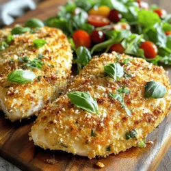 - 4 Hähnchenbrustfilets, ohne Haut und Knochen - 1 Tasse geriebener Parmesan-Käse - 1 Tasse Semmelbrösel (am besten Panko für zusätzlichen Crunch) - 1 Teelöffel Knoblauchpulver - 1 Teelöffel getrockneter Oregano - 1 Teelöffel getrocknetes Basilikum - 1 Teelöffel getrockneter Thymian - 1/2 Teelöffel Salz - 1/2 Teelöffel schwarzer Pfeffer - 2 Eier, verquirlt - 1/4 Tasse Weizenmehl - Olivenöl zum Beträufeln Die Hauptzutaten sind wichtig für den Geschmack. Die Hähnchenbrustfilets bieten eine saftige Basis. Der Parmesan-Käse sorgt für einen tollen, würzigen Geschmack. Die Semmelbrösel geben dem Gericht seine knusprige Textur. Gewürze wie Knoblauchpulver und Oregano bringen Aromen, die das Hähnchen aufpeppen. - Alternativen zu Parmesan: Sie können Pecorino oder Hefeflocken verwenden. - Zusätzliche Gewürze: Fügen Sie Paprika oder Cayennepfeffer für mehr Würze hinzu. Wenn Sie keinen Parmesan haben, probieren Sie Pecorino. Es hat einen ähnlichen Geschmack, jedoch mit einer anderen Note. Hefeflocken sind eine gute vegane Option. Sie geben einen käsigen Geschmack. - Salatideen: Grüner Salat mit einem leichten Dressing passt gut. - Gemüsevariationen: Gebratenes Gemüse oder gedämpfter Brokkoli ergänzen das Gericht perfekt. Ein frischer Salat bringt Farbe und Frische auf den Teller. Gebratenes Gemüse fügt Textur und Geschmack hinzu. Diese Beilagen machen Ihr Essen noch besser. Wenn Sie das Rezept ausprobieren möchten, finden Sie die vollständige Anleitung in der [Full Recipe]. Heize den Ofen auf 200°C vor. Das sorgt für eine gute Hitze. Lege ein Backblech mit Backpapier aus. So bleibt das Hähnchen nicht kleben. In einer flachen Schüssel mische die folgenden Zutaten für die Kruste: - 1 Tasse geriebener Parmesan-Käse - 1 Tasse Semmelbrösel - 1 Teelöffel Knoblauchpulver - 1 Teelöffel getrockneter Oregano - 1 Teelöffel getrocknetes Basilikum - 1 Teelöffel getrockneter Thymian - 1/2 Teelöffel Salz - 1/2 Teelöffel schwarzer Pfeffer Mische alles gut, damit die Aromen sich verbinden. Vorbereitung ist der Schlüssel. Nimm drei flache Schüsseln. Fülle die erste mit 1/4 Tasse Weizenmehl. In der zweiten Schüssel verquirle 2 Eier. Die dritte Schüssel enthält die Parmesan-Kräuter-Mischung. Nimm ein Hähnchenbrustfilet und wende es im Mehl. Klopfe überschüssiges Mehl ab. Tauche das Filet in die Eier. Lass überschüssiges Ei abtropfen. Jetzt kommt der beste Teil: drücke das Hähnchen in die Parmesan-Mischung. Achte darauf, dass die Kruste gut haftet. Wiederhole dies mit allen Hähnchenbrustfilets. Legen die panierten Hähnchenbrustfilets auf das Backblech. Beträufle sie leicht mit Olivenöl. Das hilft, eine knusprige Textur zu bekommen. Jetzt ist es Zeit für den Ofen. Backe die Hähnchenbrustfilets für 25-30 Minuten. Sie sind fertig, wenn sie goldbraun sind und die Innentemperatur 75°C erreicht. Lass das Hähnchen einige Minuten ruhen, bevor du es aufschneidest. So bleibt es zart und saftig. Für das komplette Rezept, schau dir die Details in der [Full Recipe] an. Um die perfekte Kruste zu bekommen, empfehle ich dir, Panko-Semmelbrösel zu verwenden. Diese kleinen, luftigen Brösel machen die Kruste knuspriger. Wenn du willst, kannst du das Hähnchen auch anbraten. Das gibt eine schöne goldene Farbe und zusätzlichen Crunch. Lass das Hähnchen nach dem Backen einige Minuten ruhen. So bleibt es zart und saftig. Überprüfe auch die Innentemperatur. Sie sollte 75 °C erreichen, um sicherzustellen, dass das Hähnchen gut durch ist. Wenn du vegane Alternativen suchst, kannst du das Hähnchen durch Tofu oder seitan ersetzen. Für glutenfreie Optionen nimm glutenfreie Semmelbrösel und Mehl. So kannst du das Rezept an deine Bedürfnisse anpassen. {{image_4}} Um dem Parmesan Herb Crusted Chicken einen neuen Geschmack zu geben, können Sie verschiedene Kräuter verwenden. Statt Oregano probieren Sie Rosmarin oder Estragon. Diese Kräuter bringen eine frische Note. Für einen scharfen Kick fügen Sie etwas Cayennepfeffer oder Chili-Flocken hinzu. Diese scharfen Gewürze machen Ihr Hähnchen aufregend und würzig. Ein Hähnchenbrustfilet muss nicht einfach sein. Sie können Füllungen verwenden. Zum Beispiel, fügen Sie eine Mischung aus Spinat und Ricotta hinzu. Dies macht das Gericht saftig und lecker. Eine andere Idee ist, eine Käsefüllung zu verwenden. Mozzarella oder Feta bringen einen tollen Geschmack. Kombinierte Rezepte können auch sehr kreativ sein. Wie wäre es mit einer Schicht Pesto unter der Kruste? Das Rezept lässt sich leicht anpassen. Eine mediterrane Version könnte getrocknete Tomaten und Oliven enthalten. Diese Zutaten geben dem Hähnchen einen intensiven Geschmack. Für eine asiatische Fusion fügen Sie Sojasauce und Ingwer hinzu. Diese Kombination bringt frische Aromen in Ihr Gericht. Probieren Sie verschiedene Ideen aus und entdecken Sie neue Lieblingsvarianten. Um übrig gebliebenes Hühnchen sicher zu lagern, lege es in einen luftdichten Behälter. Du kannst es im Kühlschrank aufbewahren. Es bleibt dort für bis zu drei Tage frisch. Wenn du es länger aufbewahren möchtest, nutze die Tiefkühloption. Wickele das Hühnchen gut in Frischhaltefolie ein. So bleibt es bis zu drei Monate haltbar. Die besten Methoden zum Wiedererhitzen sind der Ofen oder die Pfanne. Stelle den Ofen auf 180°C ein. Lege das Hühnchen auf ein Backblech und decke es mit Folie ab. So bleibt es saftig. In der Pfanne erhitze etwas Öl und brate das Hühnchen bei mittlerer Hitze. Achte darauf, es nicht zu lange zu erhitzen. Um die Knusprigkeit zu bewahren, lasse das Hühnchen unbedeckt im Ofen. So bleibt die Kruste schön knusprig. Wenn du es in der Pfanne erhitzt, wende es vorsichtig, um die Kruste nicht zu beschädigen. Im Kühlschrank bleibt das Hühnchen etwa drei Tage frisch. Achte darauf, es gut zu verpacken, um Gerüche zu vermeiden. Nach dieser Zeit kann die Qualität leiden. Wenn du das Hühnchen tiefkühlst, kann es bis zu drei Monate halten. Nach dem Auftauen solltest du es sofort verwenden. Vermeide, es mehrmals aufzutauen und wieder einzufrieren. Das Risiko von Bakterien erhöht sich. Achte immer auf das Aussehen und den Geruch des Hühnchens, bevor du es isst. Frisches Hühnchen hat keinen unangenehmen Geruch oder eine schleimige Textur. Die Zubereitung dauert nur 15 Minuten. Das Backen benötigt 25 bis 30 Minuten. Insgesamt sind es etwa 45 Minuten von Anfang bis Ende. Diese schnelle Zubereitungszeit macht das Rezept perfekt für ein schnelles Abendessen. Ja, du kannst die Kruste anpassen! Statt Parmesan kannst du auch anderen Käse verwenden, wie Mozzarella oder Gouda. Du kannst auch verschiedene Gewürze probieren. Füge Paprika oder Cayennepfeffer für eine scharfe Note hinzu. Sei kreativ, und finde deinen Lieblingsgeschmack! Um das Rezept glutenfrei zu machen, tausche die Semmelbrösel gegen glutenfreie Brösel aus. Auch das Mehl kann durch eine glutenfreie Variante ersetzt werden. So kannst du die knusprige Kruste genießen, ohne auf Gluten zu achten. Achte darauf, dass alle Zutaten glutenfrei sind. Die Innentemperatur des Hähnchens sollte 75°C erreichen. Verwende ein Fleischthermometer, um sicher zu sein. Wenn kein Thermometer vorhanden ist, schneide das Hähnchen auf. Der Saft sollte klar sein, nicht rosa. Dies zeigt, dass das Hähnchen gut durchgegart ist. Passende Beilagen sind ein frischer grüner Salat oder geröstetes Gemüse. Auch Kartoffelpüree oder Quinoa passen gut dazu. Diese Beilagen ergänzen das Hähnchen und sorgen für eine ausgewogene Mahlzeit. Probiere verschiedene Kombinationen, um deinen Favoriten zu finden. Ja, du kannst das Hähnchen im Voraus panieren. Lege die panierten Stücke in den Kühlschrank. So bleibt die Kruste frisch, und du kannst sie später backen. Du kannst auch die Gewürze und Brösel im Voraus mischen. So sparst du Zeit beim Kochen. Für das vollständige Rezept, schau dir die [Full Recipe] an. In diesem Beitrag haben wir die Zutaten und Zubereitung für Parmesan Herb Crusted Chicken behandelt. Du hast gelernt, welche Haupt- und optionale Zutaten du verwenden kannst. Außerdem gab es Tipps für perfekte Knusprigkeit und Variationen des Rezepts. Denke daran, die Garzeit genau zu beachten und die richtigen Beilagen zu wählen. Experimentiere mit verschiedenen Kräutern und Gewürzen, um dein Gericht zu variieren. So kreierst du ein leckeres, selbstgemachtes Essen, das du und deine Familie lieben werden.