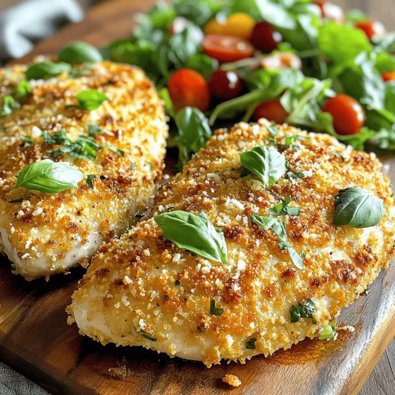 - 4 Hähnchenbrustfilets, ohne Haut und Knochen - 1 Tasse geriebener Parmesan-Käse - 1 Tasse Semmelbrösel (am besten Panko für zusätzlichen Crunch) - 1 Teelöffel Knoblauchpulver - 1 Teelöffel getrockneter Oregano - 1 Teelöffel getrocknetes Basilikum - 1 Teelöffel getrockneter Thymian - 1/2 Teelöffel Salz - 1/2 Teelöffel schwarzer Pfeffer - 2 Eier, verquirlt - 1/4 Tasse Weizenmehl - Olivenöl zum Beträufeln Die Hauptzutaten sind wichtig für den Geschmack. Die Hähnchenbrustfilets bieten eine saftige Basis. Der Parmesan-Käse sorgt für einen tollen, würzigen Geschmack. Die Semmelbrösel geben dem Gericht seine knusprige Textur. Gewürze wie Knoblauchpulver und Oregano bringen Aromen, die das Hähnchen aufpeppen. - Alternativen zu Parmesan: Sie können Pecorino oder Hefeflocken verwenden. - Zusätzliche Gewürze: Fügen Sie Paprika oder Cayennepfeffer für mehr Würze hinzu. Wenn Sie keinen Parmesan haben, probieren Sie Pecorino. Es hat einen ähnlichen Geschmack, jedoch mit einer anderen Note. Hefeflocken sind eine gute vegane Option. Sie geben einen käsigen Geschmack. - Salatideen: Grüner Salat mit einem leichten Dressing passt gut. - Gemüsevariationen: Gebratenes Gemüse oder gedämpfter Brokkoli ergänzen das Gericht perfekt. Ein frischer Salat bringt Farbe und Frische auf den Teller. Gebratenes Gemüse fügt Textur und Geschmack hinzu. Diese Beilagen machen Ihr Essen noch besser. Wenn Sie das Rezept ausprobieren möchten, finden Sie die vollständige Anleitung in der [Full Recipe]. Heize den Ofen auf 200°C vor. Das sorgt für eine gute Hitze. Lege ein Backblech mit Backpapier aus. So bleibt das Hähnchen nicht kleben. In einer flachen Schüssel mische die folgenden Zutaten für die Kruste: - 1 Tasse geriebener Parmesan-Käse - 1 Tasse Semmelbrösel - 1 Teelöffel Knoblauchpulver - 1 Teelöffel getrockneter Oregano - 1 Teelöffel getrocknetes Basilikum - 1 Teelöffel getrockneter Thymian - 1/2 Teelöffel Salz - 1/2 Teelöffel schwarzer Pfeffer Mische alles gut, damit die Aromen sich verbinden. Vorbereitung ist der Schlüssel. Nimm drei flache Schüsseln. Fülle die erste mit 1/4 Tasse Weizenmehl. In der zweiten Schüssel verquirle 2 Eier. Die dritte Schüssel enthält die Parmesan-Kräuter-Mischung. Nimm ein Hähnchenbrustfilet und wende es im Mehl. Klopfe überschüssiges Mehl ab. Tauche das Filet in die Eier. Lass überschüssiges Ei abtropfen. Jetzt kommt der beste Teil: drücke das Hähnchen in die Parmesan-Mischung. Achte darauf, dass die Kruste gut haftet. Wiederhole dies mit allen Hähnchenbrustfilets. Legen die panierten Hähnchenbrustfilets auf das Backblech. Beträufle sie leicht mit Olivenöl. Das hilft, eine knusprige Textur zu bekommen. Jetzt ist es Zeit für den Ofen. Backe die Hähnchenbrustfilets für 25-30 Minuten. Sie sind fertig, wenn sie goldbraun sind und die Innentemperatur 75°C erreicht. Lass das Hähnchen einige Minuten ruhen, bevor du es aufschneidest. So bleibt es zart und saftig. Für das komplette Rezept, schau dir die Details in der [Full Recipe] an. Um die perfekte Kruste zu bekommen, empfehle ich dir, Panko-Semmelbrösel zu verwenden. Diese kleinen, luftigen Brösel machen die Kruste knuspriger. Wenn du willst, kannst du das Hähnchen auch anbraten. Das gibt eine schöne goldene Farbe und zusätzlichen Crunch. Lass das Hähnchen nach dem Backen einige Minuten ruhen. So bleibt es zart und saftig. Überprüfe auch die Innentemperatur. Sie sollte 75 °C erreichen, um sicherzustellen, dass das Hähnchen gut durch ist. Wenn du vegane Alternativen suchst, kannst du das Hähnchen durch Tofu oder seitan ersetzen. Für glutenfreie Optionen nimm glutenfreie Semmelbrösel und Mehl. So kannst du das Rezept an deine Bedürfnisse anpassen. {{image_4}} Um dem Parmesan Herb Crusted Chicken einen neuen Geschmack zu geben, können Sie verschiedene Kräuter verwenden. Statt Oregano probieren Sie Rosmarin oder Estragon. Diese Kräuter bringen eine frische Note. Für einen scharfen Kick fügen Sie etwas Cayennepfeffer oder Chili-Flocken hinzu. Diese scharfen Gewürze machen Ihr Hähnchen aufregend und würzig. Ein Hähnchenbrustfilet muss nicht einfach sein. Sie können Füllungen verwenden. Zum Beispiel, fügen Sie eine Mischung aus Spinat und Ricotta hinzu. Dies macht das Gericht saftig und lecker. Eine andere Idee ist, eine Käsefüllung zu verwenden. Mozzarella oder Feta bringen einen tollen Geschmack. Kombinierte Rezepte können auch sehr kreativ sein. Wie wäre es mit einer Schicht Pesto unter der Kruste? Das Rezept lässt sich leicht anpassen. Eine mediterrane Version könnte getrocknete Tomaten und Oliven enthalten. Diese Zutaten geben dem Hähnchen einen intensiven Geschmack. Für eine asiatische Fusion fügen Sie Sojasauce und Ingwer hinzu. Diese Kombination bringt frische Aromen in Ihr Gericht. Probieren Sie verschiedene Ideen aus und entdecken Sie neue Lieblingsvarianten. Um übrig gebliebenes Hühnchen sicher zu lagern, lege es in einen luftdichten Behälter. Du kannst es im Kühlschrank aufbewahren. Es bleibt dort für bis zu drei Tage frisch. Wenn du es länger aufbewahren möchtest, nutze die Tiefkühloption. Wickele das Hühnchen gut in Frischhaltefolie ein. So bleibt es bis zu drei Monate haltbar. Die besten Methoden zum Wiedererhitzen sind der Ofen oder die Pfanne. Stelle den Ofen auf 180°C ein. Lege das Hühnchen auf ein Backblech und decke es mit Folie ab. So bleibt es saftig. In der Pfanne erhitze etwas Öl und brate das Hühnchen bei mittlerer Hitze. Achte darauf, es nicht zu lange zu erhitzen. Um die Knusprigkeit zu bewahren, lasse das Hühnchen unbedeckt im Ofen. So bleibt die Kruste schön knusprig. Wenn du es in der Pfanne erhitzt, wende es vorsichtig, um die Kruste nicht zu beschädigen. Im Kühlschrank bleibt das Hühnchen etwa drei Tage frisch. Achte darauf, es gut zu verpacken, um Gerüche zu vermeiden. Nach dieser Zeit kann die Qualität leiden. Wenn du das Hühnchen tiefkühlst, kann es bis zu drei Monate halten. Nach dem Auftauen solltest du es sofort verwenden. Vermeide, es mehrmals aufzutauen und wieder einzufrieren. Das Risiko von Bakterien erhöht sich. Achte immer auf das Aussehen und den Geruch des Hühnchens, bevor du es isst. Frisches Hühnchen hat keinen unangenehmen Geruch oder eine schleimige Textur. Die Zubereitung dauert nur 15 Minuten. Das Backen benötigt 25 bis 30 Minuten. Insgesamt sind es etwa 45 Minuten von Anfang bis Ende. Diese schnelle Zubereitungszeit macht das Rezept perfekt für ein schnelles Abendessen. Ja, du kannst die Kruste anpassen! Statt Parmesan kannst du auch anderen Käse verwenden, wie Mozzarella oder Gouda. Du kannst auch verschiedene Gewürze probieren. Füge Paprika oder Cayennepfeffer für eine scharfe Note hinzu. Sei kreativ, und finde deinen Lieblingsgeschmack! Um das Rezept glutenfrei zu machen, tausche die Semmelbrösel gegen glutenfreie Brösel aus. Auch das Mehl kann durch eine glutenfreie Variante ersetzt werden. So kannst du die knusprige Kruste genießen, ohne auf Gluten zu achten. Achte darauf, dass alle Zutaten glutenfrei sind. Die Innentemperatur des Hähnchens sollte 75°C erreichen. Verwende ein Fleischthermometer, um sicher zu sein. Wenn kein Thermometer vorhanden ist, schneide das Hähnchen auf. Der Saft sollte klar sein, nicht rosa. Dies zeigt, dass das Hähnchen gut durchgegart ist. Passende Beilagen sind ein frischer grüner Salat oder geröstetes Gemüse. Auch Kartoffelpüree oder Quinoa passen gut dazu. Diese Beilagen ergänzen das Hähnchen und sorgen für eine ausgewogene Mahlzeit. Probiere verschiedene Kombinationen, um deinen Favoriten zu finden. Ja, du kannst das Hähnchen im Voraus panieren. Lege die panierten Stücke in den Kühlschrank. So bleibt die Kruste frisch, und du kannst sie später backen. Du kannst auch die Gewürze und Brösel im Voraus mischen. So sparst du Zeit beim Kochen. Für das vollständige Rezept, schau dir die [Full Recipe] an. In diesem Beitrag haben wir die Zutaten und Zubereitung für Parmesan Herb Crusted Chicken behandelt. Du hast gelernt, welche Haupt- und optionale Zutaten du verwenden kannst. Außerdem gab es Tipps für perfekte Knusprigkeit und Variationen des Rezepts. Denke daran, die Garzeit genau zu beachten und die richtigen Beilagen zu wählen. Experimentiere mit verschiedenen Kräutern und Gewürzen, um dein Gericht zu variieren. So kreierst du ein leckeres, selbstgemachtes Essen, das du und deine Familie lieben werden.
