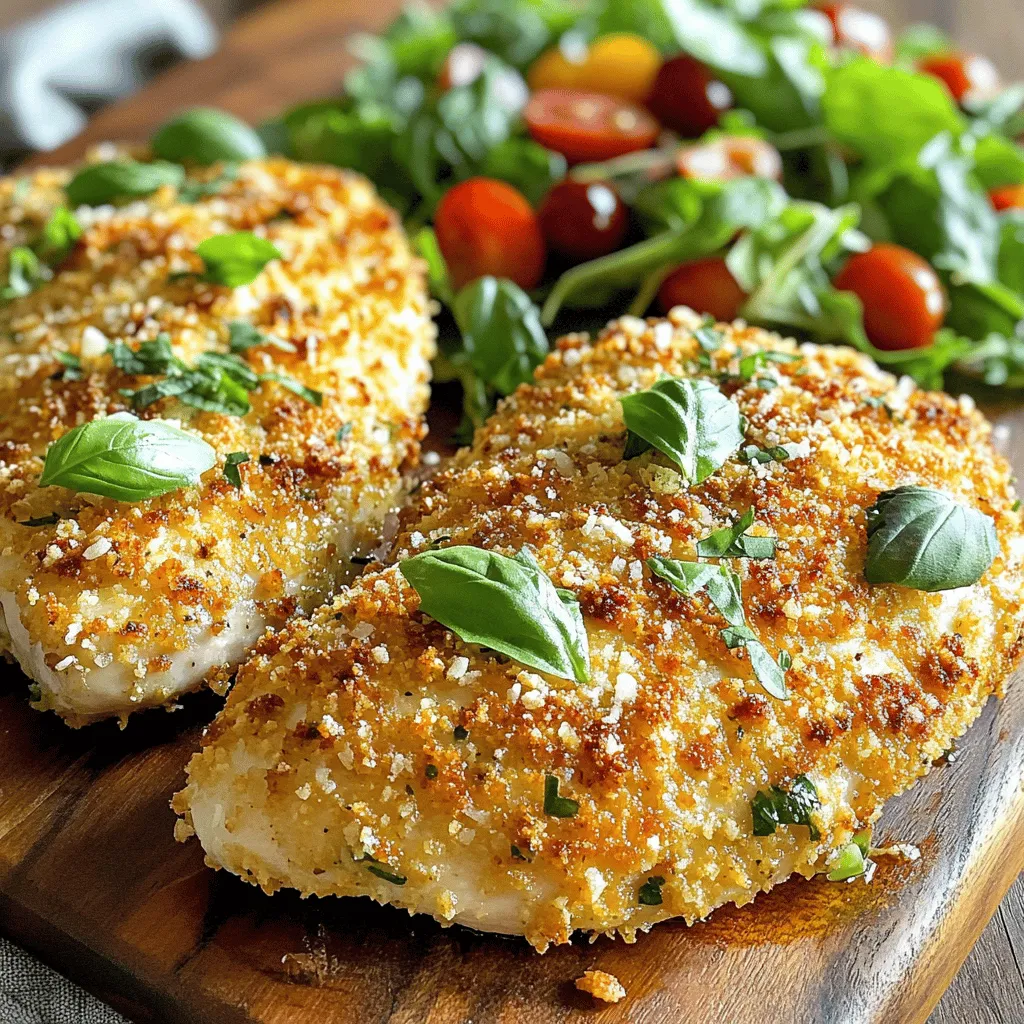 - 4 Hähnchenbrustfilets, ohne Haut und Knochen - 1 Tasse geriebener Parmesan-Käse - 1 Tasse Semmelbrösel (am besten Panko für zusätzlichen Crunch) - 1 Teelöffel Knoblauchpulver - 1 Teelöffel getrockneter Oregano - 1 Teelöffel getrocknetes Basilikum - 1 Teelöffel getrockneter Thymian - 1/2 Teelöffel Salz - 1/2 Teelöffel schwarzer Pfeffer - 2 Eier, verquirlt - 1/4 Tasse Weizenmehl - Olivenöl zum Beträufeln Die Hauptzutaten sind wichtig für den Geschmack. Die Hähnchenbrustfilets bieten eine saftige Basis. Der Parmesan-Käse sorgt für einen tollen, würzigen Geschmack. Die Semmelbrösel geben dem Gericht seine knusprige Textur. Gewürze wie Knoblauchpulver und Oregano bringen Aromen, die das Hähnchen aufpeppen. - Alternativen zu Parmesan: Sie können Pecorino oder Hefeflocken verwenden. - Zusätzliche Gewürze: Fügen Sie Paprika oder Cayennepfeffer für mehr Würze hinzu. Wenn Sie keinen Parmesan haben, probieren Sie Pecorino. Es hat einen ähnlichen Geschmack, jedoch mit einer anderen Note. Hefeflocken sind eine gute vegane Option. Sie geben einen käsigen Geschmack. - Salatideen: Grüner Salat mit einem leichten Dressing passt gut. - Gemüsevariationen: Gebratenes Gemüse oder gedämpfter Brokkoli ergänzen das Gericht perfekt. Ein frischer Salat bringt Farbe und Frische auf den Teller. Gebratenes Gemüse fügt Textur und Geschmack hinzu. Diese Beilagen machen Ihr Essen noch besser. Wenn Sie das Rezept ausprobieren möchten, finden Sie die vollständige Anleitung in der [Full Recipe]. Heize den Ofen auf 200°C vor. Das sorgt für eine gute Hitze. Lege ein Backblech mit Backpapier aus. So bleibt das Hähnchen nicht kleben. In einer flachen Schüssel mische die folgenden Zutaten für die Kruste: - 1 Tasse geriebener Parmesan-Käse - 1 Tasse Semmelbrösel - 1 Teelöffel Knoblauchpulver - 1 Teelöffel getrockneter Oregano - 1 Teelöffel getrocknetes Basilikum - 1 Teelöffel getrockneter Thymian - 1/2 Teelöffel Salz - 1/2 Teelöffel schwarzer Pfeffer Mische alles gut, damit die Aromen sich verbinden. Vorbereitung ist der Schlüssel. Nimm drei flache Schüsseln. Fülle die erste mit 1/4 Tasse Weizenmehl. In der zweiten Schüssel verquirle 2 Eier. Die dritte Schüssel enthält die Parmesan-Kräuter-Mischung. Nimm ein Hähnchenbrustfilet und wende es im Mehl. Klopfe überschüssiges Mehl ab. Tauche das Filet in die Eier. Lass überschüssiges Ei abtropfen. Jetzt kommt der beste Teil: drücke das Hähnchen in die Parmesan-Mischung. Achte darauf, dass die Kruste gut haftet. Wiederhole dies mit allen Hähnchenbrustfilets. Legen die panierten Hähnchenbrustfilets auf das Backblech. Beträufle sie leicht mit Olivenöl. Das hilft, eine knusprige Textur zu bekommen. Jetzt ist es Zeit für den Ofen. Backe die Hähnchenbrustfilets für 25-30 Minuten. Sie sind fertig, wenn sie goldbraun sind und die Innentemperatur 75°C erreicht. Lass das Hähnchen einige Minuten ruhen, bevor du es aufschneidest. So bleibt es zart und saftig. Für das komplette Rezept, schau dir die Details in der [Full Recipe] an. Um die perfekte Kruste zu bekommen, empfehle ich dir, Panko-Semmelbrösel zu verwenden. Diese kleinen, luftigen Brösel machen die Kruste knuspriger. Wenn du willst, kannst du das Hähnchen auch anbraten. Das gibt eine schöne goldene Farbe und zusätzlichen Crunch. Lass das Hähnchen nach dem Backen einige Minuten ruhen. So bleibt es zart und saftig. Überprüfe auch die Innentemperatur. Sie sollte 75 °C erreichen, um sicherzustellen, dass das Hähnchen gut durch ist. Wenn du vegane Alternativen suchst, kannst du das Hähnchen durch Tofu oder seitan ersetzen. Für glutenfreie Optionen nimm glutenfreie Semmelbrösel und Mehl. So kannst du das Rezept an deine Bedürfnisse anpassen. {{image_4}} Um dem Parmesan Herb Crusted Chicken einen neuen Geschmack zu geben, können Sie verschiedene Kräuter verwenden. Statt Oregano probieren Sie Rosmarin oder Estragon. Diese Kräuter bringen eine frische Note. Für einen scharfen Kick fügen Sie etwas Cayennepfeffer oder Chili-Flocken hinzu. Diese scharfen Gewürze machen Ihr Hähnchen aufregend und würzig. Ein Hähnchenbrustfilet muss nicht einfach sein. Sie können Füllungen verwenden. Zum Beispiel, fügen Sie eine Mischung aus Spinat und Ricotta hinzu. Dies macht das Gericht saftig und lecker. Eine andere Idee ist, eine Käsefüllung zu verwenden. Mozzarella oder Feta bringen einen tollen Geschmack. Kombinierte Rezepte können auch sehr kreativ sein. Wie wäre es mit einer Schicht Pesto unter der Kruste? Das Rezept lässt sich leicht anpassen. Eine mediterrane Version könnte getrocknete Tomaten und Oliven enthalten. Diese Zutaten geben dem Hähnchen einen intensiven Geschmack. Für eine asiatische Fusion fügen Sie Sojasauce und Ingwer hinzu. Diese Kombination bringt frische Aromen in Ihr Gericht. Probieren Sie verschiedene Ideen aus und entdecken Sie neue Lieblingsvarianten. Um übrig gebliebenes Hühnchen sicher zu lagern, lege es in einen luftdichten Behälter. Du kannst es im Kühlschrank aufbewahren. Es bleibt dort für bis zu drei Tage frisch. Wenn du es länger aufbewahren möchtest, nutze die Tiefkühloption. Wickele das Hühnchen gut in Frischhaltefolie ein. So bleibt es bis zu drei Monate haltbar. Die besten Methoden zum Wiedererhitzen sind der Ofen oder die Pfanne. Stelle den Ofen auf 180°C ein. Lege das Hühnchen auf ein Backblech und decke es mit Folie ab. So bleibt es saftig. In der Pfanne erhitze etwas Öl und brate das Hühnchen bei mittlerer Hitze. Achte darauf, es nicht zu lange zu erhitzen. Um die Knusprigkeit zu bewahren, lasse das Hühnchen unbedeckt im Ofen. So bleibt die Kruste schön knusprig. Wenn du es in der Pfanne erhitzt, wende es vorsichtig, um die Kruste nicht zu beschädigen. Im Kühlschrank bleibt das Hühnchen etwa drei Tage frisch. Achte darauf, es gut zu verpacken, um Gerüche zu vermeiden. Nach dieser Zeit kann die Qualität leiden. Wenn du das Hühnchen tiefkühlst, kann es bis zu drei Monate halten. Nach dem Auftauen solltest du es sofort verwenden. Vermeide, es mehrmals aufzutauen und wieder einzufrieren. Das Risiko von Bakterien erhöht sich. Achte immer auf das Aussehen und den Geruch des Hühnchens, bevor du es isst. Frisches Hühnchen hat keinen unangenehmen Geruch oder eine schleimige Textur. Die Zubereitung dauert nur 15 Minuten. Das Backen benötigt 25 bis 30 Minuten. Insgesamt sind es etwa 45 Minuten von Anfang bis Ende. Diese schnelle Zubereitungszeit macht das Rezept perfekt für ein schnelles Abendessen. Ja, du kannst die Kruste anpassen! Statt Parmesan kannst du auch anderen Käse verwenden, wie Mozzarella oder Gouda. Du kannst auch verschiedene Gewürze probieren. Füge Paprika oder Cayennepfeffer für eine scharfe Note hinzu. Sei kreativ, und finde deinen Lieblingsgeschmack! Um das Rezept glutenfrei zu machen, tausche die Semmelbrösel gegen glutenfreie Brösel aus. Auch das Mehl kann durch eine glutenfreie Variante ersetzt werden. So kannst du die knusprige Kruste genießen, ohne auf Gluten zu achten. Achte darauf, dass alle Zutaten glutenfrei sind. Die Innentemperatur des Hähnchens sollte 75°C erreichen. Verwende ein Fleischthermometer, um sicher zu sein. Wenn kein Thermometer vorhanden ist, schneide das Hähnchen auf. Der Saft sollte klar sein, nicht rosa. Dies zeigt, dass das Hähnchen gut durchgegart ist. Passende Beilagen sind ein frischer grüner Salat oder geröstetes Gemüse. Auch Kartoffelpüree oder Quinoa passen gut dazu. Diese Beilagen ergänzen das Hähnchen und sorgen für eine ausgewogene Mahlzeit. Probiere verschiedene Kombinationen, um deinen Favoriten zu finden. Ja, du kannst das Hähnchen im Voraus panieren. Lege die panierten Stücke in den Kühlschrank. So bleibt die Kruste frisch, und du kannst sie später backen. Du kannst auch die Gewürze und Brösel im Voraus mischen. So sparst du Zeit beim Kochen. Für das vollständige Rezept, schau dir die [Full Recipe] an. In diesem Beitrag haben wir die Zutaten und Zubereitung für Parmesan Herb Crusted Chicken behandelt. Du hast gelernt, welche Haupt- und optionale Zutaten du verwenden kannst. Außerdem gab es Tipps für perfekte Knusprigkeit und Variationen des Rezepts. Denke daran, die Garzeit genau zu beachten und die richtigen Beilagen zu wählen. Experimentiere mit verschiedenen Kräutern und Gewürzen, um dein Gericht zu variieren. So kreierst du ein leckeres, selbstgemachtes Essen, das du und deine Familie lieben werden.