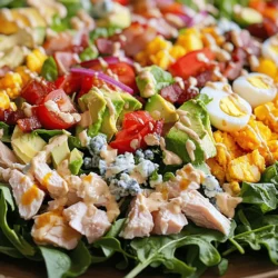 Um den klassischen Cobb-Salat zuzubereiten, benötigen Sie folgende Zutaten: - 4 Tassen gemischte Blattsalate (Romaine, Rucola und Spinat) - 2 große Eier, hart gekocht und gehackt - 1 Tasse gekochte Hähnchenbrust, gewürfelt - 1 Avocado, gewürfelt - 1 große Tomate, gewürfelt - ½ Tasse Blauschimmelkäse, zerbröselt - ½ Tasse gekochter Bacon, zerbröselt (oder verwenden Sie Truthahnbacon für eine gesündere Option) - ¼ Tasse rote Zwiebel, dünn geschnitten - ½ Tasse Ranch-Dressing (oder Ihre Wahl von Dressing) - Salz und Pfeffer nach Geschmack Frische Zutaten machen den Cobb-Salat besonders lecker. Frische Blattsalate geben dem Gericht einen knackigen Biss. Wenn Sie frische Eier verwenden, schmecken sie viel besser. Gekochtes Hähnchen können Sie selbst zubereiten oder im Laden kaufen. Achten Sie darauf, dass das Hähnchen saftig bleibt. Avocados sollten reif sein, um eine cremige Textur zu bieten. Eingekaufte Zutaten sind oft praktisch. Sie sparen Zeit, können aber manchmal weniger Geschmack haben. Wenn Sie frische Zutaten verwenden, wird der Salat lebendiger. Ich empfehle, so oft wie möglich frische Produkte zu wählen, um das Beste aus diesem Gericht herauszuholen. Jede Zutat trägt zu einem nahrhaften Essen bei. Hier sind einige Nährwertinformationen: - Gemischte Blattsalate: Reich an Vitaminen und Ballaststoffen. - Gekochte Eier: Voller Proteine und gesunder Fette. - Hähnchenbrust: Eine hervorragende Quelle für magere Proteine. - Avocado: Liefert gesunde Fette und viele Nährstoffe. - Tomate: Enthält Antioxidantien und ist kalorienarm. - Blauschimmelkäse: Liefert Calcium, aber auch mehr Fett. - Bacon: Gibt Geschmack, hat jedoch mehr Fett und Kalorien. Der Cobb-Salat ist ausgewogen und sättigend. Er bietet eine gute Mischung aus Proteinen, Fetten und Kohlenhydraten. Für eine vollständige Anleitung zur Zubereitung schauen Sie sich das [Full Recipe] an. Um den klassischen Cobb-Salat zuzubereiten, beginne mit den frischen Zutaten. Du brauchst: - 4 Tassen gemischte Blattsalate (Romaine, Rucola und Spinat) - 2 große Eier, hart gekocht und gehackt - 1 Tasse gekochte Hähnchenbrust, gewürfelt - 1 Avocado, gewürfelt - 1 große Tomate, gewürfelt - ½ Tasse Blauschimmelkäse, zerbröselt - ½ Tasse gekochter Bacon, zerbröselt - ¼ Tasse rote Zwiebel, dünn geschnitten - ½ Tasse Ranch-Dressing - Salz und Pfeffer nach Geschmack Wasche die Blattsalate gründlich und trockne sie gut ab. Hacke die Eier, die Avocado und die Tomate in gleichmäßige Stücke. Dies sorgt für eine schöne Optik. Bereite auch den Bacon vor, indem du ihn in kleine Stücke brichst. Falls du kein vorgekochtes Hähnchen hast, beginne mit diesem Schritt. Würze das Hähnchen mit Salz und Pfeffer. Brate es in einer Grillpfanne oder normalen Pfanne. Koche es für etwa 6-7 Minuten pro Seite. Achte darauf, dass es gut durchgegart ist. Lass das Hähnchen danach kurz ruhen. Würfle es dann in kleine Stücke. Nimm eine große Schüssel und lege die gemischten Blattsalate als Basis hinein. Schichte dann die anderen Zutaten auf die Salate. Beginne mit dem gewürfelten Hähnchen. Füge dann die gehackten Eier, die Avocado, die Tomate, den Blauschimmelkäse, den Bacon und die rote Zwiebel hinzu. Beträufle den Salat gleichmäßig mit Ranch-Dressing. Würze nach Geschmack mit Salz und Pfeffer. Du kannst den Salat vorsichtig mischen, um die Aromen zu vereinen, oder du lässt die Schichten sichtbar, um das schöne Bild zu zeigen. Für die gesamte Anleitung und die genauen Mengen, schau dir das [Full Recipe] an. Die richtige Konsistenz macht den Cobb-Salat besonders. Beginne mit frischen Blattsalaten. Diese sorgen für einen knackigen Biss. Achte darauf, die Zutaten gleichmäßig zu schneiden. So bleiben die Texturen harmonisch. Die Eier sollten gut gekocht, aber nicht gummiartig sein. Frische Avocado bringt Cremigkeit. Wenn du Bacon verwendest, achte darauf, dass er knusprig ist. So wird der Salat lebendig und lecker. Das Dressing ist der Schlüssel zu jedem Salat. Für den klassischen Cobb-Salat empfehle ich Ranch-Dressing. Es passt hervorragend zu den anderen Zutaten. Wenn du eine leichtere Option suchst, probiere ein Vinaigrette mit Zitrone. Achte darauf, das Dressing gleichmäßig zu verteilen. So bekommt jeder Bissen den vollen Geschmack. Du kannst auch verschiedene Dressings ausprobieren, um Neues zu entdecken. Eine ansprechende Präsentation macht den Salat noch besser. Beginne mit einer großen Schüssel. Gib die gemischten Blattsalate als Basis hinein. Schichte die Zutaten kreativ nebeneinander. Die Farben von Avocado, Tomate und Blauschimmelkäse sorgen für einen Blickfang. Du kannst den Salat kurz vor dem Servieren mischen. Oder präsentiere ihn geschichtet, um die schönen Farben zu zeigen. Das Auge isst mit, also gib dein Bestes! {{image_4}} Wenn Sie einen vegetarischen Cobb-Salat machen möchten, lassen Sie das Hähnchen weg. Stattdessen können Sie Kichererbsen oder geröstete Nüsse hinzufügen. Diese geben Ihnen Protein und einen tollen Crunch. Für eine vegane Option ersetzen Sie die Eier und den Käse. Vegane Alternativen sind Tofu oder Avocado. Diese machen den Salat ebenso cremig und lecker. Ranch-Dressing ist klassisch, aber nicht die einzige Wahl. Sie können auch ein Balsamico-Dressing oder ein Zitronen-Dressing ausprobieren. Beide bringen Frische und einen tollen Geschmack. Wenn Sie es schärfer mögen, probieren Sie ein Chipotle-Dressing. Es gibt viele Möglichkeiten, die den Salat besonders machen. Jeder hat andere Vorlieben. Fügen Sie zum Beispiel Oliven oder Paprika hinzu, wenn Sie es mögen. Auch frische Kräuter wie Petersilie oder Basilikum geben einen besonderen Kick. Wenn Sie keinen Blauschimmelkäse mögen, probieren Sie Feta oder Ziegenkäse. Diese Variationen machen den Cobb-Salat einzigartig und anpassbar. Um den Cobb-Salat frisch zu halten, lagere ihn in einem luftdichten Behälter. Achte darauf, die Zutaten gut zu trennen. Salat und Dressing sollten nicht zusammen gelagert werden. So bleibt der Salat knusprig. Wenn du Reste hast, stelle sicher, dass der Behälter gut verschlossen ist. Kühle ihn sofort nach dem Essen, um den Geschmack zu bewahren. Die Haltbarkeit der vorbereiteten Zutaten variiert. Hartgekochte Eier sind bis zu einer Woche haltbar. Gekochte Hähnchenbrust sollte innerhalb von drei bis vier Tagen verbraucht werden. Avocado wird schnell braun. Verwende sie innerhalb von zwei Tagen, um die Frische zu genießen. Gemüse wie Tomaten und Zwiebeln halten sich etwa fünf bis sieben Tage im Kühlschrank. Um Reste kreativ zu nutzen, kannst du sie in Wraps oder Sandwiches einfüllen. Sie passen auch gut zu Omeletts oder Frittatas. Zerkleinere den Salat und füge ihn zu einer Suppe hinzu. Das macht die Mahlzeit nahrhaft und lecker. Du kannst die Reste auch in einem Smoothie verwenden. Mixe sie mit Joghurt oder Milch für einen gesunden Snack. Der Cobb-Salat stammt aus den USA. Er wurde in den 1930er Jahren in einem Restaurant in Hollywood erfunden. Der Name kommt von Robert Cobb, dem Besitzer des Restaurants. Der Salat wurde schnell beliebt. Er ist voll von vielen leckeren Zutaten. Diese Mischung macht ihn besonders. Ja, das können Sie. Der Cobb-Salat ist sehr anpassbar. Sie können das Hähnchen durch Tofu ersetzen. Fügen Sie mehr Gemüse hinzu, wenn Sie möchten. Auch die Käsesorte kann variieren. Experimentieren Sie mit verschiedenen Dressings. Es gibt viele Varianten, die gut schmecken. Sie können den Salat bis zu 24 Stunden im Voraus zubereiten. Lagern Sie ihn im Kühlschrank. Fügen Sie das Dressing erst kurz vor dem Servieren hinzu. So bleibt der Salat frisch und knusprig. Achten Sie darauf, die Zutaten gut zu trennen, wenn Sie sie lagern. So vermeiden Sie matschige Zutaten. Zusammenfassend haben wir die wichtigsten Zutaten für einen Cobb-Salat besprochen. Frische Zutaten bieten mehr Geschmack und Nährstoffe. Ich habe dir gezeigt, wie man sie einfach zubereitet und anrichtet. Tipps für die perfekte Konsistenz und Präsentation helfen ebenfalls. Denke an die verschiedenen Variationen und lagere den Salat richtig. Mit den FAQs bist du bestens informierst. Nutze dein Wissen, um leckere Salate zu kreieren und genieße gesunde Mahlzeiten!