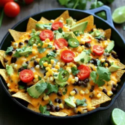 Für die perfekten beladenen Gemüse-Nachos brauchst du einige Hauptzutaten. Hier ist die Liste: - 1 Tüte (10 oz) Tortilla-Chips - 1 Tasse schwarze Bohnen, abgespült und abgetropft - 1 Tasse Maiskörner (frisch oder gefroren) - 1 rote Paprika, gewürfelt - 1 kleine rote Zwiebel, fein gehackt - 1 Jalapeño, in Scheiben geschnitten (nach Geschmack anpassen) - 1 Avocado, gewürfelt - 1 ½ Tassen geriebener Cheddar-Käse (oder eine Mischung aus mexikanischen Käsesorten) - 1 Tasse Kirschtomaten, halbiert - ½ Tasse frischer Koriander, gehackt - 1 Esslöffel Olivenöl - 1 Teelöffel Kreuzkümmel - 1 Teelöffel geräucherter Paprika - Salz und Pfeffer nach Geschmack - Sauerrahm oder griechischer Joghurt zum Servieren - Limettenschnitze zur Garnierung Diese Zutaten geben deinen Nachos die perfekte Mischung aus Geschmack und Textur. Gemüse ist nicht nur lecker, sondern auch gesund. Das Gemüse in diesen Nachos hat viele Vorteile: - Schwarze Bohnen: Sie sind reich an Ballaststoffen. Sie helfen, dich satt zu fühlen. - Mais: Süß und knusprig, bringt er Farbe und Geschmack. - Paprika: Voller Vitamine, besonders Vitamin C. - Zwiebeln: Sie geben den Nachos einen tollen Geschmack. - Jalapeño: Für einen kleinen Kick, wenn du es scharf magst. - Avocado: Sie macht die Nachos cremig und lecker. - Kirschtomaten: Frisch und saftig, sie bringen Farbe auf den Teller. - Koriander: Hat einen frischen Geschmack und viele Nährstoffe. Jedes Gemüse bringt seinen eigenen Nutzen mit. So bleibst du gesund und isst lecker. Die richtigen Toppings machen deine Nachos noch besser. Hier sind einige Empfehlungen: - Sauerrahm oder griechischer Joghurt: Sie geben eine cremige Note. - Limettenschnitze: Fügen einen frischen, spritzigen Geschmack hinzu. - Zusätzlicher Käse: Mehr Käse macht alles besser! - Oliven: Sie bringen einen salzigen, herzhaften Geschmack. - Frische Jalapeños: Für einen extra Schärfekick. - Pico de Gallo: Ein frischer Salsa-Topping für mehr Geschmack. Diese Toppings machen deine Nachos zu einem wahren Genuss. Sie sind perfekt für Partys oder einen Filmabend. Verwende das Rezept, um deine eigenen beladenen Gemüse-Nachos zu machen und genieße jeden Bissen! Zuerst heize deinen Ofen auf 190 °C vor. Das sorgt dafür, dass die Nachos gleichmäßig backen. Dann nimm ein großes Backblech und lege es mit Backpapier aus. So bleibt alles haften und du sparst dir das Putzen. In einer großen Schüssel mischst du die schwarzen Bohnen, den Mais und die gewürfelte rote Paprika. Füge die fein gehackte rote Zwiebel und die Jalapeño hinzu. Diese Mischung gibt den Nachos viel Geschmack. Dann kommen Kreuzkümmel, geräucherte Paprika, Olivenöl, Salz und Pfeffer dazu. Mische alles gut, bis die Zutaten gleichmäßig verteilt sind. Breite die Tortilla-Chips gleichmäßig auf dem Backblech aus. Dann verteile die Gemüse-Mischung darüber. Das sieht nicht nur toll aus, sondern macht die Nachos auch lecker. Bestreue die ganze Mischung mit dem geriebenen Cheddar-Käse. Jetzt ist es Zeit, die Nachos in den Ofen zu schieben. Backe sie für 12-15 Minuten. Der Käse sollte geschmolzen und sprudelnd sein. Nimm die Nachos raus und garniere sie mit gewürfelter Avocado, Kirschtomaten und frischem Koriander. Serviere sie sofort mit Sauerrahm oder griechischem Joghurt und Limettenschnitzen. So hast du ein einfaches und leckeres Gericht, das alle lieben werden. Vergiss nicht, das [Full Recipe] zu überprüfen, wenn du mehr Details brauchst! Die Konsistenz der Nachos ist wichtig. Die Chips sollten knusprig bleiben. Hier sind einige Tipps. Verwende frische Tortilla-Chips. Sie sind stabiler und halten die Toppings besser. Lege die Chips gleichmäßig auf das Blech. So backen sie gleichmäßig. Verteile die Gemüse-Mischung sorgsam. Zu viel Feuchtigkeit kann die Chips aufweichen. Achte darauf, dass der Käse gleichmäßig geschmolzen ist. Dadurch bleibt alles zusammen, und der Genuss wird besser. Ein häufiger Fehler ist die Überladung der Nachos. Zu viele Toppings können die Chips erdrücken. Halte die Menge im Gleichgewicht. Ein weiterer Fehler ist, die Nachos zu lange zu backen. Prüfe sie nach 12 Minuten. Wenn der Käse schmilzt und blubbert, sind sie fertig. Lass die Nachos nicht zu lange stehen, bevor du sie servierst. Sie schmecken am besten frisch aus dem Ofen. Du kannst die Nachos nach deinem Geschmack anpassen. Für Veganer kannst du pflanzlichen Käse verwenden. Das ergibt einen tollen Geschmack ohne Tierprodukte. Für glutenfreie Nachos wähle spezielle glutenfreie Chips. Auch die Toppings kannst du ändern. Füge mehr Gemüse hinzu, wie Zucchini oder Pilze. Wenn du Schärfe magst, verwende mehr Jalapeños oder frische Chilis. So wird jeder Biss zu einem Erlebnis. Für die komplette Anleitung schau dir das Full Recipe an. {{image_4}} Wenn du eine vegane Option suchst, gibt es viele Käsealternativen. Du kannst Nusskäse verwenden. Ein beliebter Nusskäse wird aus Cashews gemacht. Mische Cashews mit Hefeflocken und Zitronensaft. Das ergibt einen tollen Geschmack. Eine andere Option ist Kokosnusskäse. Er schmilzt auch gut und hat einen cremigen Geschmack. Um deine Nachos schärfer zu machen, füge mehr Jalapeños hinzu. Du kannst auch frische Chilis verwenden. Habaneros sind sehr scharf, also sei vorsichtig. Eine scharfe Salsa ist auch eine gute Idee. Sie bringt zusätzlichen Geschmack und Hitze. Mische die Salsa direkt in die Gemüse-Mischung für einen scharfen Kick. Nutze saisonales Gemüse für mehr Frische. Im Frühling sind Spargel und Erbsen toll. Im Sommer sind Zucchini und Tomaten perfekt. Im Herbst kannst du Kürbis und Süßkartoffeln verwenden. Im Winter sind Rosenkohl und Karotten lecker. Diese Gemüsesorten bringen verschiedene Geschmäcker und Farben auf deine Nachos. Experimentiere mit dem Gemüse, das du magst. Um deine geladenen Gemüse-Nachos frisch zu halten, lagere sie in einem luftdichten Behälter. Achte darauf, dass die Nachos nicht zu lange in der Luft liegen. Sie verlieren schnell ihren Crunch. Wenn du die Nachos bereits belegt hast, empfehle ich, die Beilagen separat zu lagern. So bleibt alles frisch und lecker. Du kannst die Nachos bis zu zwei Tage im Kühlschrank aufbewahren. Beim Aufwärmen ist es wichtig, die Nachos richtig zu behandeln. Heize deinen Ofen auf 190 °C (375 °F) vor. Lege die Nachos auf ein Backblech. Backe sie etwa 5 bis 10 Minuten, bis sie warm sind. Das hilft, die Knusprigkeit zu bewahren. Du kannst auch die Mikrowelle benutzen, aber achte darauf, dass sie nicht zu weich werden. Erwärme sie in kurzen Intervallen von 30 Sekunden. Die Haltbarkeit der Zutaten variiert. Frisches Gemüse wie Paprika und Avocado hält sich etwa 2 bis 3 Tage im Kühlschrank. Schwarze Bohnen und Mais sind länger haltbar, bis zu einer Woche. Der Käse bleibt meist 5 bis 7 Tage frisch. Achte darauf, alle Zutaten gut zu verpacken, um die Frische zu erhalten. Um die Nachos scharf zu machen, füge mehr Jalapeños hinzu. Du kannst die Menge nach deinem Geschmack erhöhen. Eine weitere Option ist, frische Chilis oder scharfe Salsas zu verwenden. Diese Zutaten geben den Nachos einen tollen Kick. Denke daran, dass die Schärfe unterschiedlich ist. Probiere die Zutaten zuerst aus, um die perfekte Schärfe zu finden. Die besten Beilagen für Nachos sind Sauerrahm oder griechischer Joghurt. Sie sorgen für eine cremige Note. Guacamole ist auch eine großartige Wahl. Sie bringt Frische und ist sehr lecker. Salsa mit frischen Tomaten oder einer milden Salsa verde passt ebenfalls gut. Du kannst auch schwarze Oliven oder frischem Koriander hinzufügen. Diese Beilagen machen die Nachos noch besser. Ja, du kannst die Nachos im Voraus zubereiten. Bereite die Gemüse-Mischung und die Tortilla-Chips getrennt vor. Lagere die Mischung in einem luftdichten Behälter im Kühlschrank. Wenn du bereit bist, backe die Nachos einfach im Ofen. Es ist wichtig, die Chips erst kurz vor dem Backen hinzuzufügen. So bleiben sie knusprig und lecker. Beladene Gemüse-Nachos sind ein toller Snack. Du hast die besten Zutaten und Zubereitungstipps gelernt. Denke an die gesunden Gemüsesorten und die tollen Toppings. Beachte die Lagerung und Aufwärmmethoden für frische Nachos. Probiere die Variationen aus und passe sie deinen Vorlieben an. Jetzt kannst du Nachos perfekt zubereiten. Viel Spaß beim Kochen!