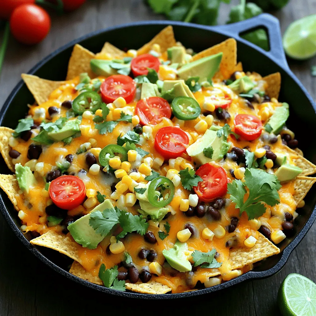 Für die perfekten beladenen Gemüse-Nachos brauchst du einige Hauptzutaten. Hier ist die Liste: - 1 Tüte (10 oz) Tortilla-Chips - 1 Tasse schwarze Bohnen, abgespült und abgetropft - 1 Tasse Maiskörner (frisch oder gefroren) - 1 rote Paprika, gewürfelt - 1 kleine rote Zwiebel, fein gehackt - 1 Jalapeño, in Scheiben geschnitten (nach Geschmack anpassen) - 1 Avocado, gewürfelt - 1 ½ Tassen geriebener Cheddar-Käse (oder eine Mischung aus mexikanischen Käsesorten) - 1 Tasse Kirschtomaten, halbiert - ½ Tasse frischer Koriander, gehackt - 1 Esslöffel Olivenöl - 1 Teelöffel Kreuzkümmel - 1 Teelöffel geräucherter Paprika - Salz und Pfeffer nach Geschmack - Sauerrahm oder griechischer Joghurt zum Servieren - Limettenschnitze zur Garnierung Diese Zutaten geben deinen Nachos die perfekte Mischung aus Geschmack und Textur. Gemüse ist nicht nur lecker, sondern auch gesund. Das Gemüse in diesen Nachos hat viele Vorteile: - Schwarze Bohnen: Sie sind reich an Ballaststoffen. Sie helfen, dich satt zu fühlen. - Mais: Süß und knusprig, bringt er Farbe und Geschmack. - Paprika: Voller Vitamine, besonders Vitamin C. - Zwiebeln: Sie geben den Nachos einen tollen Geschmack. - Jalapeño: Für einen kleinen Kick, wenn du es scharf magst. - Avocado: Sie macht die Nachos cremig und lecker. - Kirschtomaten: Frisch und saftig, sie bringen Farbe auf den Teller. - Koriander: Hat einen frischen Geschmack und viele Nährstoffe. Jedes Gemüse bringt seinen eigenen Nutzen mit. So bleibst du gesund und isst lecker. Die richtigen Toppings machen deine Nachos noch besser. Hier sind einige Empfehlungen: - Sauerrahm oder griechischer Joghurt: Sie geben eine cremige Note. - Limettenschnitze: Fügen einen frischen, spritzigen Geschmack hinzu. - Zusätzlicher Käse: Mehr Käse macht alles besser! - Oliven: Sie bringen einen salzigen, herzhaften Geschmack. - Frische Jalapeños: Für einen extra Schärfekick. - Pico de Gallo: Ein frischer Salsa-Topping für mehr Geschmack. Diese Toppings machen deine Nachos zu einem wahren Genuss. Sie sind perfekt für Partys oder einen Filmabend. Verwende das Rezept, um deine eigenen beladenen Gemüse-Nachos zu machen und genieße jeden Bissen! Zuerst heize deinen Ofen auf 190 °C vor. Das sorgt dafür, dass die Nachos gleichmäßig backen. Dann nimm ein großes Backblech und lege es mit Backpapier aus. So bleibt alles haften und du sparst dir das Putzen. In einer großen Schüssel mischst du die schwarzen Bohnen, den Mais und die gewürfelte rote Paprika. Füge die fein gehackte rote Zwiebel und die Jalapeño hinzu. Diese Mischung gibt den Nachos viel Geschmack. Dann kommen Kreuzkümmel, geräucherte Paprika, Olivenöl, Salz und Pfeffer dazu. Mische alles gut, bis die Zutaten gleichmäßig verteilt sind. Breite die Tortilla-Chips gleichmäßig auf dem Backblech aus. Dann verteile die Gemüse-Mischung darüber. Das sieht nicht nur toll aus, sondern macht die Nachos auch lecker. Bestreue die ganze Mischung mit dem geriebenen Cheddar-Käse. Jetzt ist es Zeit, die Nachos in den Ofen zu schieben. Backe sie für 12-15 Minuten. Der Käse sollte geschmolzen und sprudelnd sein. Nimm die Nachos raus und garniere sie mit gewürfelter Avocado, Kirschtomaten und frischem Koriander. Serviere sie sofort mit Sauerrahm oder griechischem Joghurt und Limettenschnitzen. So hast du ein einfaches und leckeres Gericht, das alle lieben werden. Vergiss nicht, das [Full Recipe] zu überprüfen, wenn du mehr Details brauchst! Die Konsistenz der Nachos ist wichtig. Die Chips sollten knusprig bleiben. Hier sind einige Tipps. Verwende frische Tortilla-Chips. Sie sind stabiler und halten die Toppings besser. Lege die Chips gleichmäßig auf das Blech. So backen sie gleichmäßig. Verteile die Gemüse-Mischung sorgsam. Zu viel Feuchtigkeit kann die Chips aufweichen. Achte darauf, dass der Käse gleichmäßig geschmolzen ist. Dadurch bleibt alles zusammen, und der Genuss wird besser. Ein häufiger Fehler ist die Überladung der Nachos. Zu viele Toppings können die Chips erdrücken. Halte die Menge im Gleichgewicht. Ein weiterer Fehler ist, die Nachos zu lange zu backen. Prüfe sie nach 12 Minuten. Wenn der Käse schmilzt und blubbert, sind sie fertig. Lass die Nachos nicht zu lange stehen, bevor du sie servierst. Sie schmecken am besten frisch aus dem Ofen. Du kannst die Nachos nach deinem Geschmack anpassen. Für Veganer kannst du pflanzlichen Käse verwenden. Das ergibt einen tollen Geschmack ohne Tierprodukte. Für glutenfreie Nachos wähle spezielle glutenfreie Chips. Auch die Toppings kannst du ändern. Füge mehr Gemüse hinzu, wie Zucchini oder Pilze. Wenn du Schärfe magst, verwende mehr Jalapeños oder frische Chilis. So wird jeder Biss zu einem Erlebnis. Für die komplette Anleitung schau dir das Full Recipe an. {{image_4}} Wenn du eine vegane Option suchst, gibt es viele Käsealternativen. Du kannst Nusskäse verwenden. Ein beliebter Nusskäse wird aus Cashews gemacht. Mische Cashews mit Hefeflocken und Zitronensaft. Das ergibt einen tollen Geschmack. Eine andere Option ist Kokosnusskäse. Er schmilzt auch gut und hat einen cremigen Geschmack. Um deine Nachos schärfer zu machen, füge mehr Jalapeños hinzu. Du kannst auch frische Chilis verwenden. Habaneros sind sehr scharf, also sei vorsichtig. Eine scharfe Salsa ist auch eine gute Idee. Sie bringt zusätzlichen Geschmack und Hitze. Mische die Salsa direkt in die Gemüse-Mischung für einen scharfen Kick. Nutze saisonales Gemüse für mehr Frische. Im Frühling sind Spargel und Erbsen toll. Im Sommer sind Zucchini und Tomaten perfekt. Im Herbst kannst du Kürbis und Süßkartoffeln verwenden. Im Winter sind Rosenkohl und Karotten lecker. Diese Gemüsesorten bringen verschiedene Geschmäcker und Farben auf deine Nachos. Experimentiere mit dem Gemüse, das du magst. Um deine geladenen Gemüse-Nachos frisch zu halten, lagere sie in einem luftdichten Behälter. Achte darauf, dass die Nachos nicht zu lange in der Luft liegen. Sie verlieren schnell ihren Crunch. Wenn du die Nachos bereits belegt hast, empfehle ich, die Beilagen separat zu lagern. So bleibt alles frisch und lecker. Du kannst die Nachos bis zu zwei Tage im Kühlschrank aufbewahren. Beim Aufwärmen ist es wichtig, die Nachos richtig zu behandeln. Heize deinen Ofen auf 190 °C (375 °F) vor. Lege die Nachos auf ein Backblech. Backe sie etwa 5 bis 10 Minuten, bis sie warm sind. Das hilft, die Knusprigkeit zu bewahren. Du kannst auch die Mikrowelle benutzen, aber achte darauf, dass sie nicht zu weich werden. Erwärme sie in kurzen Intervallen von 30 Sekunden. Die Haltbarkeit der Zutaten variiert. Frisches Gemüse wie Paprika und Avocado hält sich etwa 2 bis 3 Tage im Kühlschrank. Schwarze Bohnen und Mais sind länger haltbar, bis zu einer Woche. Der Käse bleibt meist 5 bis 7 Tage frisch. Achte darauf, alle Zutaten gut zu verpacken, um die Frische zu erhalten. Um die Nachos scharf zu machen, füge mehr Jalapeños hinzu. Du kannst die Menge nach deinem Geschmack erhöhen. Eine weitere Option ist, frische Chilis oder scharfe Salsas zu verwenden. Diese Zutaten geben den Nachos einen tollen Kick. Denke daran, dass die Schärfe unterschiedlich ist. Probiere die Zutaten zuerst aus, um die perfekte Schärfe zu finden. Die besten Beilagen für Nachos sind Sauerrahm oder griechischer Joghurt. Sie sorgen für eine cremige Note. Guacamole ist auch eine großartige Wahl. Sie bringt Frische und ist sehr lecker. Salsa mit frischen Tomaten oder einer milden Salsa verde passt ebenfalls gut. Du kannst auch schwarze Oliven oder frischem Koriander hinzufügen. Diese Beilagen machen die Nachos noch besser. Ja, du kannst die Nachos im Voraus zubereiten. Bereite die Gemüse-Mischung und die Tortilla-Chips getrennt vor. Lagere die Mischung in einem luftdichten Behälter im Kühlschrank. Wenn du bereit bist, backe die Nachos einfach im Ofen. Es ist wichtig, die Chips erst kurz vor dem Backen hinzuzufügen. So bleiben sie knusprig und lecker. Beladene Gemüse-Nachos sind ein toller Snack. Du hast die besten Zutaten und Zubereitungstipps gelernt. Denke an die gesunden Gemüsesorten und die tollen Toppings. Beachte die Lagerung und Aufwärmmethoden für frische Nachos. Probiere die Variationen aus und passe sie deinen Vorlieben an. Jetzt kannst du Nachos perfekt zubereiten. Viel Spaß beim Kochen!