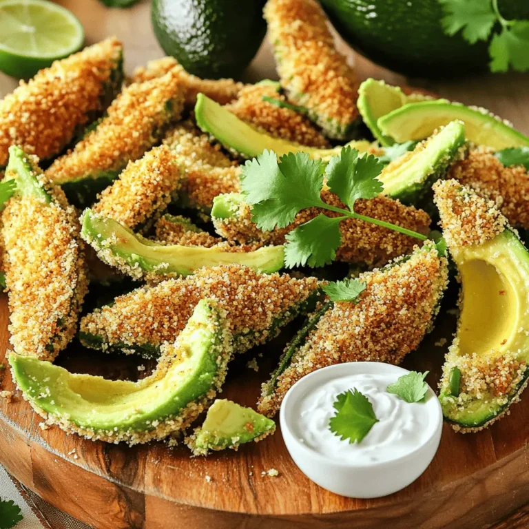 Um Crispy Avocado Fries zuzubereiten, benötigen Sie folgende Zutaten: - 2 reife Avocados, halbiert und entsteint - 1 Tasse Semmelbrösel (Panko für extra Knusprigkeit verwenden) - ½ Tasse Weizenmehl - 2 große Eier - 1 Teelöffel Knoblauchpulver - 1 Teelöffel Zwiebelpulver - ½ Teelöffel geräucherte Paprika - Salz und Pfeffer nach Geschmack - Optional: Frischer Koriander oder Petersilie zum Garnieren - Dip-Sauce: ½ Tasse griechischer Joghurt gemischt mit 1 Esslöffel Limettensaft und einer Prise Salz Sie können auch andere Zutaten nutzen, um den Geschmack zu verändern: - Verwenden Sie Maismehl statt Weizenmehl für einen anderen Biss. - Fügen Sie einen Hauch von Cayennepfeffer hinzu für etwas Schärfe. - Probieren Sie andere frische Kräuter wie Schnittlauch oder Basilikum zur Garnierung. - Tauschen Sie den griechischen Joghurt gegen saure Sahne für eine cremige Dip-Option. Die Wahl der perfekten Avocado ist wichtig. Achten Sie auf: - Reife: Drücken Sie leicht auf die Avocado. Sie sollte sich weich anfühlen, aber nicht matschig sein. - Farbe: Eine dunklere Haut zeigt oft eine reifere Frucht an. - Form: Suchen Sie nach einer runden Avocado. Sie hat meist mehr Fruchtfleisch. Mit diesen Tipps werden Ihre Crispy Avocado Fries perfekt! Verwenden Sie das [Full Recipe] für genaue Schritte und Mengenangaben. Zuerst heizen Sie Ihren Ofen auf 220°C vor. Dies sorgt dafür, dass die Avocado-Fries knusprig werden. Nehmen Sie zwei reife Avocados. Halbieren Sie sie und entfernen Sie den Kern. Schneiden Sie die Avocadohälften in Wedges. Diese Form sorgt für eine schöne Präsentation und gleichmäßiges Backen. Jetzt richten Sie Ihre Panierstation ein. Nehmen Sie drei Teller. Füllen Sie den ersten mit Mehl. Der zweite Teller enthält die geschlagenen Eier. Mischen Sie auf dem dritten Teller die Semmelbrösel mit Knoblauchpulver, Zwiebelpulver, geräuchertem Paprika, Salz und Pfeffer. Diese Mischung gibt den Fries Geschmack und Knusprigkeit. Tauchen Sie jedes Wedge zuerst in das Mehl. Klopfen Sie überschüssiges Mehl ab. Dann tauchen Sie es in die Eier. Lassen Sie das überschüssige Ei abtropfen. Zum Schluss umhüllen Sie die Wedges mit der Semmelbrösel-Mischung. Legen Sie die panierten Wedges auf ein Backblech mit Backpapier. Achten Sie darauf, dass sie sich nicht berühren. Backen Sie sie 15-20 Minuten lang. Wenden Sie die Fries zur Hälfte, damit sie gleichmäßig bräunen. Nach dem Backen lassen Sie die Fries kurz abkühlen. Servieren Sie sie mit der Dip-Sauce. Für das gesamte Rezept schauen Sie sich das [Full Recipe] an. Um die besten knusprigen Avocado Fries zu machen, sind ein paar Schritte wichtig. Zuerst wähle reife, aber feste Avocados. Weiche Avocados können beim Frittieren auseinanderfallen. Der nächste Schritt ist die Panierstation. Stelle sicher, dass du die Wedges in Mehl tauchst, bevor sie in die Eier kommen. Dies hilft der Panade, besser zu haften. Verwende Panko-Semmelbrösel für extra Knusprigkeit. Diese Brösel sind luftiger und geben einen tollen Crunch. Backe die Fries auf einem mit Backpapier ausgelegten Blech. Achte darauf, dass sie genug Platz haben. Dadurch wird die Luft zirkulieren und sie werden gleichmäßig knusprig. Ein häufiger Fehler ist, die Avocados zu weich zu wählen. Dies führt zu matschigen Fries. Ein weiterer Fehler ist, die Panade nicht richtig anzubringen. Achte darauf, die Wedges gut in Mehl, Ei und Semmelbrösel zu wälzen. Ein letzter Fehler ist, die Fries nicht rechtzeitig zu wenden. Wende sie nach der Hälfte der Backzeit, damit beide Seiten gleichmäßig bräunen. Serviere die Crispy Avocado Fries frisch und heiß. Sie schmecken am besten mit einer leckeren Dip-Sauce. Eine Mischung aus griechischem Joghurt, Limettensaft und Salz passt perfekt. Du kannst auch frischen Koriander oder Petersilie darüber streuen. Das macht das Gericht noch ansprechender. Wenn du die Fries in einer schönen Schüssel anrichtest, wird jeder Gast sofort hungrig. Du kannst die Avocado Fries auch mit anderen Snacks kombinieren. Sie passen gut zu Salsa oder guacamole. So wird dein Snack-Abend unvergesslich. Für das komplette Rezept schau dir die Full Recipe an. {{image_4}} Um den Avocado Fries mehr Geschmack zu geben, füge einfach neue Gewürze hinzu. Du kannst Cayennepfeffer für Schärfe oder Kreuzkümmel für einen erdigen Geschmack nehmen. Mische diese Gewürze mit den Semmelbröseln. Ein wenig Chili-Pulver gibt auch einen tollen Kick. Für eine vegane Version kannst du die Eier ersetzen. Verwende einfach einen Leinsamen-Ei-Ersatz. Mische einen Esslöffel gemahlene Leinsamen mit drei Esslöffeln Wasser und lasse es fünf Minuten quellen. Das funktioniert perfekt für die Panade und hält die Brösel gut haften. Die richtige Dip-Sauce macht alles besser. Du kannst einen scharfen Avocado-Dip machen, indem du die Avocado mit Limettensaft und etwas Knoblauch pürierst. Ein Joghurt-Dip mit frischen Kräutern ist auch sehr lecker. Probiere verschiedene Kombinationen aus, um deinen perfekten Dip zu finden. Für das gesamte Rezept, schau dir [Full Recipe] an. Wenn du einige Avocado Fries übrig hast, bewahre sie in einem luftdichten Behälter auf. Lege sie zuerst auf ein Papiertuch, um Feuchtigkeit zu absorbieren. Decke die Fries dann mit einem weiteren Papiertuch ab, bevor du den Behälter verschließt. So bleiben sie etwas knuspriger. Lagere sie im Kühlschrank, um die Frische zu bewahren. Um die Avocado Fries wieder knusprig zu machen, heize deinen Ofen auf 180°C vor. Lege die Fries auf ein Backblech und backe sie für etwa 5-10 Minuten. Du kannst auch eine Pfanne verwenden. Erhitze etwas Öl und brate die Fries bei mittlerer Hitze, bis sie warm und knusprig sind. Vermeide die Mikrowelle, denn sie machen die Fries weich. Die übrig gebliebenen Avocado Fries halten sich im Kühlschrank etwa 2-3 Tage. Im Gefrierschrank kannst du sie bis zu 2 Monate aufbewahren. Für beste Ergebnisse lege sie in einen gefrierfesten Behälter. Wenn du bereit bist, sie zu essen, tau sie vorher im Kühlschrank auf und wärme sie wie oben beschrieben auf. Um Crispy Avocado Fries zu machen, beginne mit reifen Avocados. Halbiere sie und entferne den Kern. Schneide die Avocados in Spalten. Du bereitest eine Panierstation vor: Mehl auf einem Teller, geschlagene Eier in einer Schüssel und gewürzte Semmelbrösel auf einem anderen Teller. Tauche jede Avocado-Spalte zuerst in das Mehl, dann in das Ei und schließlich in die Semmelbrösel. Lege sie auf ein Backblech und backe sie bei 220°C für 15-20 Minuten. Wende sie zur Hälfte der Backzeit. Das Verwenden von gefrorenen Avocados ist nicht ideal für dieses Rezept. Gefrorene Avocados verlieren oft ihre Textur und werden matschig. Frische Avocados sind besser für die knusprige Textur. Wenn du gefrorene Avocados verwendest, tau sie zuerst auf und trockne sie gut ab. Dies hilft, die Knusprigkeit zu verbessern. Crispy Avocado Fries haben etwa 150 Kalorien pro Portion. Diese Zahl kann je nach verwendeten Zutaten leicht variieren. Die genaue Kalorienzahl hängt von der Menge der Semmelbrösel und der Dip-Sauce ab. Um Kalorien zu sparen, kannst du auch weniger Öl verwenden oder auf die Dip-Sauce verzichten. Crispy Avocado Fries sind eine tolle Snack-Idee. Wir haben die besten Zutaten und Variationen besprochen. Die Schritt-für-Schritt-Anleitung hilft dir beim Zubereiten. Tipps und Tricks sorgen für die perfekte Knusprigkeit. Auch die Aufbewahrung und die häufigsten Fragen wurden beantwortet. Mit diesen Infos machst du leckere, knusprige Avocado Fries. Experimentiere mit Dips und Gewürzen und finde dein Lieblingsrezept. Viel Freude beim Kochen und Genießen!