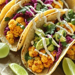 Für die Blumenkohl-Tacos brauchen Sie einfache, frische Zutaten. Hier ist, was Sie benötigen: - 1 mittelgroßer Blumenkohl, in Röschen geschnitten - 8 kleine Maistortillas - 1 Tasse fein gehobelte rote Kohl - ½ Tasse gewürfelte Avocado - ½ Tasse frischer Koriander, gehackt Diese Zutaten machen die Basis für Ihren köstlichen Taco. Blumenkohl ist gesund und hat einen milden Geschmack. Die Gewürze geben den Tacos ihren tollen Geschmack. Hier sind die benötigten Gewürze: - 2 Esslöffel Olivenöl - 1 Teelöffel Chilipulver - 1 Teelöffel Kreuzkümmel - ½ Teelöffel geräuchertes Paprikapulver - Salz und Pfeffer nach Geschmack Olivenöl hilft, den Blumenkohl knusprig zu machen. Die Gewürze verleihen ihm eine schöne Würze. Das Topping macht die Tacos besonders lecker. Hier sind die zusätzlichen Zutaten: - ½ Tasse Limettencreme (½ Tasse Schmand mit Saft von 1 Limette pürieren) - Limettenviertel, zum Servieren Die Limettencreme sorgt für einen frischen Geschmack. Servieren Sie die Tacos mit Limettenvierteln für ein extra Kick. Für das vollständige Rezept besuchen Sie bitte [Full Recipe]. Zuerst heize deinen Ofen auf 220°C vor. Das hilft, den Blumenkohl knusprig zu machen. Nimm dann einen großen Blumenkohl und schneide ihn in kleine Röschen. Die Röschen sollten gleichmäßig groß sein, damit sie gleichmäßig garen. Gib die Blumenkohlröschen in eine große Schüssel. Füge 2 Esslöffel Olivenöl, 1 Teelöffel Chilipulver, 1 Teelöffel Kreuzkümmel und ½ Teelöffel geräuchertes Paprikapulver hinzu. Würze mit Salz und Pfeffer nach Geschmack. Vermenge alles gut, bis die Röschen gleichmäßig bedeckt sind. Verteile sie dann auf einem Backblech. Röste den Blumenkohl für etwa 25 Minuten. Rühre nach der Hälfte der Zeit um, damit sie gleichmäßig bräunen. Während der Blumenkohl röstet, bereite die Limettencreme vor. Mische in einer kleinen Schüssel ½ Tasse Schmand mit dem Saft von einer Limette. Rühre gut um, bis die Mischung glatt ist. Würze die Creme nach Belieben. Wickel die kleinen Maistortillas in Alufolie. Lege sie in den Ofen in den letzten 5 Minuten der Röstzeit. So werden sie warm und weich. Wenn der Blumenkohl fertig ist, nimm ihn aus dem Ofen. Nimm die warmen Tortillas und lege sie auf einen Teller. Füge auf jede Tortilla die gerösteten Blumenkohlröschen hinzu. Toppe sie mit 1 Tasse fein gehobeltem roten Kohl, ½ Tasse gewürfelter Avocado und ½ Tasse gehacktem Koriander. Träufle die Limettencreme darüber. Serviere die Tacos mit Limettenvierteln an der Seite. So hat jeder einen extra Geschmackskick. Du findest das gesamte Rezept [Full Recipe]. Um Blumenkohl perfekt zu rösten, wähle frische Röschen. Achte darauf, dass sie gleich groß sind. So garen sie gleichmäßig. Verwende genug Olivenöl, damit der Blumenkohl schön knusprig wird. Die optimale Temperatur liegt bei 220°C. Röste den Blumenkohl für etwa 25 Minuten. Wende ihn nach der Hälfte, um eine schöne Farbe zu erreichen. Die Limettencreme ist einfach zuzubereiten. Du kannst sie nach deinem Geschmack anpassen. Statt Schmand kannst du griechischen Joghurt verwenden. Füge frische Kräuter hinzu, wie Schnittlauch oder Petersilie. Wenn du es schärfer magst, gebe etwas Jalapeño oder Chili ein. Experimentiere mit verschiedenen Zitrusfrüchten, wie Orange oder Zitrone, für neue Geschmäcker. Die Tacos sind vielseitig. Serviere sie mit einem frischen Salat oder Guacamole. Du kannst auch schwarze Bohnen oder Quinoa als Beilage anbieten. Limettenviertel bringen zusätzlichen Geschmack. Für einen besonderen Kick, füge etwas Salsa hinzu. Du kannst die Tacos auch mit gerösteten Nüssen oder Samen toppen. Suche nach deinem persönlichen Favoriten! {{image_4}} Wenn du nach einer veganen Option suchst, ist diese einfach. Lass die Limettencreme weg oder ersetze sie durch eine pflanzliche Creme. Du kannst auch Cashew-Creme verwenden. Diese macht die Tacos lecker und cremig. So bleibt das Gericht vegan und gesund. Du kannst viele andere Gemüsesorten verwenden. Paprika, Zucchini und Süßkartoffeln passen gut. Probiere auch Brokkoli oder Karotten. Diese Gemüsesorten rösten gut und bringen neue Aromen. So variierst du die Tacos nach deinem Geschmack. Die Wahl der Tortillas macht einen großen Unterschied. Du kannst Maistortillas oder Weizentortillas nutzen. Für eine glutenfreie Option wähle Tortillas aus Reis oder Mandeln. Jede Tortilla bringt ihren eigenen Geschmack mit. Experimentiere und finde deine Lieblingskombination. Für das vollständige Rezept, schau dir die [Full Recipe] an. Wenn Sie Tacos übrig haben, bewahren Sie sie in einem luftdichten Behälter auf. Sie bleiben so frisch. Die Reste halten sich bis zu drei Tage im Kühlschrank. Stellen Sie sicher, dass die Füllung nicht zu feucht ist, damit die Tortillas nicht durchweichen. Um gerösteten Blumenkohl einzufrieren, lassen Sie ihn zuerst abkühlen. Legen Sie ihn dann in einen Gefrierbeutel. Drücken Sie die Luft heraus und verschließen Sie den Beutel. So bleibt der Blumenkohl bis zu drei Monate haltbar. Wenn Sie bereit sind, ihn zu essen, tauen Sie ihn über Nacht im Kühlschrank auf. Wärmen Sie die Tacos im Ofen wieder auf, um die Tortillas knusprig zu halten. Legen Sie die gefüllten Tacos auf ein Backblech und erhitzen Sie sie bei 180°C (350°F) für 10 Minuten. Alternativ können Sie die Füllung in einer Pfanne auf mittlerer Hitze erwärmen. Das gibt neuen Schwung und Geschmack. Diese Tipps helfen Ihnen, Ihre Tacos frisch und lecker zu genießen! Die Tacos bleiben im Kühlschrank etwa drei Tage frisch. Achten Sie darauf, sie in einem luftdichten Behälter zu lagern. So bleibt die Füllung saftig und die Tortillas weich. Wenn Sie die Tacos länger aufbewahren möchten, trennen Sie die Zutaten. Das verhindert, dass die Tortillas durchweichen. Ja, die Tacos lassen sich gut im Voraus zubereiten. Röstet den Blumenkohl und bereitet die Limettencreme einen Tag vorher zu. Lagert alles getrennt. Wenn es Zeit zum Essen ist, wärmt die Tortillas und stellt die Tacos zusammen. So bleibt alles frisch und lecker. Ja, diese Tacos sind glutenfrei. Die Maistortillas enthalten kein Gluten. Wenn Sie sicherstellen möchten, dass alles glutenfrei ist, überprüfen Sie die Etiketten der Zutaten. So vermeiden Sie Spuren von Gluten. Um die Tacos schärfer zu machen, fügt mehr Chilipulver hinzu. Ihr könnt auch frische Jalapeños oder andere scharfe Paprika verwenden. Eine scharfe Salsa ist ebenfalls eine gute Wahl. Diese Zutaten bringen den extra Kick. Blumenkohl-Tacos sind lecker und einfach zu machen. Wir haben die Hauptzutaten und Gewürze besprochen. Die Schritt-für-Schritt-Anleitung zeigt dir, wie du die Tacos zubereitest. Tipps und Tricks helfen dir, die besten Röstungen zu erreichen. Variationen bringen Abwechslung durch verschiedene Gemüsesorten und Tortillas. Schließlich hast du auch Infos zur Lagerung und häufige Fragen dazu. Mit diesen Kenntnissen wirst du sicher toll kochen. Probiere es aus und genieße die köstlichen Tacos!