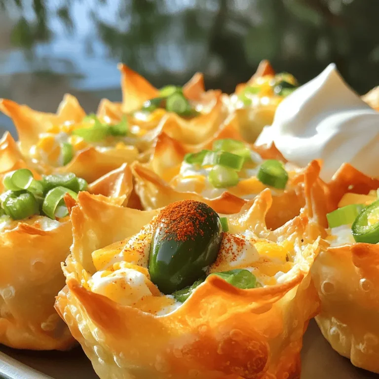 Um die perfekten Spicy Jalapeno Popper Wonton Cups zuzubereiten, benötigst du folgende Zutaten: - 24 Wonton-Wrapper - 1 Tasse Frischkäse, weich gerührt - 1/2 Tasse geriebener Cheddar-Käse - 1/4 Tasse gewürfelte Jalapeños (frisch oder eingelegt) - 1/4 Tasse Frühlingszwiebeln, in Ringe geschnitten - 1 Teelöffel Knoblauchpulver - 1/2 Teelöffel geräuchertes Paprikapulver - Salz und Pfeffer nach Geschmack - Kochspray oder Olivenöl (zum Einfetten) - Optional: Sauerrahm zum Servieren Diese Zutaten helfen dir, die perfekte Mischung aus würzig und cremig zu erreichen. Die Wonton-Wrapper geben dem Gericht die knusprige Textur, die du suchst. Achte darauf, frische Zutaten zu wählen. Frischkäse sollte weich und gut gemischt sein. Verwende hochwertigen Cheddar-Käse für besten Geschmack. Jalapeños kannst du je nach Vorliebe frisch oder eingelegt wählen. Frühlingszwiebeln bringen eine leichte Süße. Die Gewürze sind ebenfalls wichtig. Knoblauchpulver und geräuchertes Paprikapulver geben Tiefe und Wärme. Salz und Pfeffer kannst du nach deinem Geschmack anpassen. Falls du keine Wonton-Wrapper hast, kannst du auch Teig für Blätterteig verwenden. Anstelle von Frischkäse kannst du Ricotta probieren, wenn du eine leichtere Option möchtest. Für mehr Schärfe kannst du auch Serrano-Paprika verwenden. Wenn du das Gericht vegan gestalten möchtest, nutze pflanzliche Käsealternativen und veganen Frischkäse. Die Möglichkeiten sind vielfältig, sodass du dein Rezept anpassen kannst, um es genau nach deinem Geschmack zu gestalten. Um die Wonton-Wrapper perfekt vorzubereiten, müssen Sie zuerst Ihren Ofen auf 190°C (375°F) vorheizen. Nehmen Sie dann eine Muffinform und sprühen Sie sie leicht mit Kochspray ein oder pinseln Sie sie mit Olivenöl ein. Dies verhindert das Ankleben der Törtchen. Nehmen Sie einen Wonton-Wrapper und drücken Sie ihn vorsichtig in die Muffinform. Achten Sie darauf, dass die Seiten gut bedeckt sind. So entsteht eine kleine Tasse, die später die Füllung hält. Für die Füllung nehmen Sie eine Rührschüssel. Geben Sie 1 Tasse weichen Frischkäse hinein. Fügen Sie dann 1/2 Tasse geriebenen Cheddar-Käse hinzu. Geben Sie auch 1/4 Tasse gewürfelte Jalapeños hinzu, egal ob frisch oder eingelegt. Dann kommen 1/4 Tasse geschnittene Frühlingszwiebeln dazu. Streuen Sie 1 Teelöffel Knoblauchpulver und 1/2 Teelöffel geräuchertes Paprikapulver hinein. Würzen Sie mit Salz und Pfeffer nach Geschmack. Rühren Sie alles gut um, bis die Mischung gleichmäßig ist. Jetzt ist es Zeit zum Füllen. Nehmen Sie die vorbereiteten Wonton-Tassen und füllen Sie jede großzügig mit der Frischkäsemischung. Füllen Sie sie bis zum Rand. Schieben Sie die Muffinform in den vorgeheizten Ofen. Backen Sie die Törtchen etwa 12-15 Minuten. Sie sind fertig, wenn die Wonton-Wrapper goldbraun und knusprig sind. Nehmen Sie die Muffinform aus dem Ofen und lassen Sie die Törtchen für ein paar Minuten abkühlen. Servieren Sie sie warm. Ein Klecks Sauerrahm passt gut dazu. - [Vollständiges Rezept] Pikante Jalapeño-Popper-Wonton-Törtchen Ein häufiger Fehler ist, die Wonton-Wrapper nicht richtig zu fetten. Wenn sie kleben, ist das nicht gut. Sprühen Sie die Muffinform gut ein oder verwenden Sie Olivenöl, um Ankleben zu vermeiden. Ein weiterer Fehler ist das Überfüllen der Törtchen. Lassen Sie etwas Platz, damit sie beim Backen aufgehen können. Achten Sie auch darauf, die Füllung gut zu mischen. So schmeckt jeder Bissen gleich gut. Für die perfekte Knusprigkeit ist es wichtig, die Wonton-Wrapper dünn zu halten. Drücken Sie sie sanft in die Muffinform. Backen Sie sie bei 190°C (375°F) für 12-15 Minuten. Achten Sie darauf, dass sie goldbraun werden. Wenn Sie mehr Knusprigkeit wollen, können Sie die Temperatur für die letzten Minuten erhöhen. So werden sie noch knuspriger. Sie können das Rezept leicht anpassen. Ersetzen Sie die Jalapeños durch andere scharfe Paprika, wenn Sie es milder mögen. Fügen Sie gewürfelte Tomaten oder schwarze Oliven für mehr Geschmack hinzu. Für einen besonderen Kick, probieren Sie etwas gewürzten Käse oder frische Kräuter. Diese Variationen machen Ihre Törtchen einzigartig. Nutzen Sie die [Full Recipe] für Inspiration und kreative Ideen! {{image_4}} Für eine vegetarische Option können Sie die Jalapeños durch süße Paprika ersetzen. Diese bringen Farbe und einen milden Geschmack. Auch Spinat oder Pilze passen gut. Vermischen Sie das Gemüse mit dem Frischkäse und dem Cheddar. So bleibt der cremige Genuss erhalten. Möchten Sie den Geschmack verstärken? Fügen Sie etwas scharfen Senf oder Worcestershire-Sauce zur Füllung hinzu. Auch geräucherter Käse sorgt für ein tiefes Aroma. Experimentieren Sie mit frischen Kräutern wie Koriander oder Dill. Diese geben den Törtchen einen frischen Kick. Diese Wonton-Törtchen sind perfekt für Partys oder Spieleabende. Servieren Sie sie auf einem großen Teller mit frischen Kräutern. Für besondere Anlässe können Sie sie auf einem Buffet anrichten. Fügen Sie verschiedene Dips hinzu, wie Salsa oder Guacamole. So machen Sie die Törtchen noch abwechslungsreicher. Um die Wonton-Törtchen frisch zu halten, lassen Sie sie zuerst abkühlen. Legen Sie sie dann in einen luftdichten Behälter. Trennen Sie die Schichten mit Backpapier, damit sie nicht zusammenkleben. Lagern Sie die Törtchen im Kühlschrank. So bleiben sie bis zu drei Tage gut. Um die Törtchen wieder knusprig zu machen, heizen Sie Ihren Ofen auf 180°C vor. Legen Sie die Törtchen auf ein Backblech. Backen Sie sie für etwa 10 Minuten, bis sie warm sind. Vermeiden Sie die Mikrowelle, da sie die Wonton-Törtchen weich macht. Servieren Sie sie mit frischem Sauerrahm für einen tollen Geschmack. Im Kühlschrank halten die Wonton-Törtchen bis zu drei Tage. Wenn Sie sie länger aufbewahren möchten, frieren Sie sie ein. Wickeln Sie sie gut in Frischhaltefolie. Im Gefrierschrank halten sie bis zu drei Monate. Zum Aufwärmen lassen Sie sie zuerst im Kühlschrank auftauen, bevor Sie sie im Ofen aufbacken. Die Zubereitung der Spicy Jalapeno Popper Wonton Cups dauert etwa 30 Minuten. Davon sind 15 Minuten für die Vorbereitung nötig. Die restlichen 15 Minuten sind für das Backen der Törtchen. Es ist eine schnelle und einfache Methode, um einen leckeren Snack zu machen. Ja, du kannst die Wonton-Törtchen im Voraus zubereiten. Bereite die Füllung einen Tag vorher zu und fülle die Wrapper kurz vor dem Backen. So bleiben die Törtchen frisch und knusprig. Du kannst sie auch ungebacken im Kühlschrank aufbewahren. Backe sie einfach, wenn du bereit bist zu servieren. Zu den Wonton-Törtchen passen viele Dips. Sauerrahm ist eine großartige Wahl, um die Schärfe auszugleichen. Guacamole oder eine scharfe Salsa ergänzen den Geschmack ebenfalls gut. Du kannst auch einen Joghurt-Dip mit Kräutern machen. Diese Dips machen die Törtchen noch schmackhafter und interessanter. Die Spicy Jalapeño Popper Wonton Cups sind ein echter Genuss. Wir haben die besten Zutaten und die richtige Zubereitung besprochen. Du kennst nun Tipps, um häufige Fehler zu vermeiden und die perfekte Knusprigkeit zu erreichen. Snacks wie diese sind einfach anpassbar für jeden Anlass. Auch das Lagern und Aufwärmen geht leicht von der Hand. Nutze die Antworten auf häufige Fragen, um perfekt vorbereitet zu sein. Probiere das Rezept aus, und genieße jeden Bissen deiner Wonton-Törtchen!