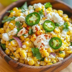 - Frische Maiskolben - Mayonnaise und Sauerrahm - Gewürze und Limettensaft Die Hauptzutaten sind einfach und frisch. Ich verwende frische Maiskolben, weil sie den besten Geschmack haben. Du grilst sie, um eine rauchige Note zu bekommen. Mayonnaise und Sauerrahm verleihen dem Salat eine cremige Textur. Gewürze wie Chilipulver und geräuchertes Paprika bringen das Aroma zur Geltung. Limettensaft gibt den letzten Schliff und sorgt für Frische. - Jalapeño für Schärfe - Rote Zwiebel und frischer Koriander - Zerbröckelter Feta-Käse Für mehr Geschmack kannst du Jalapeños hinzufügen. Sie geben dem Salat eine angenehme Schärfe. Rote Zwiebel bringt Knackigkeit und eine süße Note. Frischer Koriander sorgt für einen tollen Duft. Zerbröckelter Feta-Käse fügt eine salzige und cremige Schicht hinzu, die perfekt harmoniert. - Alternative zu Feta-Käse - Austausch von Mayonnaise - Verwendung von verschiedenen Gewürzen Wenn du keinen Feta-Käse magst, kannst du auch Ziegenkäse verwenden. Für eine leichtere Option tausche die Mayonnaise gegen griechischen Joghurt aus. Du kannst auch mit verschiedenen Gewürzen experimentieren, wie Kreuzkümmel oder Pfeffer. So passt der Salat ganz nach deinem Geschmack. Weitere Ideen findest du in der [Full Recipe]. Um köstlichen Mexikanischen Straßenmaissalat zu machen, beginne mit dem Grillen der Maiskolben. Stelle deinen Grill auf mittelhohe Hitze ein. Das ist wichtig, damit der Mais schön röstet. Während der Grill aufheizt, bereite die Maiskolben vor. Entferne die Blätter und Seidenfäden von den Kolben. So bleibt der Mais sauber und bereit zum Grillen. Während der Mais grillt, kannst du das Dressing zubereiten. In einer mittleren Schüssel mische die Mayonnaise, den Sauerrahm, das Chilipulver, das geräucherte Paprika und den Limettensaft. Rühre alles gut um, bis die Masse glatt ist. Überprüfe die Konsistenz. Sie sollte cremig, aber nicht zu dick sein. Wenn nötig, füge etwas mehr Limettensaft hinzu, um die Frische zu betonen. Nachdem der Mais gegrillt und abgekühlt ist, schneide die Körner mit einem scharfen Messer vom Kolben ab. In einer großen Schüssel mische die gegrillten Maiskörner, die rote Zwiebel, den Jalapeño und den zerbröckelten Feta-Käse. Gieße das Dressing über die Mischung und rühre vorsichtig um. Damit sich die Aromen gut vermischen, decke die Schüssel ab und stelle sie für mindestens 30 Minuten in den Kühlschrank. So wird der Salat frisch und einladend. Wenn du bereit bist, den Salat zu servieren, kannst du ihn mit frischem Koriander und Limettenscheiben garnieren. Für das vollständige Rezept schaue dir bitte die [Full Recipe] an. - Direkte vs. indirekte Hitze: Für den besten Geschmack grillen wir den Mais direkt. Dies bedeutet, dass wir die Kolben direkt über die Flamme legen. Diese Methode gibt dem Mais einen tollen, rauchigen Geschmack. Indirekte Hitze ist sanfter, aber weniger intensiv. Sie eignet sich gut für längeres Garverfahren. - Wie man den perfekten Grillgeschmack erzielt: Um den besten Grillgeschmack zu erreichen, sollte der Grill gut vorgeheizt sein. Wir wollen hohe Hitze, um die natürliche Süße des Mais zu fördern. Wenden Sie die Kolben regelmäßig, damit sie gleichmäßig garen. - Serviervorschläge und Garnierungen: Der Salat sieht toll aus, wenn wir ihn in einer großen Schüssel servieren. Eine schöne Garnierung ist frischer Koriander oder Limettenscheiben. Diese bringen Farbe und frische Aromen. - Tipps für die Präsentation: Verwenden Sie eine schöne Schüssel. Ein Hauch von Paprika oder Chili auf der Oberfläche verleiht dem Gericht einen besonderen Look. Dies macht den Salat noch einladender. - Probleme beim Grillen des Mais: Ein häufiger Fehler ist das Übergrillen des Mais. Dadurch wird er trocken. Achten Sie darauf, den Mais nur leicht zu rösten, um den Saft zu bewahren. - Überdosierung von Gewürzen: Seien Sie vorsichtig mit den Gewürzen. Zu viel Chilipulver kann den Salat überdecken. Beginnen Sie mit weniger und fügen Sie nach Geschmack mehr hinzu. {{image_4}} Um eine vegane Version zu machen, verwende pflanzliche Alternativen. Du kannst vegane Mayo nutzen. Statt Feta-Käse probiere veganen Käse oder zerdrückte Avocado. Diese Optionen geben dir den gleichen tollen Geschmack. Du kannst auch mehr Gemüse hinzufügen. Paprika, Zucchini oder sogar schwarze Bohnen passen gut. Sie bringen Farbe und Textur in den Salat. Wenn du es schärfer magst, füge scharfe Saucen hinzu. Sriracha oder eine scharfe Salsa sind großartige Optionen. Sie bringen einen zusätzlichen Kick in den Salat. Alternativen zu Jalapeños sind grüne Chilis oder Habaneros. Denk daran, die Schärfe gut zu dosieren. So bleibt der Geschmack ausgewogen und lecker. Je nach Verfügbarkeit kannst du die Zutaten anpassen. In manchen Regionen gibt es frischen Mais oder spezielle Kräuter. Nutze, was du findest. Für saisonale Geschmäcker kannst du auch andere Zutaten verwenden. Im Sommer sind frische Tomaten oder Gurken eine tolle Ergänzung. Im Herbst sind Kürbiswürfel eine schöne Idee. So bleibt der Salat frisch und spannend. Für das vollständige Rezept und weitere Details schau dir [Full Recipe] an. Um den Mexikanischen Straßenmaissalat frisch zu halten, lagere ihn im Kühlschrank. Stelle sicher, dass der Salat in einem luftdichten Behälter ist. So bleibt er frisch und lecker. Der Salat hält sich etwa drei Tage im Kühlschrank. Nach dieser Zeit kann der Geschmack nachlassen. Wenn du den Salat neu zubereiten möchtest, erwärme ihn vorsichtig. Verwende eine Mikrowelle oder einen Topf. Achte darauf, die Hitze niedrig zu halten, um den Geschmack nicht zu verlieren. Du kannst auch frische Zutaten hinzufügen, um den Geschmack aufzufrischen. Ein Spritzer Limettensaft kann Wunder wirken. Bereite die Zutaten im Voraus vor, aber mische sie nicht sofort. Lagere die Zutaten separat, um die Frische zu bewahren. Das verhindert, dass der Salat matschig wird. Du kannst den gegrillten Mais, die Zwiebeln und den Koriander in separaten Behältern aufbewahren. So kannst du schnell und einfach einen frischen Salat genießen, wann immer du Lust hast. Mexikanischer Straßenmaissalat hält sich gut im Kühlschrank. Du kannst ihn bis zu drei Tage aufbewahren. Achte darauf, ihn in einem luftdichten Behälter zu lagern. Nach ein paar Tagen kann der Salat weicher werden. Der Geschmack bleibt jedoch meist gut. Ja, du kannst gefrorenen Mais verwenden. Achte darauf, ihn vorher gut zu kochen oder zu dämpfen. So wird der Geschmack besser. Frischer Mais hat jedoch einen intensiveren Geschmack. Wenn möglich, nutze frische Maiskolben für den besten Genuss. Zu diesem Salat passen viele Beilagen. Hier sind einige Vorschläge: - Gegrilltes Fleisch wie Hähnchen oder Rind - Tacos oder Nachos - Reisgerichte - Guacamole oder Salsa Diese Kombinationen machen deine Mahlzeit noch leckerer. Die Schärfe hängt von der Menge Jalapeños ab, die du verwendest. Wenn du es mild magst, lass die Jalapeños weg. Für mehr Schärfe, füge mehr hinzu. Der Salat hat von Haus aus eine leichte Schärfe durch die Gewürze. Die komplette Rezeptanleitung findest du in dem Abschnitt „Vollständiges Rezept“. Dort erhältst du alle Schritte und Details, um diesen köstlichen Salat zuzubereiten. Der Mexikanische Straßenmaissalat ist eine leckere Mischung aus frischen Zutaten. Die Hauptzutaten wie Mais, Mayonnaise und Gewürze machen ihn besonders. Optional kannst du Jalapeños, Zwiebeln oder Feta hinzufügen. Variiere das Rezept, indem du Zutaten austauschst oder vegan kochst. Hoffentlich helfen dir meine Tipps beim Zubereiten und Lagern. Experimentiere mit den Geschmäckern und genieße dein Gericht. Mit diesen einfachen Schritten bereitest du den perfekten Salat zu!