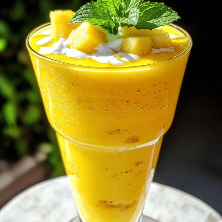 Die Hauptzutaten machen diesen Smoothie frisch und lecker. Du brauchst: - 1 Tasse frische Ananasstücke - 1 reife Banane - 1/2 Tasse Kokosmilch - 1/2 Tasse griechischer Joghurt - 1/2 Tasse Eiswürfel Die frische Ananas bringt süß-säuerlichen Geschmack. Die Banane sorgt für Cremigkeit. Kokosmilch fügt einen tropischen Flair hinzu. Der griechische Joghurt macht den Smoothie nahrhaft und dick. Um den Geschmack zu verbessern, kannst du folgende Zutaten hinzufügen: - 1 Esslöffel Honig (optional) - 1/2 Teelöffel Vanilleextrakt - Frische Minzblätter zur Dekoration Honig süßt den Smoothie auf natürliche Weise. Vanilleextrakt sorgt für eine wunderbare Tiefe. Minzblätter geben einen frischen und schönen Look. Das Rezept reicht für zwei Personen. Es ist perfekt für einen schnellen Snack oder ein gesundes Frühstück. Die Gesamtzeit für die Zubereitung beträgt nur 10 Minuten. Du kannst die Mengen leicht anpassen, je nach Bedarf. Wenn du mehr Smoothie möchtest, verdopple die Zutaten. Für die vollständige Anleitung, schau dir das Full Recipe an. Bereite alle Zutaten vor, bevor du beginnst. Schneide die frische Ananas und die Banane in kleine Stücke. Das hilft dem Mixer, alles gut zu vermischen. Messen Sie die Kokosmilch und den griechischen Joghurt ab. Wenn du Honig magst, halte auch einen Esslöffel bereit. Frische Minze ist eine tolle Dekoration, also pflücke ein paar Blätter. Achte darauf, die Eiswürfel bereit zu haben, um den Smoothie kühl und erfrischend zu machen. Jetzt kommt der spaßige Teil! Gib alle vorbereiteten Zutaten in den Mixer. Beginne mit den Ananasstücken, gefolgt von der Banane. Füge dann die Kokosmilch und den griechischen Joghurt hinzu. Wenn du Honig und Vanilleextrakt magst, jetzt ist der richtige Zeitpunkt. Die Eiswürfel kommen als Letztes rein. Mixe alles auf hoher Geschwindigkeit, bis die Mischung glatt und cremig ist. Wenn es zu dick ist, füge etwas mehr Kokosmilch hinzu. Probiere den Smoothie und passe die Süße an, falls nötig. Gieße den Smoothie in vorgekühlte Gläser. Dies sorgt für ein erfrischendes Erlebnis. Für die Dekoration lege frische Minzblätter obenauf. Sie geben Farbe und einen frischen Geschmack. Du kannst den Smoothie auch mit einer Ananasscheibe oder einer Bananenscheibe anrichten. So sieht er noch leckerer aus! Für das komplette Rezept, schau dir den Full Recipe Link an. Ein guter Mixer macht viel aus. Ich empfehle, einen Hochleistungsmixer zu verwenden. Diese Mixer können alles gut zerkleinern. Sie machen das Mixen einfach und schnell. Schau nach Marken wie Vitamix oder Ninja. Sie sind sehr bekannt und liefern gute Ergebnisse. Ein guter Mixer kann auch gefrorene Früchte gut verarbeiten. Die richtige Konsistenz ist wichtig für einen tollen Smoothie. Wenn dein Smoothie zu dick ist, füge mehr Kokosmilch hinzu. Das macht ihn cremiger. Wenn er zu dünn ist, gib mehr gefrorene Früchte oder Eis hinzu. Mixe alles gut, bis es glatt ist. Manchmal hilft es, die Zutaten nacheinander hinzuzufügen. So hast du mehr Kontrolle über die Konsistenz. Du kannst den tropischen Ananassmoothie leicht anpassen. Füge zum Beispiel eine Mango hinzu für einen süßeren Geschmack. Du kannst auch Spinat oder Grünkohl für mehr Nährstoffe einmischen. Diese Zutaten machen den Smoothie gesünder und bunter. Für eine vegane Version ersetze den griechischen Joghurt durch pflanzlichen Joghurt. So hast du viele Optionen für jeden Geschmack. Wenn du mehr Ideen oder Rezepte suchst, schau dir die Full Recipe an. {{image_4}} Wenn du einen zusätzlichen Fruchtkick suchst, füge Mango hinzu. Mango bringt eine süße und cremige Textur. Sie passt perfekt zu Ananas. Schneide einfach eine reife Mango in Stücke und mische sie mit den Ananasstücken. Der Smoothie wird noch tropischer und leckerer. Um deinen Smoothie noch gesünder zu machen, kannst du Spinat oder Grünkohl hinzufügen. Diese grünen Blätter sind reich an Vitaminen. Sie sind leicht im Geschmack und verstecken sich gut in deinem Smoothie. Füge eine Handvoll frischen Spinat oder Grünkohl hinzu, ohne die anderen Zutaten zu verändern. So bekommst du mehr Nährstoffe ohne viel Aufwand. Wenn du eine vegane Option suchst, ersetze den griechischen Joghurt. Verwende stattdessen Kokosjoghurt oder Mandeljoghurt. Diese Alternativen sind lecker und passen gut zu den anderen Zutaten. Du kannst auch den Honig weglassen oder durch Agavendicksaft ersetzen. So bleibt dein Smoothie vegan und trotzdem süß. Für das vollständige Rezept schaue dir den Tropischen Ananaspaaradies-Smoothie an. Um deinen Ananassmoothie frisch zu halten, lagere ihn im Kühlschrank. Gieße den Smoothie in einen luftdichten Behälter. So bleibt er bis zu zwei Tage frisch. Achte darauf, den Behälter fest zu verschließen. Die Kälte hilft, den Geschmack und die Nährstoffe zu bewahren. Du kannst den Smoothie auch einfrieren. Fülle ihn in einen gefrierfesten Beutel oder Behälter. Schreibe das Datum darauf, damit du weißt, wann du ihn gemacht hast. Beim Einfrieren bleibt der Smoothie bis zu drei Monate gut. Um ihn zu genießen, lasse ihn einfach über Nacht im Kühlschrank auftauen. Um Farb- und Geschmacksverlust zu vermeiden, nutze frische Zutaten. Verarbeite den Smoothie schnell nach der Zubereitung. Wenn du ihn lagerst, rühre ihn vor dem Trinken gut durch. Manchmal setzen sich die Zutaten ab. So bleibt der Geschmack frisch und lecker. Wenn du mehr Tipps suchst, schau dir das [Full Recipe] an! Ein tropischer Ananassmoothie hat etwa 250 bis 300 Kalorien pro Portion. Die genauen Kalorien hängen von den Zutaten ab. Wenn Sie mehr Obst hinzufügen, steigt die Kalorienzahl. Verwenden Sie weniger Joghurt oder Honig, um die Kalorien zu senken. Ja, Sie können gefrorene Ananas verwenden. Gefrorene Ananas macht den Smoothie kalt und cremig. Sie ist auch praktisch, da sie länger haltbar ist. Achten Sie darauf, die gefrorene Ananas vor der Verwendung etwas antauen zu lassen. So lässt sie sich leichter mixen. Ein Ananassmoothie bietet viele Vorteile. Ananas enthält Vitamin C, das das Immunsystem stärkt. Sie hat auch Enzyme, die die Verdauung fördern. Kokosmilch liefert gesunde Fette und gibt einen cremigen Geschmack. Bananen sind reich an Kalium, was gut für das Herz ist. Insgesamt ist dieser Smoothie eine nährstoffreiche Wahl für einen gesunden Snack oder Frühstück. Wenn Sie das Rezept für diesen leckeren Smoothie ausprobieren möchten, schauen Sie sich die vollständige Anleitung im Full Recipe an. Ein tropischer Ananassmoothie ist lecker und einfach zuzubereiten. Wir haben die Hauptzutaten und einige zusätzliche Zutaten besprochen, um den Geschmack zu verbessern. Die Schritt-für-Schritt-Anleitung hilft dir, jeden Mixvorgang perfekt hinzubekommen. Zudem gibt es viele Tipps, um deinen Smoothie zu variieren. Denke daran, wie du ihn lagerst, damit er frisch bleibt. Du kannst sogar gefrorene Ananas verwenden und erhältst trotzdem viele Vorteile. Erfreue dich an deinem gesunden Genuss!