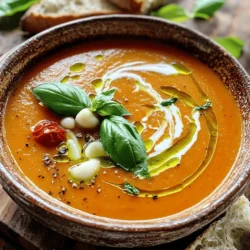 Für die perfekte geröstete Tomate-Basilikum-Suppe benötigst du folgende Zutaten: - 900 g reife Tomaten, halbiert - 1 mittelgroße Zwiebel, geviertelt - 5 Zehen Knoblauch, ungeschält - 3 Esslöffel Olivenöl - 1 Teelöffel Salz - 1/2 Teelöffel schwarzer Pfeffer - 1/2 Teelöffel rote Pfefferflocken (optional) - 1 Liter Gemüsebrühe - 1 Tasse frische Basilikumblätter, fest gepackt - 1 Esslöffel Balsamico-Essig - 120 ml Schlagsahne (optional) Diese Menge reicht für etwa 4 bis 6 Portionen. Du kannst die Zutaten leicht anpassen, je nachdem, wie viele Gäste du hast. Wenn du für weniger Personen kochst, teile einfach die Mengen. Die Auswahl der richtigen Tomaten macht einen großen Unterschied. Achte auf die folgenden Punkte: - Reife: Wähle Tomaten, die fest, aber leicht weich sind. Sie sollten einen süßen Geruch haben. - Farben: Suche nach leuchtend roten oder orangefarbenen Tomaten. Diese sind oft süßer und aromatischer. - Saison: Nutze saisonale Tomaten. Sie schmecken besser und sind meist frischer. - Bio: Wenn möglich, wähle Bio-Tomaten. Diese enthalten weniger Pestizide und haben oft mehr Geschmack. Wenn du diese Tipps befolgst, wird deine Suppe voller Geschmack sein. Für das vollständige Rezept, schau dir die gesamte Anleitung an. Heize deinen Ofen auf 200 °C vor. Das Rösten macht die Tomaten süßer. Nimm eine große Auflaufform und lege die halbierten Tomaten hinein. Füge die geviertelte Zwiebel und die ungeschälten Knoblauchzehen hinzu. Beträufle alles mit Olivenöl. Würze die Mischung mit Salz, Pfeffer und optionalen roten Pfefferflocken. Mische alles gut, damit die Zutaten gleichmäßig bedeckt sind. Schiebe die Auflaufform in den heißen Ofen. Röste die Mischung für etwa 30 bis 35 Minuten. Die Tomaten sollten leicht karamellisiert sein. Die Zwiebeln werden zart und süß. Nach dem Rösten, nimm die Form aus dem Ofen und lasse sie kurz abkühlen. Entferne die Haut der Knoblauchzehen. Das Rösten bringt die Aromen zur Geltung und macht die Suppe köstlich. Gib die gerösteten Tomaten, Zwiebeln, Knoblauch und Gemüsebrühe in einen großen Topf. Koche die Mischung bei mittlerer Hitze für etwa 10 Minuten. Füge die frischen Basilikumblätter und den Balsamico-Essig hinzu. Püriere die Suppe mit einem Stabmixer oder in einem normalen Mixer, bis sie glatt ist. Wenn du magst, rühre die Schlagsahne ein für mehr Cremigkeit. Schmecke die Suppe mit zusätzlichem Salz und Pfeffer ab. Erwärme sie sanft, bis sie heiß ist. Für das vollständige Rezept, siehe [Full Recipe]. Um die perfekte Konsistenz zu erreichen, püriere die Suppe gut. Du kannst einen Stabmixer verwenden. Alternativ kannst du die Mischung auch in einem Standmixer pürieren. Wenn die Suppe zu dick ist, füge etwas Gemüsebrühe hinzu. Für eine cremige Textur kannst du auch Schlagsahne verwenden. Um den Geschmack der Suppe zu intensivieren, röstest du die Tomaten gut. Das Rösten bringt natürliche Süße hervor. Füge frische Kräuter wie Basilikum erst am Ende hinzu. Balsamico-Essig verleiht der Suppe einen interessanten Kick. Ein Hauch von roten Pfefferflocken gibt ein wenig Wärme. Ein häufiger Fehler ist, die Tomaten nicht lange genug zu rösten. Sie sollten leicht karamellisiert sein. Achte darauf, die Zwiebeln und Knoblauch nicht zu verbrennen. Das kann bitter schmecken. Ein weiterer Fehler ist das Überpürieren. Du möchtest eine samtige, aber nicht völlig glatte Suppe. Halte einen Teil der Textur für mehr Biss. {{image_4}} Um die Suppe vegan zu machen, ersetze die Schlagsahne durch Kokosmilch oder Cashewcreme. Diese Optionen geben der Suppe eine reichhaltige, cremige Textur. Du kannst auch den Balsamico-Essig weglassen, wenn du einen anderen Geschmack möchtest. Achte darauf, Gemüsebrühe ohne tierische Produkte zu wählen. Diese einfachen Änderungen machen die Suppe für alle geeignet. Du kannst der Suppe viele verschiedene Zutaten hinzufügen. Probier zum Beispiel Karotten oder Sellerie für mehr Geschmack und Nährstoffe. Ein Schuss Zitronensaft bringt Frische. Parmesan oder Feta-Käse sind tolle Optionen, wenn du nicht vegan bist. Für einen scharfen Kick füge etwas Chili oder scharfe Soße hinzu. Mit diesen Zutaten wird die Suppe noch interessanter. Die Suppe ist sehr vielseitig. Du kannst sie mit verschiedenen Kräutern wie Thymian oder Oregano mischen. Diese Kräuter bringen neue Aromen. Auch eine Prise Zimt kann den Geschmack verfeinern. Wenn du es noch bunter magst, füge ein paar geröstete Paprika oder Zucchini hinzu. Diese Variationen machen die Suppe zu deinem eigenen besonderen Gericht. Das Rezept zeigt dir, wie du deine eigene Version kreierst. Um die Aromen der gerösteten Tomate-Basilikum-Suppe zu bewahren, solltest du sie richtig lagern. Lass die Suppe zuerst abkühlen. Fülle sie dann in luftdichte Behälter. Diese Behälter schützen vor Luft und Feuchtigkeit. Du kannst die Suppe bis zu fünf Tage im Kühlschrank aufbewahren. Beim Aufwärmen ist es wichtig, die Suppe gleichmäßig zu erhitzen. Gieße die Suppe in einen Topf. Erwärme sie bei mittlerer Hitze. Rühre gelegentlich um, damit sie nicht anbrennt. Du kannst etwas Wasser oder Brühe hinzufügen, wenn sie zu dick ist. So bleibt die Suppe schön cremig. Im Kühlschrank bleibt die Suppe bis zu fünf Tage frisch. Wenn du sie länger aufbewahren möchtest, friere sie ein. In einem gefrierfesten Behälter hält sie bis zu drei Monate. Achte darauf, etwas Platz im Behälter zu lassen. Die Suppe dehnt sich beim Gefrieren aus. Wenn du bereit bist, sie zu essen, taue sie im Kühlschrank auf. Danach erwärmst du sie wie oben beschrieben. So bleibt der Geschmack und die Frische erhalten. Für das vollständige Rezept, schau dir die Full Recipe an. Um die Suppe vegan zu machen, kann man die Schlagsahne weglassen. Stattdessen kann man etwas Kokosmilch oder Cashewcreme verwenden. Diese Optionen geben der Suppe eine cremige Textur, ohne Tierprodukte zu nutzen. Außerdem kann man die Gemüsebrühe sicherstellen, dass sie vegan ist. Das ist einfach und lecker. Ja, du kannst frische Tomaten verwenden. Allerdings ist der Geschmack anders. Geröstete Tomaten haben ein intensiveres Aroma. Frische Tomaten wären saftiger, aber weniger süß. Wenn du frische Tomaten verwendest, koche sie einfach etwas länger. Das hilft, ihren Geschmack zu vertiefen. Zu dieser Suppe passen viele Beilagen. Ein Stück rustikales Brot ist eine gute Wahl. Es eignet sich hervorragend zum Dippen. Auch ein einfacher Salat kann die Suppe ergänzen. Für etwas mehr Fülle kannst du auch gegrilltes Gemüse servieren. Diese Kombinationen machen das Essen noch besser. Diese Suppe ist einfach und lecker. Wir haben die besten Zutaten untersucht und Tipps zur Auswahl gegeben. Die Schritt-für-Schritt-Anleitung macht das Rösten und Pürieren leicht. Ich habe auch Tricks geteilt, um den Geschmack zu verbessern und häufige Fehler zu vermeiden. Variationen bieten dir Vielfalt. Denke daran, die Suppe richtig zu lagern, damit sie frisch bleibt. Jetzt bist du bereit, deine eigene köstliche Suppe zu zaubern!
