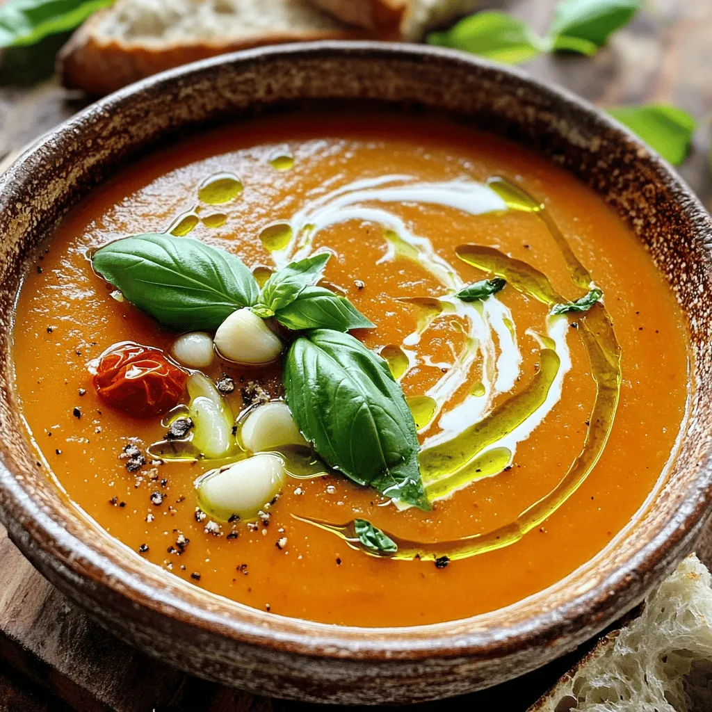 Für die perfekte geröstete Tomate-Basilikum-Suppe benötigst du folgende Zutaten: - 900 g reife Tomaten, halbiert - 1 mittelgroße Zwiebel, geviertelt - 5 Zehen Knoblauch, ungeschält - 3 Esslöffel Olivenöl - 1 Teelöffel Salz - 1/2 Teelöffel schwarzer Pfeffer - 1/2 Teelöffel rote Pfefferflocken (optional) - 1 Liter Gemüsebrühe - 1 Tasse frische Basilikumblätter, fest gepackt - 1 Esslöffel Balsamico-Essig - 120 ml Schlagsahne (optional) Diese Menge reicht für etwa 4 bis 6 Portionen. Du kannst die Zutaten leicht anpassen, je nachdem, wie viele Gäste du hast. Wenn du für weniger Personen kochst, teile einfach die Mengen. Die Auswahl der richtigen Tomaten macht einen großen Unterschied. Achte auf die folgenden Punkte: - Reife: Wähle Tomaten, die fest, aber leicht weich sind. Sie sollten einen süßen Geruch haben. - Farben: Suche nach leuchtend roten oder orangefarbenen Tomaten. Diese sind oft süßer und aromatischer. - Saison: Nutze saisonale Tomaten. Sie schmecken besser und sind meist frischer. - Bio: Wenn möglich, wähle Bio-Tomaten. Diese enthalten weniger Pestizide und haben oft mehr Geschmack. Wenn du diese Tipps befolgst, wird deine Suppe voller Geschmack sein. Für das vollständige Rezept, schau dir die gesamte Anleitung an. Heize deinen Ofen auf 200 °C vor. Das Rösten macht die Tomaten süßer. Nimm eine große Auflaufform und lege die halbierten Tomaten hinein. Füge die geviertelte Zwiebel und die ungeschälten Knoblauchzehen hinzu. Beträufle alles mit Olivenöl. Würze die Mischung mit Salz, Pfeffer und optionalen roten Pfefferflocken. Mische alles gut, damit die Zutaten gleichmäßig bedeckt sind. Schiebe die Auflaufform in den heißen Ofen. Röste die Mischung für etwa 30 bis 35 Minuten. Die Tomaten sollten leicht karamellisiert sein. Die Zwiebeln werden zart und süß. Nach dem Rösten, nimm die Form aus dem Ofen und lasse sie kurz abkühlen. Entferne die Haut der Knoblauchzehen. Das Rösten bringt die Aromen zur Geltung und macht die Suppe köstlich. Gib die gerösteten Tomaten, Zwiebeln, Knoblauch und Gemüsebrühe in einen großen Topf. Koche die Mischung bei mittlerer Hitze für etwa 10 Minuten. Füge die frischen Basilikumblätter und den Balsamico-Essig hinzu. Püriere die Suppe mit einem Stabmixer oder in einem normalen Mixer, bis sie glatt ist. Wenn du magst, rühre die Schlagsahne ein für mehr Cremigkeit. Schmecke die Suppe mit zusätzlichem Salz und Pfeffer ab. Erwärme sie sanft, bis sie heiß ist. Für das vollständige Rezept, siehe [Full Recipe]. Um die perfekte Konsistenz zu erreichen, püriere die Suppe gut. Du kannst einen Stabmixer verwenden. Alternativ kannst du die Mischung auch in einem Standmixer pürieren. Wenn die Suppe zu dick ist, füge etwas Gemüsebrühe hinzu. Für eine cremige Textur kannst du auch Schlagsahne verwenden. Um den Geschmack der Suppe zu intensivieren, röstest du die Tomaten gut. Das Rösten bringt natürliche Süße hervor. Füge frische Kräuter wie Basilikum erst am Ende hinzu. Balsamico-Essig verleiht der Suppe einen interessanten Kick. Ein Hauch von roten Pfefferflocken gibt ein wenig Wärme. Ein häufiger Fehler ist, die Tomaten nicht lange genug zu rösten. Sie sollten leicht karamellisiert sein. Achte darauf, die Zwiebeln und Knoblauch nicht zu verbrennen. Das kann bitter schmecken. Ein weiterer Fehler ist das Überpürieren. Du möchtest eine samtige, aber nicht völlig glatte Suppe. Halte einen Teil der Textur für mehr Biss. {{image_4}} Um die Suppe vegan zu machen, ersetze die Schlagsahne durch Kokosmilch oder Cashewcreme. Diese Optionen geben der Suppe eine reichhaltige, cremige Textur. Du kannst auch den Balsamico-Essig weglassen, wenn du einen anderen Geschmack möchtest. Achte darauf, Gemüsebrühe ohne tierische Produkte zu wählen. Diese einfachen Änderungen machen die Suppe für alle geeignet. Du kannst der Suppe viele verschiedene Zutaten hinzufügen. Probier zum Beispiel Karotten oder Sellerie für mehr Geschmack und Nährstoffe. Ein Schuss Zitronensaft bringt Frische. Parmesan oder Feta-Käse sind tolle Optionen, wenn du nicht vegan bist. Für einen scharfen Kick füge etwas Chili oder scharfe Soße hinzu. Mit diesen Zutaten wird die Suppe noch interessanter. Die Suppe ist sehr vielseitig. Du kannst sie mit verschiedenen Kräutern wie Thymian oder Oregano mischen. Diese Kräuter bringen neue Aromen. Auch eine Prise Zimt kann den Geschmack verfeinern. Wenn du es noch bunter magst, füge ein paar geröstete Paprika oder Zucchini hinzu. Diese Variationen machen die Suppe zu deinem eigenen besonderen Gericht. Das Rezept zeigt dir, wie du deine eigene Version kreierst. Um die Aromen der gerösteten Tomate-Basilikum-Suppe zu bewahren, solltest du sie richtig lagern. Lass die Suppe zuerst abkühlen. Fülle sie dann in luftdichte Behälter. Diese Behälter schützen vor Luft und Feuchtigkeit. Du kannst die Suppe bis zu fünf Tage im Kühlschrank aufbewahren. Beim Aufwärmen ist es wichtig, die Suppe gleichmäßig zu erhitzen. Gieße die Suppe in einen Topf. Erwärme sie bei mittlerer Hitze. Rühre gelegentlich um, damit sie nicht anbrennt. Du kannst etwas Wasser oder Brühe hinzufügen, wenn sie zu dick ist. So bleibt die Suppe schön cremig. Im Kühlschrank bleibt die Suppe bis zu fünf Tage frisch. Wenn du sie länger aufbewahren möchtest, friere sie ein. In einem gefrierfesten Behälter hält sie bis zu drei Monate. Achte darauf, etwas Platz im Behälter zu lassen. Die Suppe dehnt sich beim Gefrieren aus. Wenn du bereit bist, sie zu essen, taue sie im Kühlschrank auf. Danach erwärmst du sie wie oben beschrieben. So bleibt der Geschmack und die Frische erhalten. Für das vollständige Rezept, schau dir die Full Recipe an. Um die Suppe vegan zu machen, kann man die Schlagsahne weglassen. Stattdessen kann man etwas Kokosmilch oder Cashewcreme verwenden. Diese Optionen geben der Suppe eine cremige Textur, ohne Tierprodukte zu nutzen. Außerdem kann man die Gemüsebrühe sicherstellen, dass sie vegan ist. Das ist einfach und lecker. Ja, du kannst frische Tomaten verwenden. Allerdings ist der Geschmack anders. Geröstete Tomaten haben ein intensiveres Aroma. Frische Tomaten wären saftiger, aber weniger süß. Wenn du frische Tomaten verwendest, koche sie einfach etwas länger. Das hilft, ihren Geschmack zu vertiefen. Zu dieser Suppe passen viele Beilagen. Ein Stück rustikales Brot ist eine gute Wahl. Es eignet sich hervorragend zum Dippen. Auch ein einfacher Salat kann die Suppe ergänzen. Für etwas mehr Fülle kannst du auch gegrilltes Gemüse servieren. Diese Kombinationen machen das Essen noch besser. Diese Suppe ist einfach und lecker. Wir haben die besten Zutaten untersucht und Tipps zur Auswahl gegeben. Die Schritt-für-Schritt-Anleitung macht das Rösten und Pürieren leicht. Ich habe auch Tricks geteilt, um den Geschmack zu verbessern und häufige Fehler zu vermeiden. Variationen bieten dir Vielfalt. Denke daran, die Suppe richtig zu lagern, damit sie frisch bleibt. Jetzt bist du bereit, deine eigene köstliche Suppe zu zaubern!