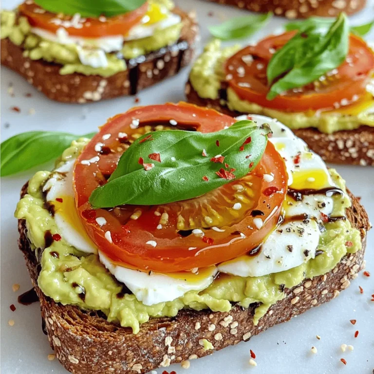 - Vollkorn- oder Sauerteigbrot - Reife Avocado - Tomate und Mozzarella Die Hauptzutaten sind einfach und frisch. Du brauchst zwei Scheiben Vollkorn- oder Sauerteigbrot. Diese Brotsorten geben einen tollen Geschmack. Eine reife Avocado ist wichtig. Sie sollte weich sein, aber nicht matschig. Tomaten bringen eine süße Frische. Wähle eine mittelgroße, saftige Tomate. Dazu kommt frischer Mozzarella. Er gibt eine cremige Textur und viel Geschmack. - Hochwertiges Olivenöl - Balsamico-Reduktion - Salz, Pfeffer und rote Pfefferflocken Die Gewürze machen den Toast besonders. Hochwertiges Olivenöl ist ein Muss. Es bringt einen fruchtigen Geschmack. Eine Balsamico-Reduktion sorgt für eine süß-saure Note. Salz und Pfeffer bringen die Aromen zum Leuchten. Rote Pfefferflocken fügen eine milde Schärfe hinzu, wenn du es magst. Diese Kombination macht deinen Caprese Avocado Toast lecker und spannend. Du kannst das gesamte Rezept [Full Recipe] nachlesen, um alles in einem Blick zu sehen. Beginnen Sie damit, die Brotscheiben zu toasten. Eine Röstzeit von etwa 3 bis 5 Minuten reicht meist aus. Das Brot sollte goldbraun und knusprig sein. Diese Textur gibt Ihrem Toast Halt und Geschmack. Für dieses Rezept empfehle ich Vollkorn- oder Sauerteigbrot. Diese Brote haben den besten Geschmack und die beste Konsistenz. Während das Brot tostet, nehmen Sie die reife Avocado. Schneiden Sie sie in der Mitte auf und nehmen Sie den Kern heraus. Kratzen Sie das Fruchtfleisch in eine Schüssel. Zerdrücken Sie es mit einer Gabel, aber lassen Sie einige Stücke für die Textur. Würzen Sie die Avocado mit Salz und Pfeffer. Wenn Sie es scharf mögen, fügen Sie rote Pfefferflocken hinzu. Sobald das Brot goldbraun ist, verteilen Sie die zerdrückte Avocado gleichmäßig auf den Brotscheiben. Legen Sie die Tomatenscheiben darauf, gefolgt von den Mozzarellascheiben. Träufeln Sie hochwertiges Olivenöl und Balsamico-Reduktion darüber. Garnieren Sie das Ganze mit frischen Basilikumblättern. Diese Farben und Aromen machen Ihr Gericht lebendig. Servieren Sie sofort, solange das Brot warm und knusprig ist. Für die vollständige Zubereitung können Sie die [Full Recipe] einsehen. Um dein Caprese Avocado Toast zu verbessern, probiere verschiedene Gewürze aus. Eine Prise Knoblauchpulver oder geräuchertes Paprikapulver kann viel Geschmack hinzufügen. Du kannst auch frischen Pfeffer verwenden, um das Aroma zu verstärken. Saisonale Zutaten machen das Gericht noch besser. Im Sommer sind reife, saftige Tomaten perfekt. Im Herbst könntest du geröstete Kürbiswürfel hinzufügen. Achte darauf, frische Zutaten zu wählen. Sie bringen mehr Geschmack und Nährstoffe. Das Anrichten spielt eine große Rolle. Für besondere Anlässe kannst du dein Toast auf Holzbrettchen servieren. Füge ein paar Basilikumblätter neben dem Toast hinzu. Das sieht toll aus und gibt frische Aromen. Verwende schöne Gabeln und Teller. Einfarbige Teller lassen die Farben des Toasts besser zur Geltung kommen. Wenn du das Toast in der Mitte des Tellers anrichtest, sieht es noch ansprechender aus. Diese kleinen Tricks helfen dir, dein Gericht schöner zu präsentieren und beeindrucken deine Gäste. {{image_4}} Ersatz für Mozzarella Wenn du eine vegane Option suchst, probiere Cashew-Käse oder Tofu. Diese Optionen sind cremig und fügen einen tollen Geschmack hinzu. Du kannst auch den klassischen veganen Mozzarella verwenden, der meist aus Kokosnuss oder Mandeln gemacht wird. Alternativen zur Balsamico-Reduktion Statt Balsamico-Reduktion kannst du einen Spritzer Zitronensaft verwenden. Das gibt dem Toast eine frische Note. Auch eine Mischung aus Sojasauce und Honig ist lecker und bietet eine süße, salzige Balance. Weitere Gemüsesorten und Proteine Du kannst dein Toast mit weiteren Gemüsesorten anreichern. Avocado passt gut zu Paprika, Radieschen oder Gurken. Für mehr Protein füge etwas Kichererbsenpüree oder geröstete Bohnen hinzu. Diese Zutaten machen dein Gericht noch nahrhafter. Ideen für zusätzliche Geschmacksträger Verfeinere deinen Toast mit Nüssen oder Saaten. Pinienkerne und Walnüsse geben einen schönen Crunch. Auch frische Kräuter wie Oregano oder Thymian bringen spannende Aromen. Experimentiere mit verschiedenen Gewürzen, um deinen perfekten Geschmack zu finden. Um den Caprese Avocado Toast frisch zu halten, lege die Reste in einen luftdichten Behälter. Dies hilft, den Geschmack und die Textur zu bewahren. Stelle sicher, dass der Behälter nicht zu voll ist, damit die Toasts nicht zusammenkleben. Um matschiges Brot zu vermeiden, lagere die Toasts nicht mit den feuchten Zutaten. Halte die Avocado und die Tomaten getrennt. Wenn du die Zutaten wieder zusammensetzen möchtest, mache dies kurz vor dem Servieren. Die Frische des Caprese Avocado Toast hängt stark von den Zutaten ab. Die Avocado sollte möglichst frisch sein, da sie schnell braun wird. In der Regel bleibt der Toast 1 bis 2 Tage im Kühlschrank gut. Entsorge den Toast, wenn du eine bräunliche Färbung oder einen unangenehmen Geruch bemerkst. Dies ist ein Zeichen, dass die Zutaten nicht mehr frisch sind. Frische Zutaten machen den Toast lecker und gesund. Um die perfekte Avocado zu wählen, drücke sie sanft. Sie sollte leicht nachgeben. Achte darauf, dass sie keine dunklen Stellen hat. Eine reife Avocado hat eine grüne Farbe unter der Haut. Wenn du sie nicht sofort verwendest, lass sie bei Raumtemperatur. So reift sie weiter. Du kannst sie auch im Kühlschrank lagern, wenn sie reif ist. Ja, du kannst das Rezept leicht anpassen. Wenn du glutenfrei essen möchtest, wähle glutenfreies Brot. Du kannst auch Mozzarella durch einen veganen Käse ersetzen. Für einen schärferen Geschmack füge Chili oder Paprika hinzu. Sei kreativ mit frischen Kräutern wie Petersilie oder Schnittlauch. So machst du es zu deinem eigenen Gericht. Die Zubereitung dauert nur 10 Minuten. Das Toasten des Brotes und das Vorbereiten der Avocado sind schnell. Die gesamte Zeit beträgt etwa 15 Minuten. So hast du in kurzer Zeit ein leckeres Gericht. Caprese Avocado Toast kommt aus Italien. Es kombiniert die klassischen Aromen von Caprese mit Avocado. Diese Mischung ist sehr beliebt und findet oft Verwendung in Cafés. Die Farben der Zutaten machen das Gericht ansprechend. Es ist einfach und schnell zuzubereiten, was es zur perfekten Wahl für viele macht. Ja, Caprese Avocado Toast ist sehr gesund. Avocados sind reich an gesunden Fetten. Tomaten bieten viele Vitamine und Antioxidantien. Mozzarella enthält Calcium und Protein. Der Toast hat Ballaststoffe, die gut für die Verdauung sind. Diese Kombination macht das Gericht nahrhaft und sättigend. Das Rezept für Caprese Avocado Toast ist einfach und lecker. Wir haben die besten Zutaten, wie Vollkornbrot und frische Avocado, besprochen. Du hast gelernt, wie man die Brote perfekt toastet und die Avocado vorbereitet. Neben Tipps zur Präsentation gibt es auch leckere Variationen und Lagertipps. Wähle die besten Zutaten und entdecke neue Kombinationen. Genieße die verschiedenen Möglichkeiten, nominiere es für besondere Anlässe und bewahre Reste richtig auf. Viel Spaß beim Ausprobieren!