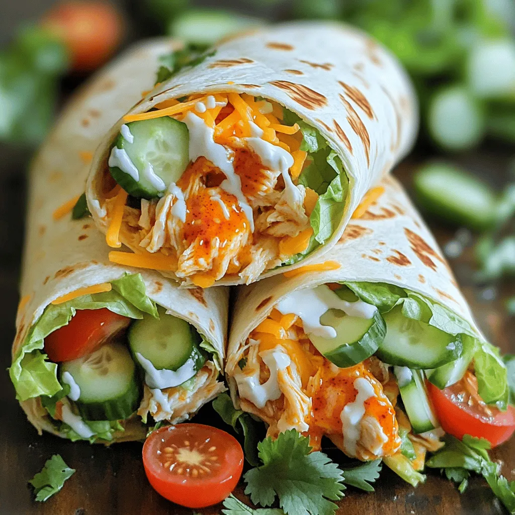 - 2 Tassen gekochtes, zerrissenes Hähnchen - ½ Tasse Buffalo-Sauce - ½ Tasse Ranch-Dressing - 1 Tasse zerrissener Kopfsalat - 1 Tasse gewürfelte Tomaten - ½ Tasse gewürfelte Gurken - ½ Tasse geriebener Cheddar-Käse - 4 große Tortillas aus Weizenmehl - Frischer Koriander oder Petersilie (optional) - Salz und Pfeffer nach Geschmack Um die besten Buffalo Ranch Chicken Wraps zu machen, brauchst du frische Zutaten. Ich empfehle, ein fertiges Rotisserie-Hähnchen zu verwenden. Das spart Zeit und macht das Hähnchen super saftig. Achte darauf, dass die Buffalo-Sauce deinen Geschmack trifft. Du kannst sie nach Belieben anpassen. Die Kombination aus Ranch-Dressing und Buffalo-Sauce gibt dem Wrap seinen besonderen Kick. Frischer Kopfsalat, Tomaten und Gurken sorgen für die nötige Frische. Cheddar-Käse bringt einen tollen Geschmack und eine cremige Textur. Die Tortillas sind wichtig, damit alles zusammen bleibt. Große Weizentortillas sind ideal. Wenn du magst, kannst du frischen Koriander oder Petersilie für einen Farbtupfer hinzufügen. Vergiss nicht, mit Salz und Pfeffer zu würzen. Diese Wraps sind einfach und machen Spaß. Du kannst das vollständige Rezept hier finden: [Full Recipe]. Zuerst nimmst du das gekochte Hähnchen. Zerrisse es in kleine Stücke. In einer großen Schüssel vermischst du das Hähnchen mit der Buffalo-Sauce und dem Ranch-Dressing. Mische alles gut durch. Achte darauf, dass das Hähnchen gleichmäßig überzogen ist. So bekommt jeder Bissen den vollen Geschmack. Jetzt geht es an die Tortillas. Breite sie auf einer sauberen Fläche aus. In die Mitte jeder Tortilla kommt der zerrissene Kopfsalat. Darauf kommen die gewürfelten Tomaten und Gurken. Nun füge die vorbereitete Buffalo-Ranch-Hähnchenmischung hinzu. Zum Schluss streue den geriebenen Cheddar-Käse gleichmäßig über die Füllung. Das sieht nicht nur gut aus, es schmeckt auch toll! Jetzt rollst du die Wraps ein. Klappe die Seiten der Tortilla ein und rolle sie von unten nach oben. So bleibt die Füllung gut drin. Wenn du magst, kannst du die Wraps in einer Pfanne anrösten. Das gibt ihnen eine knusprige Oberfläche. Röste sie etwa 2-3 Minuten pro Seite. Schneide die Wraps in der Mitte durch. Garniere sie nach Wunsch mit extra Ranch-Dressing und frischem Koriander oder Petersilie. So sehen deine Wraps einladend aus und sind bereit zum Servieren. Um die beste Wrap-Füllung zu machen, achte auf die Flüssigkeit. Zu viel Flüssigkeit macht die Tortilla matschig. Mische das Hähnchen mit Buffalo-Sauce und Ranch-Dressing, bis alles gut bedeckt ist. Halte das Verhältnis im Blick. Eine halbe Tasse Sauce reicht für zwei Tassen Hähnchen. So bleibt der Wrap fest und lecker. Um deinen Wrap knusprig zu machen, röste ihn in einer Pfanne. Erhitze die Pfanne auf mittlerer Hitze. Lege die Wraps hinein und röste sie zwei bis drei Minuten pro Seite. Achte darauf, dass sie goldbraun werden. So bekommst du den perfekten Crunch. Serviere die Wraps mit Beilagen wie Karottensticks oder Sellerie. Diese bringen einen frischen Geschmack. Ein Dip aus extra Ranch-Dressing passt auch gut dazu. Du kannst die Wraps auch mit frischem Koriander oder Petersilie garnieren. Das sieht schön aus und gibt Geschmack. {{image_4}} Für eine fleischlose Variante der Buffalo Ranch Chicken Wraps verwende ich oft pflanzliche Produkte. Statt Hähnchen kannst du zerdrückte Kichererbsen oder gerösteten Blumenkohl verwenden. Diese Alternativen sind lecker und bieten eine tolle Textur. Du kannst auch Tofu verwenden, das mit Buffalo-Sauce mariniert wird. Das gibt den Wraps einen tollen Geschmack. Achte darauf, die restlichen Zutaten wie das Ranch-Dressing und die frischen Gemüse beizubehalten. Das macht die Wraps bunt und vollwertig. Um die Wraps interessanter zu machen, kannst du verschiedene Saucen und Kräuter nutzen. Probiere zum Beispiel BBQ-Sauce statt Buffalo-Sauce für einen rauchigen Geschmack. Auch Sriracha-Sauce fügt eine scharfe Note hinzu. Kräuter wie Dill oder Schnittlauch passen gut zu Ranch-Dressing. Diese Variationen bringen neue Aromen und machen deine Wraps einzigartig. Sei kreativ und finde heraus, was dir am besten schmeckt. Zusätzliche Füllungen können die Wraps aufpeppen. Avocado ist eine großartige Wahl. Sie bringt Cremigkeit und gesunde Fette. Du könntest auch schwarze Bohnen hinzufügen, um mehr Protein zu bekommen. Mais gibt eine süße Note und viel Farbe. Wenn du mehr Crunch willst, probiere auch geraspelte Karotten oder Paprika. Diese Zutaten machen deine Wraps noch aufregender und nahrhafter. Um die Buffalo Ranch Chicken Wraps frisch zu halten, lege sie in einen luftdichten Behälter. So bleibt der Geschmack erhalten. Du kannst die Wraps auch einzeln in Frischhaltefolie wickeln. Das schützt sie vor dem Austrocknen. Wenn du die Wraps im Kühlschrank aufbewahrst, sollten sie 3 bis 4 Tage frisch bleiben. Wenn du sie länger lagern möchtest, friere sie ein. Achte darauf, dass sie gut verpackt sind, um Gefrierbrand zu vermeiden. Im Gefrierfach sind die Wraps bis zu 2 Monate haltbar. Um die Wraps wieder aufzuwärmen, gibt es einige gute Methoden. Die beste Methode ist, sie in einer Pfanne bei mittlerer Hitze zu erhitzen. Das gibt ihnen eine knusprige Textur. Du kannst sie auch im Ofen auf 180 Grad Celsius erwärmen. Wickel die Wraps in Alufolie, um sie saftig zu halten. Eine Mikrowelle ist auch eine Option, aber sie kann die Wraps weich machen. Wenn du die Mikrowelle wählst, lege einen feuchten Küchenpapier über die Wraps. Dies hilft, die Feuchtigkeit zu behalten. Die Wraps sind im Kühlschrank etwa drei bis vier Tage haltbar. Für beste Frische lege die Wraps in einen luftdichten Behälter. So bleiben sie saftig und lecker. Wenn du sie länger aufbewahren möchtest, friere sie ein. Achte darauf, sie gut einzuwickeln, um Gefrierbrand zu vermeiden. Ja, du kannst andere Proteine nutzen. Gegrilltes Hähnchen oder Putenfleisch sind tolle Alternativen. Du kannst auch Tofu für eine vegetarische Option verwenden. Wenn du eine schnelle Lösung suchst, probiere Thunfisch oder Kichererbsen. Diese Optionen passen gut zur Buffalo-Sauce und Ranch-Dressing. In vielen Restaurants und Cafés kannst du Buffalo Ranch Chicken Wraps finden. Ketten wie "Chipotle" oder "Panera Bread" bieten ähnliche Wraps an. Auch lokale Diner und Grillrestaurants haben oft solche Gerichte auf der Speisekarte. Es lohnt sich, die Menüs in deiner Umgebung zu überprüfen. Ja, du kannst die Wraps im Voraus vorbereiten. Mache die Füllung und bewahre sie getrennt auf. Fülle die Wraps erst kurz vor dem Servieren, um sie frisch zu halten. Das macht es einfach, sie für Partys oder Picknicks vorzubereiten. Du kannst auch die Tortillas im Voraus aufwärmen, um sie weich zu halten. In diesem Blogpost haben wir ein einfaches Rezept für Buffalo Ranch Chicken Wraps besprochen. Wir haben die benötigten Zutaten aufgelistet, die Zubereitung Schritt für Schritt erklärt und einige nützliche Tipps gegeben. Wraps sind vielseitig und können angepasst werden. Denke daran, deine Wraps frisch zu halten und kreativ mit Füllungen umzugehen. Probiere verschiedene Saucen und Gemüse, um neue Geschmäcker zu entdecken. Sicher dir so ein leckeres Essen, das dich überrascht!