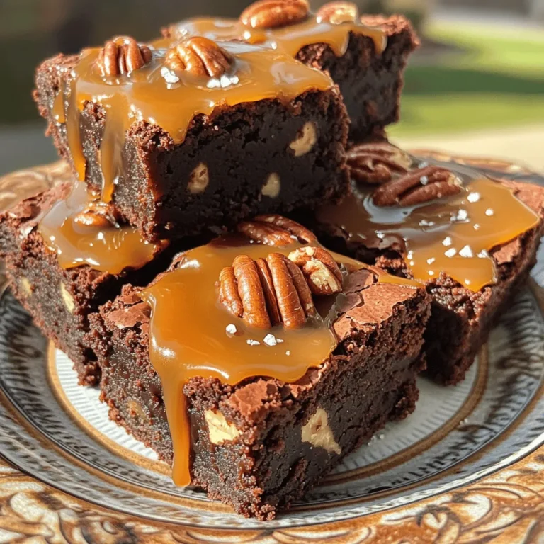Für diese leckeren Karamell-Pecannuss-Turtle-Brownies brauchst du einige einfache Zutaten. Hier ist, was du benötigst: - 1 Tasse ungesalzene Butter, geschmolzen - 2 Tassen Kristallzucker - 4 große Eier - 1 Teelöffel Vanilleextrakt - 1 Tasse Allzweckmehl - 1 Tasse ungesüßtes Kakaopulver - 1/2 Teelöffel Backpulver - 1/4 Teelöffel Salz - 1 Tasse gehackte Pecannüsse - 1 Tasse Karamellsoße (kann gekauft oder selbstgemacht sein) - Meersalz zum Bestreuen Diese Zutaten sorgen für den perfekten Geschmack und die richtige Textur. Achte darauf, die Butter gut zu schmelzen, damit sie gleichmäßig in den Teig einzieht. Die Kombination aus Zucker, Eiern und Vanille sorgt für eine süße Basis. Das Kakaopulver macht die Brownies schokoladig und reichhaltig. Frische Pecannüsse sind der Schlüssel zu einem tollen Geschmack. Achte beim Kauf auf folgende Punkte: - Geruch: Die Nüsse sollten frisch riechen, nicht ranzig. - Aussehen: Wähle Nüsse, die ganz und unbeschädigt sind. - Verpackung: Kaufe Nüsse in luftdichten Verpackungen oder aus offenen Behältern, die gut gekühlt sind. Wenn du frische Nüsse verwendest, wird der Geschmack deiner Brownies viel besser. Du kannst sie auch leicht in einer Pfanne anrösten, um den Geschmack noch mehr zu intensivieren. Es gibt viele Möglichkeiten, diese Brownies an verschiedene Ernährungsbedürfnisse anzupassen: - Glutenfrei: Verwende glutenfreies Mehl anstelle von Allzweckmehl. - Vegan: Ersetze die Eier durch Apfelmus oder Leinsamen. - Zuckerfrei: Nutze einen Zuckerersatz wie Erythrit oder Stevia. Diese Alternativen ermöglichen es jedem, diese köstlichen Brownies zu genießen. Probiere verschiedene Optionen aus und finde die, die dir am besten schmeckt. Für das vollständige Rezept, sieh dir den Abschnitt "Full Recipe" an. Um die besten Karamell-Pecannuss-Turtle-Brownies zu machen, beginne mit der Vorbereitung. Heize deinen Ofen auf 175 °C vor. Fette eine Backform von 23x33 cm ein oder lege sie mit Backpapier aus. Das macht das Herausnehmen einfacher. In einer großen Schüssel vermenge die geschmolzene Butter und den Kristallzucker. Rühre gut, bis die Mischung glatt ist. Jetzt kommen die Eier und der Vanilleextrakt dazu. Schlage alles gut durch, bis es eine einheitliche Masse ergibt. In einer anderen Schüssel siebe das Mehl, Kakaopulver, Backpulver und Salz. Füge diese trockenen Zutaten langsam zur feuchten Mischung hinzu. Rühre nicht zu lange, damit die Textur der Brownies bleibt. Hebe dann die gehackten Pecannüsse unter, aber spare etwas für später. Gieße den Teig in die Backform und streiche ihn glatt. Backe die Brownies für 25-30 Minuten. Nutze einen Zahnstocher, um die Garstufe zu prüfen. Wenn er mit feuchten Krümeln herauskommt, sind die Brownies bereit. Sobald du die Brownies aus dem Ofen nimmst, träufle die Karamellsoße sofort darüber. Verwende ein Messer oder einen Spatel, um die Soße vorsichtig einzurühren. Das sorgt für einen tollen Marmoreffekt. Achte darauf, nicht zu stark zu rühren. Du möchtest die Karamell- und Brownie-Schichten sichtbar halten. Streue dann die restlichen Pecannüsse gleichmäßig über die Karamellsoße. Drücke sie leicht an, damit sie haften bleibt. Lass die Brownies in der Form für mindestens 30 Minuten abkühlen. Das macht das Schneiden einfacher. Schneide die Brownies in Stücke. Vor dem Servieren streue eine Prise Meersalz darüber. Das Salz hebt die Aromen hervor. Serviere die Brownies auf einem schönen Teller. Du kannst noch etwas Karamellsoße darüberträufeln und mit ganzen Pecannüssen garnieren. So machst du sie noch einladender. Wenn du mehr Details über das Rezept möchtest, schau dir die Full Recipe an. Wenn du Brownies backst, gibt es einige Fehler, die leicht passieren können. Ein häufiges Problem ist das Übermischen des Teigs. Dies kann zu zähen Brownies führen. Mische einfach die Zutaten, bis sie gerade verbunden sind. Ein weiterer Fehler ist das Nicht-Überprüfen der Ofentemperatur. Jeder Ofen kann anders sein. Benutze ein Ofenthermometer, um sicherzustellen, dass die Temperatur stimmt. Die perfekte Konsistenz für Brownies ist fudgy und weich. Um dies zu erreichen, achte darauf, die Backzeit nicht zu überschreiten. Brownies sind fertig, wenn ein Zahnstocher einige feuchte Krümel zeigt. Zusätzlich sollte der Teig vor dem Backen nicht zu lange stehen. Je frischer der Teig, desto besser das Ergebnis. Um deine Brownies noch besser zu machen, verwende hochwertige Zutaten. Frische Eier und echte Vanille machen einen großen Unterschied. Ein weiterer Tipp ist, die Karamellsoße gleich nach dem Backen hinzuzufügen. So kann sie schön einziehen. Für ein besonderes Finish, streue etwas Meersalz darüber. Der Kontrast von süß und salzig macht die Brownies unwiderstehlich. Für das vollständige Rezept, schaue dir die Anleitung für die Karamell-Pecannuss-Turtle-Brownies an! {{image_4}} Wenn du deine Karamell-Pecannuss-Turtle-Brownies aufpeppen möchtest, gibt es viele tolle Ideen. Hier sind einige einfache und leckere Optionen: - Schokoladenstückchen: Streue einige Schokoladenstückchen über die Karamellschicht, bevor du die Pecannüsse hinzufügst. - Geröstete Nüsse: Probiere andere Nüsse wie Mandeln oder Walnüsse für einen anderen Geschmack. - Kokosflocken: Füge geröstete Kokosflocken hinzu, um eine tropische Note zu erhalten. - Schlagsahne: Serviere die Brownies mit einem Klecks Schlagsahne für einen cremigen Kontrast. Diese Toppings machen die Brownies noch schmackhafter und ansprechender. Wenn du eine glutenfreie Version der Turtle Brownies machen willst, ist das ganz leicht. Du kannst das Allzweckmehl durch glutenfreies Mehl ersetzen. Achte darauf, dass es eine Mischung ist, die für das Backen geeignet ist. Hier sind einige Tipps: - Mandelmehl: Es gibt den Brownies einen nussigen Geschmack. - Kokosmehl: Kokosmehl ist eine weitere gute Option, aber verwende weniger, da es viel Flüssigkeit aufnimmt. - Hafermehl: Verwende gemahlene Haferflocken für einen herzhaften Geschmack, aber achte darauf, dass sie glutenfrei sind. Diese Alternativen sorgen dafür, dass die Brownies dennoch lecker und saftig bleiben. Für eine vegane Version der Karamell-Pecannuss-Turtle-Brownies kannst du einige einfache Änderungen vornehmen. Hier sind einige Ideen: - Butter: Ersetze die Butter durch Pflanzenmargarine oder Kokosöl. - Eier: Verwende Leinsamen- oder Chia-Eier. Mische einen Esslöffel Leinsamen oder Chia mit drei Esslöffeln Wasser und lasse es quellen. - Karamellsoße: Suche nach veganer Karamellsoße oder mache sie selbst mit Kokosmilch und Zucker. Mit diesen Alternativen kannst du alle genießen, selbst wenn sie auf pflanzliche Ernährung achten. Du kannst die vollständigen Schritte für die Zubereitung in der [Full Recipe] finden. Um die Karamell-Pecannuss-Turtle-Brownies frisch zu halten, lege sie in einen luftdichten Behälter. Du kannst sie auch in Frischhaltefolie wickeln. Achte darauf, dass sie gut abgekühlt sind, bevor du sie lagerst. So bleibt die Karamellsoße schön klebrig und schmackhaft. Wenn du sie im Kühlschrank lagerst, genießen sie eine zusätzliche Frische. Sie halten sich bis zu einer Woche. Wenn du die Brownies länger aufbewahren möchtest, friere sie ein. Schneide die Brownies in Stücke und lege sie in einen Gefrierbeutel. Vergiss nicht, die Luft herauszudrücken, um Gefrierbrand zu vermeiden. Du kannst die Brownies bis zu drei Monate im Gefrierfach lassen. Wenn du sie essen möchtest, lasse sie einfach bei Raumtemperatur auftauen. Frische Brownies schmecken am besten. Aber auch die eingefrorenen Brownies bleiben lecker. Die Konsistenz kann sich leicht ändern, wenn sie gefroren waren. Frisch gebackene Brownies sind weich und saftig. Nach einer Woche im Kühlschrank kann die Textur fester werden, aber der Geschmack bleibt toll. Wenn du die Brownies richtig lagerst, bleiben sie auch nach einigen Tagen noch ein Genuss. Karamell-Pecannuss-Turtle-Brownies sind in einem luftdichten Behälter bis zu einer Woche haltbar. Sie bleiben frisch und lecker, wenn du sie richtig aufbewahrst. Bei Zimmertemperatur bleibt die Textur weich und saftig. Du kannst sie auch im Kühlschrank aufbewahren, wenn du sie länger lagern möchtest. So bleiben sie bis zu zwei Wochen gut. Achte darauf, dass sie nicht austrocknen. Ja, du kannst die Karamellsoße selbst machen. Es ist einfach und macht deine Brownies noch besser. Du brauchst nur Zucker, Wasser und etwas Sahne. Erhitze Zucker und Wasser in einem Topf, bis der Zucker schmilzt und goldbraun wird. Dann füge vorsichtig die Sahne hinzu. Rühre gut um und lasse die Soße abkühlen. So hast du frische Karamellsoße für deine Brownies. Die Turtle Brownies stammen aus den USA. Der Name "Turtle" kommt von der Kombination von Karamell, Schokolade und Nüssen. Diese Zutaten erinnern an die Form einer Schildkröte. Die Idee ist, die süßen und salzigen Aromen zu verbinden. Turtle Brownies sind seit den 1990er Jahren beliebt. Sie vereinen die besten Aromen in einem leckeren Dessert. Diese Anleitung zeigt dir, wie du leckere Karamell-Pecannuss-Turtle-Brownies machst. Wir haben die beste Auswahl an Zutaten besprochen und wichtige Tipps gegeben. Achte beim Backen auf die richtige Technik, um perfekte Brownies zu erzielen. Variationen wie glutenfreie oder vegane Optionen machen es jedem leicht, mitzumachen. Mit diesen Lagerungshinweisen bleiben deine Brownies frisch und lecker. Viel Spaß beim Backen und Genießen!