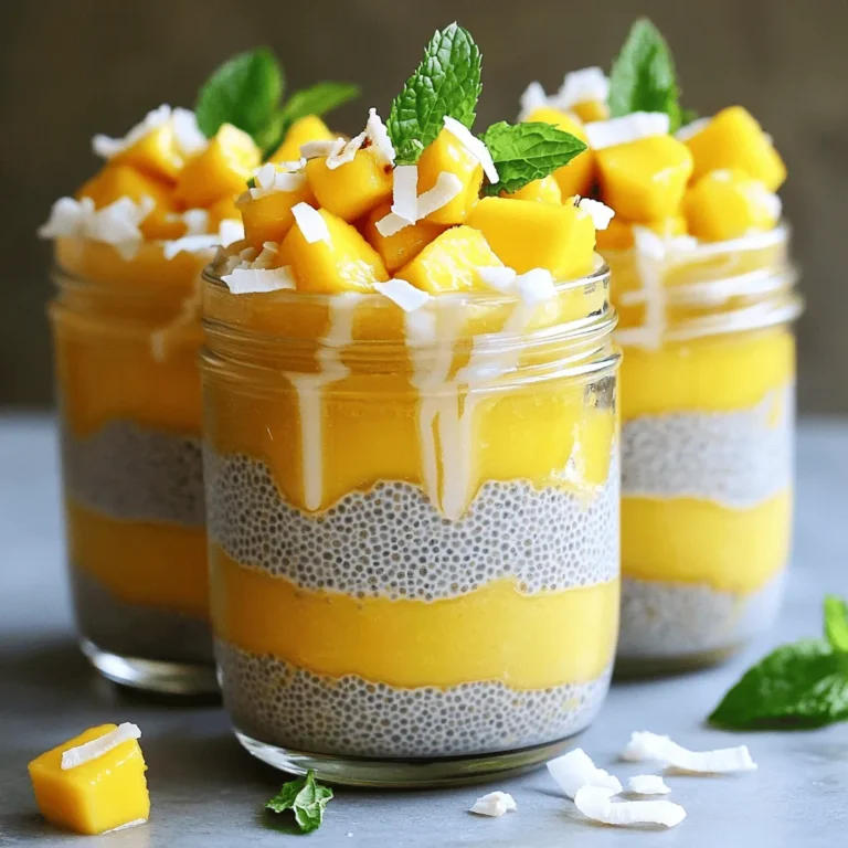 Für den köstlichen Kokosnuss-Mango Chia-Pudding brauchst du: - 1 Tasse Kokosmilch (aus der Dose oder Tetrapak) - 1 Tasse Mandelmilch (oder andere pflanzliche Milch) - 1/2 Tasse Chiasamen - 2 Esslöffel Ahornsirup oder Honig (nach Geschmack anpassen) - 1 reife Mango, gewürfelt - 1 Teelöffel Vanilleextrakt - Eine Prise Salz - Frische Minzblätter zur Garnierung (optional) Die Qualität der Zutaten macht einen großen Unterschied. Diese Zutaten sind leicht zu finden und bringen viel Geschmack. Achte darauf, frische Mangos zu wählen, die süß und reif sind. So bekommst du den besten Geschmack. Die Kokosmilch sollte cremig sein, um die Textur zu verbessern. Wenn du die Wahl hast, wähle Bio-Produkte. Sie sind oft frischer und gesünder. Chiasamen sind kleine Kraftpakete. Sie enthalten viel Ballaststoffe, Proteine und gesunde Fette. Sie helfen dir, dich satt zu fühlen und sind gut für die Verdauung. Kokosmilch bringt gesunde Fette mit, die dir Energie geben. Mangos sind reich an Vitaminen, besonders Vitamin C. Sie stärken dein Immunsystem und bringen Farbe in dein Essen. Dieses Rezept ist nicht nur lecker, sondern auch nahrhaft. Du kannst das gesamte Rezept für weitere Details und Anweisungen [Full Recipe] nachlesen. Um das perfekte Coconut Mango Chia Pudding zuzubereiten, beginne mit einer ruhigen Umgebung. Du brauchst frische Zutaten und die richtigen Werkzeuge. Stelle sicher, dass deine Schüsseln und Gläser sauber sind. Du wirst eine große Schüssel, einen Schneebesen und einen Messbecher benötigen. So wird alles glatt und einfach. 1. Nimm eine große Rührschüssel. Gib die Kokosmilch und die Mandelmilch hinein. 2. Rühre die Mischung mit einem Schneebesen gut um. Achte darauf, dass alles gleichmäßig vermischt ist. 3. Füge die Chiasamen, den Ahornsirup oder Honig, den Vanilleextrakt und die Prise Salz hinzu. 4. Rühre erneut, bis alle Zutaten gut kombiniert sind. 5. Lass die Mischung für 5 Minuten ruhen. Rühre dann noch einmal um, um Klumpen zu vermeiden. 6. Decke die Schüssel mit Frischhaltefolie ab oder teile die Mischung in Gläser auf. 7. Stelle die Gläser für mindestens 3-4 Stunden oder über Nacht in den Kühlschrank. 8. Wenn das Chia-Pudding fest ist, rühre es nochmals um, um eine glatte Konsistenz zu bekommen. Um dein Chia-Pudding schön zu präsentieren, schichte es in klare Gläser. So siehst du die schönen Schichten. Gib die gewürfelte Mango obenauf. Das macht das Dessert bunt und einladend. Für einen besonderen Kick kannst du frische Minzblätter als Garnierung verwenden. Ein wenig Kokosmilch oder geröstete Kokosnussflocken darüber machen es noch besser. Genieße deine tropische Köstlichkeit! Ein häufiger Fehler ist, die Chiasamen nicht genug umzurühren. Wenn du sie nur einmal hinzufügst, klumpen sie. Rühre die Mischung nach fünf Minuten erneut um. So verteilen sich die Samen gleichmäßig. Ein weiterer Fehler ist, nicht genug Zeit zum Quellen zu geben. Chiasamen brauchen Zeit, um Flüssigkeit aufzunehmen. Lass den Pudding mindestens drei Stunden im Kühlschrank. Am besten über Nacht. Um die perfekte Konsistenz zu erreichen, verwende die richtige Menge Flüssigkeit. Ein Verhältnis von 1:2 von Chiasamen zu Flüssigkeit ist ideal. Zu viel Flüssigkeit macht den Pudding dünn. Zu wenig macht ihn zu fest. Ein weiterer Tipp ist, die Mischung während der Kühlzeit einmal umzurühren. So bleibt die Textur gleichmäßig und glatt. Aromatische Zusätze machen den Pudding noch spannender. Probiere, etwas Zimt oder Kardamom hinzuzufügen. Diese Gewürze passen gut zu Mango und Kokosnuss. Du kannst auch andere Extrakte verwenden. Zum Beispiel Mandel- oder Kokosnuss-Extrakt. Diese geben dem Pudding einen besonderen Geschmack. Für mehr Frische füge Zitrusfrüchte hinzu. Limetten- oder Zitronensaft geben einen tollen Kick. Für das vollständige Rezept, schau dir die [Full Recipe] an. {{image_4}} Wenn Sie keine Kokos- oder Mandelmilch haben, gibt es viele Alternativen. Sojamilch ist eine gute Wahl. Sie hat einen milden Geschmack und viel Protein. Auch Hafermilch passt gut. Sie macht den Pudding cremig und lecker. Reis- oder Cashewmilch sind ebenfalls tolle Optionen. Probieren Sie aus, was Ihnen am besten schmeckt! Sie können den Pudding mit verschiedenen Früchten aufpeppen. Beeren wie Erdbeeren oder Heidelbeeren bringen eine süße Note. Auch Kiwi oder Ananas passen gut dazu. Für einen knusprigen Biss fügen Sie Nüsse oder Granola hinzu. Ein wenig geröstete Kokosnuss obendrauf macht es noch besser. Seien Sie kreativ und mixen Sie nach Lust und Laune! Dieser Pudding ist sehr anpassbar. Er ist bereits vegan und glutenfrei, da er keine tierischen Produkte enthält. Achten Sie darauf, dass Ihre Pflanzenmilch und Süßungsmittel ebenfalls glutenfrei sind. Für eine zuckerfreie Version verwenden Sie einfach einen natürlichen Süßstoff wie Stevia. So können alle diesen leckeren Pudding genießen! Um das Rezept zu entdecken, schauen Sie sich das [Full Recipe] an. Um den Kokosnuss-Mango Chia-Pudding frisch zu halten, ist die Lagerung wichtig. Bewahre den Pudding in einem luftdichten Behälter auf. So bleibt er lange gut. Du kannst auch kleine Gläser benutzen, um Portionen bereit zu haben. Dies macht das Servieren einfach und schnell. Im Kühlschrank bleibt der Pudding etwa 4 bis 5 Tage frisch. Achte darauf, dass der Behälter gut verschlossen ist. Wenn du den Pudding länger aufbewahren möchtest, solltest du ihn einfrieren. So kannst du ihn später genießen, ohne dass er schlecht wird. Du kannst den Pudding leicht einfrieren. Fülle ihn in einen gefrierfesten Behälter oder in kleine Portionen. Achte darauf, etwas Platz im Behälter zu lassen, da sich die Masse ausdehnt. Zum Auftauen, nimm den Pudding einfach aus dem Gefrierfach und stelle ihn in den Kühlschrank. Nach einigen Stunden ist er wieder genussfertig. Jetzt kannst du deine tropische Leckerei jederzeit genießen! Das Chia-Pudding sollte mindestens 3-4 Stunden im Kühlschrank sein. So wird es dick und cremig. Ich empfehle, es über Nacht stehen zu lassen. So hat es genug Zeit, um die perfekte Konsistenz zu erreichen. Ja, du kannst das Rezept im Voraus zubereiten. Es lässt sich leicht für mehrere Tage im Kühlschrank lagern. Bereite einfach die Mischung vor und stelle sie in Gläser. Das spart Zeit und macht das Frühstück oder Dessert schnell bereit. Chiasamen sind sehr gesund. Sie sind reich an Ballaststoffen, Omega-3-Fettsäuren und Antioxidantien. Diese Nährstoffe unterstützen die Verdauung und fördern ein gesundes Herz. Ein kleiner Löffel Chiasamen kann viel Gutes für deinen Körper tun. In diesem Blogbeitrag haben wir die wichtigen Zutaten für Chia-Pudding besprochen. Wir haben die Vorbereitung und Zubereitung Schritt für Schritt erklärt. Außerdem gab es nützliche Tipps und verschiedene Varianten. Jetzt wissen Sie, wie man Chia-Pudding macht, anpasst und richtig lagert. Genießen Sie das Experimentieren mit verschiedenen Geschmäckern und finden Sie Ihre ideale Mischung. Chia-Pudding ist nicht nur lecker, sondern auch gesund. Viel Spaß beim Ausprobieren!