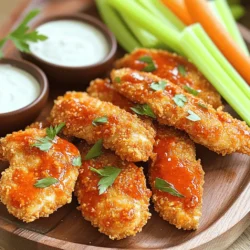 Um köstliche Air Fryer Buffalo Chicken Tenders zu machen, brauchen Sie folgende Zutaten: - 450 g Hähnchenbrustfilets (Tenders) - 100 g Panko- oder normale Semmelbrösel - 60 g Allzweckmehl - 1 großes Ei, verquirlt - 1 Teelöffel Knoblauchpulver - 1 Teelöffel Zwiebelpulver - 1 Teelöffel Paprika - 1 Teelöffel Salz - 1/2 Teelöffel schwarzer Pfeffer - 120 ml Buffalo-Sauce (kaufbereit oder selbstgemacht) - 30 g ungesalzene Butter, geschmolzen - Ranch- oder Blauschimmelkäse-Dressing zum Servieren Frische Zutaten sind der Schlüssel zu einem großartigen Gericht. Achten Sie beim Kauf auf folgende Punkte: - Hähnchen: Wählen Sie Hähnchenbrustfilets, die fest und rosig sind. - Semmelbrösel: Panko sorgt für mehr Knusprigkeit. Wählen Sie frische oder gut verpackte Semmelbrösel. - Gewürze: Überprüfen Sie das Haltbarkeitsdatum. Frische Gewürze haben einen stärkeren Geschmack. Es gibt viele Möglichkeiten, dieses Rezept anzupassen: - Glutenfrei: Verwenden Sie glutenfreies Mehl und glutenfreie Semmelbrösel. - Veganer: Tauschen Sie das Hähnchen gegen Tofustreifen. Nutzen Sie eine pflanzliche Sauce. - Gewürzarm: Lassen Sie scharfe Gewürze weg und nutzen Sie milde Varianten. Für die detaillierte Zubereitung besuchen Sie das [Full Recipe]. Zuerst spülen Sie die Hähnchentender unter kaltem Wasser ab. Tupfen Sie sie mit Küchenpapier trocken. Dies entfernt überschüssige Feuchtigkeit. Dann richten Sie Ihre Brotstation ein. Sie benötigen drei flache Schüsseln. In der ersten Schüssel mischen Sie das Mehl mit Knoblauchpulver, Zwiebelpulver, Paprika, Salz und Pfeffer. In der zweiten Schüssel stellen Sie das verquirlte Ei bereit. Die dritte Schüssel füllen Sie mit Semmelbröseln. Jetzt beginnen Sie mit dem Panieren. Tauchen Sie jeden Hähnchentender zuerst in die Mehlmischung. Schütteln Sie überschüssiges Mehl ab. Dann tauchen Sie das Hähnchen in das verquirlte Ei. Lassen Sie das überschüssige Ei abtropfen. Zum Schluss wälzen Sie den Hähnchentender in den Semmelbröseln. Drücken Sie leicht, damit die Brösel gut haften. So wird die Panade schön knusprig. Heizen Sie Ihren Air Fryer auf 200°C (400°F) vor. Dies dauert etwa 5 Minuten. Legen Sie die panierten Hähnchentender in einer einzigen Schicht in den Korb. Besprühen Sie sie leicht mit Kochspray für die Knusprigkeit. Frittieren Sie sie für 10-12 Minuten. Wenden Sie sie nach der Hälfte der Zeit. Die Tenders sind fertig, wenn sie goldbraun sind und eine Innentemperatur von 75°C erreichen. Genießen Sie die Tenders mit der Buffalo-Sauce! Für das vollständige Rezept schauen Sie bitte hier: [Full Recipe]. Um knusprige Buffalo Chicken Tenders zu erhalten, nutzen Sie Panko-Semmelbrösel. Diese sind grob und sorgen für mehr Textur. Sprühen Sie die Tenders vor dem Frittieren leicht mit Kochspray ein. Das hilft, die Knusprigkeit zu verstärken. Frittieren Sie die Tenders in einer einzigen Schicht, damit die heiße Luft gleichmäßig zirkulieren kann. So bleiben sie knusprig und lecker. Sie können die Gewürze ganz nach Ihrem Geschmack anpassen. Fügen Sie mehr Paprika für eine rauchige Note hinzu. Mögen Sie es scharf? Geben Sie etwas Cayennepfeffer in die Mehlmischung. Für einen süßeren Geschmack probieren Sie etwas Honig in die Buffalo-Sauce zu mischen. Experimentieren Sie mit Kräutern wie Oregano oder Thymian, um neue Aromen zu entdecken. Für gleichmäßiges Garen ist es wichtig, die Tenders gleichmäßig im Air Fryer zu verteilen. Lassen Sie etwas Platz zwischen den Tenders. Dies gewährleistet, dass die heiße Luft jeden Tender erreicht. Wenden Sie die Tenders zur Hälfte der Garzeit um. So bräunen sie gleichmäßig und werden perfekt durchgegart. Achten Sie darauf, dass die Innentemperatur 75°C erreicht, um sicherzustellen, dass sie richtig gar sind. {{image_4}} Buffalo-Sauce ist der Star in diesem Gericht. Sie bringt die richtige Schärfe. Du kannst aber auch andere Saucen probieren. Zum Beispiel eine BBQ-Sauce für eine süßere Note. Oder eine Teriyaki-Sauce für asiatische Aromen. Selbstgemachte Saucen sind auch eine tolle Wahl. Mische Butter mit deinen Lieblingsgewürzen für ein einzigartiges Aroma. Du kannst Buffalo Chicken Tenders ganz leicht vegetarisch machen. Nutze stattdessen Blumenkohl oder Tofu. Beide nehmen die Würze wunderbar auf. Für Blumenkohl: schneide den Kopf in kleine Röschen. Für Tofu: wähle festen Tofu und schneide ihn in Streifen. Behandle sie genauso wie das Hähnchen. Panieren und im Air Fryer garen. Das Ergebnis wird ebenso lecker sein. Jeder hat andere Vorlieben. Falls du es milder magst, reduziere die Buffalo-Sauce. Mische sie mit etwas Joghurt oder Sahne. Das macht die Sauce cremiger und weniger scharf. Für zusätzliche Frische füge Limettensaft hinzu. Wenn du gerne experimentierst, probiere würzige Gewürze wie Cajun. Diese bringen einen neuen, spannenden Geschmack. Das Rezept für die Buffalo Chicken Tenders ist einfach und macht Spaß. Du kannst mit verschiedenen Aromen spielen, um deinen perfekten Snack zu kreieren. Wenn Sie Hähnchentender übrig haben, bewahren Sie sie in einem luftdichten Behälter auf. Stellen Sie sicher, dass sie vollständig abgekühlt sind, bevor Sie sie lagern. So bleiben sie frisch und lecker. Sie können die Tenders auch mit etwas Buffalo-Sauce bestreichen, um den Geschmack zu erhalten. Im Kühlschrank halten sie sich bis zu drei Tage. Um die Hähnchentender wieder warm zu machen, nutzen Sie den Air Fryer. Stellen Sie ihn auf 180°C (350°F) ein. Legen Sie die Tenders in den Korb und garen Sie sie etwa 5-7 Minuten. Wenden Sie sie nach der Hälfte der Zeit. So werden sie wieder knusprig und warm, ohne dass sie trocken werden. Um Lebensmittelverschwendung zu vermeiden, planen Sie die Menge an Hähnchentendern, die Sie zubereiten möchten. Wenn Sie wissen, dass nur wenige Personen essen, machen Sie weniger. Sie können auch die Reste in Salaten oder Wraps verwenden. So genießen Sie die Tenders auf verschiedene Arten. Die Hähnchentender sollten für 10-12 Minuten im Air Fryer garen. Wenden Sie sie nach der Hälfte der Zeit. So werden sie gleichmäßig goldbraun. Prüfen Sie die Innentemperatur. Sie sollte 75°C betragen, um sicher zu sein, dass das Hähnchen durchgegart ist. Diese Garzeit ergibt eine schöne, knusprige Textur. Ja, Sie können frisches Hähnchen anstelle von gefrorenem verwenden. Frisches Hähnchen hat oft mehr Geschmack. Es ist wichtig, die Garzeit zu beachten. Frisches Hähnchen braucht möglicherweise weniger Zeit als gefrorenes. Achten Sie darauf, dass das Hähnchen gut mariniert ist. So nimmt es den leckeren Buffalo-Geschmack besser auf. Einige tolle Beilagen für Buffalo Chicken Tenders sind: - Selleriestangen - Karottensticks - Ein frischer grüner Salat - Pommes Frites oder Süßkartoffelpommes - Maiskolben Diese Beilagen ergänzen den scharfen Geschmack der Tenders. Sie sorgen für einen tollen Kontrast. Probieren Sie auch verschiedene Dips wie Ranch oder Blauschimmelkäse-Dressing. Sie machen das Essen noch besser! In diesem Blogpost haben wir alle wichtigen Zutaten und Tipps für Buffalo Chicken Tenders behandelt. Wir haben die Schritte zum Frittieren im Air Fryer erklärt und Tricks für knusprige Ergebnisse geteilt. Außerdem habe ich dir leckere Variationen und Lagertipps gegeben, um das Beste aus deinen Tenders herauszuholen. Denke daran, frische Zutaten auszuwählen und deine Gewürze nach deinem Geschmack anzupassen. Mit diesen Ratschlägen wirst du garantiert großartige Ergebnisse erzielen. Guten Appetit!