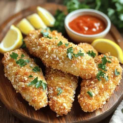Für die Parmesan-Kruste Hähnchenstreifen brauchst du: - 450 g Hähnchenstreifen - 100 g frisch geriebener Parmesan - 100 g Semmelbrösel (vorzugsweise Panko für extra Knusprigkeit) - 2 große Eier - 1 Teelöffel Knoblauchpulver - 1 Teelöffel Zwiebelpulver - 1/2 Teelöffel Paprika - Salz und Pfeffer nach Geschmack - 1 Esslöffel Olivenöl - Frische Petersilie, gehackt (zum Garnieren) Wähle frische Hähnchenstreifen, um beste Ergebnisse zu erzielen. Achte darauf, dass der Parmesan frisch gerieben ist. So schmeckt er intensiver. Panko sorgt für eine knusprige Kruste. Es ist dicker als normale Semmelbrösel. Wähle Eier von guter Qualität. Sie binden die Panade und geben Geschmack. Verwende frische Gewürze. Sie bringen die Aromen besser zur Geltung. Eine Portion dieser Hähnchenstreifen hat etwa: - Kalorien: 350 kcal - Protein: 28 g - Kohlenhydrate: 16 g - Fett: 20 g - Ballaststoffe: 1 g Diese Nährwerte können je nach Zutaten leicht variieren. Die Angaben beziehen sich auf eine Portion und sind eine gute Grundlage für deine Mahlzeit. Du kannst die Portionen anpassen, um deinen Bedürfnissen gerecht zu werden. Für die Parmesan Crusted Chicken Tenders ist die richtige Vorbereitung wichtig. Beginne mit frischen Hähnchenstreifen. Diese sollten gleichmäßig dick sein. So garen sie gleichmäßig. Spüle die Hähnchenstreifen kurz unter kaltem Wasser ab und tupfe sie mit einem Küchentuch trocken. Das hilft, die Panade gut haften zu lassen. Jetzt kommt der spaßige Teil: das Panieren! Bereite zwei Schüsseln vor. In die erste Schüssel gibst du die Eier. Schlage sie auf und verrühre sie. In die zweite Schüssel mischst du den Parmesan, die Semmelbrösel, das Knoblauchpulver, das Zwiebelpulver, die Paprika, Salz und Pfeffer. Nimm einen Hähnchenstreifen, tauche ihn zuerst in die Eier, dann in die Käsemischung. Achte darauf, dass die Panade überall haftet. Lege die panierten Streifen auf ein Backblech. Heize deinen Ofen auf 200°C vor. Beträufle die panierten Hähnchenstreifen mit etwas Olivenöl. Das sorgt für eine goldbraune und knusprige Kruste. Backe die Hähnchenstreifen 15 bis 20 Minuten lang. Sie sind fertig, wenn die Panade knusprig und das Hähnchen durchgegart ist. Lass sie kurz abkühlen und garniere sie mit frischer Petersilie. Mit diesen einfachen Schritten bereitest du wunderbare Parmesan Crusted Chicken Tenders zu. Du kannst das gesamte Rezept in der [Full Recipe] nachlesen. Um die beste Panade zu bekommen, halte dich an einige einfache Tipps. Verwende frischen Parmesan für den besten Geschmack. Mische die Semmelbrösel gut mit dem Parmesan. Panko-Semmelbrösel geben extra Knusprigkeit. Tauche die Hähnchenstreifen zuerst in die Eier, dann in die Panade. Drücke die Panade gut an, damit sie haftet. Beträufle die Streifen mit Olivenöl vor dem Backen. Dies hilft, eine goldbraune Kruste zu erzielen. Ein häufiger Fehler ist es, die Hähnchenstreifen nicht gut zu trocknen. Feuchtigkeit macht die Panade matschig. Ein weiterer Fehler ist, die Panade nicht gut anzudrücken. Wenn die Panade locker sitzt, fällt sie beim Backen ab. Achte auch darauf, die Ofentemperatur richtig einzustellen. Ein zu niedriger Ofen macht die Streifen weich und nicht knusprig. Du brauchst einige grundlegende Küchengeräte, um die Hähnchenstreifen zuzubereiten. Ein Backblech ist notwendig, um die Streifen zu backen. Ein Schneebesen hilft, die Eier gut zu schlagen. Verwende Schalen für die Panade und Eiermischung. Eine Zange ist nützlich, um die Hähnchenstreifen zu wenden. Gute Messer und ein Schneidebrett erleichtern die Vorbereitung. Mit diesen Utensilien wird das Kochen einfacher und macht mehr Spaß. Du kannst das vollständige Rezept [hier](#) finden. {{image_4}} Für einen extra Kick kannst du Gewürze hinzufügen. Ich mag es, etwas Cayennepfeffer oder Chili-Flocken in die Mischung zu geben. Diese kleinen Änderungen geben dem Gericht mehr Wärme und Tiefe. Du kannst auch einige Kräuter wie Oregano oder Thymian hinzufügen. Sie passen gut zu dem Parmesan und bringen frischen Geschmack. Wenn du glutenfrei kochen möchtest, gibt es viele tolle Alternativen. Ersetze die Semmelbrösel durch gemahlene Mandeln oder glutenfreie Paniermehl-Mischungen. Diese Optionen sind knusprig und lecker. Achte darauf, stets frischen Parmesan zu verwenden, um den besten Geschmack zu erzielen. Es ist auch wichtig, alle Zutaten zu überprüfen, um sicherzustellen, dass sie glutenfrei sind. Die Parmesan-Krusten-Hähnchenstreifen sind sehr vielseitig. Du kannst sie als Hauptgericht oder als Snack servieren. Für ein einfaches Abendessen serviere sie mit einem frischen Salat und Zitronenscheiben. Bei einer Party kannst du sie mit verschiedenen Dips anbieten. Marinara-Sauce, Ranch-Dressing oder sogar eine scharfe Sauce passen gut. Denk daran, sie schön auf einer Platte zu präsentieren – das macht immer Eindruck! Probiere auch die Kombination mit Gemüse-Sticks für einen gesunden Snack. Wenn du mehr über die Zubereitung erfahren möchtest, schau dir die Full Recipe an. Um die Hähnchenstreifen frisch zu halten, lege sie in einen luftdichten Behälter. Du kannst auch Frischhaltefolie verwenden, um sie abzudecken. Stelle sicher, dass sie vollständig abgekühlt sind, bevor du sie lagerst. So bleiben sie knusprig und lecker. Wenn du die Hähnchenstreifen wieder aufwärmen möchtest, heize deinen Ofen auf 180°C vor. Lege die Streifen auf ein Backblech und backe sie für etwa 10 Minuten. Dies hilft, die Knusprigkeit zu erhalten. Du kannst auch eine Pfanne verwenden, um sie kurz zu braten. Im Kühlschrank halten sich die Hähnchenstreifen bis zu drei Tage. In der Gefriertruhe kannst du sie bis zu drei Monate aufbewahren. Achte darauf, sie gut einzupacken, um Gefrierbrand zu vermeiden. Für das beste Ergebnis tau die Streifen im Kühlschrank auf, bevor du sie erhitzt. Um deine Hähnchenstreifen knuspriger zu machen, benutze Panko-Semmelbrösel. Diese sind gröber und sorgen für mehr Crunch. Du kannst auch die Hähnchenstreifen nach dem Panieren kurz in den Kühlschrank legen. Das hilft der Panade, besser am Fleisch zu haften. Vergiss nicht, sie mit etwas Olivenöl zu beträufeln, bevor du sie in den Ofen gibst. Das Öl hilft, die Streifen goldbraun zu backen. Ja, du kannst andere Käsesorten verwenden! Parmesan ist großartig, aber probiere auch Cheddar oder Mozzarella. Diese Käsesorten geben einen anderen Geschmack. Achte darauf, dass der Käse gut reibt, damit er gut haftet. Du kannst sogar eine Mischung aus verschiedenen Käsesorten verwenden. Das bringt mehr Tiefe in den Geschmack. Die Vorbereitung dauert etwa 15 Minuten. Die Zubereitung im Ofen braucht 15 bis 20 Minuten. Insgesamt bist du in etwa 35 Minuten fertig. Das ist eine schnelle und einfache Mahlzeit. Wenn du die Hähnchenstreifen im Voraus vorbereitest, kannst du sie schnell backen, wenn du hungrig bist. Du kannst sogar den gesamten Prozess mit der [Full Recipe] optimal planen. Zusammenfassend haben wir die besten Zutaten und Tipps für knusprige Hähnchenstreifen betrachtet. Die Auswahl der richtigen Zutaten ist entscheidend für den Geschmack. Ich habe auch die Zubereitungs- und Backmethoden erklärt, um die perfekte Knusprigkeit zu erzielen. Denke an Variationen und Lagerung, um deine Hähnchenstreifen frisch zu halten. Mit diesen Informationen kannst du deine Kochkünste verbessern und leckere Hähnchenstreifen genießen. Viel Spaß beim Kochen und Experimentieren!