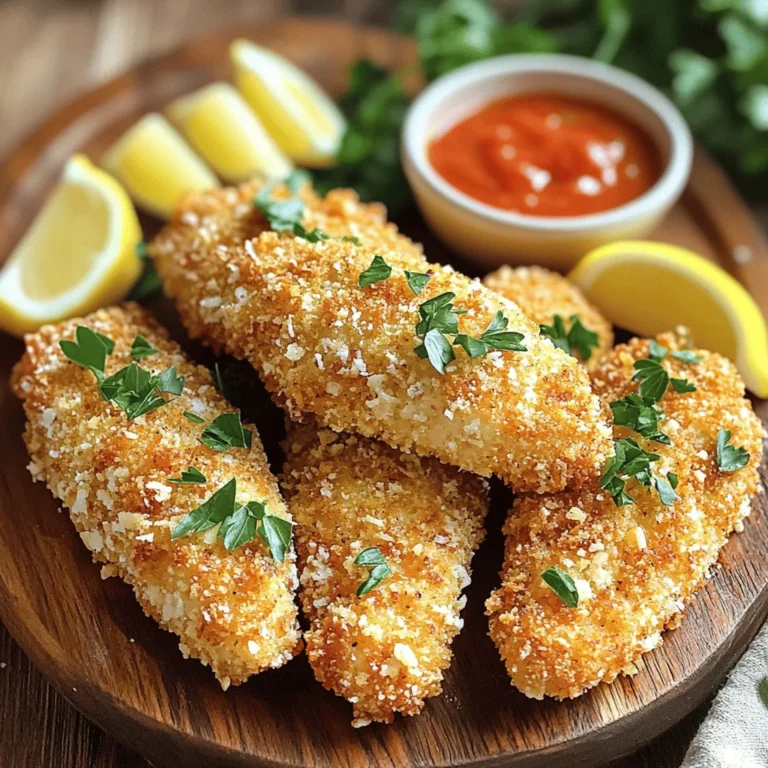 Für die Parmesan-Kruste Hähnchenstreifen brauchst du: - 450 g Hähnchenstreifen - 100 g frisch geriebener Parmesan - 100 g Semmelbrösel (vorzugsweise Panko für extra Knusprigkeit) - 2 große Eier - 1 Teelöffel Knoblauchpulver - 1 Teelöffel Zwiebelpulver - 1/2 Teelöffel Paprika - Salz und Pfeffer nach Geschmack - 1 Esslöffel Olivenöl - Frische Petersilie, gehackt (zum Garnieren) Wähle frische Hähnchenstreifen, um beste Ergebnisse zu erzielen. Achte darauf, dass der Parmesan frisch gerieben ist. So schmeckt er intensiver. Panko sorgt für eine knusprige Kruste. Es ist dicker als normale Semmelbrösel. Wähle Eier von guter Qualität. Sie binden die Panade und geben Geschmack. Verwende frische Gewürze. Sie bringen die Aromen besser zur Geltung. Eine Portion dieser Hähnchenstreifen hat etwa: - Kalorien: 350 kcal - Protein: 28 g - Kohlenhydrate: 16 g - Fett: 20 g - Ballaststoffe: 1 g Diese Nährwerte können je nach Zutaten leicht variieren. Die Angaben beziehen sich auf eine Portion und sind eine gute Grundlage für deine Mahlzeit. Du kannst die Portionen anpassen, um deinen Bedürfnissen gerecht zu werden. Für die Parmesan Crusted Chicken Tenders ist die richtige Vorbereitung wichtig. Beginne mit frischen Hähnchenstreifen. Diese sollten gleichmäßig dick sein. So garen sie gleichmäßig. Spüle die Hähnchenstreifen kurz unter kaltem Wasser ab und tupfe sie mit einem Küchentuch trocken. Das hilft, die Panade gut haften zu lassen. Jetzt kommt der spaßige Teil: das Panieren! Bereite zwei Schüsseln vor. In die erste Schüssel gibst du die Eier. Schlage sie auf und verrühre sie. In die zweite Schüssel mischst du den Parmesan, die Semmelbrösel, das Knoblauchpulver, das Zwiebelpulver, die Paprika, Salz und Pfeffer. Nimm einen Hähnchenstreifen, tauche ihn zuerst in die Eier, dann in die Käsemischung. Achte darauf, dass die Panade überall haftet. Lege die panierten Streifen auf ein Backblech. Heize deinen Ofen auf 200°C vor. Beträufle die panierten Hähnchenstreifen mit etwas Olivenöl. Das sorgt für eine goldbraune und knusprige Kruste. Backe die Hähnchenstreifen 15 bis 20 Minuten lang. Sie sind fertig, wenn die Panade knusprig und das Hähnchen durchgegart ist. Lass sie kurz abkühlen und garniere sie mit frischer Petersilie. Mit diesen einfachen Schritten bereitest du wunderbare Parmesan Crusted Chicken Tenders zu. Du kannst das gesamte Rezept in der [Full Recipe] nachlesen. Um die beste Panade zu bekommen, halte dich an einige einfache Tipps. Verwende frischen Parmesan für den besten Geschmack. Mische die Semmelbrösel gut mit dem Parmesan. Panko-Semmelbrösel geben extra Knusprigkeit. Tauche die Hähnchenstreifen zuerst in die Eier, dann in die Panade. Drücke die Panade gut an, damit sie haftet. Beträufle die Streifen mit Olivenöl vor dem Backen. Dies hilft, eine goldbraune Kruste zu erzielen. Ein häufiger Fehler ist es, die Hähnchenstreifen nicht gut zu trocknen. Feuchtigkeit macht die Panade matschig. Ein weiterer Fehler ist, die Panade nicht gut anzudrücken. Wenn die Panade locker sitzt, fällt sie beim Backen ab. Achte auch darauf, die Ofentemperatur richtig einzustellen. Ein zu niedriger Ofen macht die Streifen weich und nicht knusprig. Du brauchst einige grundlegende Küchengeräte, um die Hähnchenstreifen zuzubereiten. Ein Backblech ist notwendig, um die Streifen zu backen. Ein Schneebesen hilft, die Eier gut zu schlagen. Verwende Schalen für die Panade und Eiermischung. Eine Zange ist nützlich, um die Hähnchenstreifen zu wenden. Gute Messer und ein Schneidebrett erleichtern die Vorbereitung. Mit diesen Utensilien wird das Kochen einfacher und macht mehr Spaß. Du kannst das vollständige Rezept [hier](#) finden. {{image_4}} Für einen extra Kick kannst du Gewürze hinzufügen. Ich mag es, etwas Cayennepfeffer oder Chili-Flocken in die Mischung zu geben. Diese kleinen Änderungen geben dem Gericht mehr Wärme und Tiefe. Du kannst auch einige Kräuter wie Oregano oder Thymian hinzufügen. Sie passen gut zu dem Parmesan und bringen frischen Geschmack. Wenn du glutenfrei kochen möchtest, gibt es viele tolle Alternativen. Ersetze die Semmelbrösel durch gemahlene Mandeln oder glutenfreie Paniermehl-Mischungen. Diese Optionen sind knusprig und lecker. Achte darauf, stets frischen Parmesan zu verwenden, um den besten Geschmack zu erzielen. Es ist auch wichtig, alle Zutaten zu überprüfen, um sicherzustellen, dass sie glutenfrei sind. Die Parmesan-Krusten-Hähnchenstreifen sind sehr vielseitig. Du kannst sie als Hauptgericht oder als Snack servieren. Für ein einfaches Abendessen serviere sie mit einem frischen Salat und Zitronenscheiben. Bei einer Party kannst du sie mit verschiedenen Dips anbieten. Marinara-Sauce, Ranch-Dressing oder sogar eine scharfe Sauce passen gut. Denk daran, sie schön auf einer Platte zu präsentieren – das macht immer Eindruck! Probiere auch die Kombination mit Gemüse-Sticks für einen gesunden Snack. Wenn du mehr über die Zubereitung erfahren möchtest, schau dir die Full Recipe an. Um die Hähnchenstreifen frisch zu halten, lege sie in einen luftdichten Behälter. Du kannst auch Frischhaltefolie verwenden, um sie abzudecken. Stelle sicher, dass sie vollständig abgekühlt sind, bevor du sie lagerst. So bleiben sie knusprig und lecker. Wenn du die Hähnchenstreifen wieder aufwärmen möchtest, heize deinen Ofen auf 180°C vor. Lege die Streifen auf ein Backblech und backe sie für etwa 10 Minuten. Dies hilft, die Knusprigkeit zu erhalten. Du kannst auch eine Pfanne verwenden, um sie kurz zu braten. Im Kühlschrank halten sich die Hähnchenstreifen bis zu drei Tage. In der Gefriertruhe kannst du sie bis zu drei Monate aufbewahren. Achte darauf, sie gut einzupacken, um Gefrierbrand zu vermeiden. Für das beste Ergebnis tau die Streifen im Kühlschrank auf, bevor du sie erhitzt. Um deine Hähnchenstreifen knuspriger zu machen, benutze Panko-Semmelbrösel. Diese sind gröber und sorgen für mehr Crunch. Du kannst auch die Hähnchenstreifen nach dem Panieren kurz in den Kühlschrank legen. Das hilft der Panade, besser am Fleisch zu haften. Vergiss nicht, sie mit etwas Olivenöl zu beträufeln, bevor du sie in den Ofen gibst. Das Öl hilft, die Streifen goldbraun zu backen. Ja, du kannst andere Käsesorten verwenden! Parmesan ist großartig, aber probiere auch Cheddar oder Mozzarella. Diese Käsesorten geben einen anderen Geschmack. Achte darauf, dass der Käse gut reibt, damit er gut haftet. Du kannst sogar eine Mischung aus verschiedenen Käsesorten verwenden. Das bringt mehr Tiefe in den Geschmack. Die Vorbereitung dauert etwa 15 Minuten. Die Zubereitung im Ofen braucht 15 bis 20 Minuten. Insgesamt bist du in etwa 35 Minuten fertig. Das ist eine schnelle und einfache Mahlzeit. Wenn du die Hähnchenstreifen im Voraus vorbereitest, kannst du sie schnell backen, wenn du hungrig bist. Du kannst sogar den gesamten Prozess mit der [Full Recipe] optimal planen. Zusammenfassend haben wir die besten Zutaten und Tipps für knusprige Hähnchenstreifen betrachtet. Die Auswahl der richtigen Zutaten ist entscheidend für den Geschmack. Ich habe auch die Zubereitungs- und Backmethoden erklärt, um die perfekte Knusprigkeit zu erzielen. Denke an Variationen und Lagerung, um deine Hähnchenstreifen frisch zu halten. Mit diesen Informationen kannst du deine Kochkünste verbessern und leckere Hähnchenstreifen genießen. Viel Spaß beim Kochen und Experimentieren!