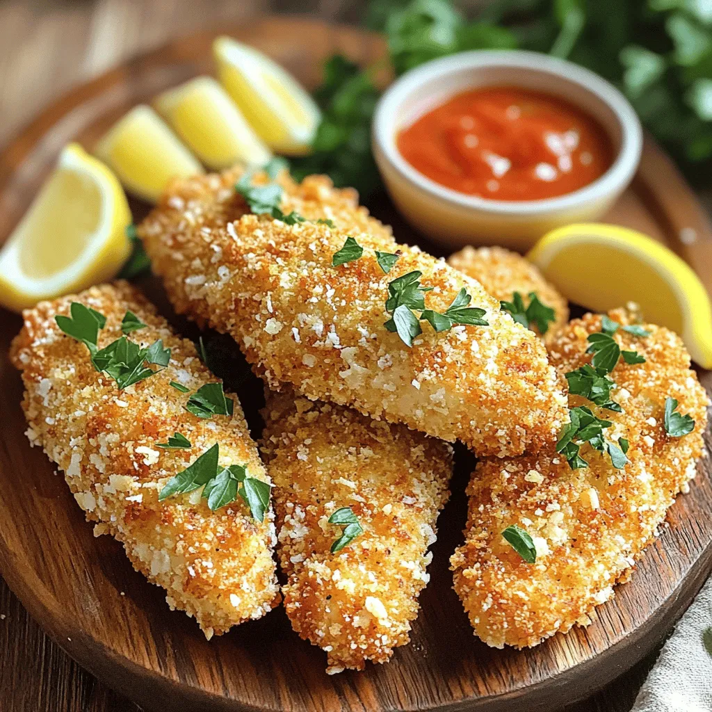 Für die Parmesan-Kruste Hähnchenstreifen brauchst du: - 450 g Hähnchenstreifen - 100 g frisch geriebener Parmesan - 100 g Semmelbrösel (vorzugsweise Panko für extra Knusprigkeit) - 2 große Eier - 1 Teelöffel Knoblauchpulver - 1 Teelöffel Zwiebelpulver - 1/2 Teelöffel Paprika - Salz und Pfeffer nach Geschmack - 1 Esslöffel Olivenöl - Frische Petersilie, gehackt (zum Garnieren) Wähle frische Hähnchenstreifen, um beste Ergebnisse zu erzielen. Achte darauf, dass der Parmesan frisch gerieben ist. So schmeckt er intensiver. Panko sorgt für eine knusprige Kruste. Es ist dicker als normale Semmelbrösel. Wähle Eier von guter Qualität. Sie binden die Panade und geben Geschmack. Verwende frische Gewürze. Sie bringen die Aromen besser zur Geltung. Eine Portion dieser Hähnchenstreifen hat etwa: - Kalorien: 350 kcal - Protein: 28 g - Kohlenhydrate: 16 g - Fett: 20 g - Ballaststoffe: 1 g Diese Nährwerte können je nach Zutaten leicht variieren. Die Angaben beziehen sich auf eine Portion und sind eine gute Grundlage für deine Mahlzeit. Du kannst die Portionen anpassen, um deinen Bedürfnissen gerecht zu werden. Für die Parmesan Crusted Chicken Tenders ist die richtige Vorbereitung wichtig. Beginne mit frischen Hähnchenstreifen. Diese sollten gleichmäßig dick sein. So garen sie gleichmäßig. Spüle die Hähnchenstreifen kurz unter kaltem Wasser ab und tupfe sie mit einem Küchentuch trocken. Das hilft, die Panade gut haften zu lassen. Jetzt kommt der spaßige Teil: das Panieren! Bereite zwei Schüsseln vor. In die erste Schüssel gibst du die Eier. Schlage sie auf und verrühre sie. In die zweite Schüssel mischst du den Parmesan, die Semmelbrösel, das Knoblauchpulver, das Zwiebelpulver, die Paprika, Salz und Pfeffer. Nimm einen Hähnchenstreifen, tauche ihn zuerst in die Eier, dann in die Käsemischung. Achte darauf, dass die Panade überall haftet. Lege die panierten Streifen auf ein Backblech. Heize deinen Ofen auf 200°C vor. Beträufle die panierten Hähnchenstreifen mit etwas Olivenöl. Das sorgt für eine goldbraune und knusprige Kruste. Backe die Hähnchenstreifen 15 bis 20 Minuten lang. Sie sind fertig, wenn die Panade knusprig und das Hähnchen durchgegart ist. Lass sie kurz abkühlen und garniere sie mit frischer Petersilie. Mit diesen einfachen Schritten bereitest du wunderbare Parmesan Crusted Chicken Tenders zu. Du kannst das gesamte Rezept in der [Full Recipe] nachlesen. Um die beste Panade zu bekommen, halte dich an einige einfache Tipps. Verwende frischen Parmesan für den besten Geschmack. Mische die Semmelbrösel gut mit dem Parmesan. Panko-Semmelbrösel geben extra Knusprigkeit. Tauche die Hähnchenstreifen zuerst in die Eier, dann in die Panade. Drücke die Panade gut an, damit sie haftet. Beträufle die Streifen mit Olivenöl vor dem Backen. Dies hilft, eine goldbraune Kruste zu erzielen. Ein häufiger Fehler ist es, die Hähnchenstreifen nicht gut zu trocknen. Feuchtigkeit macht die Panade matschig. Ein weiterer Fehler ist, die Panade nicht gut anzudrücken. Wenn die Panade locker sitzt, fällt sie beim Backen ab. Achte auch darauf, die Ofentemperatur richtig einzustellen. Ein zu niedriger Ofen macht die Streifen weich und nicht knusprig. Du brauchst einige grundlegende Küchengeräte, um die Hähnchenstreifen zuzubereiten. Ein Backblech ist notwendig, um die Streifen zu backen. Ein Schneebesen hilft, die Eier gut zu schlagen. Verwende Schalen für die Panade und Eiermischung. Eine Zange ist nützlich, um die Hähnchenstreifen zu wenden. Gute Messer und ein Schneidebrett erleichtern die Vorbereitung. Mit diesen Utensilien wird das Kochen einfacher und macht mehr Spaß. Du kannst das vollständige Rezept [hier](#) finden. {{image_4}} Für einen extra Kick kannst du Gewürze hinzufügen. Ich mag es, etwas Cayennepfeffer oder Chili-Flocken in die Mischung zu geben. Diese kleinen Änderungen geben dem Gericht mehr Wärme und Tiefe. Du kannst auch einige Kräuter wie Oregano oder Thymian hinzufügen. Sie passen gut zu dem Parmesan und bringen frischen Geschmack. Wenn du glutenfrei kochen möchtest, gibt es viele tolle Alternativen. Ersetze die Semmelbrösel durch gemahlene Mandeln oder glutenfreie Paniermehl-Mischungen. Diese Optionen sind knusprig und lecker. Achte darauf, stets frischen Parmesan zu verwenden, um den besten Geschmack zu erzielen. Es ist auch wichtig, alle Zutaten zu überprüfen, um sicherzustellen, dass sie glutenfrei sind. Die Parmesan-Krusten-Hähnchenstreifen sind sehr vielseitig. Du kannst sie als Hauptgericht oder als Snack servieren. Für ein einfaches Abendessen serviere sie mit einem frischen Salat und Zitronenscheiben. Bei einer Party kannst du sie mit verschiedenen Dips anbieten. Marinara-Sauce, Ranch-Dressing oder sogar eine scharfe Sauce passen gut. Denk daran, sie schön auf einer Platte zu präsentieren – das macht immer Eindruck! Probiere auch die Kombination mit Gemüse-Sticks für einen gesunden Snack. Wenn du mehr über die Zubereitung erfahren möchtest, schau dir die Full Recipe an. Um die Hähnchenstreifen frisch zu halten, lege sie in einen luftdichten Behälter. Du kannst auch Frischhaltefolie verwenden, um sie abzudecken. Stelle sicher, dass sie vollständig abgekühlt sind, bevor du sie lagerst. So bleiben sie knusprig und lecker. Wenn du die Hähnchenstreifen wieder aufwärmen möchtest, heize deinen Ofen auf 180°C vor. Lege die Streifen auf ein Backblech und backe sie für etwa 10 Minuten. Dies hilft, die Knusprigkeit zu erhalten. Du kannst auch eine Pfanne verwenden, um sie kurz zu braten. Im Kühlschrank halten sich die Hähnchenstreifen bis zu drei Tage. In der Gefriertruhe kannst du sie bis zu drei Monate aufbewahren. Achte darauf, sie gut einzupacken, um Gefrierbrand zu vermeiden. Für das beste Ergebnis tau die Streifen im Kühlschrank auf, bevor du sie erhitzt. Um deine Hähnchenstreifen knuspriger zu machen, benutze Panko-Semmelbrösel. Diese sind gröber und sorgen für mehr Crunch. Du kannst auch die Hähnchenstreifen nach dem Panieren kurz in den Kühlschrank legen. Das hilft der Panade, besser am Fleisch zu haften. Vergiss nicht, sie mit etwas Olivenöl zu beträufeln, bevor du sie in den Ofen gibst. Das Öl hilft, die Streifen goldbraun zu backen. Ja, du kannst andere Käsesorten verwenden! Parmesan ist großartig, aber probiere auch Cheddar oder Mozzarella. Diese Käsesorten geben einen anderen Geschmack. Achte darauf, dass der Käse gut reibt, damit er gut haftet. Du kannst sogar eine Mischung aus verschiedenen Käsesorten verwenden. Das bringt mehr Tiefe in den Geschmack. Die Vorbereitung dauert etwa 15 Minuten. Die Zubereitung im Ofen braucht 15 bis 20 Minuten. Insgesamt bist du in etwa 35 Minuten fertig. Das ist eine schnelle und einfache Mahlzeit. Wenn du die Hähnchenstreifen im Voraus vorbereitest, kannst du sie schnell backen, wenn du hungrig bist. Du kannst sogar den gesamten Prozess mit der [Full Recipe] optimal planen. Zusammenfassend haben wir die besten Zutaten und Tipps für knusprige Hähnchenstreifen betrachtet. Die Auswahl der richtigen Zutaten ist entscheidend für den Geschmack. Ich habe auch die Zubereitungs- und Backmethoden erklärt, um die perfekte Knusprigkeit zu erzielen. Denke an Variationen und Lagerung, um deine Hähnchenstreifen frisch zu halten. Mit diesen Informationen kannst du deine Kochkünste verbessern und leckere Hähnchenstreifen genießen. Viel Spaß beim Kochen und Experimentieren!