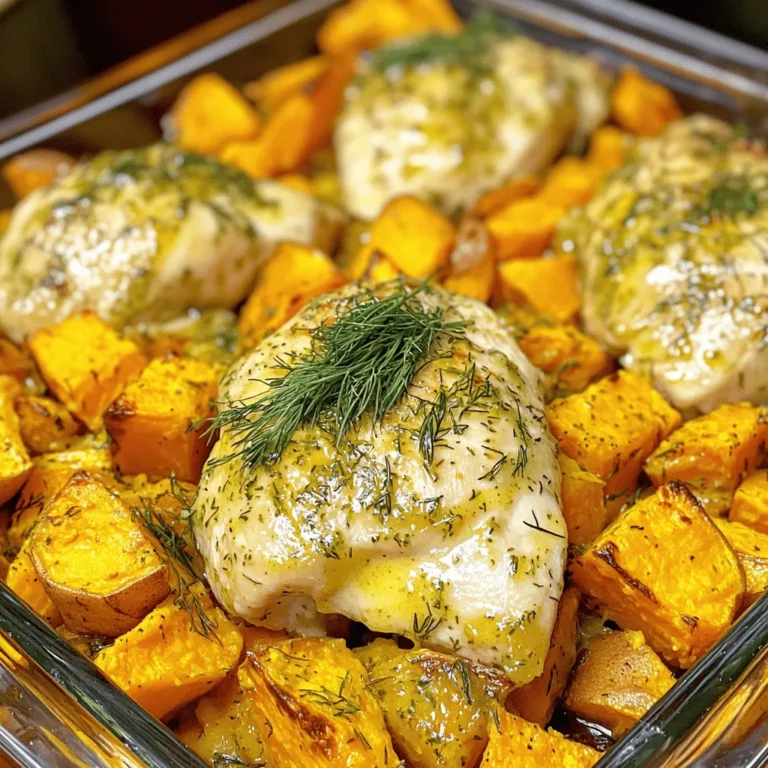 - 4 Hähnchenbrustfilets, ohne Haut und Knochen - 240 ml Dill-Meerrettichsauce - 3 mittelgroße Süßkartoffeln, geschält und gewürfelt - 1 Esslöffel Ranch-Gewürzmischung - 1 Teelöffel Knoblauchpulver - 1 Teelöffel geräuchertes Paprikapulver - 2 Esslöffel Olivenöl - Frischer Dill oder Petersilie - Salz und Pfeffer nach Geschmack Für dieses Gericht sind die Hauptzutaten sehr wichtig. Die Hähnchenbrustfilets sind zart und saftig. Die Dill-Meerrettichsauce gibt dem Hühnchen einen tollen Geschmack. Süßkartoffeln bringen eine süße Note und eine schöne Farbe ins Gericht. Die Gewürze sind der Schlüssel zu einem guten Aroma. Die Ranch-Gewürzmischung passt perfekt zu Hühnchen. Knoblauchpulver bringt einen feinen Geschmack, und geräuchertes Paprikapulver gibt etwas Würze. Garnierungen sind die letzte Note. Frischer Dill oder Petersilie sieht toll aus und bringt frische Aromen. Salz und Pfeffer helfen, den Geschmack zu betonen. Das ist eine einfache und leckere Rezeptur. Du kannst die Zutaten ganz einfach finden. Um das gesamte Rezept zu sehen, schau dir die [Full Recipe] an. Für das Marinieren des Hühnchens mische die Hähnchenbrustfilets mit der Dill-Meerrettichsauce. Decke die Schüssel ab und stelle sie für mindestens eine Stunde in den Kühlschrank. Ich empfehle, das Hühnchen über Nacht zu marinieren. So wird der Geschmack intensiver und das Fleisch zart. Heize deinen Ofen auf 200 °C vor. Diese Temperatur sorgt dafür, dass das Hühnchen gleichmäßig gart und die Süßkartoffeln schön knusprig werden. Warte, bis der Ofen die richtige Temperatur erreicht hat, bevor du mit dem Backen beginnst. Schäle die Süßkartoffeln und schneide sie in Würfel. In einer Schüssel vermenge die gewürfelten Süßkartoffeln mit Olivenöl, Knoblauchpulver, geräuchertem Paprika, Salz und Pfeffer. Stelle sicher, dass die Würfel gut bedeckt sind. Verteilen die Süßkartoffeln gleichmäßig auf einem Backblech und backe sie für 15 Minuten. Nimm das Hühnchen aus der Marinade. Entsorge die Marinade. Reibe die Ranch-Gewürzmischung gleichmäßig über die Hähnchenbrustfilets. So erhält das Hühnchen einen tollen Geschmack, der perfekt zu den Süßkartoffeln passt. Nach 15 Minuten Backzeit für die Süßkartoffeln nimm das Blech aus dem Ofen. Lege die gewürzten Hähnchenbrustfilets auf die Süßkartoffeln. Schiebe das Blech zurück in den Ofen und backe für weitere 25 bis 30 Minuten. Achte darauf, dass das Hühnchen eine Innentemperatur von 75 °C erreicht. Nimm das Gericht nach dem Backen aus dem Ofen. Lass es fünf Minuten ruhen. So bleiben die Säfte im Hühnchen. Du kannst das Gericht mit frischem Dill oder Petersilie garnieren. Das sieht schön aus und schmeckt gut. Wenn du mehr Ideen brauchst, schau dir das [Full Recipe] an! Marinieren ist wichtig. Ich empfehle, das Hühnchen über Nacht zu marinieren. So zieht der Geschmack besser ein. Die Dill-Meerrettichsauce gibt dem Hühnchen einen tollen Geschmack. Wenn du wenig Zeit hast, mindestens eine Stunde ist auch gut. Du kannst die Gewürze ändern, um verschiedene Geschmäcker zu kreieren. Probiere etwas Cayennepfeffer für Schärfe. Für einen frischen Geschmack, füge etwas Zitronensaft hinzu. Auch andere Kräuter können sehr gut passen. Experimentiere mit deinen Lieblingsgewürzen! Wenn du Kalorien sparen willst, gibt es gute Alternativen. Verwende weniger Öl für die Süßkartoffeln. Du kannst auch mageres Hühnchen oder sogar Tofu nutzen. Diese Optionen sind lecker und leicht. Achte darauf, frische Zutaten zu verwenden, um den Geschmack zu bewahren. Für das vollständige Rezept schaue dir die Anleitung an. {{image_4}} Sie können dieses Gericht leicht anpassen. Nutzen Sie Tofu oder Gemüse statt Hühnchen. Tofu nimmt die Marinade gut auf. Schneiden Sie den Tofu in Würfel und marinieren Sie ihn wie das Hühnchen. Für Gemüse eignen sich Zucchini, Paprika oder Brokkoli. Würfeln Sie das Gemüse und tossen Sie es in der Dill-Meerrettichsauce. Das gibt viel Geschmack. Wenn Sie mehr Vielfalt wünschen, probieren Sie Reis oder Quinoa. Beide sind gute Alternativen. Kochen Sie den Reis oder die Quinoa einfach nach Packungsanweisung. Servieren Sie diese Beilagen neben dem Hühnchen und den Süßkartoffeln. Sie fügen mehr Textur und Nährstoffe hinzu. Nutzen Sie saisonales Gemüse für frische Aromen. Im Frühling sind Spargel und Erbsen toll. Im Sommer sind Tomaten und Zucchini lecker. Im Herbst passen Kürbis und Rosenkohl gut dazu. Im Winter sind Wurzelgemüse wie Karotten und Rüben ideal. Diese Zutaten geben jedem Biss mehr Geschmack und Farbe. Um die Reste von deinem Essiggurken-Ranch-Hühnchen mit Süßkartoffel-Auflauf frisch zu halten, lege sie in einen luftdichten Behälter. Stelle sicher, dass der Behälter gut verschlossen ist. Du kannst die Reste bis zu drei Tage im Kühlschrank aufbewahren. Wenn du die Reste aufwärmst, achte darauf, dass das Hühnchen heiß ist. Es sollte eine Temperatur von mindestens 75 °C haben, um sicher zu sein. Wenn du mehr Reste hast, kannst du das Gericht einfrieren. Teile es in Portionsgrößen und lege sie in gefrierfeste Behälter. Achte darauf, die Behälter gut zu verschließen. Das Gericht hält sich bis zu drei Monate im Gefrierfach. Um es wieder aufzuwärmen, lasse es im Kühlschrank auftauen. Dann heize es im Ofen oder in der Mikrowelle auf. So bleibt der Geschmack frisch. Die Haltbarkeit der Reste ist wichtig. Im Kühlschrank sind die Reste bis zu drei Tage gut. Nach dem Einfrieren solltest du sie innerhalb von drei Monaten essen. Nach dieser Zeit kann der Geschmack leiden. Überprüfe vor dem Verzehr immer, ob das Gericht gut aussieht und riecht. So kannst du sicher sein, dass es noch frisch ist. Das Hühnchen sollte mindestens 1 Stunde marinieren. Für einen besseren Geschmack empfehle ich, das Hühnchen über Nacht zu marinieren. Die Marinade aus Dill-Meerrettichsauce zieht gut in das Fleisch ein. So wird es zart und voller Geschmack. Wenn du wenig Zeit hast, reicht auch die kurze Marinierzeit. Ja, du kannst Süßkartoffeln anstelle von normalen Kartoffeln verwenden. Süßkartoffeln bringen eine süße Note ins Gericht. Sie sind auch nahrhaft und voller Vitamine. Der Geschmack passt gut zum würzigen Hühnchen. Wenn du die Textur magst, sind sie eine tolle Wahl. Um die Garzeit anzupassen, achte auf die Größe des Hühnchens. Dickere Stücke brauchen länger. Wenn du kleinere Stücke verwendest, kann die Garzeit kürzer sein. Ein Fleischthermometer hilft dir, sicherzustellen, dass das Hühnchen gut durchgegart ist. Es sollte 75 °C erreichen. So vermeidest du, dass das Fleisch trocken wird. Zu diesem Gericht passen verschiedene Beilagen gut. Ein frischer Salat ergänzt die Aromen. Du kannst auch gedünstetes Gemüse servieren. Reis oder Quinoa sind tolle Optionen für eine sättigende Beilage. Für Getränke passen ein leichter Weißwein oder ein spritziger Limonade. Das macht das Essen noch besser. In diesem Artikel haben wir die besten Zutaten für ein leckeres Hähnchengericht besprochen. Wir haben über das Marinieren, das Backen und die besten Gewürze gesprochen. Außerdem gibt es Tipps für Variationen und wie man Reste aufbewahrt. Denken Sie daran, die Marinierzeit zu nutzen, um den Geschmack zu intensivieren. Dieses Gericht lässt sich leicht anpassen. Experimentieren Sie mit Alternativen und machen Sie es zu Ihrem eigenen!