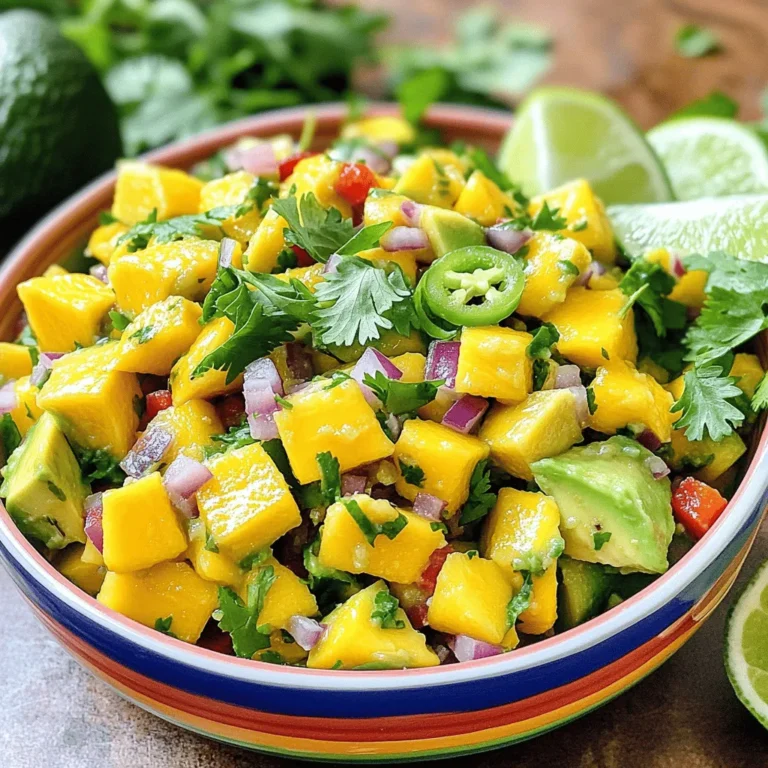 - 1 reife Mango, gewürfelt - 2 reife Avocados, gewürfelt - 1 kleine rote Zwiebel, fein gehackt - 1 Jalapeño, entkernt und fein gehackt - 1 kleine rote Paprika, gewürfelt - 1/4 Tasse frischer Koriander, gehackt - 2 Esslöffel Limettensaft - Salz und Pfeffer nach Geschmack Mango und Avocado sind nicht nur lecker, sondern auch gesund. Eine reife Mango hat etwa 60 Kalorien pro 100 Gramm. Sie enthält viel Vitamin C und A. Avocados sind reich an gesunden Fetten und Ballaststoffen. Sie haben etwa 160 Kalorien pro 100 Gramm. Diese Zutaten unterstützen die Gesundheit des Herzens und fördern die Verdauung. Die Kombination dieser Zutaten in der Mango Avocado Salsa bringt frische Aromen und viele Nährstoffe auf Ihren Tisch. Genießen Sie die Vielfalt und die gesundheitlichen Vorteile, die diese Salsa bietet! Schritt 1: Zutaten vorbereiten und würfeln Zuerst musst du die Mango und die Avocados schälen. Schneide sie dann in kleine Würfel. Achte darauf, dass die Mango reif ist. Sie sollte süß riechen und leicht nachgeben, wenn du sie drückst. Die Avocados sollten ebenfalls reif sein, damit sie cremig sind. Hacke dann die rote Zwiebel und die Jalapeño klein. Diese geben der Salsa einen tollen Geschmack. Schritt 2: Zutaten in einer Schüssel kombinieren Nimm eine große Schüssel. Gib die gewürfelte Mango und Avocados hinein. Füge die gehackte Zwiebel, Jalapeño und die gewürfelte Paprika hinzu. Rühre alles vorsichtig um, damit die Zutaten gut vermischt sind. Schritt 3: Limettensaft und Gewürze hinzufügen Jetzt ist es Zeit für den Limettensaft. Presse zwei Esslöffel frischen Limettensaft über die Mischung. Dieser gibt der Salsa eine frische Note. Streue dann etwas Salz und Pfeffer nach Geschmack dazu. Schritt 4: Vorsichtige Mischung ohne Avocados zu zerdrücken Benutze einen Spatel, um alles vorsichtig zu vermengen. Sei sanft, damit die Avocados nicht zerdrückt werden. Die Stücke sollten ganz bleiben, um die beste Textur zu erzielen. Gesamtzeit und Portionen Die gesamte Zubereitungszeit für die Mango Avocado Salsa beträgt nur 15 Minuten. Du erhältst etwa 4 Portionen. Tipps zum Timing für frische Zutaten Um die frischen Zutaten optimal zu nutzen, bereite die Salsa kurz vor dem Servieren zu. So bleibt sie frisch und lecker. Wenn du sie im Kühlschrank ruhen lässt, verbinden sich die Aromen besser. Lass sie etwa 15 Minuten ruhen, bevor du sie servierst. Um die besten Avocados zu finden, drücke leicht auf die Frucht. Sie sollte weich, aber nicht matschig sein. Eine reife Avocado hat eine dunkle Haut. Vermeide grüne, harte Avocados, denn sie sind oft noch nicht reif. Lagere sie bei Raumtemperatur, damit sie schneller reifen. Wenn du eine braune Avocado siehst, ist sie oft überreif und ungenießbar. Füge der Salsa zusätzliche Gewürze hinzu, um den Geschmack zu verbessern. Eine Prise Kreuzkümmel oder Paprika kann Wunder wirken. Lass die Salsa für mindestens 15 Minuten ruhen. So verbinden sich die Aromen besser. Wenn du die Salsa länger ziehst, wird sie noch geschmackvoller. Serviere die Mango Avocado Salsa in einer bunten Schüssel. Das macht sie ansprechend und einladend. Garniere sie mit frischen Korianderblättern und Limettenstücken. Für einen tollen Snack, lege Tortillachips daneben. Das sieht nicht nur gut aus, sondern schmeckt auch köstlich. {{image_4}} Mango Avocado Salsa ist sehr flexibel. Du kannst mit verschiedenen Früchten experimentieren. Probiere Ananas oder Papaya für einen frischen Touch. Diese Früchte bringen neue Aromen und eine süße Note. Auch verschiedene Chili-Sorten sind eine tolle Idee. Jalapeños sind mild, aber du kannst auch schärfere Sorten wie Serrano verwenden. So passt du die Schärfe deinem Geschmack an. Für eine diätfreundliche Salsa gibt es viele Optionen. Du kannst die Salsa low-carb und glutenfrei machen. Verwende frische Zutaten, die diese Eigenschaften haben. Auch vegane Anpassungen sind leicht umsetzbar. Alle Zutaten in der Salsa sind pflanzlich. So bleibt sie gesund und lecker für alle. Die Salsa kann auch regionale Einflüsse zeigen. Nutze Zutaten, die in deiner Kultur beliebt sind. Zum Beispiel, füge frischen Basilikum aus der italienischen Küche hinzu. Oder verwende Limetten und Koriander für einen mexikanischen Flair. Inspiration aus verschiedenen Kulturen macht deine Salsa einzigartig und spannend. Das ist eine tolle Möglichkeit, neue Geschmäcker zu entdecken. Experimentiere mit der [Full Recipe] für verschiedene Ideen! Um die Mango Avocado Salsa frisch zu halten, lagern Sie sie im Kühlschrank. Verwenden Sie einen luftdichten Behälter. So bleibt die Salsa knackig und lecker. Wenn Sie die Salsa länger aufbewahren möchten, achten Sie darauf, dass kein Luftkontakt besteht. So verhindern Sie, dass sie braun wird. Achten Sie auf folgende Anzeichen, dass die Salsa nicht mehr frisch ist: - Schlechter Geruch - Verfärbungen oder schwarze Stellen - Flüssigkeit trennt sich von den festen Zutaten Wenn Sie mehr Salsa zubereiten, können Sie sie auch einfrieren. Wenn die Salsa gut verpackt ist, bleibt sie bis zu drei Monate haltbar. Verwenden Sie einen gefrierfesten Behälter oder einen Beutel. Lassen Sie etwas Platz, da sich die Salsa beim Einfrieren ausdehnt. Zum Auftauen nehmen Sie die Salsa einen Tag vorher aus dem Gefrierfach. Lassen Sie sie im Kühlschrank auftauen. Rühren Sie die Salsa gut um, bevor Sie sie servieren. Manchmal kann die Textur leicht anders sein, aber der Geschmack bleibt großartig. Die Haltbarkeit der Zutaten ist wichtig. Hier sind einige Tipps: - Mango: 1-2 Tage bei Raumtemperatur, bis zu einer Woche im Kühlschrank. - Avocado: Ein bis zwei Tage bei Raumtemperatur, 3-5 Tage im Kühlschrank, wenn sie angeschnitten ist. - Rote Zwiebel: 2-4 Wochen im Kühlschrank. - Jalapeño: 1-2 Wochen im Kühlschrank. - Rote Paprika: 1-2 Wochen im Kühlschrank. - Frischer Koriander: 1 Woche im Kühlschrank. Minimieren Sie Abfall, indem Sie reife Zutaten wählen. Verwenden Sie die Reste in anderen Gerichten, wie Salaten oder Sandwiches. So nutzen Sie alles gut aus. Mango Avocado Salsa bleibt im Kühlschrank frisch für etwa 2 bis 3 Tage. Bewahre sie in einem luftdichten Behälter auf. So bleibt die Farbe und der Geschmack erhalten. Wenn die Salsa braun wird, ist das ein Zeichen, dass sie nicht mehr frisch ist. Achte darauf, die Salsa nicht zu lange stehen zu lassen. Ja, du kannst die Salsa im Voraus machen. Bereite sie bis zu 24 Stunden vorher vor. Lagere sie dann im Kühlschrank. Der Limettensaft hilft, die Avocados frisch zu halten. Lass die Salsa vor dem Servieren etwa 15 Minuten bei Raumtemperatur stehen. So kommen die Aromen besser zur Geltung. Diese Salsa passt perfekt zu vielen Gerichten. Du kannst sie mit Tortillachips genießen. Sie ist auch lecker auf Tacos oder gegrilltem Fisch. Probiere sie auch auf Sandwiches oder in Wraps. Die frischen Aromen ergänzen fast jedes Gericht. Die Schärfe kommt von der Jalapeño. Wenn du es weniger scharf magst, entferne die Kerne. Du kannst auch weniger Jalapeño verwenden. Für mehr Schärfe, füge eine weitere Jalapeño hinzu. So kannst du die Schärfe nach deinem Geschmack anpassen. Mango Avocado Salsa ist einfach zuzubereiten und voller Geschmack. Die Hauptzutaten wie Mango und Avocado bringen Frische und Nährstoffe. Du kannst die Salsa nach deinem Geschmack anpassen und sogar einige Variationen ausprobieren. Achte darauf, die Salsa richtig zu lagern, damit sie lange frisch bleibt. Mit den Tipps zur Auswahl der besten Zutaten wird deine Salsa zum Hit. Experimentiere mit verschiedenen Früchten und Gewürzen, um immer wieder neue Geschmäcker zu entdecken. Genieße die bunte Vielfalt und teile sie mit anderen!
