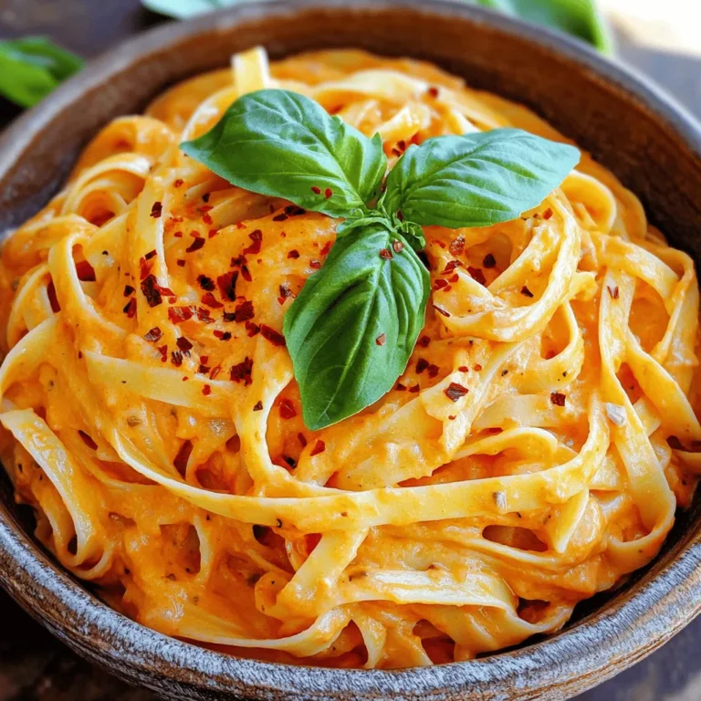 Für die cremige Pasta mit gerösteten roten Paprika benötigst du: - 340 g Pasta nach Wahl (Fettuccine oder Penne eignen sich besonders gut) - 2 große rote Paprika - 2 Esslöffel Olivenöl - 2 Knoblauchzehen, fein gehackt - 240 ml Schlagsahne - 50 g frisch geriebener Parmesan - Salz und Pfeffer nach Geschmack - Frische Basilikumblätter zur Garnierung - Rote Pfefferflocken (optional, für etwas Schärfe) Jede Zutat hat eine spezielle Rolle. Die Pasta gibt dir die Basis für das Gericht. Rote Paprika bringt eine süße und rauchige Note, die dich begeistert. Olivenöl sorgt für einen reichen Geschmack. Knoblauch fügt Tiefe hinzu. Schlagsahne macht die Sauce cremig und samtig. Parmesan gibt dir einen herzhaften Geschmack. Gewürze wie Salz und Pfeffer bringen alles zusammen. Frische Basilikumblätter und rote Pfefferflocken sind die perfekten Garnierungen. Mit dieser Zutatenliste bist du bereit, die einfache und leckere cremige Pasta zuzubereiten. Wenn du mehr über die Zubereitung erfahren möchtest, schau dir das [Full Recipe] an. Heize deinen Ofen auf 220°C vor. Nimm zwei große rote Paprika und schneide sie in der Mitte durch. Entferne die Kerne und lege die Hälften mit der Hautseite nach oben auf ein Backblech. Träufle 1 Esslöffel Olivenöl darüber. Röste die Paprika für etwa 20-25 Minuten. Du erkennst, dass sie fertig sind, wenn die Haut schwarz und blasenartig wird. Lass die Paprika abkühlen, damit du sie später pürieren kannst. Wenn die Paprika abgekühlt sind, gib sie in einen Mixer oder eine Küchenmaschine. Füge die zwei fein gehackten Knoblauchzehen hinzu. Püriere alles, bis die Mischung schön glatt ist. Diese pürierte Paprikamischung bringt viel Geschmack in die Sauce. Koche in einem großen Topf ausreichend gesalzenes Wasser. Gib die 340 g Pasta nach Wahl dazu. Koche sie gemäß den Verpackungsanweisungen, bis sie al dente ist. Vergiss nicht, etwas vom Pastawasser aufzuheben. Erhitze in einer großen Pfanne 1 Esslöffel Olivenöl bei mittlerer Hitze. Gib die pürierte Paprikamischung dazu. Lass alles 2-3 Minuten köcheln. Dann reduziere die Hitze und rühre 240 ml Schlagsahne ein. Füge 50 g frisch geriebenen Parmesan hinzu und rühre gut um. Wenn die Sauce zu dick ist, füge nach und nach etwas vom aufbewahrten Pastawasser hinzu. Schmecke die Sauce mit Salz und Pfeffer ab. Jetzt kommt der beste Teil: Gib die gekochte Pasta in die Sauce. Vermenge alles gründlich, bis die Pasta gleichmäßig überzogen ist. Lass die Mischung eine Minute zusammen köcheln, damit die Pasta die Sauce aufnehmen kann. Verteile die cremige Pasta auf Teller. Garniere sie mit frischen Basilikumblättern und streue nach Wunsch rote Pfefferflocken darüber. So sieht dein Gericht toll aus und schmeckt großartig! Für die vollständige Zubereitung, siehe die [Full Recipe]. Um die perfekte Sauce zu machen, ist die Konsistenz wichtig. Wenn die Sauce zu dick ist, fügen Sie etwas von dem aufbewahrten Pastawasser hinzu. So wird die Sauce cremiger. Wenn sie zu dünn ist, lassen Sie sie länger köcheln, damit sie eindickt. Um den Geschmack zu verbessern, verwenden Sie frische Gewürze. Frischer Basilikum bringt ein tolles Aroma. Rote Pfefferflocken können etwas Schärfe hinzufügen, wenn Sie das mögen. Um Pasta al dente zu kochen, verwenden Sie viel Wasser und Salz. Das sorgt für besseren Geschmack. Kochen Sie die Pasta nur bis zum angegebenen Zeitpunkt auf der Verpackung. Probieren Sie ein Stück, um sicherzugehen, dass es noch einen kleinen Biss hat. Falls die Pasta überkocht ist, spülen Sie sie schnell unter kaltem Wasser ab. Das stoppt den Kochprozess. Sie können auch etwas Olivenöl hinzufügen, damit die Pasta nicht klebt. Für die Präsentation ist das Auge wichtig. Verteilen Sie die Pasta gleichmäßig auf den Tellern. Garnieren Sie die Speise mit frischen Basilikumblättern. Ein paar rote Pfefferflocken oben drauf sehen toll aus. Das macht die Pasta noch appetitlicher und einladender. {{image_4}} Wenn Sie eine vegane Version dieser Pasta machen wollen, ist das ganz einfach. Ersetzen Sie die Schlagsahne durch pflanzliche Sahne. Es gibt viele tolle Optionen wie Soja- oder Hafercreme. Diese Sorten geben der Pasta einen tollen Geschmack. Auch der Parmesan kann ersetzt werden. Nutzen Sie veganen Käse oder ernährungsphysiologische Hefeflocken für den Käsegeschmack. So bleibt die Pasta cremig und lecker, ohne tierische Produkte. Sie können die Pasta nach Ihrem Geschmack anpassen. Fügen Sie frisches Gemüse wie Spinat oder Zucchini hinzu. Diese geben der Pasta mehr Farbe und Nährstoffe. Auch gebratene Pilze sind eine gute Wahl. Wenn Sie mehr Protein möchten, probieren Sie gebratene Hähnchenstücke oder Kichererbsen. Diese Zutaten machen die Mahlzeit noch sättigender. Als Beilage passen ein frischer Salat oder knuspriges Brot sehr gut. Servieren Sie die Pasta mit etwas frischem Basilikum obendrauf. Für ein wenig Schärfe können Sie rote Pfefferflocken hinzufügen. So wird Ihr Gericht zu einem echten Genuss. Wenn Sie mehr über die Zubereitung erfahren möchten, schauen Sie sich das [Full Recipe] an. Um die Pasta richtig zu lagern, lassen Sie sie zuerst abkühlen. Geben Sie die Reste in einen luftdichten Behälter. So bleibt sie frisch. Lagern Sie die Pasta im Kühlschrank. Dort hält sie sich bis zu drei Tage. Wenn Sie die Pasta aufwärmen, nutzen Sie eine Pfanne oder die Mikrowelle. Fügen Sie etwas Wasser oder Olivenöl hinzu. Das hilft, die Pasta wieder cremig zu machen. Rühren Sie regelmäßig um, damit sie gleichmäßig warm wird. Schlagsahne kann im Kühlschrank bis zu einer Woche haltbar sein. Achten Sie darauf, das Haltbarkeitsdatum auf der Verpackung zu prüfen. Auch Parmesankäse hält lange. Ungeöffnet kann er bis zu einem Monat gut bleiben. Nach dem Öffnen sollten Sie ihn gut verpacken. So bleibt er frisch und aromatisch. Wenn Sie die Schlagsahne oder den Käse nicht sofort verwenden, frieren Sie sie ein. Dies verlängert die Haltbarkeit. Denken Sie daran, die Schlagsahne vorher in kleine Portionen zu teilen. So haben Sie immer frische Zutaten für Ihre nächsten Gerichte. Die Zubereitung dauert insgesamt etwa 40 Minuten. Die Vorbereitungszeit beträgt 10 Minuten. Die Kochzeit ist 30 Minuten. In dieser Zeit rösten die Paprika und kochen die Pasta. Ja, du kannst die Paprika im Voraus rösten. Röste sie ganz einfach und lasse sie abkühlen. Bewahre sie in einem luftdichten Behälter auf. So bleiben sie frisch für bis zu drei Tage. Du kannst sie auch einfrieren. Das macht die Zubereitung später noch einfacher. Die cremige Pasta passt gut zu einem frischen Salat. Ein einfacher grüner Salat mit einem leichten Dressing ist perfekt. Du kannst auch knuspriges Brot dazu reichen. Ein Glas Weißwein ergänzt die Aromen gut. Wenn du etwas mehr Protein möchtest, serviere Hähnchen oder Garnelen dazu. Diese Pasta mit gerösteten Paprika ist einfach und lecker. Wir haben die Zutaten, die Zubereitung und wertvolle Tipps behandelt. Die richtige Technik macht den Unterschied für Geschmack und Konsistenz. Vegane Optionen und schöne Anrichtideen erweitern die Möglichkeiten. Lagerungshinweise helfen, Reste frisch zu halten. Experimentiere und finde deine perfekte Variante! Deine Kreationen werden deine Gäste begeistern. Genieße das Kochen und gutes Essen!