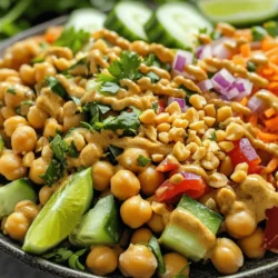 - Kichererbsen: Diese kleinen, runden Bohnen sind der Star in diesem Salat. Sie sind voll von Protein und Ballaststoffen. Eine Dose Kichererbsen, etwa 425 g, ist perfekt. Spüle sie gut ab, bevor du sie verwendest. - Gemüseoptionen: Du kannst frisches Gemüse nach deinem Geschmack hinzufügen. Ich empfehle: - 1 rote Paprika, gewürfelt - 1 Tasse Gurke, gewürfelt - 1/2 Tasse rote Zwiebel, fein gehackt - 1/2 Tasse geraspelte Karotten Diese Gemüse bringen Farbe und Crunch in den Salat. - Erdnussbutter und Sriracha: Diese beiden Zutaten geben dem Salat seinen besonderen Kick. Verwende 1/4 Tasse cremige Erdnussbutter für den reichhaltigen Geschmack. Der Sriracha, etwa 1 Teelöffel oder mehr nach Geschmack, fügt die richtige Schärfe hinzu. Die Kombination dieser Zutaten macht den Spicy Peanut Chickpea Salad besonders lecker. Für das vollständige Rezept schau dir bitte den [Full Recipe]. Zuerst öffnen Sie die Dose Kichererbsen. Lassen Sie sie gut abtropfen und spülen Sie sie mit Wasser ab. Das hilft, die Konservierungsstoffe zu entfernen. Dann schneiden Sie das Gemüse. Würfeln Sie die rote Paprika und die Gurke. Hacken Sie die rote Zwiebel fein und reiben Sie die Karotten. Zum Schluss hacken Sie den frischen Koriander. Dieser bringt einen tollen Geschmack ins Gericht. Jetzt machen wir die Erdnusssauce. In einer kleinen Schüssel vermischen Sie die cremige Erdnussbutter, Sojasauce, Reisessig, Honig und Limettensaft. Benutzen Sie einen Schneebesen, um alles gut zu vermengen. Zum Schluss fügen Sie Sriracha hinzu. Passen Sie die Menge nach Ihrem Geschmack an. Mögen Sie es schärfer? Fügen Sie einfach mehr Sriracha hinzu! Jetzt setzen wir alles zusammen. In einer großen Schüssel vermengen Sie die Kichererbsen und das geschnittene Gemüse. Gießen Sie die Erdnusssauce darüber. Rühren Sie sanft um, damit alles gut vermischt ist. Jetzt kommt der wichtigste Teil: Lassen Sie den Salat für 20 bis 30 Minuten im Kühlschrank. So ziehen die Aromen besser durch. Vor dem Servieren rühren Sie den Salat nochmal gut durch. Sie können nach Belieben mit zerstoßenen Erdnüssen und Limettenschnitten garnieren. Für die vollständige Anleitung schauen Sie sich bitte das Full Recipe an. - Vorbereitungen im Voraus treffen: Du kannst die Kichererbsen am Vortag abtropfen. Schneide das Gemüse, damit die Zubereitung schneller geht. Die frischen Zutaten bleiben so knackig und frisch. - Alternativen für frische Zutaten: Wenn du kein frisches Gemüse hast, verwende gefrorenes Gemüse. Es ist oft genauso nahrhaft und spart Zeit. Du kannst auch Kichererbsen aus der Dose verwenden, um die Arbeit zu erleichtern. - Hinweise zur Verwendung von Sriracha: Sriracha bringt einen tollen Kick. Beginne mit einem Teelöffel und taste dich voran. Du kannst mehr hinzufügen, wenn du es schärfer magst. - Mildern der Schärfe mit weiteren Zutaten: Wenn es zu scharf ist, füge mehr Erdnussbutter oder etwas Honig hinzu. Das macht die Soße cremiger und mildert die Schärfe. - Weitere gesunde Zutaten hinzufügen: Du kannst Avocado, Mais oder Spinat hinzugeben. Diese Zutaten bringen Farbe und zusätzliche Nährstoffe. - Nahrungsoptionen für verschiedene Diäten: Der Salat ist bereits vegan und glutenfrei. Du kannst Quinoa oder Huhn hinzufügen, um ihn nahrhafter zu machen. So passt er zu den meisten Diäten. {{image_4}} Für eine vegane Version des Spicy Peanut Chickpea Salad, ersetze den Honig durch Ahornsirup. So bleibst du 100% pflanzlich. Du kannst auch andere pflanzliche Proteine wie Tofu oder Quinoa hinzufügen. Diese Optionen machen den Salat noch nährstoffreicher. Du kannst die Erdnüsse durch Cashew- oder Mandeln ersetzen. Diese Nüsse bringen unterschiedliche Aromen und Texturen. Auch andere Nussbutter wie Mandelbutter oder Cashewbutter sind ausgezeichnete Alternativen. Sie verleihen dem Salat eine neue Geschmacksrichtung. Nutze frisches Gemüse je nach Saison. Im Sommer passen Tomaten und Zucchini gut dazu. Im Winter kannst du Rote Bete oder Grünkohl verwenden. Auch die Beläge können variieren. Frische Kräuter wie Basilikum im Sommer oder geröstete Kürbiskerne im Herbst sind tolle Optionen. Du findest die vollständige Rezeptanleitung im [Full Recipe]. Der Spicy Peanut Chickpea Salad bleibt frisch, wenn Sie ihn gut lagern. Bewahren Sie den Salat in einem luftdichten Behälter auf. Die optimale Kühlschranktemperatur liegt bei etwa 4 °C. So bleibt der Salat knackig und lecker. Die Haltbarkeit des Salats beträgt etwa 3 bis 4 Tage im Kühlschrank. Achten Sie darauf, dass die Zutaten frisch sind, wenn Sie den Salat zubereiten. Wenn der Salat einen unangenehmen Geruch hat oder die Farbe ändert, sollten Sie ihn nicht mehr essen. Die Erdnusssauce ist einfach aufzubewahren. Füllen Sie die Sauce in einen luftdichten Behälter. Lagern Sie sie im Kühlschrank, wo sie bis zu einer Woche haltbar ist. Wenn die Sauce dicker wird, können Sie sie mit etwas Wasser oder Limettensaft verdünnen. Diese Erdnusssauce ist auch vielseitig. Sie können sie in anderen Rezepten verwenden, wie zum Beispiel in Stir-Frys oder als Dip für Gemüse. Und wenn Sie mehr Abwechslung möchten, probieren Sie die Sauce in einem Wrap oder auf einem Sandwich. Sie wird Ihre Gerichte aufpeppen! Der Spicy Peanut Chickpea Salad bleibt im Kühlschrank etwa drei bis vier Tage frisch. Achte darauf, ihn in einem luftdichten Behälter aufzubewahren. So bleiben die Aromen stark und das Gemüse knackig. Wenn du ihn länger aufbewahren möchtest, friere ihn besser ein. Das Gemüse könnte nach ein paar Tagen weich werden. Ja, du kannst die Kichererbsen selber kochen. Beginne mit getrockneten Kichererbsen. Weiche sie über Nacht in Wasser ein. Am nächsten Tag spüle sie ab. Koche sie dann in frischem Wasser für etwa 1 bis 1,5 Stunden, bis sie weich sind. Prüfe die Kichererbsen regelmäßig. Vergiss nicht, sie nach dem Kochen gut abtropfen zu lassen. So bist du sicher, dass dein Salat perfekt wird. Zu diesem Salat passen viele Beilagen gut. Hier sind einige Vorschläge: - Vollkornbrot oder Fladenbrot - Gegrilltes Hähnchen oder Tofu für mehr Protein - Quinoa oder brauner Reis als gesunde Beilage - Ein frischer Joghurtdip für einen cremigen Kontrast - Ein einfacher grüner Salat für mehr Frische Diese Beilagen ergänzen den Geschmack des Salates und machen das Essen noch besser. Der Spicy Peanut Chickpea Salad ist einfach und lecker. Er besteht aus Kichererbsen, frischem Gemüse und einer würzigen Erdnusssauce. Du kannst ihn nach deinem Geschmack anpassen und mit neuen Zutaten experimentieren. Denk daran, den Salat gut zu kühlen, damit sich die Aromen entfalten. Mit den Tipps zur Zubereitung und Lagerung bleibst du flexibel. So bleibt dein Salat frisch und schmackhaft. Probiere verschiedene Variationen aus und finde deine perfekte Mischung!