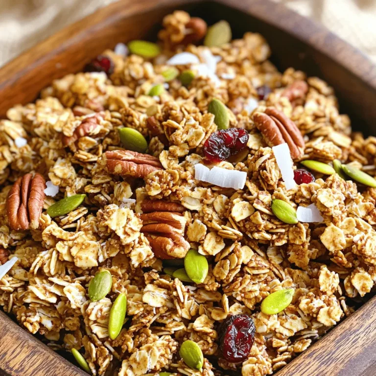 Hier sind die Zutaten, die du brauchst, um die leckere Ahorn-Pekannuss-Granola zu machen: - 3 Tassen Haferflocken (gerollt) - 1 Tasse Pekannüsse, grob gehackt - 1/2 Tasse Kürbiskerne - 1/2 Tasse ungesüßte Kokosraspel - 1/2 Tasse Ahornsirup - 1/4 Tasse Kokosöl, geschmolzen - 1 Teelöffel Vanilleextrakt - 1/2 Teelöffel Zimt - 1/4 Teelöffel Meersalz - 1/2 Tasse getrocknete Cranberries oder Rosinen (optional) Die Nährwerte variieren je nach Portion. Aber hier sind einige wichtige Punkte: - Haferflocken: Eine gute Quelle für Ballaststoffe, die gut für die Verdauung sind. - Pekannüsse: Sie liefern gesunde Fette und Eiweiß. Sie sind auch reich an Antioxidantien. - Kürbiskerne: Diese enthalten Magnesium und Zink, wichtig für die Immunfunktion. - Kokosraspel: Sie bringen natürlichen Zucker und gesunde Fette in das Rezept. - Ahornsirup: Er gibt der Granola eine süße Note und hat einige Mineralstoffe. - Kokosöl: Es hilft, die Zutaten zu verbinden und gibt einen tollen Geschmack. - Vanilleextrakt und Zimt: Diese sorgen für ein wunderbares Aroma. Wenn du Allergien hast oder bestimmte Zutaten nicht magst, gibt es Alternativen: - Haferflocken: Du kannst glutenfreie Haferflocken verwenden, wenn du glutenfrei essen musst. - Pekannüsse: Ersetze sie durch Mandeln oder Walnüsse. - Kürbiskerne: Sonnenblumenkerne sind ein guter Ersatz. - Kokosraspel: Lass sie weg oder ersetze sie durch weitere Nüsse. - Ahornsirup: Honig oder Agavendicksaft können ebenfalls verwendet werden. - Kokosöl: Du kannst auch andere Öle wie Olivenöl nutzen. Mit diesen Zutaten und Alternativen wird deine Ahorn-Pekannuss-Granola einfach köstlich! Wenn du mehr über die Zubereitung erfahren möchtest, schaue dir das [Full Recipe] an. Zuerst musst du alle Zutaten bereitstellen. Du benötigst: - 3 Tassen Haferflocken (gerollt) - 1 Tasse Pekannüsse, grob gehackt - 1/2 Tasse Kürbiskerne - 1/2 Tasse ungesüßte Kokosraspel - 1/2 Tasse Ahornsirup - 1/4 Tasse Kokosöl, geschmolzen - 1 Teelöffel Vanilleextrakt - 1/2 Teelöffel Zimt - 1/4 Teelöffel Meersalz - 1/2 Tasse getrocknete Cranberries oder Rosinen (optional) Zuerst heize deinen Ofen auf 150°C (300°F) vor. Ein großes Backblech mit Backpapier auslegen, damit die Granola nicht kleben bleibt. In einer großen Schüssel vermischst du die Haferflocken, Pekannüsse, Kürbiskerne, Kokosraspel, Zimt und Meersalz gut. Jetzt geht es ans Backen. In einer separaten Schüssel verrühre den Ahornsirup, das geschmolzene Kokosöl und den Vanilleextrakt. Gieße diese Mischung über die trockenen Zutaten und rühre alles gut um. Du möchtest, dass jede Zutat gleichmäßig bedeckt ist. Verteile die Mischung auf dem Backblech. Drücke die Mischung leicht zusammen, damit sie kleine Klumpen bildet. Backe die Granola dann für 25-30 Minuten. Rühre die Mischung zur Hälfte der Backzeit um, damit sie gleichmäßig bräunt. Nach dem Backen nimmst du das Blech aus dem Ofen. Lass die Granola vollständig abkühlen. Sie wird beim Abkühlen knusprig. Wenn sie kalt ist, kannst du die getrockneten Cranberries oder Rosinen unterrühren, falls du sie verwendest. Bewahre die Granola in einem luftdichten Behälter auf. So bleibt sie frisch und knusprig. Für die vollständige Rezeptanleitung schaue dir die Full Recipe an. Die Backzeit ist entscheidend für knusprige Granola. Ich empfehle, bei 150°C für 25 bis 30 Minuten zu backen. Rühre die Mischung nach 15 Minuten um. So wird sie gleichmäßig goldbraun. Halte ein Auge darauf, denn jeder Ofen ist anders. Wenn die Granola duftet und gold wird, ist sie fertig. Lass sie im Ofen, um die Knusprigkeit zu verstärken. Um die Frische zu bewahren, lagere deine Granola in einem luftdichten Behälter. Ein Glasbehälter eignet sich gut. Stelle sicher, dass er kühl und dunkel ist. So bleibt die Granola bis zu zwei Wochen lecker. Wenn du sie länger aufbewahren möchtest, friere sie ein. Das funktioniert gut und erhält den Geschmack. Um deinen Granola mehr Geschmack zu geben, füge Schokoladenstückchen oder getrocknete Früchte hinzu. Auch eine Prise Muskatnuss oder Ingwer kann spannend sein. Probiere verschiedene Nüsse oder Samen aus, um die Textur zu verändern. Diese kleinen Anpassungen machen den großen Unterschied. Du kannst auch Honig statt Ahornsirup verwenden, um einen anderen süßen Geschmack zu erzielen. {{image_4}} Wenn du den Zucker reduzieren willst, gibt es viele Optionen. Honig ist eine gute Wahl. Er hat einen süßen Geschmack und gibt einen schönen Duft. Agavendicksaft ist eine andere Option. Er ist flüssig und hat einen milden Geschmack. Du kannst auch reife Bananen pürieren. Sie fügen natürliche Süße hinzu. Diese Alternativen sind gesund und lecker. Pekannüsse sind toll, aber du kannst auch andere Nüsse verwenden. Mandeln sind knackig und geben viel Geschmack. Walnüsse sind weich und haben einen tollen Biss. Du kannst auch Samen hinzufügen. Chiasamen sind klein und voller Nährstoffe. Sonnenblumenkerne schmecken nussig und sind knusprig. Mische verschiedene Nüsse und Samen für mehr Abwechslung. Um deine Granola noch besser zu machen, füge Toppings hinzu. Frische Früchte sind eine gute Wahl. Bananenscheiben oder Beeren bringen Farbe und Frische. Joghurt ist auch lecker dazu. Er macht das Frühstück cremig und sättigend. Du kannst auch Schokoladenstückchen oder Kokosflocken verwenden. Diese Toppings machen das Essen noch spannender. Für die komplette Anleitung schau dir das [Full Recipe] an. Um deine Ahorn-Pekannuss-Granola frisch zu halten, lagere sie in einem luftdichten Behälter. Wähle einen Ort, der kühl und dunkel ist. Die Speisekammer oder ein Schrank eignen sich gut. Vermeide feuchte Bereiche, da sie die Granola weich machen können. Wenn du die Granola richtig lagerst, bleibt sie bis zu zwei Wochen frisch. Nach dieser Zeit kann sie an Geschmack verlieren. Du kannst auch die Granola einfrieren, um sie länger haltbar zu machen. Im Gefrierbeutel hält sie bis zu drei Monate. Wenn du Granola übrig hast, nutze sie in verschiedenen Gerichten. Streue sie über Joghurt oder Obst für ein schnelles Frühstück. Du kannst sie auch in Muffins oder Pancakes mischen. So verleihst du deinen Gerichten einen knusprigen Biss. Um die beste Ahorn-Pekannuss-Granola zu machen, wähle frische, hochwertige Zutaten. Beginne mit großartigen Haferflocken und knackigen Pekannüssen. Mische die trockenen Zutaten gut, damit die Aromen sich verbinden. Achte darauf, die flüssigen Zutaten gleichmäßig über die trockenen zu gießen. Das hilft, eine gleichmäßige Textur zu erreichen. Backe die Granola langsam, um eine schöne goldene Farbe zu erreichen. Rühre die Mischung in der Mitte der Backzeit um. Dies sorgt für gleichmäßiges Garen und knusprige Stücke. Lass die Granola nach dem Backen vollständig abkühlen, damit sie knackig bleibt. Ja, diese Granola kann glutenfrei sein. Achte darauf, dass du glutenfreie Haferflocken verwendest. Viele Haferflocken enthalten Gluten, wenn sie in der gleichen Anlage wie Weizen verarbeitet werden. Prüfe die Verpackung auf die glutenfreie Kennzeichnung. Mit der richtigen Auswahl an Haferflocken ist die Granola für alle glutenempfindlichen Personen geeignet. Die Zutaten für diese Granola findest du in den meisten Supermärkten oder Bioläden. Suche nach Haferflocken, Pekannüssen und Kürbiskernen in der Backabteilung. Ahornsirup und Kokosöl sind oft in den Regalen mit Süßungsmitteln oder Ölen. Du kannst auch in Online-Shops nach diesen Zutaten suchen. Das ist eine bequeme Möglichkeit, alles zu bekommen, was du brauchst, ohne das Haus zu verlassen. Zusammenfassend haben wir die besten Zutaten für das Ahorn-Pekannuss-Granola erkundet. Wir haben die Nährwerte und tolle Alternativen für Allergiker diskutiert. Die Schritt-für-Schritt-Anleitung hilft dir, perfekte Granola zu backen. Unsere Tipps stellen sicher, dass dein Granola knusprig bleibt. Denke daran, Lagerbedingungen und Haltbarkeit zu beachten. Nutze die Informationen, um deine eigene leckere Granola zu schaffen. Viel Spaß beim Ausprobieren und Experimentieren!
