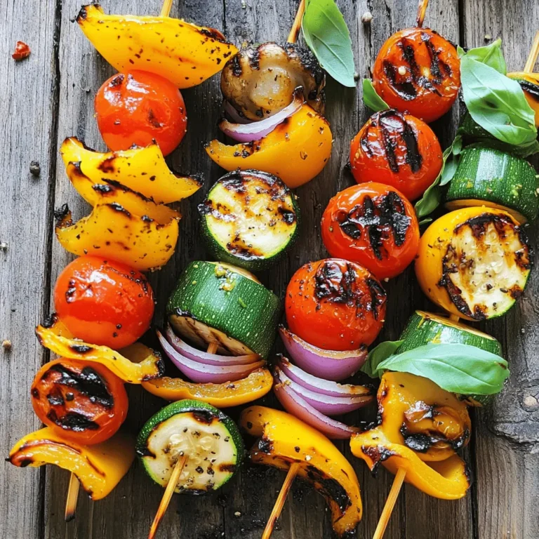 Für die perfekten gegrillten Gemüsespieße benötigst du frisches Gemüse. Hier sind die Hauptzutaten: - 1 Zucchini, in dicke Runden geschnitten - 1 rote Paprika, in Stücke geschnitten - 1 gelbe Paprika, in Stücke geschnitten - 1 rote Zwiebel, in Keile geschnitten - 10 Kirschtomaten - 1 Tasse Champignons, halbiert Diese Zutaten bringen Farben und Geschmack auf deinen Grill. Du kannst die Stücke nach Belieben anpassen. Das macht das Kochen kreativ und spaßig. Du kannst andere Gemüse einsetzen, um neue Geschmäcker zu entdecken. Hier sind einige gute Optionen: - Auberginen: Sie geben einen reichen, herzhaften Geschmack. - Spargel: Er bringt eine knackige Textur. - Zucchini: Eine weitere Zucchini kann auch gut passen. - Brokkoli: Diese Röschen sind toll für den Grill. Denke daran, die Gemüse in ähnliche Größen zu schneiden. So garen sie gleichmäßig. Experimentiere mit saisonalem Gemüse, um das Beste aus jeder Jahreszeit herauszuholen. Die Marinade macht die Spieße richtig lecker. Hier sind die Zutaten, die du brauchst: - 3 Esslöffel Olivenöl - 1 Teelöffel Knoblauchpulver - 1 Teelöffel geräuchertes Paprikapulver - Salz und Pfeffer nach Geschmack Mische das Olivenöl mit den Gewürzen in einer Schüssel. Gieße die Marinade über das Gemüse und mische gut. So nimmt jedes Stück den vollen Geschmack auf. Nutze die Marinade auch für andere Gemüsegerichte. Für das vollständige Rezept, schau dir die [Full Recipe] an. Zuerst waschen Sie das Gemüse gut. Schneiden Sie die Zucchini in dicke Runden. Die Paprika schneiden Sie in Stücke. Die Zwiebel teilen Sie in Keile. Legen Sie die Kirschtomaten und Champignons beiseite. Diese sind einfach zu handhaben und brauchen keine zusätzlichen Schnitte. In einer großen Schüssel vermengen Sie das geschnittene Gemüse. In einer kleinen Schüssel mischen Sie das Olivenöl, das Knoblauchpulver und das geräucherte Paprikapulver. Fügen Sie Salz und Pfeffer hinzu. Gießen Sie die Marinade über das Gemüse und mischen Sie alles gut. Achten Sie darauf, dass jede Gemüsestück gleichmäßig bedeckt ist. Lassen Sie das Gemüse einige Minuten marinieren, damit die Aromen gut einziehen. Stecken Sie das marinierte Gemüse abwechselnd auf Spieße. Achten Sie darauf, dass die Farben schön gemischt sind. Legen Sie die Spieße auf den vorgeheizten Grill. Grillen Sie die Spieße für etwa 10 bis 12 Minuten. Wenden Sie sie regelmäßig, damit sie gleichmäßig garen. Das Gemüse sollte zart sein und schöne Grillstreifen haben. Nach dem Grillen lassen Sie die Spieße kurz ruhen. Vor dem Servieren können Sie frische Basilikumblätter hinzufügen. Dies gibt einen extra frischen Geschmack! Wenn du Gemüse grillst, achte auf die Hitze. Ein mittelhoher Grill ist ideal. Das Gemüse wird zart und bekommt schöne Grillstreifen. Verwende Spieße aus Holz oder Metall. Wenn du Holzspieße nimmst, weiche sie vorher in Wasser ein. So brennen sie nicht. Lege die Spieße schräg auf den Grill. So grillst du sie gleichmäßig. Um die perfekte Konsistenz zu erzielen, schneide das Gemüse gleichmäßig. Dicke Stücke brauchen länger als dünne. Zucchini und Paprika sollten gleich groß sein. Das sorgt für gleichmäßiges Garen. Wende die Spieße regelmäßig. So wird alles schön zart und gleichmäßig gegart. Überprüfe das Gemüse nach 10 Minuten. Es sollte weich, aber nicht matschig sein. Plane deine Vorbereitungszeit gut. Du brauchst etwa 15 Minuten für die Vorbereitung. Während der Grillzeit kannst du andere Beilagen machen. Grill die Spieße für 10-12 Minuten. So bleibt das Gemüse frisch und voller Geschmack. Wenn du alles gut vorbereitest, hast du mehr Zeit zum Genießen. Das ist der Schlüssel zu einem stressfreien Grillabend. Für das vollständige Rezept kannst du [Full Recipe] hier nachlesen. {{image_4}} Saisonales Gemüse bringt frische Aromen. Im Frühling sind Spargel und Erbsen toll. Im Sommer sind Zucchini und Paprika ideal. Im Herbst können Kürbis und Rosenkohl verwendet werden. Im Winter probiere Wurzelgemüse wie Karotten oder Pastinaken. Jedes Gemüse hat seinen eigenen Geschmack und Textur. Das macht die Spieße nie langweilig. Achte darauf, Gemüse in ähnliche Größen zu schneiden, damit sie gleichmäßig garen. Die Marinade macht oft den Unterschied. Eine einfache Mischung aus Olivenöl, Salz und Pfeffer funktioniert immer. Du kannst auch Zitronensaft oder Balsamico hinzufügen. Für einen würzigen Kick nimm Knoblauchpulver oder Chili. Experimentiere mit Kräutern wie Thymian oder Oregano. Eine asiatische Marinade mit Sojasauce und Sesamöl gibt einen tollen Geschmack. Es ist wichtig, die Marinade gut mit den Gemüsestücken zu vermengen. So zieht der Geschmack besser ein. Um mehr Vielfalt zu schaffen, füge Käse oder Tofu hinzu. Feta oder Halloumi sind tolle Käseoptionen. Sie schmelzen beim Grillen und geben einen leckeren Geschmack. Tofu nimmt die Marinade gut auf und sorgt für eine gute Proteinquelle. Du kannst auch andere Zutaten wie Oliven oder getrocknete Tomaten einfügen. Achte darauf, dass alles gleichmäßig auf den Spießen verteilt ist. So bekommst du eine schöne Mischung aus Aromen. Du hast Reste von den bunten gegrillten Gemüsespießen? Kein Problem! Lass die Spieße zuerst abkühlen. Danach lege sie in einen luftdichten Behälter. Du kannst sie bis zu drei Tage im Kühlschrank lagern. Achte darauf, den Behälter gut zu verschließen, damit die Frische bleibt. Möchtest du die Spieße länger aufbewahren? Dann friere sie ein! Wickel die abgekühlten Spieße in Frischhaltefolie ein. Danach lege sie in einen Gefrierbeutel. So bleiben sie bis zu drei Monate frisch. Beschrifte den Beutel mit dem Datum, damit du weißt, wann du sie eingefroren hast. Wenn du die Spieße wieder genießen möchtest, kannst du sie einfach aufwärmen. Nimm sie aus dem Kühlschrank oder Gefrierfach. Wenn sie gefroren sind, lass sie zuerst im Kühlschrank auftauen. Erhitze sie dann in einer Pfanne oder im Grill. So werden sie wieder lecker und warm. Du kannst auch die Mikrowelle nutzen, aber achte darauf, dass sie gleichmäßig warm werden. Für das vollständige Rezept, schau dir die [Full Recipe] an! Gegrillte Gemüsespieße sollten etwa 10 bis 12 Minuten gegrillt werden. Wenden Sie die Spieße regelmäßig, damit das Gemüse gleichmäßig gart. Das Gemüse ist fertig, wenn es zart ist und schöne Grillstreifen hat. Wenn Sie es lieber weich mögen, können Sie die Spieße auch etwas länger grillen. Für Spieße eignen sich viele Gemüsesorten. Hier sind einige der besten Optionen: - Zucchini - Paprika (rot, gelb, grün) - Zwiebeln - Kirschtomaten - Champignons - Auberginen - Maiskolben Diese Gemüsesorten sind bunt und haben verschiedene Texturen, die beim Grillen gut zur Geltung kommen. Sie können auch andere Gemüsesorten ausprobieren, um neue Geschmäcker zu entdecken. Ja, Sie können die Spieße auch im Ofen zubereiten. Heizen Sie den Ofen auf 200 Grad Celsius vor. Legen Sie die Gemüsespieße auf ein Backblech und backen Sie sie etwa 15 bis 20 Minuten. Wenden Sie die Spieße einmal in der Mitte der Garzeit, um eine gleichmäßige Bräunung zu erreichen. So erhalten Sie ebenfalls leckere, gegrillte Aromen, auch ohne Grill. Gegrillte Gemüsespieße sind einfach und lecker. Wir haben die Hauptzutaten und Marinaden besprochen. Die Vorbereitung und das Grillen sind leicht, wenn man die Tipps beachtet. Experimentiere mit saisonalem Gemüse und anderen Zutaten. Bei der Lagerung bleiben die Reste frisch. Wenn du Fragen zu den Spießen hast, findest du wichtige Antworten. Nutze diese Anleitungen für ein schmackhaftes Grillvergnügen. Probiere es aus und genieße die Vielfalt!