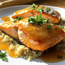 Um köstlichen Maple Glazed Salmon zu machen, brauchen wir: - 4 Lachsfilets (jeweils ca. 170g) - 60ml reiner Ahornsirup - 30ml Sojasauce (oder Tamari für glutenfrei) - 15ml Dijon-Senf - 15ml frischer Zitronensaft - 15ml frisch gepresster Orangensaft - 2 Knoblauchzehen, fein gehackt - 1 Teelöffel frischer Ingwer, gerieben - Salz und Pfeffer nach Geschmack - 15ml Olivenöl - Frische Petersilie oder Koriander zur Garnitur Für ein tolles Gericht wähle frische Lachsfilets. Achte auf eine leuchtende Farbe. Der Geruch sollte frisch und nicht fischig sein. Wildlachs hat oft mehr Geschmack als Zuchtlachs. Wenn möglich, kaufe bei einem vertrauenswürdigen Fischhändler. So hast du die beste Qualität. Frische Kräuter bringen mehr Geschmack. Petersilie und Koriander passen gut zu Lachs. Du kannst auch Dill verwenden, wenn du magst. Verwende frischen Ingwer für einen tollen Kick. Frischer Knoblauch gibt Tiefe und Aroma. So wird dein Gericht lebendig und lecker. Wenn du die Gewürze richtig wählst, macht das einen großen Unterschied! Um die Glasur zu machen, vermische zuerst in einer kleinen Schüssel den Ahornsirup, die Sojasauce, den Dijon-Senf, den Zitronen- und Orangensaft. Füge dann den gehackten Knoblauch und den geriebenen Ingwer hinzu. Rühre alles gut um, bis es gleichmäßig ist. Diese Mischung gibt dem Lachs einen süßen und würzigen Geschmack. Heize eine große Pfanne bei mittlerer Hitze und gib das Olivenöl hinein. Sobald das Öl heiß ist, lege die Lachsfilets mit der Hautseite nach unten in die Pfanne. Brate sie für etwa 4-5 Minuten, bis die Haut knusprig ist. Drehe die Filets vorsichtig um und gieße die Ahorn-Glasur gleichmäßig drüber. Koche sie dann für weitere 4-5 Minuten. Der Lachs sollte sich leicht mit einer Gabel zerteilen lassen. Die ideale Garzeit für Lachs liegt bei etwa 8-10 Minuten. Du kannst testen, ob der Lachs gar ist, indem du mit einer Gabel leicht in das Filet stichst. Wenn es sich leicht zerteilen lässt, ist der Lachs fertig. Nimm die Pfanne vom Herd und träufle den restlichen Sirup aus der Pfanne über den Lachs. Das macht ihn noch köstlicher. Für das vollständige Rezept, schau dir die [Full Recipe] an. Um die Glasur für den Lachs perfekt zu machen, achte auf die richtige Balance. Mische gleich viel Ahornsirup und Sojasauce. Der Sirup bringt Süße, die Sojasauce sorgt für Tiefe. Füge frischen Ingwer und Knoblauch hinzu, um das Aroma zu verstärken. Ein Spritzer Zitronen- und Orangensaft bringt Frische. Vergiss nicht, alles gut zu vermengen und abschmecken. Du kannst die Glasur auch während des Kochens leicht anpassen. Wenn du mehr Süße willst, füge mehr Sirup hinzu. Für knusprigen Lachs ist die Pfanne der Schlüssel. Erhitze das Olivenöl gut, bevor du die Filets hinzufügst. Lege den Lachs mit der Hautseite nach unten in die Pfanne. Lass ihn ungestört braten, damit die Haut schön knusprig wird. Wende den Lachs erst nach 4-5 Minuten. Wenn die Haut goldbraun ist, drehe das Filet vorsichtig um. Gieße die Glasur über den Lachs, während er weiter gart. So bleibt er saftig und die Haut bleibt knusprig. Ein häufiger Fehler ist, die Temperatur zu niedrig zu halten. Dadurch wird der Lachs nicht knusprig. Auch das Überkochen solltest du vermeiden. Lachs ist perfekt, wenn er sich leicht mit einer Gabel zerteilen lässt. Achte darauf, die Glasur nicht zu früh hinzuzufügen. Das kann sie verbrennen und bitter machen. Schließlich, lasse den Lachs nach dem Kochen nicht zu lange ruhen. So bleibt er saftig und lecker. {{image_4}} Ich liebe es, die Aromen des ahornsirup-glasierten Lachses mit frischen Früchten zu kombinieren. Früchte wie Mango, Ananas oder Pfirsiche bringen eine süße Note. Diese Kombination macht das Gericht noch lebendiger. Du kannst die Früchte einfach in der Pfanne anbraten. So werden sie warm und saftig. Füge sie kurz vor dem Servieren hinzu, um die Frische zu bewahren. Wenn du eine glutenfreie Diät einhältst, keine Sorge! Du kannst die Glasur leicht anpassen. Nutze Tamari anstelle von Sojasauce. Tamari hat einen ähnlichen Geschmack und ist perfekt. Achte darauf, die anderen Zutaten glutenfrei zu wählen. So bleibt dein Gericht köstlich und gesund. Beilagen sind wichtig, um dein Essen zu vervollständigen. Ich empfehle fluffigen Quinoa oder gedämpften Spargel. Sie passen gut zu dem süßen Lachs. Ein frischer Salat mit Rucola und Orangenstücken bringt einen tollen Crunch. Du kannst auch einen einfachen grünen Salat mit einem leichten Dressing machen. Diese Kombination aus Beilagen bringt Farbe und Geschmack auf deinen Teller. Um Reste von ahornsirup-glasiertem Lachs gut aufzubewahren, lassen Sie ihn zuerst abkühlen. Legen Sie die Lachsfilets in einen luftdichten Behälter. Sie können sie auch in Frischhaltefolie wickeln. So bleibt der Lachs frisch und saftig. Stellen Sie sicher, dass der Behälter gut verschlossen ist. Wenn Sie den Lachs aufwärmen, machen Sie das langsam. Der beste Weg ist, ihn im Ofen zu erwärmen. Stellen Sie den Ofen auf 150 Grad Celsius. Legen Sie den Lachs auf ein Backblech und decken Sie ihn mit Aluminiumfolie ab. So bleibt der Lachs zart und wird nicht trocken. Erhitzen Sie ihn für 10 bis 15 Minuten. Im Kühlschrank hält der Lachs etwa drei Tage. Wenn Sie ihn länger aufbewahren möchten, können Sie ihn einfrieren. In einem luftdichten Behälter bleibt der Lachs bis zu drei Monate frisch im Gefrierfach. Denken Sie daran, ihn vor dem Servieren im Kühlschrank aufzutauen. Braten Sie den Lachs etwa 4-5 Minuten auf jeder Seite. Die Haut sollte knusprig sein. Überprüfen Sie den Lachs mit einer Gabel. Wenn er sich leicht zerteilen lässt, ist er fertig. Achten Sie darauf, die Hitze nicht zu hoch zu wählen. So bleibt der Lachs saftig und zart. Ja, Sie können die Glasur im Voraus zubereiten. Mischen Sie einfach alle Zutaten in einer Schüssel. Lagern Sie die Glasur in einem luftdichten Behälter im Kühlschrank. Sie bleibt dort bis zu einer Woche frisch. Vor der Verwendung die Glasur gut umrühren. Sie wird sich setzen, aber das ist normal. Zu ahornsirup-glasiertem Lachs passen viele Beilagen gut. Hier sind einige meiner Favoriten: - Fluffiger Quinoa - Gedämpfter Spargel - Geröstete Süßkartoffeln - Grüner Salat mit Zitrus-Vinaigrette Diese Beilagen ergänzen den süßen und herzhaften Geschmack des Lachses. Für dieses Rezept empfehle ich frischen oder tiefgefrorenen Wildlachs. Er hat einen tollen Geschmack und eine feste Textur. Alternativ können Sie auch Zuchtlachs verwenden. Achten Sie darauf, dass der Lachs frisch aussieht und eine leuchtende Farbe hat. Vermeiden Sie Lachs mit einem faden Geruch oder matten Stellen. Maple Glazed Salmon ist einfach zuzubereiten und lecker. Wir haben die besten Zutaten, Tipps und Tricks behandelt. Dazu gehören die Auswahl des Lachses, die perfekte Glasur und köstliche Variationen. Richtiges Lagern und Wiederwärmen sind ebenfalls wichtig, um den Geschmack zu erhalten. Mit diesen Informationen gelingt dir ein hervorragendes Gericht. Sei kreativ und genieße jeden Biss!