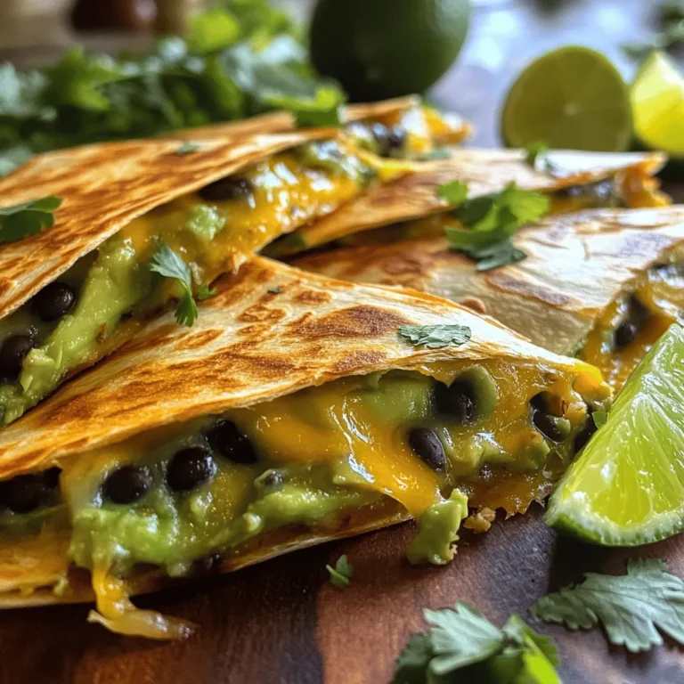 - 2 reife Avocados, püriert - 1 Tasse Dosen-Schwarzbohnen, abgespült und abgetropft - 1 Tasse geriebener Käse (Cheddar oder Pepper Jack) Avocados sind der Star dieser Quesadillas. Sie geben einen cremigen Geschmack und sind gesund. Schwarzbohnen bringen Protein und machen das Gericht herzhaft. Der Käse sorgt für eine schöne, geschmolzene Textur. Wenn du die richtige Mischung wählst, wird jede Quesadilla zum Genuss. - 1 Teelöffel Kreuzkümmel - 1 Teelöffel Knoblauchpulver - Salz und Pfeffer nach Geschmack Kreuzkümmel bringt eine warme Note, die perfekt zu Avocados passt. Knoblauchpulver gibt Tiefe und Aroma. Salz und Pfeffer sind einfach, aber wichtig, um den Geschmack zu verstärken. Diese Gewürze machen den Unterschied in deinem Gericht. - 4 große Weizentortillas - 2 Esslöffel Olivenöl (zum Braten) Weizentortillas sind ideal, da sie weich und leicht zu handhaben sind. Olivenöl hilft, die Quesadillas knusprig zu braten, ohne zu viel Fett. Es sorgt für einen tollen Geschmack und ist gesund. Wenn du eine gute Tortilla und Öl wählst, gelingt dir die perfekte Quesadilla. Für das gesamte Rezept schau dir die Full Recipe an. Für die Füllung vermischt du die pürierten Avocados mit den schwarzen Bohnen. Füge die Maiskörner und die fein gehackte rote Zwiebel hinzu. Für den Geschmack kommen Kreuzkümmel, Knoblauchpulver, Salz und Pfeffer dazu. Mische alles gut, aber achte darauf, dass die Mischung stückig bleibt. So schmeckt sie besser. Erhitze eine Pfanne bei mittlerer Hitze. Lege eine Tortilla in die Pfanne. Streue die Hälfte des geriebenen Käses gleichmäßig über die Tortilla. Löffle dann die Hälfte der Avocado-Schwarzbohnen-Mischung darüber. Bestreue das Ganze mit einer weiteren Portion Käse und lege eine zweite Tortilla darauf. Koche die Quesadilla 3-4 Minuten lang, bis die Unterseite goldbraun wird. Dann wende sie vorsichtig und brate sie weitere 3-4 Minuten, bis sie knusprig ist. Nehme die fertige Quesadilla aus der Pfanne und lasse sie einen Moment abkühlen. Schneide sie in Wedges. Wiederhole den Vorgang für die restlichen Tortillas und die Füllung. So hast du viele leckere Quesadillas. Serviere sie warm und garniere sie mit frischem Koriander. Limettenscheiben passen perfekt dazu. Für das vollständige Rezept schaue dir die Full Recipe an. Um perfekte Quesadillas zuzubereiten, achte auf die Hitze. Stelle die Herdplatte auf mittlere Hitze ein. Wenn die Pfanne zu heiß ist, verbrennt die Tortilla. Wenn sie zu kalt ist, wird die Quesadilla matschig. Timing ist auch wichtig. Wende die Quesadilla erst, wenn die Unterseite goldbraun ist. So bleibt der Käse geschmolzen und die Füllung warm. Quesadillas sind vielseitig. Du kannst sie mit verschiedenen Dips servieren. Salsa, Guacamole oder saure Sahne passen sehr gut. Garnituren sind auch wichtig. Frischer Koriander und Limettenscheiben bringen Frische. Einfach über die Quesadilla träufeln und genießen. Viele machen den Fehler, zu viel Füllung zu verwenden. Das macht das Wenden schwer und führt zu einer unordentlichen Quesadilla. Achte darauf, die Füllung gleichmäßig zu verteilen. Ein weiterer Fehler ist die Wahl der Tortillas. Weizentortillas sind ideal. Vollkorn oder Mais können die Textur verändern und die Quesadilla weniger knusprig machen. {{image_4}} Für eine vegane Version der Avocado Black Bean Quesadillas können Sie Käse ersetzen. Verwenden Sie einfach eine Mischung aus Nusskäse oder Cashew-Creme. Diese Optionen geben einen tollen Geschmack ohne Milchprodukte. Zusätzlich können Sie auch mehr Gemüse hinzufügen. Zucchini oder Paprika sind gute Optionen. Diese Gemüse geben mehr Textur und Nährstoffe. Sie können auch Paprika, Spinat oder Pilze in Ihre Füllung geben. Diese Zutaten bringen Vielfalt und Farbe auf den Teller. Spinat passt gut zu Avocado und Bohnen. Wenn Sie es schärfer mögen, fügen Sie frische Jalapeños oder Chilipulver hinzu. So können Sie die Schärfe nach Ihrem Geschmack anpassen. Saucen sind ein wichtiger Teil jeder Quesadilla. Salsa und Guacamole sind klassische Begleiter. Sie bringen Frische und Geschmack. Für einen zusätzlichen Kick können Sie auch eine Crema oder scharfe Sauce verwenden. Diese Saucen machen das Gericht noch interessanter. Für das beste Ergebnis, probieren Sie verschiedene Kombinationen aus. Finden Sie heraus, was Ihnen am besten schmeckt! Wenn du Quesadillas übrig hast, gibt es einfache Möglichkeiten zur Lagerung. Du kannst sie gut in einem luftdichten Behälter im Kühlschrank aufbewahren. So bleiben sie frisch für bis zu drei Tage. Wenn du sie länger aufbewahren möchtest, friere die Quesadillas ein. Wickele sie dazu in Frischhaltefolie und lege sie in einen Gefrierbeutel. So hält sich der Geschmack bis zu drei Monate. Um die Quesadillas wieder aufzuwärmen, heize den Ofen auf 180 Grad vor. Lege die Quesadillas auf ein Backblech und backe sie 10 bis 15 Minuten. Alternativ kannst du sie in einer Pfanne bei mittlerer Hitze aufwärmen. So werden sie schön knusprig. Avocados und Schwarzbohnen benötigen besondere Aufmerksamkeit. Lagere Avocados bei Raumtemperatur, bis sie reif sind. Wenn sie reif sind, lege sie in den Kühlschrank. So bleiben sie für ein paar Tage frisch. Schwarzbohnen aus der Dose halten sich gut, wenn du sie in einem luftdichten Behälter im Kühlschrank lagerst. Überprüfe immer das Haltbarkeitsdatum, bevor du sie verwendest. Die Füllung der Quesadillas kannst du gut im Voraus vorbereiten. Mische die pürierten Avocados, Bohnen und Gewürze in einer Schüssel. Bewahre die Mischung in einem luftdichten Behälter im Kühlschrank auf. So sparst du Zeit, wenn du die Quesadillas später braten möchtest. Brate die Tortillas erst kurz vor dem Servieren. So bleiben sie knusprig und lecker. Für das vollständige Rezept, schau dir die [Full Recipe] an. Bewahren Sie die Quesadillas im Kühlschrank auf. Sie halten dort für etwa 3 Tage. Wenn Sie sie länger aufbewahren wollen, nutzen Sie die Gefriertruhe. So bleiben sie bis zu 3 Monate frisch. Wickeln Sie sie gut ein, um Gefrierbrand zu vermeiden. Zum Aufwärmen, nutzen Sie eine Pfanne oder einen Toasterofen. So bleibt die Quesadilla knusprig. Ja, gefrorene Tortillas sind eine gute Option. Lassen Sie sie vor der Verwendung auftauen. Sie können sie über Nacht im Kühlschrank lassen. Alternativ können Sie sie kurz in der Mikrowelle erwärmen. Achten Sie darauf, dass sie nicht zu feucht werden. So bleiben sie geschmeidig und lassen sich gut füllen. Für Quesadillas sind viele Käsesorten geeignet. Cheddar und Pepper Jack sind die besten Wahlen. Sie schmelzen gut und bieten tollen Geschmack. Mozzarella kann auch verwendet werden. Er gibt eine milde Note. Für mehr Schärfe, probieren Sie Queso Blanco oder Feta. Experimentieren Sie mit verschiedenen Käse, um Ihren Favoriten zu finden. In diesem Artikel haben wir alle Zutaten für köstliche Quesadillas durchgesehen. Wir haben die Hauptzutaten, Gewürze, Tortillas und Öle besprochen. Die Schritt-für-Schritt-Anleitung hilft dir, die Füllung vorzubereiten und die Quesadillas zu braten. Tipps und Tricks sorgen dafür, dass du perfekte Ergebnisse erzielst. Nutze Variationen, um neue Geschmäcker zu entdecken. Achte auch auf Lagerungshinweise, damit deine Quesadillas frisch bleiben. Diese einfachen Schritte bringen dir leckere Quesadillas auf den Tisch!