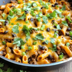 - 2 Tassen ungekochte Pasta - 450 g gemischtes Hackfleisch oder Pute - 1 Päckchen Taco-Gewürzmischung - 1 Dose gewürfelte Tomaten mit grünen Chilis - 1 Dose schwarze Bohnen - 1 Tasse Mais - 2 Tassen Rinder- oder Hühnerbrühe - 1 Tasse geriebener Cheddar-Käse - 1 Tasse geriebener Monterey Jack-Käse Für dieses Gericht verwende ich oft einfache und frische Zutaten. Die ungekochte Pasta ist der Hauptbestandteil. Ich mag verschiedene Pastaformen, also wähle, was dir gefällt. Hackfleisch oder Pute bringt Geschmack und Protein. Die Taco-Gewürzmischung fügt den typischen Geschmack hinzu. Die gewürfelten Tomaten mit grünen Chilis geben Frische. Sie sind eine tolle Basis für die Sauce. Schwarze Bohnen sorgen für einen nahrhaften Kick, und der Mais bringt Süße. Für die cremige Textur nutze ich eine Mischung aus Cheddar und Monterey Jack. Brühe gibt dem Gericht mehr Tiefe und Geschmack. Diese Zutaten machen das Gericht einfach und lecker. Du findest das komplette Rezept in der [Full Recipe]. Stelle den Herd auf mittlere Hitze ein. Erhitze in einer großen Pfanne 1 Esslöffel Olivenöl. Das Öl macht die Pasta schön saftig. Füge 450 g Hackfleisch zur Pfanne hinzu. Brate es gut an, bis es braun ist. Das dauert etwa 5 bis 7 Minuten. Wenn das Fleisch schön gebräunt ist, gib das Taco-Gewürz hinzu. Lass die Gewürze 1 bis 2 Minuten braten, um die Aromen freizusetzen. Nun kommen die gewürfelten Tomaten, die schwarzen Bohnen und die Brühe in die Pfanne. Rühre alles gut um. Das sorgt dafür, dass sich die Zutaten gut vermischen. Bring die Mischung zum Kochen. Füge dann 2 Tassen ungekochte Pasta hinzu. Reduziere die Hitze und koche die Pasta laut Packungsanweisung, etwa 10 bis 12 Minuten. Die Pasta sollte al dente sein und die Flüssigkeit aufgesogen haben. Wenn die Pasta fertig ist, reduziere die Hitze auf niedrig. Rühre 1 Tasse Cheddar-Käse und 1 Tasse Monterey Jack-Käse ein. Warte, bis der Käse schmilzt und cremig wird. Probiere das Gericht und passe die Gewürze nach deinem Geschmack an. Du kannst mehr Salz oder Pfeffer hinzufügen, wenn du magst. Nimm die Pfanne vom Herd und lass das Gericht ein paar Minuten stehen. So dickt die Mischung leicht ein. Serviere das Gericht heiß, garniert mit frischem Koriander oder Frühlingszwiebeln. Für das komplette Rezept schau dir die [Full Recipe] an! Um die perfekte Konsistenz zu erreichen, ist die Menge der Flüssigkeit wichtig. Du kannst die Brühe anpassen, je nachdem, wie viel Sauce du magst. Wenn du eine cremigere Mischung willst, füge mehr Brühe hinzu. Wenn du es dicker magst, nimm weniger. Achte darauf, die Pasta al dente zu kochen. Das bedeutet, sie sollte weich, aber noch einen leichten Biss haben. So bleibt sie auch beim Servieren gut. Die Gewürze sind der Schlüssel zu einem tollen Geschmack. Du kannst die Taco-Gewürzmischung nach deinem Geschmack anpassen. Füge mehr Kreuzkümmel oder Paprika hinzu, um mehr Tiefe zu erreichen. Wenn du es schärfer magst, probiere frische Jalapeños oder eine scharfe Sauce. Wenn du es milder magst, lasse die scharfen Zutaten weg. So kann jeder das Gericht genießen. Die Garnierung macht viel aus. Frischer Koriander oder gehackte Frühlingszwiebeln sind tolle Optionen. Sie fügen frische Aromen hinzu und sehen hübsch aus. Serviere die Pasta in tiefen Tellern oder Schalen, um die Sauce zu halten. Du kannst auch etwas Limettensaft darüber träufeln, um den Geschmack zu heben. Experimentiere mit verschiedenen Beilagen wie einem frischen Salat oder Tortilla-Chips für zusätzlichen Crunch. {{image_4}} Um eine vegetarische Version der Cheesy Taco Pasta zu machen, kannst du Gemüse oder pflanzliches Hackfleisch verwenden. Zucchini, Paprika oder Spinat passen gut dazu. Du kannst auch eine Mischung aus verschiedenen Gemüsesorten nehmen. Das gibt mehr Farbe und Geschmack. Wenn du die Bohnen weglässt, nimm mehr Gemüse, um die Textur zu erhalten. Für eine schärfere Version kannst du Jalapeños oder scharfe Sauce hinzufügen. Diese bringen einen tollen Kick ins Gericht. Du kannst auch andere Gewürzmischungen verwenden, um mehr Aroma zu bekommen. Eine Mischung aus Kreuzkümmel und Paprika gibt zusätzlichen Geschmack. Probiere es aus und finde die perfekte Schärfe für deinen Gaumen. Für eine glutenfreie Variante wähle glutenfreie Pasta. Es gibt viele Sorten aus Reis oder Linsen. Achte auch auf andere Zutaten wie Brühe, die glutenfrei sein müssen. Überprüfe die Etiketten, um sicher zu sein, dass alles passt. So kannst du das Gericht genießen, ohne auf den Geschmack zu verzichten. Für das vollständige Rezept, schau dir die [Full Recipe] an. Nach dem Kochen ist es wichtig, die Käse-Taco-Pasta-Pfanne richtig zu lagern. Lass das Gericht zunächst auf Raumtemperatur abkühlen. Übertrage es dann in einen luftdichten Behälter. Im Kühlschrank bleibt die Pasta-Pfanne bis zu 3-4 Tage frisch. Achte darauf, die Reste gut abzudecken, damit sie nicht austrocknen. Du kannst die Pasta-Pfanne auch einfrieren. Teile das Gericht in Portionen auf und lege es in gefriergeeignete Behälter. So bleibt die Pasta bis zu 3 Monate haltbar. Um die Pasta wieder aufzuwärmen, taue sie im Kühlschrank auf. Erhitze sie dann in einer Pfanne bei niedriger Hitze. Füge etwas Brühe oder Wasser hinzu, um die Konsistenz zu verbessern. Hast du Reste übrig? Nutze sie in anderen Gerichten! Du kannst die Reste in Burritos, Aufläufen oder als Füllung für Tacos verwenden. Eine andere Idee ist, die Reste mit frischem Gemüse zu kombinieren. So erhältst du eine neue, leckere Mahlzeit. Es gibt viele Möglichkeiten, die Reste kreativ zu nutzen! Um Cheesy Taco Pasta Skillet zu machen, folge diesen Schritten: 1. Erhitze 1 Esslöffel Olivenöl in einer großen Pfanne bei mittlerer Hitze. 2. Füge 450 g gemischtes Hackfleisch hinzu. Brate es für 5-7 Minuten an, bis es braun ist. 3. Gib 1 Päckchen Taco-Gewürzmischung hinzu. Brate es für 1-2 Minuten. 4. Füge 1 Dose gewürfelte Tomaten, 1 Dose schwarze Bohnen und 1 Tasse Mais in die Pfanne. 5. Gieße 2 Tassen Brühe dazu. Rühre alles gut um. 6. Bring die Mischung zum Kochen. Füge dann 2 Tassen ungekochte Pasta hinzu. 7. Reduziere die Hitze und koche die Pasta für 10-12 Minuten. 8. Rühre 1 Tasse Cheddar-Käse und 1 Tasse Monterey Jack-Käse ein, bis sie schmelzen. 9. Probiere das Gericht und passe die Gewürze an. 10. Garnier mit frischem Koriander oder Frühlingszwiebeln und serviere heiß. Für das vollständige Rezept, schau dir die [Full Recipe] an. Die Zubereitungszeit beträgt 10 Minuten. Die Kochzeit beträgt 20 Minuten. Insgesamt benötigst du etwa 30 Minuten. Diese Portion reicht für 4-6 Personen. Passende Beilagen sind: - Ein frischer grüner Salat - Guacamole und Tortilla-Chips - Sour Cream oder Joghurt Vorschläge für Getränke: - Eistee oder Limonade - Ein leichter Rotwein passt gut - Wasser mit Zitrone ist erfrischend Diese Beilagen ergänzen das Gericht perfekt und machen das Essen noch besser. Zusammenfassend haben wir die Zutaten und Schritte für die Cheesy Taco Pasta Skillet besprochen. Das Gericht ist lecker und lässt sich leicht anpassen. Egal ob vegetarisch, scharf oder glutenfrei, jeder kann es genießen. Achte auf die Konsistenz und verwende frische Zutaten für besten Geschmack. Mit diesen Tipps gelingt dir die perfekte Pasta-Pfanne jedes Mal. Nutze die Reste kreativ, um neue Gerichte zu schaffen. Viel Spaß beim Kochen und Ausprobieren!