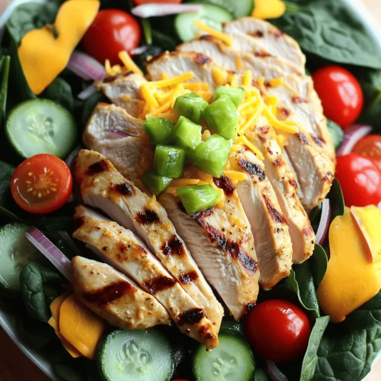- Hähnchenbrustfilets und ihre Vorbereitungen Für diesen leckeren Salat benötigst du zwei Hähnchenbrustfilets ohne Haut und Knochen. Diese solltest du zuerst gut abspülen und trocken tupfen. So bleibt der Geschmack klar und frisch. - Gurkenwasser und Ranch-Gewürzmischung Das Gurkenwasser, etwa 240 ml, gibt dem Hähnchen eine besondere Note. Es bringt eine angenehme Säure und Frische. Die Ranch-Gewürzmischung, ein Esslöffel, fügt die richtige Würze hinzu. Diese Mischung aus Kräutern und Gewürzen ist perfekt für den Salat. - Frischer Spinat und weiteres Gemüse Verwende vier Tassen frischen Spinat. Dieser sollte gut gewaschen und getrocknet sein. Für mehr Farbe und Geschmack füge 150 g halbierte Cherrytomaten, eine halbe dünn geschnittene Gurke und eine viertel dünn geschnittene rote Zwiebel hinzu. Diese Zutaten machen den Salat bunt und knackig. Optional kannst du auch 120 g geriebenen Cheddar-Käse hinzufügen, um eine cremige Textur zu erhalten. Für das Dressing brauchst du 60 ml Olivenöl und 30 ml Apfelessig. Vergiss nicht, Salz und Pfeffer nach Geschmack hinzuzufügen. Wenn du magst, kannst du auch 60 g gewürfelte Gewürzgurken zur Garnierung verwenden. Für das vollständige Rezept, schau dir die [Full Recipe] an. Die Marinierzeit ist wichtig. Sie hilft dem Hähnchen, Geschmack zu bekommen. Ich empfehle, das Hähnchen mindestens 30 Minuten im Gurkenwasser zu lassen. So zieht die Würze gut ein. Wenn du mehr Zeit hast, lass es bis zu 2 Stunden marinieren. Das macht das Hähnchen noch zarter. Für die optimale Marinierung achte darauf, das Hähnchen gleichmäßig im Gurkenwasser zu bedecken. Du kannst auch eine große Plastikbeutel nutzen. So sparst du Platz im Kühlschrank. Vergiss nicht, das Hähnchen vor dem Grillen gut abzutrocknen. Das sorgt für eine schönere Kruste. Beim Grillen ist die Technik entscheidend. Heize deinen Grill oder eine Grillpfanne auf mittlere Hitze vor. Wenn das Hähnchen auf den Grill kommt, sollte es ein Zischen geben. So weißt du, dass die Hitze stimmt. Grille das Hähnchen für etwa 6-7 Minuten pro Seite. Die Kerntemperatur ist sehr wichtig. Sie sollte 75°C (165°F) erreichen. Um sie zu überprüfen, benutze ein Fleischthermometer. Stecke es in die dickste Stelle des Hähnchens. Nach dem Grillen lass das Hähnchen 5 Minuten ruhen. So bleibt der Saft im Fleisch. Für die Salatbasis nimm eine große Schüssel. Gib den gewaschenen Spinat, die halbierten Cherrytomaten, die Gurke und die rote Zwiebel hinein. Mische alles gut durch. So verteilt sich der Geschmack gleichmäßig. Um das Dressing herzustellen, vermenge Olivenöl und Apfelessig in einer kleinen Schüssel. Füge Salz und Pfeffer hinzu. Nutze einen Schneebesen, um alles gut zu verrühren. Das Dressing sollte eine homogene Emulsion bilden. Es sollte leicht cremig sein. Jetzt ist dein Salat bereit. Mische die Salatbasis mit dem Dressing. Achte darauf, dass alle Zutaten gut überzogen sind. Lege die geschnittenen Hähnchenstücke darauf und bestreue alles mit dem geriebenen Cheddar-Käse. Wenn du magst, kannst du auch gewürfelte Gewürzgurken zur Garnierung hinzufügen. Sie geben einen zusätzlichen, knackigen Biss. Du kannst den Salat kalt oder bei Zimmertemperatur servieren. Für die vollständige Anleitung schaue dir das Rezept für Eingelegtes Ranch-Hühnchen und Spinatsalat an. Um den besten Pickle Ranch Chicken und Spinach Salad zu machen, wähle frische Zutaten. Der frische Spinat sollte knackig sein und leuchtend grün. Kombiniere die Zutaten in einer großen Schüssel. Beginne mit dem Spinat, gefolgt von Cherrytomaten, Gurken und roter Zwiebel. Diese Schichten bringen Farbe und Geschmack. Das Hähnchen sollte warm oder bei Zimmertemperatur hinzugefügt werden. So bleibt der Salat frisch und knackig. Beim Anrichten ist es wichtig, das Dressing nicht zu früh hinzuzufügen. Das kann den Salat matschig machen. Mische das Dressing erst kurz vor dem Servieren. Das sorgt dafür, dass alle Zutaten frisch und knusprig bleiben. Ein guter Tipp: Verwende eine große Schüssel zum Mischen. So verteilt sich das Dressing gleichmäßiger und der Salat sieht toll aus. Ein häufiger Fehler beim Grillen des Hähnchens ist, es zu lange zu garen. Achte darauf, dass die Innentemperatur 75°C erreicht. Verwende ein Fleischthermometer, um sicher zu gehen. Lass das Hähnchen nach dem Grillen ruhen, damit der Saft bleibt. So wird dein Hähnchen saftig und zart. Bei der Salatzubereitung gibt es auch Dos and Don'ts. Dos: Mische die Zutaten sanft, um sie nicht zu zerdrücken. Don'ts: Verwende nicht zu viel Dressing auf einmal. Beginne mit wenig und füge mehr hinzu, falls nötig. Das gibt dir die Kontrolle über den Geschmack. Wenn du diese Tipps befolgst, wird dein Salat immer gut gelingen. Für das komplette Rezept kannst du die [Full Recipe] ansehen. {{image_4}} Um den Pickle Ranch Chicken und Spinach Salad spannend zu machen, kannst du mehr Gemüse hinzufügen. Probiere knackige Paprika oder süße Karotten. Diese geben dem Salat mehr Farbe und Textur. Wenn du nach Alternativen zu Hähnchen und Käse suchst, gibt es viele Möglichkeiten. Du könntest gegrillten Tofu oder Kichererbsen verwenden. Diese Optionen sind gesund und lecker. Das Dressing spielt eine große Rolle im Geschmack. Du kannst auch andere hausgemachte Dressings probieren. Ein einfaches Balsamico-Dressing oder ein Zitronen-Dressing passt gut zu diesem Salat. Wenn du es würziger magst, füge etwas scharfen Senf oder Chili-Pulver zu deinem Ranch-Dressing hinzu. Diese Variationen bringen einen neuen Kick in dein Gericht. Entdecke mehr kreative Ideen in der [Full Recipe]. Um den Pickle Ranch Chicken und Spinach Salad frisch zu halten, bewahre ihn im Kühlschrank auf. Nutze einen luftdichten Behälter. So bleibt der Salat knackig und lecker. Achte darauf, die Hähnchenstücke und das Dressing getrennt vom Salat zu lagern. So bleiben die Zutaten frisch. Der Salat bleibt bis zu drei Tage lang gut, wenn du ihn richtig lagerst. Bereite die Zutaten im Voraus vor, um Zeit zu sparen. Du kannst das Hähnchen marinieren und im Kühlschrank aufbewahren. Das macht den Geschmack besser. Die anderen Salatzutaten kannst du ebenfalls vorher schneiden. Lege sie in den Kühlschrank, bis du bereit bist, den Salat zu machen. Für Meal Prep kannst du die Portionen in Behälter füllen. So hast du gesunde Mahlzeiten für die Woche. Denke daran, das Dressing erst kurz vor dem Essen hinzuzufügen. Dadurch bleibt der Salat frisch und lecker. Du kannst die Marinade leicht verändern. Probiere statt Gurkenwasser Zitronensaft. Das gibt dem Hühnchen eine frische Note. Füge auch frische Kräuter wie Basilikum oder Thymian hinzu. Diese Kräuter bringen einen tollen Geschmack. Für etwas Schärfe kannst du einen Hauch von Cayennepfeffer verwenden. So passt das Gericht gut zu deinem Geschmack. Ja, der Salat ist glutenfrei. Alle Zutaten, die wir verwenden, sind frei von Gluten. Achte jedoch darauf, dass deine Ranch-Gewürzmischung kein Gluten enthält. Lies die Etiketten, um sicherzugehen. So kannst du den Salat ohne Sorgen genießen. Ja, du kannst den Salat vegetarisch machen. Ersetze das Hühnchen durch gegrillte Zucchini oder gebratene Aubergine. Diese geben dir eine tolle Textur. Für den Käse kannst du Feta oder einen veganen Käse verwenden. So bleibt der Salat lecker und nahrhaft. In diesem Artikel haben wir die Zutaten und Schritte für einen leckeren Salat mit Hähnchen besprochen. Wir haben gesehen, wie man das Hähnchen richtig mariniert und grillt. Zudem gab es Tipps zur besten Salatzubereitung und Lagerung. Ich hoffe, du fühlst dich sicher, deinen eigenen Salat zuzubereiten. Experimentiere mit verschiedenen Zutaten und Dressings, um einzigartige Varianten zu schaffen. Denke daran, Fehler zu vermeiden, die den Geschmack mindern können. Lass deiner Kreativität freien Lauf und genieße jeden Bissen!