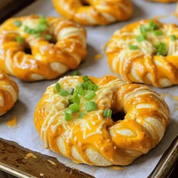 Für Buffalo Ranch Pretzels brauchst du einige einfache Zutaten. Diese sind: - 1 Tasse warmes Wasser (43°C) - 1 Päckchen (2 1/4 TL) Trockenhefe - 1 Esslöffel Zucker - 2 Tassen Weizenmehl (Type 550) - 1 Teelöffel Salz - 1/4 Tasse Natron - 1/2 Tasse Buffalo-Sauce - 1 Esslöffel Ranch-Gewürzmischung - 1/2 Tasse geriebener Cheddar-Käse - 1 Esslöffel Olivenöl (zum Bestreichen) - Optional: gehackte Frühlingszwiebeln als Garnitur Diese Zutaten sind leicht zu finden. Sie machen die Brezeln nahrhaft und lecker. Wenn du einige Zutaten nicht hast, kannst du sie ersetzen. Hier sind einige Tipps: - Weizenmehl: Du kannst auch Dinkelmehl verwenden. - Buffalo-Sauce: Verwende stattdessen scharfe Sauce, wenn du keinen Buffalo-Geschmack magst. - Ranch-Gewürzmischung: Mache deine eigene Mischung aus Buttermilch, Knoblauchpulver und Kräutern. Diese Alternativen helfen dir, das Rezept anzupassen. So kannst du die Brezeln nach deinem Geschmack gestalten. Buffalo Ranch Pretzels sind nicht nur lecker, sondern auch nahrhaft. Hier sind einige Nährwerte pro Brezel: - Kalorien: 200 - Fett: 8 g - Kohlenhydrate: 28 g - Eiweiß: 5 g Diese Angaben sind Richtwerte. Du kannst die Werte ändern, je nach Zutatenwahl. So weißt du, was du isst und kannst deine Ernährung besser planen. Um den Teig für die Buffalo Ranch Pretzels zu machen, beginne mit warmem Wasser. Das Wasser sollte etwa 43°C haben. Gib dann die Trockenhefe und den Zucker in eine große Schüssel. Mische alles gut und lasse es etwa 5 Minuten ruhen. Du wirst sehen, wie es schaumig wird. Jetzt kommt das Mehl und das Salz dazu. Rühre alles vorsichtig um, bis ein glatter Teig entsteht. Nimm den Teig auf eine leicht bemehlte Fläche und knete ihn für 5 bis 7 Minuten. Der Teig sollte elastisch und glatt sein. Dann lege ihn in eine geölte Schüssel. Decke die Schüssel mit einem feuchten Tuch ab und lasse den Teig an einem warmen Ort für 30 Minuten gehen. Er wird sich verdoppeln. Sobald der Teig gegangen ist, drücke ihn leicht herunter. Teile ihn in 8 gleich große Stücke. Rolle jedes Stück zu einem langen Seil, das etwa 30 cm lang ist. Forme dann jede Rolle zu einer Brezel. Jetzt kommt der spaßige Teil: Bereite ein großes Wasserbad vor. Koche 4 Tassen Wasser in einem großen Topf und füge vorsichtig das Natron hinzu. Tauche jede Brezel für 30 Sekunden in das kochende Wasser und nimm sie dann wieder heraus. Lege die Brezeln auf das vorbereitete Backblech. Heize den Ofen auf 220°C vor. In einer kleinen Schüssel vermische die Buffalo-Sauce mit der Ranch-Gewürzmischung. Pinsel diese Mischung großzügig über die Brezeln. Streue dann den geriebenen Cheddar-Käse gleichmäßig darüber. Backe die Brezeln für 12 bis 15 Minuten, bis sie goldbraun sind. Nach dem Backen bestreiche sie warm mit etwas Olivenöl. Du kannst sie auch mit gehackten Frühlingszwiebeln garnieren, wenn du magst. Die Buffalo Ranch Pretzels sind jetzt bereit, genossen zu werden. Für das vollständige Rezept, schau dir die Hinweise an. Um den perfekten Teig für die Buffalo Ranch Pretzels zu bekommen, achte auf die richtige Wassermenge. Das Wasser sollte warm, aber nicht heiß sein. Zu heißes Wasser kann die Hefe töten. So wird dein Teig nicht aufgehen. Mische die Hefe gut mit dem Zucker und dem Wasser. Lass die Mischung etwa fünf Minuten ruhen, bis sie schaumig ist. Das zeigt, dass die Hefe aktiv ist. Wenn du das Mehl hinzufügst, knete den Teig etwa fünf bis sieben Minuten. Der Teig sollte glatt und elastisch sein. Wenn er zu klebrig ist, füge etwas mehr Mehl hinzu. Ist er zu trocken, gib einen Spritzer Wasser dazu. Buffalo Ranch Pretzels sind schon lecker, aber du kannst sie noch besser machen. Experimentiere mit verschiedenen Gewürzen. Füge zum Beispiel Paprika oder Knoblauchpulver hinzu, um mehr Geschmack zu bekommen. Du kannst auch andere Saucen verwenden. Probiere BBQ-Sauce oder scharfe Sauce für einen anderen Kick. Wenn du es gerne frisch magst, füge Kräuter wie Rosmarin oder Thymian hinzu. Diese geben den Brezeln einen besonderen Geschmack. Die Garnierung macht viel aus! Nach dem Backen kannst du die Brezeln mit frischen Frühlingszwiebeln bestreuen. Sie bringen Farbe und einen tollen Geschmack. Du kannst auch etwas geriebenen Parmesan darüber streuen. Das gibt einen tollen, salzigen Geschmack. Wenn du es besonders magst, füge etwas mehr Buffalo-Sauce über die Brezeln. So bekommst du einen extra scharfen Kick. Diese kleinen Extras machen deine Buffalo Ranch Pretzels zu einem echten Hit! {{image_4}} Du kannst deine Buffalo Ranch Brezeln ganz einfach anpassen. Nutze verschiedene Käsesorten! Probiere zum Beispiel Gouda oder Mozzarella. Beide Käse schmelzen schön und geben einen tollen Geschmack. Du kannst auch eine Mischung aus Käsesorten verwenden. Das macht deine Brezeln noch spannender und leckerer. Falls du glutenfrei essen möchtest, habe ich auch einen Tipp für dich. Verwende glutenfreies Mehl, um die Brezeln zu machen. Achte darauf, dass du ein gutes glutenfreies Mehl auswählst. Es gibt viele Optionen im Handel. So kannst du auch die leckeren Buffalo Ranch Brezeln genießen, ohne auf den Spaß zu verzichten. Für einen extra Kick kannst du auch pikante Zusätze hinzufügen. Schneide frische Jalapeños klein und mische sie in den Teig. Alternativ kannst du auch knusprigen Speck verwenden. Beide Varianten geben den Brezeln eine tolle Schärfe und einen herzhaften Geschmack. Experimentiere mit diesen Zusätzen und finde deine Lieblingskombination! Um die frischen Buffalo Ranch Pretzels lange zu halten, packe sie in einen luftdichten Behälter. So bleiben sie weich und schmackhaft. Du kannst auch ein Küchentuch hineinlegen, um die Feuchtigkeit zu halten. Wenn du die Brezeln im Kühlschrank aufbewahren möchtest, lege sie in eine geeignete Box. Sie bleiben dort für etwa drei Tage frisch. Vor dem Essen kannst du sie kurz im Ofen aufwärmen. Das macht sie wieder knusprig. Du kannst die Buffalo Ranch Pretzels auch einfrieren. Wickele sie gut in Frischhaltefolie und lege sie dann in einen Gefrierbeutel. So bleiben sie bis zu drei Monate haltbar. Zum Wiederaufwärmen nimm sie aus dem Gefrierfach, lass sie auftauen und backe sie kurz im Ofen. So schmecken sie fast frisch! Für das komplette Rezept für Buffalo Ranch Pretzels schaue dir den Abschnitt oben an. Buffalo Ranch Pretzels bleiben frisch, wenn du sie richtig lagerst. In einem luftdichten Behälter halten sie etwa 3 bis 5 Tage. Bei Raumtemperatur verlieren sie schnell ihre Knusprigkeit. Du kannst sie auch im Kühlschrank lagern, dann bleiben sie etwa eine Woche gut. Aber ich empfehle, sie frisch zu genießen. Ja, du kannst die Brezeln im Voraus zubereiten. Bereite den Teig einen Tag vorher vor und lasse ihn im Kühlschrank gehen. Am nächsten Tag forme die Brezeln und backe sie. So sparst du Zeit, wenn du Gäste hast. Buffalo Ranch Pretzels findest du oft in speziellen Snackläden oder auf Food-Messen. Auch Online-Shops bieten sie an. Wenn du frische Brezeln möchtest, empfehle ich dir, sie selbst zu machen. Das macht mehr Spaß und du weißt genau, was drin ist. Das vollständige Rezept für Buffalo Ranch Pretzels findest du im Artikel. Buffalo Ranch Pretzels sind einfach zuzubereiten und machen Spaß. Zuerst haben wir die Hauptzutaten und Alternativen besprochen. Dann habe ich eine Schritt-für-Schritt-Anleitung gegeben, die für jeden leicht verständlich ist. Ich teilte Tipps für die perfekte Konsistenz und mögliche Varianten mit. Gute Lagerung ist wichtig, damit die Brezeln frisch bleiben. Denke daran, diese Brezeln auszuprobieren und deine eigenen Variationen zu erstellen. Sie sind ein echtes Highlight für jede Party!