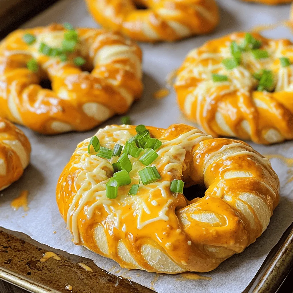 Für Buffalo Ranch Pretzels brauchst du einige einfache Zutaten. Diese sind: - 1 Tasse warmes Wasser (43°C) - 1 Päckchen (2 1/4 TL) Trockenhefe - 1 Esslöffel Zucker - 2 Tassen Weizenmehl (Type 550) - 1 Teelöffel Salz - 1/4 Tasse Natron - 1/2 Tasse Buffalo-Sauce - 1 Esslöffel Ranch-Gewürzmischung - 1/2 Tasse geriebener Cheddar-Käse - 1 Esslöffel Olivenöl (zum Bestreichen) - Optional: gehackte Frühlingszwiebeln als Garnitur Diese Zutaten sind leicht zu finden. Sie machen die Brezeln nahrhaft und lecker. Wenn du einige Zutaten nicht hast, kannst du sie ersetzen. Hier sind einige Tipps: - Weizenmehl: Du kannst auch Dinkelmehl verwenden. - Buffalo-Sauce: Verwende stattdessen scharfe Sauce, wenn du keinen Buffalo-Geschmack magst. - Ranch-Gewürzmischung: Mache deine eigene Mischung aus Buttermilch, Knoblauchpulver und Kräutern. Diese Alternativen helfen dir, das Rezept anzupassen. So kannst du die Brezeln nach deinem Geschmack gestalten. Buffalo Ranch Pretzels sind nicht nur lecker, sondern auch nahrhaft. Hier sind einige Nährwerte pro Brezel: - Kalorien: 200 - Fett: 8 g - Kohlenhydrate: 28 g - Eiweiß: 5 g Diese Angaben sind Richtwerte. Du kannst die Werte ändern, je nach Zutatenwahl. So weißt du, was du isst und kannst deine Ernährung besser planen. Um den Teig für die Buffalo Ranch Pretzels zu machen, beginne mit warmem Wasser. Das Wasser sollte etwa 43°C haben. Gib dann die Trockenhefe und den Zucker in eine große Schüssel. Mische alles gut und lasse es etwa 5 Minuten ruhen. Du wirst sehen, wie es schaumig wird. Jetzt kommt das Mehl und das Salz dazu. Rühre alles vorsichtig um, bis ein glatter Teig entsteht. Nimm den Teig auf eine leicht bemehlte Fläche und knete ihn für 5 bis 7 Minuten. Der Teig sollte elastisch und glatt sein. Dann lege ihn in eine geölte Schüssel. Decke die Schüssel mit einem feuchten Tuch ab und lasse den Teig an einem warmen Ort für 30 Minuten gehen. Er wird sich verdoppeln. Sobald der Teig gegangen ist, drücke ihn leicht herunter. Teile ihn in 8 gleich große Stücke. Rolle jedes Stück zu einem langen Seil, das etwa 30 cm lang ist. Forme dann jede Rolle zu einer Brezel. Jetzt kommt der spaßige Teil: Bereite ein großes Wasserbad vor. Koche 4 Tassen Wasser in einem großen Topf und füge vorsichtig das Natron hinzu. Tauche jede Brezel für 30 Sekunden in das kochende Wasser und nimm sie dann wieder heraus. Lege die Brezeln auf das vorbereitete Backblech. Heize den Ofen auf 220°C vor. In einer kleinen Schüssel vermische die Buffalo-Sauce mit der Ranch-Gewürzmischung. Pinsel diese Mischung großzügig über die Brezeln. Streue dann den geriebenen Cheddar-Käse gleichmäßig darüber. Backe die Brezeln für 12 bis 15 Minuten, bis sie goldbraun sind. Nach dem Backen bestreiche sie warm mit etwas Olivenöl. Du kannst sie auch mit gehackten Frühlingszwiebeln garnieren, wenn du magst. Die Buffalo Ranch Pretzels sind jetzt bereit, genossen zu werden. Für das vollständige Rezept, schau dir die Hinweise an. Um den perfekten Teig für die Buffalo Ranch Pretzels zu bekommen, achte auf die richtige Wassermenge. Das Wasser sollte warm, aber nicht heiß sein. Zu heißes Wasser kann die Hefe töten. So wird dein Teig nicht aufgehen. Mische die Hefe gut mit dem Zucker und dem Wasser. Lass die Mischung etwa fünf Minuten ruhen, bis sie schaumig ist. Das zeigt, dass die Hefe aktiv ist. Wenn du das Mehl hinzufügst, knete den Teig etwa fünf bis sieben Minuten. Der Teig sollte glatt und elastisch sein. Wenn er zu klebrig ist, füge etwas mehr Mehl hinzu. Ist er zu trocken, gib einen Spritzer Wasser dazu. Buffalo Ranch Pretzels sind schon lecker, aber du kannst sie noch besser machen. Experimentiere mit verschiedenen Gewürzen. Füge zum Beispiel Paprika oder Knoblauchpulver hinzu, um mehr Geschmack zu bekommen. Du kannst auch andere Saucen verwenden. Probiere BBQ-Sauce oder scharfe Sauce für einen anderen Kick. Wenn du es gerne frisch magst, füge Kräuter wie Rosmarin oder Thymian hinzu. Diese geben den Brezeln einen besonderen Geschmack. Die Garnierung macht viel aus! Nach dem Backen kannst du die Brezeln mit frischen Frühlingszwiebeln bestreuen. Sie bringen Farbe und einen tollen Geschmack. Du kannst auch etwas geriebenen Parmesan darüber streuen. Das gibt einen tollen, salzigen Geschmack. Wenn du es besonders magst, füge etwas mehr Buffalo-Sauce über die Brezeln. So bekommst du einen extra scharfen Kick. Diese kleinen Extras machen deine Buffalo Ranch Pretzels zu einem echten Hit! {{image_4}} Du kannst deine Buffalo Ranch Brezeln ganz einfach anpassen. Nutze verschiedene Käsesorten! Probiere zum Beispiel Gouda oder Mozzarella. Beide Käse schmelzen schön und geben einen tollen Geschmack. Du kannst auch eine Mischung aus Käsesorten verwenden. Das macht deine Brezeln noch spannender und leckerer. Falls du glutenfrei essen möchtest, habe ich auch einen Tipp für dich. Verwende glutenfreies Mehl, um die Brezeln zu machen. Achte darauf, dass du ein gutes glutenfreies Mehl auswählst. Es gibt viele Optionen im Handel. So kannst du auch die leckeren Buffalo Ranch Brezeln genießen, ohne auf den Spaß zu verzichten. Für einen extra Kick kannst du auch pikante Zusätze hinzufügen. Schneide frische Jalapeños klein und mische sie in den Teig. Alternativ kannst du auch knusprigen Speck verwenden. Beide Varianten geben den Brezeln eine tolle Schärfe und einen herzhaften Geschmack. Experimentiere mit diesen Zusätzen und finde deine Lieblingskombination! Um die frischen Buffalo Ranch Pretzels lange zu halten, packe sie in einen luftdichten Behälter. So bleiben sie weich und schmackhaft. Du kannst auch ein Küchentuch hineinlegen, um die Feuchtigkeit zu halten. Wenn du die Brezeln im Kühlschrank aufbewahren möchtest, lege sie in eine geeignete Box. Sie bleiben dort für etwa drei Tage frisch. Vor dem Essen kannst du sie kurz im Ofen aufwärmen. Das macht sie wieder knusprig. Du kannst die Buffalo Ranch Pretzels auch einfrieren. Wickele sie gut in Frischhaltefolie und lege sie dann in einen Gefrierbeutel. So bleiben sie bis zu drei Monate haltbar. Zum Wiederaufwärmen nimm sie aus dem Gefrierfach, lass sie auftauen und backe sie kurz im Ofen. So schmecken sie fast frisch! Für das komplette Rezept für Buffalo Ranch Pretzels schaue dir den Abschnitt oben an. Buffalo Ranch Pretzels bleiben frisch, wenn du sie richtig lagerst. In einem luftdichten Behälter halten sie etwa 3 bis 5 Tage. Bei Raumtemperatur verlieren sie schnell ihre Knusprigkeit. Du kannst sie auch im Kühlschrank lagern, dann bleiben sie etwa eine Woche gut. Aber ich empfehle, sie frisch zu genießen. Ja, du kannst die Brezeln im Voraus zubereiten. Bereite den Teig einen Tag vorher vor und lasse ihn im Kühlschrank gehen. Am nächsten Tag forme die Brezeln und backe sie. So sparst du Zeit, wenn du Gäste hast. Buffalo Ranch Pretzels findest du oft in speziellen Snackläden oder auf Food-Messen. Auch Online-Shops bieten sie an. Wenn du frische Brezeln möchtest, empfehle ich dir, sie selbst zu machen. Das macht mehr Spaß und du weißt genau, was drin ist. Das vollständige Rezept für Buffalo Ranch Pretzels findest du im Artikel. Buffalo Ranch Pretzels sind einfach zuzubereiten und machen Spaß. Zuerst haben wir die Hauptzutaten und Alternativen besprochen. Dann habe ich eine Schritt-für-Schritt-Anleitung gegeben, die für jeden leicht verständlich ist. Ich teilte Tipps für die perfekte Konsistenz und mögliche Varianten mit. Gute Lagerung ist wichtig, damit die Brezeln frisch bleiben. Denke daran, diese Brezeln auszuprobieren und deine eigenen Variationen zu erstellen. Sie sind ein echtes Highlight für jede Party!