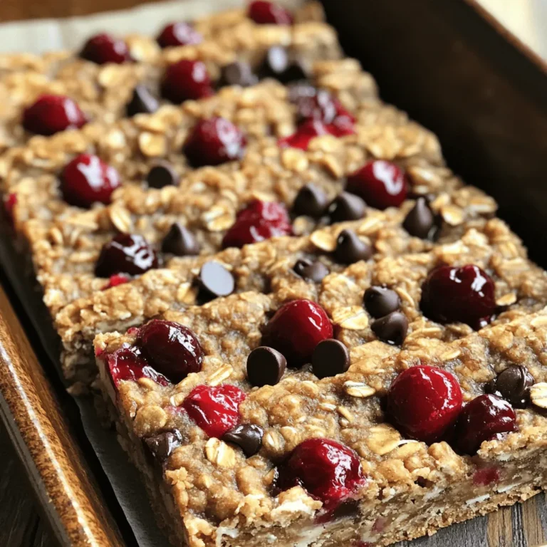 Um köstliche Cherry Oatmeal Protein Bars zu machen, benötigst du: - 1 Tasse Haferflocken - 1/2 Tasse Vanille-Protein-Pulver - 1 Tasse ungesüßtes Apfelmus - 1/2 Tasse Honig oder Ahornsirup - 1 Tasse frische oder gefrorene Kirschen, entsteint und grob gehackt - 1/4 Tasse Mandelbutter (oder Erdnussbutter) - 1/2 Teelöffel Zimt - 1/4 Teelöffel Salz - 1/4 Tasse gehackte Nüsse (optional, wie Mandeln oder Walnüsse) - 1/4 Tasse Zartbitterschokoladenstückchen (optional) Wenn du frische Kirschen auswählst, achte auf diese Punkte: - Wähle Kirschen mit einer tiefen, glänzenden Farbe. - Sie sollten fest und prall sein. - Vermeide Kirschen mit Druckstellen oder Schimmel. - Süße Kirschen sind ideal für den Geschmack. - Du kannst auch gefrorene Kirschen verwenden, wenn frische nicht verfügbar sind. Falls du einige Zutaten nicht hast, hier sind einige Alternativen: - Ersetze Haferflocken durch glutenfreie Haferflocken. - Nutze Schokoladenproteinpulver statt Vanille-Protein-Pulver. - Apfelmus kann durch reife Banane ersetzt werden. - Verwende Erdnussbutter, wenn du keine Mandelbutter hast. - Statt Honig kannst du Agavendicksaft oder ein anderes Süßungsmittel nehmen. Diese Tipps helfen dir, die besten Zutaten für deine Cherry Oatmeal Protein Bars auszuwählen und anzupassen. Wenn du mehr über die Zubereitung erfahren möchtest, schau dir das Full Recipe an. Zuerst heizen Sie den Ofen auf 175°C vor. Nehmen Sie eine 20x20 cm Backform und legen Sie sie mit Backpapier aus. Dies hilft, die Riegel leicht herauszunehmen. Stellen Sie sicher, dass alle Zutaten bereitstehen. Sie brauchen Haferflocken, Proteinpulver, Apfelmus, Honig, Kirschen, Mandelbutter, Zimt, Salz und Nüsse oder Schokolade, wenn Sie möchten. In einer großen Schüssel vermischen Sie die Haferflocken, das Vanille-Protein-Pulver, den Zimt und das Salz. Rühren Sie alles gut durch. Es ist wichtig, dass keine Klumpen bleiben. So werden die Riegel gleichmäßig und lecker. In einer anderen Schüssel geben Sie das Apfelmus, den Honig oder Ahornsirup sowie die Mandelbutter. Schlagen Sie die Mischung gut durch, bis sie glatt ist. Dies sorgt dafür, dass die Riegel süß und feucht werden. Gießen Sie die feuchten Zutaten in die Schüssel mit den trockenen Zutaten. Rühren Sie vorsichtig, bis alles gerade vermischt ist. Übermixen Sie nicht, damit die Riegel nicht zäh werden. Jetzt fügen Sie die gehackten Kirschen und optional die Nüsse und Schokoladenstückchen hinzu. Mischen Sie alles sanft. Verteilen Sie die Mischung gleichmäßig in der Backform und drücken Sie sie fest an. Backen Sie die Riegel 20-25 Minuten. Sie sind fertig, wenn die Ränder goldbraun sind. Lassen Sie die Riegel in der Form etwa 10 Minuten abkühlen. Übertragen Sie sie dann auf ein Gitterrost, um vollständig abzukühlen. Schneiden Sie die Riegel in Stücke und genießen Sie die gesunde Leckerei! Für eine vollständige Anleitung, schauen Sie sich das Rezept an. Um die beste Konsistenz für die Cherry Oatmeal Protein Bars zu erreichen, halte dich an die Zutaten. Verwende frische oder gefrorene Kirschen, die gut gehackt sind. Achte darauf, dass die Mischung nicht zu nass ist. Das Apfelmus sorgt für Feuchtigkeit, während das Proteinpulver die Riegel bindet. Mische die trockenen und feuchten Zutaten nur bis sie verbunden sind. So bleiben die Riegel fest, aber nicht trocken. Ein häufiger Fehler ist das Übermixen der Zutaten. Wenn du zu lange rührst, werden die Riegel zäh. Das Ziel ist eine grobe Mischung. Ein weiterer Fehler ist, die Backzeit nicht zu beachten. Lass die Riegel nicht zu lange im Ofen. Sie sollten goldbraun sein, aber nicht verbrannt. Lass sie nach dem Backen auch nicht zu lange in der Form, da sie sonst zu weich werden. Du kannst den Geschmack der Riegel anpassen. Füge mehr Zimt oder Vanille hinzu, um die Süße zu verstärken. Wenn du es schokoladiger magst, gib mehr Zartbitterschokoladenstückchen hinzu. Nüsse bringen einen zusätzlichen Crunch. Probiere auch andere Früchte wie Himbeeren oder Erdbeeren. Diese Variationen machen die Riegel interessanter und leckerer. Für die vollständige Anleitung und weitere Details, sieh dir das Full Recipe an. {{image_4}} Um eine glutenfreie Version der Cherry Oatmeal Protein Bars zu machen, verwende glutenfreie Haferflocken. Achte darauf, dass die Flocken als glutenfrei gekennzeichnet sind. Diese Flocken sind toll für die Textur. Du kannst auch glutenfreies Proteinpulver wählen. So bleibt der Snack gesund und lecker. Für eine vegane Variante ersetze den Honig durch Agavendicksaft oder Ahornsirup. Statt der Mandelbutter kannst du Erdnussbutter oder eine andere Nussbutter nehmen. Diese Optionen sind pflanzlich und geben dennoch viel Geschmack. So bleibt der Riegel nahrhaft und lecker. Du kannst die Riegel mit vielen gesunden Zutaten anreichern. Füge zum Beispiel Chiasamen oder Leinsamen hinzu. Diese Zutaten bringen Omega-3-Fettsäuren. Auch getrocknete Früchte wie Cranberries oder Aprikosen passen gut dazu. Sie geben zusätzliche Süße und Nährstoffe. Du kannst auch Proteinpulver in verschiedenen Geschmacksrichtungen ausprobieren. So wird dein Snack noch interessanter. Die Cherry Oatmeal Protein Bars bleiben frisch, wenn du sie gut lagerst. Lege die Riegel in einen luftdichten Behälter. So bleiben sie weich und lecker. Im Kühlschrank halten sie bis zu einer Woche. Achte darauf, dass sie nicht mit anderen Lebensmitteln in Kontakt kommen, die Gerüche abgeben. Wenn du mehr Riegel machen möchtest, friere sie ein! Wickele jeden Riegel in Frischhaltefolie. Lege sie dann in einen Gefrierbeutel. So bleiben sie bis zu drei Monate frisch. Zum Essen lass sie einfach bei Raumtemperatur auftauen. Du kannst sie auch kurz in die Mikrowelle legen, um sie warm zu genießen. Die Riegel sind eine tolle Snack-Option. Sie eignen sich gut für den Sport oder als schnelles Frühstück. Achte darauf, sie rechtzeitig zu essen, um den besten Geschmack zu genießen. Wenn du die Riegel nach dem Einfrieren aufwärmst, schmecken sie fast wie frisch gebacken. Die Kalorienzahl hängt von den genauen Zutaten ab. Ein Riegel hat etwa 150 Kalorien. Das variiert, je nach Menge an Nüssen oder Schokolade. Wenn Sie die Zutaten anpassen, kann sich die Zahl ändern. Achten Sie darauf, die Nährwerte zu prüfen, um die richtige Menge zu bekommen. Ja, du kannst die Kirschen durch andere Früchte ersetzen. Äpfel, Bananen oder Heidelbeeren passen gut. Diese Früchte bringen auch ihren eigenen Geschmack und Nährstoffe mit. Achte darauf, die Früchte klein zu schneiden, damit sie gut in den Riegeln verteilt werden. Hochwertige Proteinpulver findest du in Supermärkten, Reformhäusern oder online. Achte auf bekannte Marken, die für ihre Qualität stehen. Lies die Bewertungen, um das beste Produkt zu finden. Du kannst auch lokale Fitnessgeschäfte besuchen, um mehr Auswahl zu haben. In diesem Blogbeitrag haben wir die wichtigsten Zutaten und ihre Auswahl besprochen. Wir haben Schritt für Schritt gezeigt, wie du deinen Kirsch-Haferproteinriegel zubereitest. Zudem gab es Tipps für perfekt gelungene Riegel und deren Varianten. Beachte die Lagerungshinweise, um die Frische zu sichern. Nutze die FAQs, um häufige Fragen zu klären. Experimentiere und finde deine Lieblingsversion. Gesunde Snacks können einfach und köstlich sein. Dein Erfolg in der Küche beginnt jetzt!